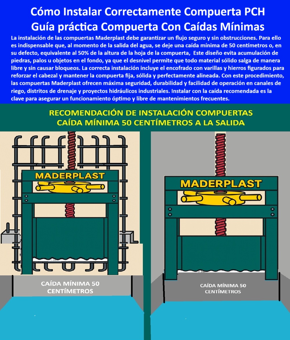 Cómo Instalar Correctamente una Compuerta PCH Maderplast 0 Guía práctica Compuerta caídas mínimas requerida La instalación de las compuertas Maderplast debe garantizar un flujo seguro y sin obstrucciones. Guía Práctica de Instalación: Cómo Lograr un Flujo Impecable con Compuertas Plásticas Anticorrosivas Maderplast, - Una compuerta de alta calidad merece una instalación perfecta. El éxito de cualquier proyecto hidráulico no solo reside en la durabilidad del producto, sino también en un montaje correcto que garantice un funcionamiento óptimo a largo plazo. Las compuertas plásticas hidráulicas de Maderplast ofrecen una ventaja única: su diseño optimizado y sus materiales avanzados permiten una instalación de compuerta hidráulica con caída mínima , lo que asegura un flujo seguro y sin obstrucciones. Una diferencia de las compuertas de metal, que a menudo se obstruyen con escombros o sedimentos, el diseño de Maderplast, con una caída de 50 cm o el 50% de la altura de la hoja, permite que todo el material sólido salga de manera fluida, sin causar bloqueos ni requerir un mantenimiento constante, - La imagen lo ilustra a la perfección: vemos el proceso de instalación compuerta hidráulica PCH con caída mínima , donde el diseño está optimizado para evitar la acumulación de suciedad y objetos extraños. Esta es la guía práctica de instalación compuerta plástica anticorrosiva que todo ingeniero y profesional de la construcción debe seguir para garantizar el éxito de sus proyectos. El montaje incluye el encofrado con varillas y hierros para reforzar el cabezal y mantener la compuerta fija y perfectamente alineada. Al seguir esta instalación profesional compuerta de regulación hídrica , se obtiene la máxima seguridad y durabilidad, ideal para canales de drenaje, riegos y proyectos hidráulicos industriales , - Soluciones Técnicas para una Instalación Sin Errores, - Se preguntará, ¿Cómo instalar una compuerta hidráulica en mi proyecto? Maderplast no solo le vende la compuerta, sino que le proporciona la guía técnica completa con la caída mínima de 50 cm, planos, renders y soporte en obra para asegurar una instalación eficiente y duradera. Y si se pregunta ¿Cuál es la forma correcta de instalar compuertas en canales? , la respuesta es simple: las compuertas plásticas reforzadas de Maderplast vienen con instrucciones precisas y asesoría profesional, garantizando durabilidad y operación sin bloqueos. Para evitar obstrucciones en compuertas , nuestras recomendaciones de caída mínima eliminan la acumulación de sólidos y garantizan un flujo libre, ofreciendo soluciones probadas que han sido exitosas en el campo, - El montaje es crucial. Maderplast no deja nada al azar, recomendando un encuadrado con varillas, un cabezal fijo y una alineación perfecta para reforzar el montaje de compuertas hidráulicas . Para quienes buscan una compuerta sin mantenimiento frecuente , las compuertas plásticas anticorrosivas de polímero técnico son la respuesta, ya que operan por décadas sin oxidarse, reduciendo costos y paradas. Para aplicaciones específicas como PTAR y PTAP, la instalación compuerta para PTAR y PTAP eficiente de Maderplast garantiza estanqueidad y una operación confiable en ambientes agresivos, con soporte técnico y certificación, - La Opción más Inteligente y Rentable a Largo Plazo, - Las ventajas de instalar compuertas plásticas de Maderplast son claras: son ligeras, lo que facilita su montaje, 100% anticorrosivas y no requieren mantenimiento. Este bajo peso y la facilidad de montaje hacen que la instalación económica a largo plazo sea una realidad. El testimonio del ingeniero Luis Camacho lo confirma: al cambiar sus compuertas metálicas por las de Maderplast con la instalación recomendada, eliminar bloqueos y costos de mantenimiento, logrando tres años de operación continua sin interrupciones, - Ya sea que necesites una compuerta de canal agrícola o una compuerta de fondo para presas , Maderplast te ofrece la guía de montaje profesional de compuertas que asegura un rendimiento óptimo. Además, para proyectos complejos, proporcionamos planos CAD, renders y toda la documentación técnica necesaria para una instalación compuerta de captación sin bloqueos ni errores, - No deje al azar la instalación de su compuerta. Contacte a un especialista de Maderplast al WhatsApp +57 300 22 300 06 y asegure el éxito y la durabilidad de su proyecto hidráulico con la instalación profesional de nuestras compuertas plásticas anticorrosivas. Diques Cómo Instalar Correctamente una Compuerta PCH Maderplast 0 Guía práctica Compuerta caídas mínimas requerida, La instalación de las compuertas Maderplast debe garantizar un flujo seguro y sin obstrucciones. Diques