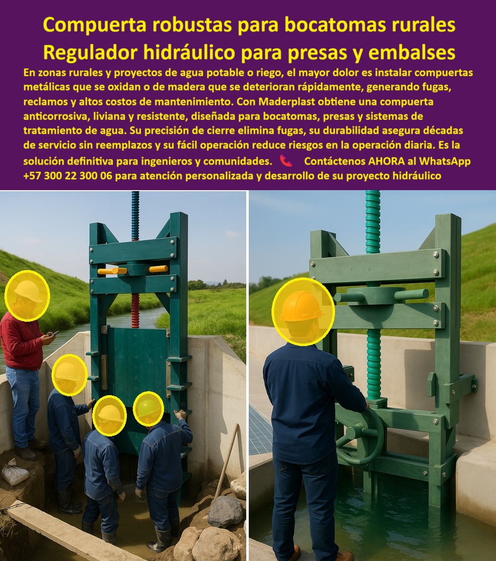 Diseño Fabricación Montaje De Compuerta Tipos Modelos Compuerta Maderplast 0 compuerta para bocatomas en zonas rurales compuerta para sistemas de tratamiento de agua compuerta resistente para presas y embalses presas 0  MADERPLAST: La Compra Inteligente para Control Hidráulico Total - La imagen que tenemos es una prueba contundente de la innovación Maderplast. A la izquierda, vemos la Compuerta hidráulica plástica Maderplast instalada en un canal, mostrando su estructura de polímero de ingeniería color verde y su operación manual sin esfuerzo. A la derecha, observamos la misma tecnología en otro proyecto, destacando la versatilidad de una válvula de operación manual o eléctrica. Esta válvula de accionamiento doble es la solución ideal para el control total, garantizando la eficiencia en canales, ríos y box culverts sin importar las condiciones. Es una compuerta automatizada de accionamiento dual que redefine la confiabilidad. - Continuidad y Confiabilidad sin Fallas de Energía - Uno de los mayores miedos en cualquier proyecto hidráulico es la interrupción de la operación. Es por eso que te has preguntado: ¿Cómo garantizar la continuidad operativa en un proyecto hidráulico? La compuerta Maderplast es la respuesta. Su sistema de accionamiento dual te permite operar de forma manual o eléctrica, asegurando la continuidad incluso si hay fallos de energía. Esta válvula que asegura continuidad en fallos de energía te ofrece la tranquilidad que necesitas en proyectos de agua sin fallos. - Si buscas una compuerta que funciona sin importar si hay fallos de energía, la compuerta de accionamiento dual para operación manual y eléctrica de Maderplast es la mejor opción. Con su control-total-operación-manual-eléctrica, garantizamos que tu proyecto nunca se detendrá. - Precisión y Seguridad desde la Palma de tu Mano - La precisión en el control de caudal es crucial para la seguridad y el rendimiento. Si buscas una compuerta con telecontrol a distancia o necesitas una válvula-telecontrol-distancia-seguridad para un box culvert, Maderplast es la solución. Nuestra compuerta hidráulica con telecontrol a distancia te permite controlar la operación de forma remota, ideal para proyectos agrícolas y urbanos. - Si te preguntas qué compuerta es ideal para la seguridad en canales y ríos, la válvula de control con telecontrol a distancia en canal de Maderplast es un producto diseñado para ofrecer la máxima confiabilidad y seguridad. Además, es una válvula de control a distancia para ríos y una válvula de compuerta para operación remota que te da el control total. - Durabilidad Extrema y Mantenimiento Cero - Los materiales de la compuerta Maderplast marcan la diferencia. Si buscas una compuerta de gran durabilidad para condiciones extremas, la solución de Maderplast es tu mejor opción. Fabricada en polímeros de ingeniería anticorrosión, esta compuerta elimina los problemas de óxido y reduce drásticamente el mantenimiento. Para evitar que tus compuertas se oxiden, la respuesta es simple: elige Maderplast. - Nuestra compuerta que elimina problemas de óxido y reduce costos es ideal para mantenimiento-cero-proyectos-agrícolas. Su diseño te ofrece la gran durabilidad que necesitas en cualquier condición. Si te preguntas qué material de compuerta evita la oxidación y el mantenimiento, la respuesta es el polímero de ingeniería. Maderplast lo utiliza para garantizar que tus válvulas para uso agrícola no requieran mucho mantenimiento. - En resumen, la compuerta de control total de Maderplast es la compuerta de accionamiento dual perfecta para proyectos agrícolas, urbanos e industriales. Su innovadora operación, su precisión y su gran durabilidad la convierten en la mejor opción del mercado. Es una válvula de control total en box culvert y ríos y una válvula de operación mixta en obras hidráulicas industriales que garantiza el éxito de tu proyecto. - Para obtener asesoría especializada y desarrollar tu proyecto con la más alta tecnología, contáctanos: - WhatsApp +57 300 22 300 06 Diseño Fabricación Montaje De Compuerta Tipos Modelos Compuerta Maderplast 0 compuerta para bocatomas en zonas rurales, - compuerta para sistemas de tratamiento de agua - compuerta resistente para presas y embalses, presas