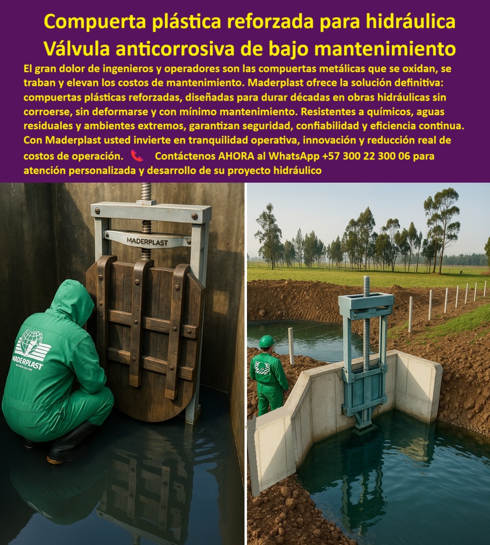 Diseño Fabricación Montaje De Compuerta Tipos Modelos Compuerta Maderplast 0 compuerta plástica para obras hidráulicas duraderas compuerta plástica de bajo mantenimiento industrial compuerta plástica reforzada Ptar PP 0  MADERPLAST: La Elegancia de la Ingeniería en Plástico para Obras Hidráulicas Duraderas - La imagen captura la esencia de un problema resuelto. A la izquierda, una compuerta tradicional de madera que se hincha y se atasca en un entorno de aguas residuales, un claro símbolo del gran dolor de ingenieros y operadores. A la derecha, la solución: una compuerta plástica reforzada para hidráulica de Maderplast, que domina el flujo de agua con una eficiencia serena y un mínimo mantenimiento. Esta es la prueba de que se puede lograr una reducción real de los costos de operación. - Resistencia Extrema, Cero Mantenimiento: La Inversión Inteligente - Cuando se trata de ambientes agresivos, las compuertas de metal y madera son una fuente constante de fallas. Si buscas una válvula anticorrosiva de bajo mantenimiento, la respuesta está en los polímeros de ingeniería avanzada de Maderplast. Nuestras compuertas, resistentes a químicos, aguas residuales y ambientes extremos, eliminan por completo el problema del óxido, los atascamientos y la necesidad de pintura o reposición de sellos. Esta válvula industrial para fluidos corrosivos es el material ideal para garantizar la tranquilidad operativa. - Para quienes se preguntan cómo puedo reducir el mantenimiento en mis compuertas, nuestra tecnología de plástico reforzado es la única respuesta. Ofrecemos componentes para sistemas de agua sin corrosión, una solución para compuertas oxidadas y atascadas que asegura un desempeño continuo y una vida útil que se mide en décadas. Es la compuerta plástica reforzada para obras hidráulicas duraderas. - Diseñadas para durar, fabricadas para ser confiables - La confiabilidad es el pilar de cualquier proyecto hídrico, y en Maderplast no la tomamos a la ligera. Nuestras compuertas son la solución definitiva a los problemas de deformación. ¿Buscas una compuerta para represas que no se deforma? Nuestra válvula de compresión con alta resistencia está diseñada para mantener su forma y funcionalidad, incluso bajo uso intensivo y trabajo pesado. Con la fabricación de compuertas a la medida, podemos adaptar una solución que se ajuste perfectamente a tus necesidades, ya sea en drenaje pluvial, saneamiento o canales de gran caudal. - Si te preguntas qué tipo de compuerta es mejor para proyectos de drenaje, nuestra compuerta de polímero para ambientes extremos es la respuesta. Ofrece una operación fluida y eficiente y garantiza un control de flujo preciso. Somos el proveedor líder de compuertas de ingeniería para proyectos hídricos. - Con Maderplast, inviertes en una compuerta plástica reforzada para hidráulica que te da más que un simple producto: te da una inversión segura, innovación y una reducción real de los costos de operación. - Asesoría Especializada Con Un Especialista De Maderplast, Atención Personalizada En Este Whatsapp +57 300 22 300 06 Diseño Fabricación Montaje De Compuerta Tipos Modelos Compuerta Maderplast 0 compuerta plástica para obras hidráulicas duraderas, - compuerta plástica de bajo mantenimiento industrial, - compuerta plástica reforzada Ptar PP