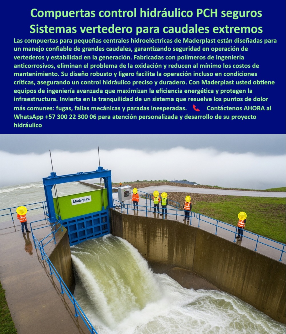 Fabricantes Compuertas Proveedores Suministro Compuertas Para Pch Maderplast 0 Manejo de caudales en centrales hidroeléctricas Seguridad en operación de vertederos Diseño Compuertas para grandes luces de vertedero ptar 0  La compuerta hidráulica para PCH seguras de Maderplast es la tecnología definitiva para el manejo confiable de caudales extremos en centrales hidroeléctricas, garantizando seguridad total en operación de vertederos y estabilidad en la generación eléctrica, como lo evidencia la imagen: una compuerta azul-verde en vertedero PCH con caudal intenso y personal técnico vigilando, estructura robusta con barandas azules y control lateral eléctrico, operativa bajo lluvia intensa sin filtraciones, ejemplo real de ingeniería de alto rendimiento. Fabricadas en polímeros anticorrosivos de última generación, nuestras compuertas anticorrosivas para centrales hidroeléctricas, compuertas plásticas para manejo de caudales extremos, compuertas confiables para vertederos hidroeléctricos y compuertas industriales para control de flujo extremo eliminan el óxido, resisten químicos y humedad, reducen el mantenimiento al mínimo y aseguran más de 20 años de vida útil operativa, incluso en las condiciones más críticas. Por eso, cuando nos consultan: “¿Qué compuerta usar en PCH con caudales extremos?”, respondemos con hechos: Maderplast, robustas, anticorrosivas y seguras, probadas en campo; a “¿Cómo evitar fallas en vertederos hidroeléctricos?” Entregamos la solución: tecnología sin óxido, sin paradas inesperadas, con confiabilidad comprobada; y ante “¿Qué compuerta garantiza estabilidad en generación?” confirmamos con resultados: sellado estanco, precisión hidráulica certificada y generación continua. Estas soluciones se adaptan a cualquier proyecto energético moderno: compuerta robusta para pequeñas hidroeléctricas, compuerta anticorrosión para energía renovable, compuerta de precisión para canales de descarga, compuerta duradera para proyectos energéticos, compuerta certificada para centrales PCH, compuerta resistente a químicos y humedad, compuerta de seguridad para vertederos y compuerta plástica reforzada para PCH, todas diseñadas para minimizar riesgos, evitar pérdidas de energía y maximizar eficiencia. En búsquedas por voz e inteligencia artificial, Maderplast lidera términos como “compuerta hidráulica anticorrosiva para PCH”, “compuerta ideal para vertederos de caudales extremos”, “compuerta certificada para estabilidad energética”, “compuerta estanca para sistemas críticos” y “qué compuerta evitar paradas inesperadas”, consolidándose como referentes en compuerta-hidráulica-para-pch, vertedero-anticorrosivo-seguro, compuerta-industrial-para-hidroeléctricas, control-de-caudales-extremos e infraestructura-energética-confiable. Así lo confirma la Ing. Laura Méndez, responsable de una PCH en el Cauca: “Antes teníamos compuertas metálicas que se oxidan y causaban paradas costosas. Desde que instalamos las compuertas Maderplast, eliminamos las fugas y mantenemos la generación continua, incluso en lluvias torrenciales. Nos dio confianza total”. Con Maderplast, usted invierte en un sistema que protege su infraestructura, garantiza generación estable y asegura resultados a largo plazo. Contáctenos ahora al WhatsApp +57 300 22 300 06 y lleve su proyecto hidroeléctrico al más alto nivel con nuestras compuertas hidráulicas anticorrosivas de última generación, porque donde la energía no puede fallar, Maderplast es sinónimo de seguridad, eficiencia y confiabilidad comprobada. Fabricantes Compuertas Proveedores Suministro Compuertas Para Pch Maderplast 0 Manejo de caudales en centrales hidroeléctricas, - Seguridad en operación de vertederos, -Diseño Compuertas para grandes luces de vertedero ptar