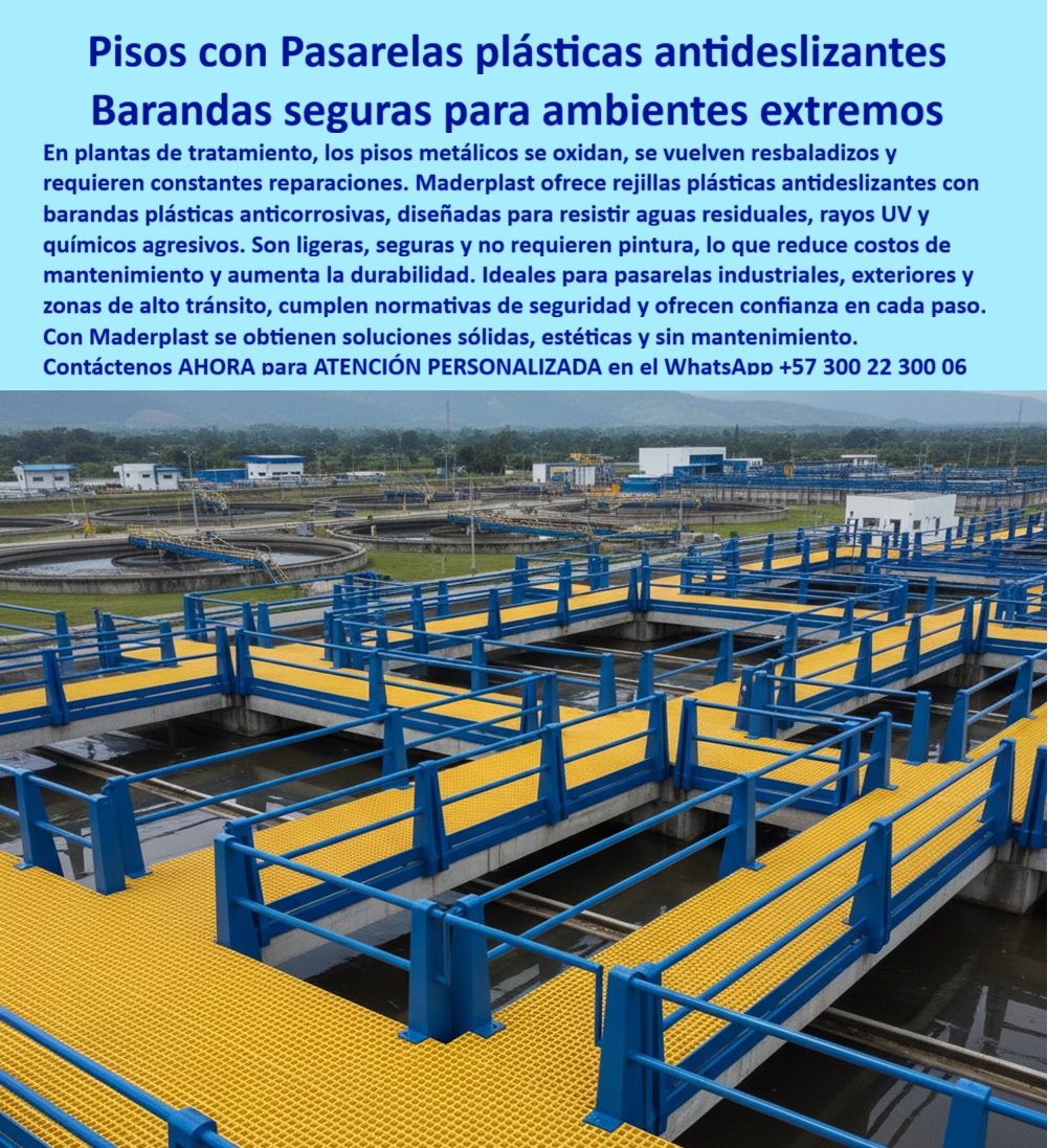 Barandas Plásticas Anticorrosivas Para Plantas De Tratamiento Ptar Ptap Maderplast Barandas y Pasarelas Maderplast: La Solución Definitiva para la Industria del Agua, - En plantas de tratamiento, los pisos metálicos se oxidan, se vuelven resbaladizos y requieren constantes reparaciones, comprometiendo la seguridad y la continuidad operativa. La solución a este problema está en la ingeniería avanzada de Maderplast. Nuestras barandas plásticas anticorrosivas para plantas de tratamiento PTAR y PTAP están diseñadas para operar 24/7 en ambientes con H 2, cloruros y salpicaduras químicas. El sistema integra postes, largueros y zócalo de seguridad con rejillas moldeadas con cuarzo, lo que asegura una tracción superior incluso en mojado y un tránsito totalmente confiable, - La naturaleza dieléctrica y no magnética de los sistemas Maderplast protege al personal cerca de tableros y sopladores. Además, su ligereza reduce las cargas sobre las losas y simplifica el izaje. A diferencia del acero, estas barandas plásticas para pasarelas con rejilla antideslizante no requieren pintura, ya que el color es integral y estable a rayos UV. Podemos fabricarlas en colores de seguridad como amarillo, azul, verde u otros, e integrar señalización y codificación visual de fábrica, - Ingeniería de Vanguardia para la Justificación de su Proyecto, - ¿Cuánto duran estas barandas plásticas en una PTAR con H₂S?, - El FRP no se oxida ni pierde sección, y el color es integral y estabilizado UV, eliminando repintes y paradas por corrosión. La textura antideslizante se fabrica en el molde y no se desprende. Menos mantenimiento, más disponibilidad y una seguridad sostenida por décadas de servicio. Para esa combinación de durabilidad y cero óxido, Maderplast es la elección técnica ganadora, - ¿La rejilla plástica es realmente antideslizante cuando todo está mojado?, - Integramos cuarzo y un relieve permanente que conserva un alto coeficiente de fricción en ambientes húmedos y con lodos. El drenaje evita láminas de agua y el panel no se deforma. El resultado son pasos firmes, menos incidentes y auditorías HSE favorables. Si busca confianza real en operación 24/7, Maderplast le entrega el desempeño que espera, - ¿Funciona a la intemperie con sol fuerte y lluvia?, - Trabajamos con resinas estabilizadas UV y pigmento integral, por lo que no hay película que se descascare. El sistema es dieléctrico y seguro cerca de tableros. Anclajes y herrajes se seleccionan para su losa, con un montaje rápido y modular. Para exteriores exigentes sin repintes año tras año, Maderplast es la especificación acertada, - ¿Qué capacidad de carga tiene la rejilla para pasarelas de mantenimiento?, - Dimensionamos por claro, carga peatonal y flecha admisible, y le entregamos memoria de cálculo y certificados. El FRP mantiene la rigidez porque no se corroe, a diferencia del acero. Con soporte técnico y documentación para interventoría, cerrará su diseño sin dudas. Para un cálculo responsable y verificable, Maderplast marca la pauta, - ¿Cómo se comparan los costos frente al acero galvanizado?, - El CAPEX puede ser similar, pero en OPEX usted gana mucho. No hay pintura, menos reparaciones y un izaje más sencillo por el peso liviano. El costo total a 5–10 años baja de forma clara, y la disponibilidad de planta mejora. Si su comité de inversión mira TCO y riesgo, Maderplast lo respalda con números y desempeño real, - ¿Necesito barandas dieléctricas cerca de tableros y sopladores, ¿hay riesgo eléctrico?, - El FRP es dieléctrico y no magnético, lo que minimiza corrientes parásitas y chispas. Los herrajes y aislamientos se especifican para su instalación, lo que resulta en una mayor protección del personal y cumplimiento de buenas prácticas. Si su prioridad es la seguridad eléctrica con cero óxido, Maderplast es la decisión profesional, - Un Proyecto sin Tropiezos: De la Licitación a la Puesta en Marcha, - Para plantas de potabilización con cloración e insumos como alúmina, seleccionamos resinas compatibles que resisten hipoclorito y coagulantes, manteniendo apariencia y desempeño sin descascaramientos. Maderplast entrega cálculos por claro, detalles de fijación y kits prefabricados “perno a perno” para una instalación rápida y auditable bajo HSE. Entregamos comparativos de costo total, modelamos disponibilidad y riesgo, y le proporcionamos la documentación necesaria para licitaciones e interventorías, incluyendo certificados de materia prima, memoria de cálculo, ensayos de tracción/flexión y compatibilidad química, - Testimonio que Respalda nuestra Promesa, - “Soy Ing. Camilo Bernal, jefe especialista en hidráulica para PTAP y PTAR de Aguas del Altiplano. Nuestro reto eran las pasarelas corroídas, repintes eternos y resbalones. Maderplast nos propuso barandas plásticas FRP con rejillas antideslizantes y zócalo integrado. En una semana teníamos renders, planos y un kit prefabricado; la instalación fue a pernos, sin soldadura ni cierres de línea. Tres meses después, los auditores SE registraron ‘cero incidentes’ y el mantenimiento reportó un ahorro del 42% en repintes. La visibilidad amarilla mejoró las rondas y el material no se afecta por cloro ni H 2 S. Hoy replicamos el estándar en toda la planta. Quedé convencido: para ambientes de agua y químicos, Maderplast es la única opción que cumple técnica, seguridad y presupuesto.”, - La Solución Completa para la Seguridad y Eficiencia, - Con Maderplast, usted no solo adquiere barandas plásticas exteriores resistentes a rayos UV; obtiene un sistema de ingeniería-sin-mantenimiento que combina barandas-plásticas-anticorrosivas con rejillas-frp-antideslizantes y pasarelas-industriales-seguras. Nuestras soluciones son ideales para pasarelas con rejilla antideslizante, exteriores y zonas de alto tránsito. Son ligeras, seguras y duraderas, cumpliendo normativas de seguridad y ofreciendo confianza en cada paso. Maderplast fabrica barandas plásticas industriales resistentes que dan soluciones sólidas, estéticas y sin mantenimiento, - Contáctenos ahora para ATENCIÓN PERSONALIZADA en el WhatsApp +57 300 22 300 06. 0 barandas plásticas para pasarelas con rejilla antideslizante, - barandas plásticas exteriores resistentes a rayos uv, - barandas plásticas industriales resistentes Barandas Plásticas Anticorrosivas Para Plantas De Tratamiento Ptar Ptap Maderplast 0 barandas plásticas para pasarelas con rejilla antideslizante barandas plásticas exteriores resistentes a rayos uv barandas plásticas industriales resistentes Barandas y Pasarelas Maderplast: La Solución Definitiva para la Industria del Agua, - En plantas de tratamiento, los pisos metálicos se oxidan, se vuelven resbaladizos y requieren constantes reparaciones, comprometiendo la seguridad y la continuidad operativa. La solución a este problema está en la ingeniería avanzada de Maderplast. Nuestras barandas plásticas anticorrosivas para plantas de tratamiento PTAR y PTAP están diseñadas para operar 24/7 en ambientes con H 2, cloruros y salpicaduras químicas. El sistema integra postes, largueros y zócalo de seguridad con rejillas moldeadas con cuarzo, lo que asegura una tracción superior incluso en mojado y un tránsito totalmente confiable, - La naturaleza dieléctrica y no magnética de los sistemas Maderplast protege al personal cerca de tableros y sopladores. Además, su ligereza reduce las cargas sobre las losas y simplifica el izaje. A diferencia del acero, estas barandas plásticas para pasarelas con rejilla antideslizante no requieren pintura, ya que el color es integral y estable a rayos UV. Podemos fabricarlas en colores de seguridad como amarillo, azul, verde u otros, e integrar señalización y codificación visual de fábrica, - Ingeniería de Vanguardia para la Justificación de su Proyecto, - ¿Cuánto duran estas barandas plásticas en una PTAR con H₂S?, - El FRP no se oxida ni pierde sección, y el color es integral y estabilizado UV, eliminando repintes y paradas por corrosión. La textura antideslizante se fabrica en el molde y no se desprende. Menos mantenimiento, más disponibilidad y una seguridad sostenida por décadas de servicio. Para esa combinación de durabilidad y cero óxido, Maderplast es la elección técnica ganadora, - ¿La rejilla plástica es realmente antideslizante cuando todo está mojado?, - Integramos cuarzo y un relieve permanente que conserva un alto coeficiente de fricción en ambientes húmedos y con lodos. El drenaje evita láminas de agua y el panel no se deforma. El resultado son pasos firmes, menos incidentes y auditorías HSE favorables. Si busca confianza real en operación 24/7, Maderplast le entrega el desempeño que espera, - ¿Funciona a la intemperie con sol fuerte y lluvia?, - Trabajamos con resinas estabilizadas UV y pigmento integral, por lo que no hay película que se descascare. El sistema es dieléctrico y seguro cerca de tableros. Anclajes y herrajes se seleccionan para su losa, con un montaje rápido y modular. Para exteriores exigentes sin repintes año tras año, Maderplast es la especificación acertada, - ¿Qué capacidad de carga tiene la rejilla para pasarelas de mantenimiento?, - Dimensionamos por claro, carga peatonal y flecha admisible, y le entregamos memoria de cálculo y certificados. El FRP mantiene la rigidez porque no se corroe, a diferencia del acero. Con soporte técnico y documentación para interventoría, cerrará su diseño sin dudas. Para un cálculo responsable y verificable, Maderplast marca la pauta, - ¿Cómo se comparan los costos frente al acero galvanizado?, - El CAPEX puede ser similar, pero en OPEX usted gana mucho. No hay pintura, menos reparaciones y un izaje más sencillo por el peso liviano. El costo total a 5–10 años baja de forma clara, y la disponibilidad de planta mejora. Si su comité de inversión mira TCO y riesgo, Maderplast lo respalda con números y desempeño real, - ¿Necesito barandas dieléctricas cerca de tableros y sopladores, ¿hay riesgo eléctrico?, - El FRP es dieléctrico y no magnético, lo que minimiza corrientes parásitas y chispas. Los herrajes y aislamientos se especifican para su instalación, lo que resulta en una mayor protección del personal y cumplimiento de buenas prácticas. Si su prioridad es la seguridad eléctrica con cero óxido, Maderplast es la decisión profesional, - Un Proyecto sin Tropiezos: De la Licitación a la Puesta en Marcha, - Para plantas de potabilización con cloración e insumos como alúmina, seleccionamos resinas compatibles que resisten hipoclorito y coagulantes, manteniendo apariencia y desempeño sin descascaramientos. Maderplast entrega cálculos por claro, detalles de fijación y kits prefabricados “perno a perno” para una instalación rápida y auditable bajo HSE. Entregamos comparativos de costo total, modelamos disponibilidad y riesgo, y le proporcionamos la documentación necesaria para licitaciones e interventorías, incluyendo certificados de materia prima, memoria de cálculo, ensayos de tracción/flexión y compatibilidad química, - Testimonio que Respalda nuestra Promesa, - “Soy Ing. Camilo Bernal, jefe especialista en hidráulica para PTAP y PTAR de Aguas del Altiplano. Nuestro reto eran las pasarelas corroídas, repintes eternos y resbalones. Maderplast nos propuso barandas plásticas FRP con rejillas antideslizantes y zócalo integrado. En una semana teníamos renders, planos y un kit prefabricado; la instalación fue a pernos, sin soldadura ni cierres de línea. Tres meses después, los auditores SE registraron ‘cero incidentes’ y el mantenimiento reportó un ahorro del 42% en repintes. La visibilidad amarilla mejoró las rondas y el material no se afecta por cloro ni H 2 S. Hoy replicamos el estándar en toda la planta. Quedé convencido: para ambientes de agua y químicos, Maderplast es la única opción que cumple técnica, seguridad y presupuesto.”, - La Solución Completa para la Seguridad y Eficiencia, - Con Maderplast, usted no solo adquiere barandas plásticas exteriores resistentes a rayos UV; obtiene un sistema de ingeniería-sin-mantenimiento que combina barandas-plásticas-anticorrosivas con rejillas-frp-antideslizantes y pasarelas-industriales-seguras. Nuestras soluciones son ideales para pasarelas con rejilla antideslizante, exteriores y zonas de alto tránsito. Son ligeras, seguras y duraderas, cumpliendo normativas de seguridad y ofreciendo confianza en cada paso. Maderplast fabrica barandas plásticas industriales resistentes que dan soluciones sólidas, estéticas y sin mantenimiento, - Contáctenos ahora para ATENCIÓN PERSONALIZADA en el WhatsApp +57 300 22 300 06.