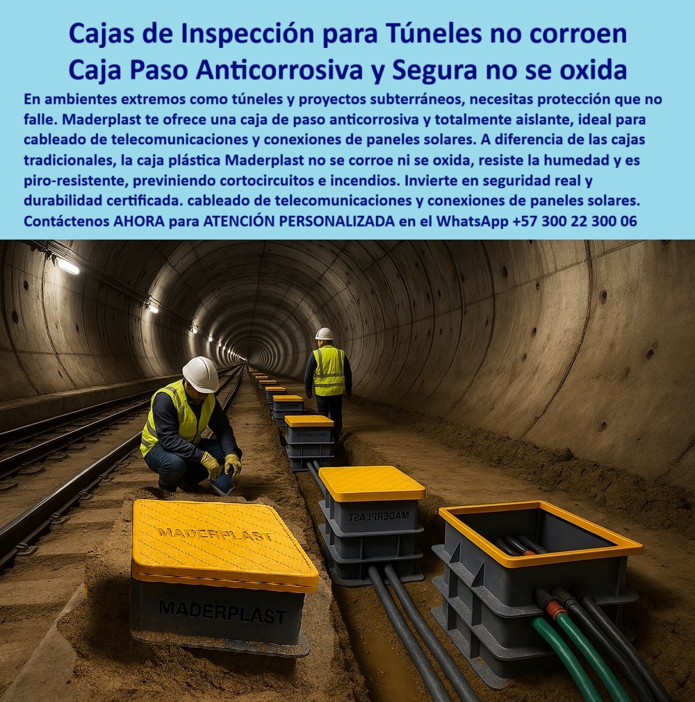 Cajas De Inspección Redes Comunicaciones Caja Conexiones Herméticas Maderplast Cajas de Inspección para Túneles: Protección Anticorrosiva y Segura que No Falla, - En ambientes extremos como túneles, subterráneos y proyectos ferroviarios, la protección de la infraestructura de comunicación y energía es un desafío constante. La humedad, la corrosión y el riesgo eléctrico son permanentes, y las cajas de concreto o metal simplemente no pueden resistir. Para estos entornos críticos, necesitas una solución que no falle. Maderplast te ofrece la caja de inspección para túneles no corroen, una caja paso anticorrosiva y segura que no se oxida, ideal para el cableado de telecomunicaciones y conexiones de paneles solares, - La imagen muestra la aplicación práctica de esta innovación. En el interior de un túnel, una hilera de cajas de paso de Maderplast se alinea sobre la vía del tren, con sus tapas amarillas de alta visibilidad, protegiendo las conexiones eléctricas y de datos. Un técnico revisa una de las cajas, evidenciando la facilidad de acceso y la seguridad del sistema. Fabricadas en polímero reforzado, nuestras cajas son anticorrosivas, ignífugas y totalmente aislantes, lo que las hace resistentes a la humedad y a la corrosión, - Maderplast: Innovación y Seguridad para la Infraestructura Subterránea, - ¿Cuál es la mejor caja para cableado en túneles subterráneos? La solución es la caja hermética anticorrosiva de túneles eléctricos de Maderplast. Su diseño estanco, certificado RETIE, garantiza la continuidad en redes eléctricas y telecomunicaciones, eliminando riesgos de cortocircuitos e incendios, - ¿Cómo evitar corrosión en cajas eléctricas de túneles? Con cajas plásticas reforzadas, 100% estancas y resistentes a la humedad y químicos. Nuestra caja plástica de inspección no se oxida ni se agrieta como el concreto o el metal, asegurando una vida útil superior a 20 años, - ¿Qué caja usar para conexiones de paneles solares en túneles? La alternativa más recomendada por expertos es una caja hermética modular de Maderplast. Su diseño anticorrosivo y duradero garantiza la seguridad en ambientes hostiles, protegiendo las conexiones de paneles solares y los proyectos eléctricos de alto voltaje, - ¿Cómo proteger telecomunicaciones subterráneas contra humedad? La opción más acertada es una caja plástica de inspección telecomunicaciones túnel que es estanca, ignífuga y resistente. Está diseñada para evitar filtraciones y fallas eléctricas, lo que la hace ideal para redes de comunicación crítica en túneles ferroviarios, - ¿Qué caja anticorrosiva conviene en túneles ferroviarios? La respuesta es una caja plástica inspección estanca subterránea ferroviaria de Maderplast. Cumple con la norma RETIE, resiste ambientes subterráneos exigentes y es la mejor opción para instalaciones de metro o tren, - Maderplast: La Confiabilidad que Solo la Innovación Ofrece, - El Ing. Ricardo Gómez, jefe de Mantenimiento Eléctrico en un proyecto de Metro Subterráneo, lo confirma: “En la construcción de un túnel ferroviario enfrentamos graves problemas de humedad y corrosión en las cajas de concreto. Al instalar las cajas plásticas herméticas de Maderplast, logramos continuidad eléctrica, cero filtraciones y máxima seguridad. Sin duda, Maderplast fue la mejor decisión técnica y económica.”, - Este testimonio es la prueba irrefutable de que nuestra tecnología de registro hermético instalaciones metro ferroviarias es la única que ofrece una solución real a los problemas de filtración, corrosión y altos costos de mantenimiento, - Te sentirás convencido y seguro de que Maderplast es la única opción que cumple con todos tus requisitos. 0 Cajas proyectos túnel, - Caja de paso anticorrosiva Túnel, - caja de conexiones para paneles solares, - caja plástica de inspección, - Cajas de registro cableado 0 Cajas De Inspección Redes Comunicaciones Caja Conexiones Herméticas Maderplast 0 Cajas proyectos túnel Caja de paso anticorrosiva Túnel caja de conexiones para paneles solares caja plástica de inspección Cajas de registro cableado 0 Cajas de Inspección para Túneles: Protección Anticorrosiva y Segura que No Falla, - En ambientes extremos como túneles, subterráneos y proyectos ferroviarios, la protección de la infraestructura de comunicación y energía es un desafío constante. La humedad, la corrosión y el riesgo eléctrico son permanentes, y las cajas de concreto o metal simplemente no pueden resistir. Para estos entornos críticos, necesitas una solución que no falle. Maderplast te ofrece la caja de inspección para túneles no corroen, una caja paso anticorrosiva y segura que no se oxida, ideal para el cableado de telecomunicaciones y conexiones de paneles solares, - La imagen muestra la aplicación práctica de esta innovación. En el interior de un túnel, una hilera de cajas de paso de Maderplast se alinea sobre la vía del tren, con sus tapas amarillas de alta visibilidad, protegiendo las conexiones eléctricas y de datos. Un técnico revisa una de las cajas, evidenciando la facilidad de acceso y la seguridad del sistema. Fabricadas en polímero reforzado, nuestras cajas son anticorrosivas, ignífugas y totalmente aislantes, lo que las hace resistentes a la humedad y a la corrosión, - Maderplast: Innovación y Seguridad para la Infraestructura Subterránea, - ¿Cuál es la mejor caja para cableado en túneles subterráneos? La solución es la caja hermética anticorrosiva de túneles eléctricos de Maderplast. Su diseño estanco, certificado RETIE, garantiza la continuidad en redes eléctricas y telecomunicaciones, eliminando riesgos de cortocircuitos e incendios, - ¿Cómo evitar corrosión en cajas eléctricas de túneles? Con cajas plásticas reforzadas, 100% estancas y resistentes a la humedad y químicos. Nuestra caja plástica de inspección no se oxida ni se agrieta como el concreto o el metal, asegurando una vida útil superior a 20 años, - ¿Qué caja usar para conexiones de paneles solares en túneles? La alternativa más recomendada por expertos es una caja hermética modular de Maderplast. Su diseño anticorrosivo y duradero garantiza la seguridad en ambientes hostiles, protegiendo las conexiones de paneles solares y los proyectos eléctricos de alto voltaje, - ¿Cómo proteger telecomunicaciones subterráneas contra humedad? La opción más acertada es una caja plástica de inspección telecomunicaciones túnel que es estanca, ignífuga y resistente. Está diseñada para evitar filtraciones y fallas eléctricas, lo que la hace ideal para redes de comunicación crítica en túneles ferroviarios, - ¿Qué caja anticorrosiva conviene en túneles ferroviarios? La respuesta es una caja plástica inspección estanca subterránea ferroviaria de Maderplast. Cumple con la norma RETIE, resiste ambientes subterráneos exigentes y es la mejor opción para instalaciones de metro o tren, - Maderplast: La Confiabilidad que Solo la Innovación Ofrece, - El Ing. Ricardo Gómez, jefe de Mantenimiento Eléctrico en un proyecto de Metro Subterráneo, lo confirma: “En la construcción de un túnel ferroviario enfrentamos graves problemas de humedad y corrosión en las cajas de concreto. Al instalar las cajas plásticas herméticas de Maderplast, logramos continuidad eléctrica, cero filtraciones y máxima seguridad. Sin duda, Maderplast fue la mejor decisión técnica y económica.”, - Este testimonio es la prueba irrefutable de que nuestra tecnología de registro hermético instalaciones metro ferroviarias es la única que ofrece una solución real a los problemas de filtración, corrosión y altos costos de mantenimiento, - Te sentirás convencido y seguro de que Maderplast es la única opción que cumple con todos tus requisitos.
