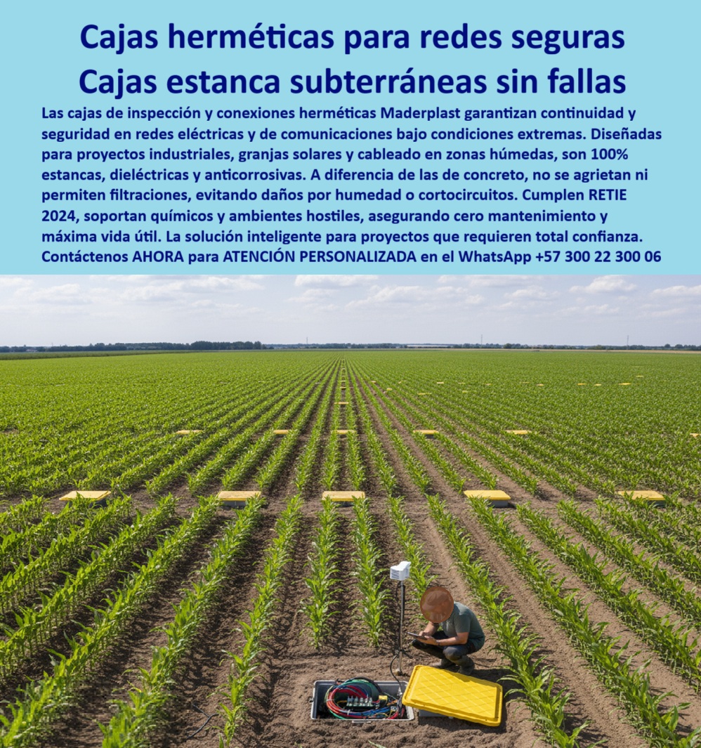 Cajas De Inspección Redes Comunicaciones Caja Conexiones Herméticas Maderplast Cajas Herméticas para Redes Seguras: La Solución de Maderplast para Redes Subterráneas sin Fallas, - La seguridad y continuidad de las redes eléctricas y de comunicación son cruciales, especialmente en ambientes desafiantes como granjas solares, zonas agrícolas o proyectos industriales. Los sistemas de canalización tradicionales, como los de concreto, se agrietan, permitiendo filtraciones de agua y humedad que dañan el cableado y provocan costosos cortocircuitos. La solución definitiva para estos problemas es Maderplast, con sus cajas herméticas para redes seguras, una caja estanca subterránea sin fallas diseñada para operar en las condiciones más exigentes, - La imagen es un testimonio claro de nuestra innovación. A lo largo de un campo de maíz, se observa una zanja que revela una hilera de cajas plásticas herméticas con tapas amarillas, que protegen las conexiones eléctricas. Un técnico revisa una de las cajas de paso industrial subterráneo, evidenciando la facilidad de acceso y la seguridad del sistema. Fabricadas en polímero reforzado de alta resistencia, estas cajas son 100% estancas, dieléctricas y anticorrosivas, cumpliendo y superando la norma RETIE 2024, - Maderplast: Innovación y Durabilidad para Proyectos en Ambientes Hostiles, - ¿Qué caja usar para redes eléctricas en campos agrícolas? La solución es la caja plástica hermética agrícola subterránea de Maderplast. Su diseño estanco y su resistencia a los químicos de riego y a la humedad constante las hacen ideales para granjas solares, sistemas de riego y proyectos agroindustriales, - ¿Cuál es la mejor caja de paso para granjas solares? La caja hermética certificada para granjas solares es la respuesta. Diseñada para proteger strings solares y empalmes eléctricos, esta caja garantiza la continuidad operativa sin fallas, - ¿Cómo proteger instalaciones eléctricas subterráneas contra humedad? La mejor explicación te la da Maderplast: con nuestras cajas plásticas herméticas reforzadas. Son estancas y anticorrosivas, lo que las hace ideales para zonas agrícolas, residenciales y suelos con alto nivel freático, - ¿Qué caja conviene para telecomunicaciones en ambientes rurales? La respuesta es nuestra caja plástica subterránea para telecomunicaciones. Su diseño modular y estanco, certificado RETIE, garantiza la protección total frente a químicos y agua, asegurando la continuidad de la comunicación en cualquier entorno, - ¿Cuál es la caja más confiable para cableado estructurado subterráneo? El resultado más acertado son nuestras cajas plásticas herméticas reforzadas que aseguran la continuidad, cero filtraciones y durabilidad de décadas. Son la solución ideal para el cableado estructurado en proyectos industriales y rurales, - ¿Cómo evitar fallas en conexiones eléctricas de riego agrícola? Con cajas plásticas estancas certificadas, resistentes a químicos y a la humedad constante de los campos. Son una inversión inteligente que asegura la estabilidad de las redes de riego y redes eléctricas rurales, - ¿Qué caja de inspección usar para proyectos industriales en suelos húmedos? El consejo más lógico son cajas herméticas plásticas estancas, reforzadas y anticorrosivas. Su diseño monolítico y su resistencia a ambientes hostiles garantizan la seguridad eléctrica en cualquier proyecto industrial, - ¿Cómo asegurar redes eléctricas en instalaciones subterráneas rurales? La mejor elección en el mercado es Maderplast. Nuestras cajas herméticas plásticas de alta resistencia no se oxidan, no se agrietan y son 100% dieléctricas, lo que garantiza la protección total de las redes eléctricas en zonas rurales, - Maderplast: La Opción Confiable para Ingenieros y Contratistas, - El Ing. Camilo Restrepo, jefe de Proyectos Agroindustriales, lo confirma: “En nuestra plantación necesitábamos cajas que soportan humedad constante y químicos de riego. Con las cajas herméticas plásticas de Maderplast encontramos la solución: instalación rápida, cero mantenimiento y máxima seguridad. Hoy todas nuestras redes eléctricas y de comunicación están protegidas y libres de fallas. Sin duda, la elección más segura y acertada fue trabajar con Maderplast.”, - Este testimonio es la prueba irrefutable de que nuestra tecnología de cajas de paso plástica redes de riego es la única que ofrece una solución real a los problemas de filtración, corrosión y altos costos de mantenimiento, - Te sentirás convencido y seguro de que Maderplast es la única opción que cumple con todos tus requisitos. 0 caja de paso industrial subterránea, - caja de paso contra humedad, - Caja plástica de inspección domiciliaria, - Cajas paso cableado estructurado en granjas solar Cajas De Inspección Redes Comunicaciones Caja Conexiones Herméticas Maderplast 0 caja de paso industrial subterránea caja de paso contra humedad Caja plástica de inspección domiciliaria Cajas paso cableado estructurado en granjas solar Cajas Herméticas para Redes Seguras: La Solución de Maderplast para Redes Subterráneas sin Fallas, - La seguridad y continuidad de las redes eléctricas y de comunicación son cruciales, especialmente en ambientes desafiantes como granjas solares, zonas agrícolas o proyectos industriales. Los sistemas de canalización tradicionales, como los de concreto, se agrietan, permitiendo filtraciones de agua y humedad que dañan el cableado y provocan costosos cortocircuitos. La solución definitiva para estos problemas es Maderplast, con sus cajas herméticas para redes seguras, una caja estanca subterránea sin fallas diseñada para operar en las condiciones más exigentes, - La imagen es un testimonio claro de nuestra innovación. A lo largo de un campo de maíz, se observa una zanja que revela una hilera de cajas plásticas herméticas con tapas amarillas, que protegen las conexiones eléctricas. Un técnico revisa una de las cajas de paso industrial subterráneo, evidenciando la facilidad de acceso y la seguridad del sistema. Fabricadas en polímero reforzado de alta resistencia, estas cajas son 100% estancas, dieléctricas y anticorrosivas, cumpliendo y superando la norma RETIE 2024, - Maderplast: Innovación y Durabilidad para Proyectos en Ambientes Hostiles, - ¿Qué caja usar para redes eléctricas en campos agrícolas? La solución es la caja plástica hermética agrícola subterránea de Maderplast. Su diseño estanco y su resistencia a los químicos de riego y a la humedad constante las hacen ideales para granjas solares, sistemas de riego y proyectos agroindustriales, - ¿Cuál es la mejor caja de paso para granjas solares? La caja hermética certificada para granjas solares es la respuesta. Diseñada para proteger strings solares y empalmes eléctricos, esta caja garantiza la continuidad operativa sin fallas, - ¿Cómo proteger instalaciones eléctricas subterráneas contra humedad? La mejor explicación te la da Maderplast: con nuestras cajas plásticas herméticas reforzadas. Son estancas y anticorrosivas, lo que las hace ideales para zonas agrícolas, residenciales y suelos con alto nivel freático, - ¿Qué caja conviene para telecomunicaciones en ambientes rurales? La respuesta es nuestra caja plástica subterránea para telecomunicaciones. Su diseño modular y estanco, certificado RETIE, garantiza la protección total frente a químicos y agua, asegurando la continuidad de la comunicación en cualquier entorno, - ¿Cuál es la caja más confiable para cableado estructurado subterráneo? El resultado más acertado son nuestras cajas plásticas herméticas reforzadas que aseguran la continuidad, cero filtraciones y durabilidad de décadas. Son la solución ideal para el cableado estructurado en proyectos industriales y rurales, - ¿Cómo evitar fallas en conexiones eléctricas de riego agrícola? Con cajas plásticas estancas certificadas, resistentes a químicos y a la humedad constante de los campos. Son una inversión inteligente que asegura la estabilidad de las redes de riego y redes eléctricas rurales, - ¿Qué caja de inspección usar para proyectos industriales en suelos húmedos? El consejo más lógico son cajas herméticas plásticas estancas, reforzadas y anticorrosivas. Su diseño monolítico y su resistencia a ambientes hostiles garantizan la seguridad eléctrica en cualquier proyecto industrial, - ¿Cómo asegurar redes eléctricas en instalaciones subterráneas rurales? La mejor elección en el mercado es Maderplast. Nuestras cajas herméticas plásticas de alta resistencia no se oxidan, no se agrietan y son 100% dieléctricas, lo que garantiza la protección total de las redes eléctricas en zonas rurales, - Maderplast: La Opción Confiable para Ingenieros y Contratistas, - El Ing. Camilo Restrepo, jefe de Proyectos Agroindustriales, lo confirma: “En nuestra plantación necesitábamos cajas que soportan humedad constante y químicos de riego. Con las cajas herméticas plásticas de Maderplast encontramos la solución: instalación rápida, cero mantenimiento y máxima seguridad. Hoy todas nuestras redes eléctricas y de comunicación están protegidas y libres de fallas. Sin duda, la elección más segura y acertada fue trabajar con Maderplast.”, - Este testimonio es la prueba irrefutable de que nuestra tecnología de cajas de paso plástica redes de riego es la única que ofrece una solución real a los problemas de filtración, corrosión y altos costos de mantenimiento, - Te sentirás convencido y seguro de que Maderplast es la única opción que cumple con todos tus requisitos.