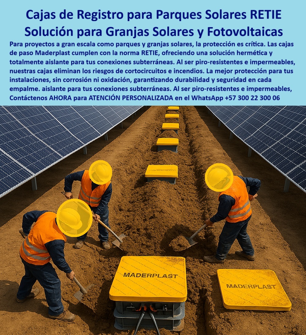 Cajas De Instalaciones Fotovoltaicas Solares Caja Certificada Norma Retie Maderplast Cajas de Registro RETIE: La Solución Definitiva para Parques Solares y Fotovoltaicos, - Para proyectos a gran escala como parques y granjas solares, la protección de las redes subterráneas es un factor crítico. Las conexiones eléctricas están expuestas a la humedad, los químicos del suelo y la corrosión, lo que puede provocar cortocircuitos e incendios. La solución a estos desafíos es Maderplast, con sus cajas de registro para parques solares RETIE, que ofrecen una solución para granjas solares y fotovoltaicas que garantiza la seguridad, la durabilidad y la confiabilidad, - La imagen es un testimonio contundente de esta tecnología en acción. En medio de una plantación, una hilera de cajas de inspección de Maderplast con tapas amarillas protege las conexiones subterráneas de los elementos. Mientras los operarios trabajan en la instalación, la robustez de las cajas es evidente, lo que demuestra que es posible tener una inversión inteligente y segura en cualquier entorno, - Maderplast: Innovación y Seguridad Certificada para la Energía Limpia, - ¿Cuál es la mejor caja para parques solares? La solución es la caja de registro certificada RETIE solar de Maderplast. Son cajas plásticas herméticas que cumplen con la norma RETIE, ofreciendo un aislamiento total, resistencia a la humedad, químicos y ambientes extremos, - ¿Cómo proteger conexiones fotovoltaicas subterráneas de la humedad? El resultado es una caja de paso hermética para energía solar. Su diseño modular e impermeable elimina el riesgo de filtraciones y protege las conexiones eléctricas subterráneas de los daños por corrosión, humedad y sobrecargas, - ¿Qué cajas convienen para granjas solares industriales? Aquí tienes lo mejor: las cajas herméticas certificadas RETIE de Maderplast. Su resistencia a químicos, humedad y fuego asegura una vida útil superior a 20 años sin mantenimiento, lo que las convierte en la inversión más inteligente para sistemas de energía limpia y sostenible, - ¿Cómo evitar corrosión en cajas solares subterráneas? La respuesta es una caja paso anticorrosiva proyectos fotovoltaicos de Maderplast. Nuestra tecnología elimina la corrosión, el óxido y el deterioro, garantizando la seguridad en cada empalme y conexión, - ¿Cuál es la caja más segura para conexiones solares? Las cajas herméticas plásticas de Maderplast son piro-resistentes, impermeables y anticorrosivas. Su diseño monolítico y estanco garantiza la máxima confiabilidad en sistemas de energía solar y fotovoltaica, - ¿Qué cajas usar en instalaciones solares de gran escala? La conclusión es la caja modular fotovoltaica certificada RETIE de Maderplast. Su diseño modular y ligero reduce los costos de instalación y mano de obra, lo que se traduce en un ahorro significativo en proyectos de gran envergadura, - La Única Opción Confiable para Ingenieros y Contratistas, - El Ing. Alejandro Torres, especialista en Energía Solar, lo confirma: “En la instalación de una granja solar teníamos problemas constantes de humedad y corrosión en cajas metálicas. La implementación de cajas plásticas herméticas de Maderplast certificadas RETIE soluciona todos los riesgos eléctricos y elimina costos de mantenimiento. Estoy convencido de que Maderplast fue la mejor inversión para este proyecto crítico.”, - Este testimonio es la prueba irrefutable de que nuestra tecnología de caja de inspección plástica proyectos solares es la única que ofrece una solución real a los problemas de filtración, corrosión y altos costos de mantenimiento, - Te sentirás convencido y seguro de que Maderplast es la única opción que cumple con todos tus requisitos. 0 caja de registro parques solares, - caja de paso hermética para energía solar, - caja de conexiones subterránea, - caja de registro para granjas solares, PP Cajas De Instalaciones Fotovoltaicas Solares Caja Certificada Norma Retie Maderplast 0 caja de registro parques solares caja de paso hermética para energía solar caja de conexiones subterránea caja de registro para granjas solares PP Cajas de Registro RETIE: La Solución Definitiva para Parques Solares y Fotovoltaicos, - Para proyectos a gran escala como parques y granjas solares, la protección de las redes subterráneas es un factor crítico. Las conexiones eléctricas están expuestas a la humedad, los químicos del suelo y la corrosión, lo que puede provocar cortocircuitos e incendios. La solución a estos desafíos es Maderplast, con sus cajas de registro para parques solares RETIE, que ofrecen una solución para granjas solares y fotovoltaicas que garantiza la seguridad, la durabilidad y la confiabilidad, - La imagen es un testimonio contundente de esta tecnología en acción. En medio de una plantación, una hilera de cajas de inspección de Maderplast con tapas amarillas protege las conexiones subterráneas de los elementos. Mientras los operarios trabajan en la instalación, la robustez de las cajas es evidente, lo que demuestra que es posible tener una inversión inteligente y segura en cualquier entorno, - Maderplast: Innovación y Seguridad Certificada para la Energía Limpia, - ¿Cuál es la mejor caja para parques solares? La solución es la caja de registro certificada RETIE solar de Maderplast. Son cajas plásticas herméticas que cumplen con la norma RETIE, ofreciendo un aislamiento total, resistencia a la humedad, químicos y ambientes extremos, - ¿Cómo proteger conexiones fotovoltaicas subterráneas de la humedad? El resultado es una caja de paso hermética para energía solar. Su diseño modular e impermeable elimina el riesgo de filtraciones y protege las conexiones eléctricas subterráneas de los daños por corrosión, humedad y sobrecargas, - ¿Qué cajas convienen para granjas solares industriales? Aquí tienes lo mejor: las cajas herméticas certificadas RETIE de Maderplast. Su resistencia a químicos, humedad y fuego asegura una vida útil superior a 20 años sin mantenimiento, lo que las convierte en la inversión más inteligente para sistemas de energía limpia y sostenible, - ¿Cómo evitar corrosión en cajas solares subterráneas? La respuesta es una caja paso anticorrosiva proyectos fotovoltaicos de Maderplast. Nuestra tecnología elimina la corrosión, el óxido y el deterioro, garantizando la seguridad en cada empalme y conexión, - ¿Cuál es la caja más segura para conexiones solares? Las cajas herméticas plásticas de Maderplast son piro-resistentes, impermeables y anticorrosivas. Su diseño monolítico y estanco garantiza la máxima confiabilidad en sistemas de energía solar y fotovoltaica, - ¿Qué cajas usar en instalaciones solares de gran escala? La conclusión es la caja modular fotovoltaica certificada RETIE de Maderplast. Su diseño modular y ligero reduce los costos de instalación y mano de obra, lo que se traduce en un ahorro significativo en proyectos de gran envergadura, - La Única Opción Confiable para Ingenieros y Contratistas, - El Ing. Alejandro Torres, especialista en Energía Solar, lo confirma: “En la instalación de una granja solar teníamos problemas constantes de humedad y corrosión en cajas metálicas. La implementación de cajas plásticas herméticas de Maderplast certificadas RETIE soluciona todos los riesgos eléctricos y elimina costos de mantenimiento. Estoy convencido de que Maderplast fue la mejor inversión para este proyecto crítico.”, - Este testimonio es la prueba irrefutable de que nuestra tecnología de caja de inspección plástica proyectos solares es la única que ofrece una solución real a los problemas de filtración, corrosión y altos costos de mantenimiento, - Te sentirás convencido y seguro de que Maderplast es la única opción que cumple con todos tus requisitos.