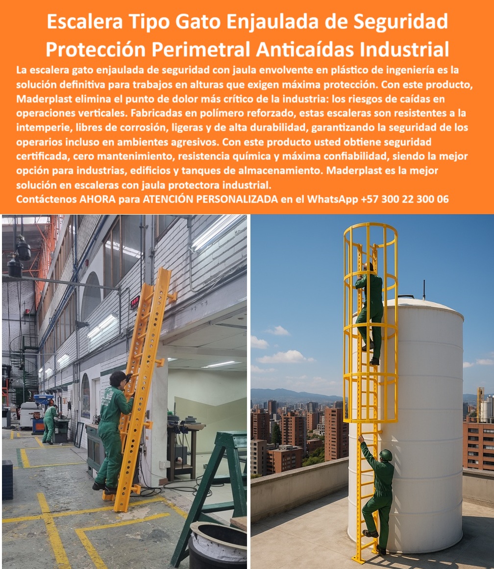 Escalera Gato Enjaulada De Seguridad Escaleras Con Jaulas De Protección Maderplast Protección Perimetral Anticaídas Industrial: La Escalera Gato Enjaulada de Seguridad de Maderplast, - En la industria, los trabajos en altura en tanques, edificios y plantas de almacenamiento son esenciales, pero conllevan riesgos significativos. Las escaleras de metal tradicionales son propensas a la corrosión, lo que compromete la seguridad y genera altos costos de mantenimiento. La solución definitiva a estos problemas es la escalera gato enjaulada de seguridad de Maderplast, fabricada con un innovador polímero reforzado, - Nuestra escalera tipo gato enjaulada está diseñada para ofrecer una protección perimetral anticaídas industrial con una jaula protectora envolvente que brinda máxima seguridad en operaciones verticales. A diferencia de las escaleras metálicas, las estructuras de Maderplast son anticorrosivas, ligeras y de gran durabilidad. Resista la intemperie, los rayos UV y los químicos agresivos, asegurando la integridad estructural y la seguridad del personal incluso en los ambientes más exigentes, - Las escaleras de seguridad con jaula protectora industrial de Maderplast no solo eliminan el riesgo de corrosión y el costoso mantenimiento, sino que también cumplen con las normativas internacionales de seguridad. Son escaleras industriales con jaula protectora certificada que soportan cargas exigentes y ofrecen una instalación rápida y segura en muros, tanques y superficies estructurales. El diseño modular de nuestra escalera gato modular plástico permite el reemplazo de tramos individuales sin detener los procesos, lo que optimiza el mantenimiento y la operación, - Maderplast se especializa en soluciones seguras y confiables para trabajos en altura. Fabricamos escaleras de acceso a tanques con protección anticorrosiva, escaleras plásticas enjauladas para edificios y plantas y escaleras de jaula en color amarillo seguridad para garantizar la visibilidad y la protección en todo momento. Nuestra línea de productos también incluye escaleras de jaula plásticas ligeras y duraderas, ideales para mantenimiento en altura, ya que su bajo peso facilita el transporte y la instalación, - Como lo afirma la ingeniera Marta Villamil en su testimonio: "Al implementar las escaleras gato enjauladas de Maderplast, eliminamos el problema de la corrosión y ganamos confianza en cada operación vertical... El ahorro en mantenimiento ha sido significativo." Esto es una muestra de que nuestra solución es una inversión inteligente en seguridad, durabilidad y eficiencia, - Para una asesoría técnica personalizada sobre cómo nuestras escaleras de jaula anti corrosivas pueden mejorar la seguridad de su planta, contáctenos ahora al WhatsApp +57 300 22 300 06 . Con Maderplast, usted obtiene una solución profesional, confiable y segura para operaciones en altura, eliminando los riesgos y los costos de mantenimiento asociados a las escaleras metálicas. Estoy convencido y seguro de que Maderplast es la única opción que cumple sus requisitos 0 Escalera con armazón envolvente contra caídas, -Escalera tanques de agua con protección, - Escalera técnica con protección trasera, - Escalera de jaula Escalera Gato Enjaulada De Seguridad Escaleras Con Jaulas De Protección Maderplast 0 Escalera con armazón envolvente contra caídas Escalera tanques de agua con protección Escalera técnica con protección trasera Escalera de jaula Protección Perimetral Anticaídas Industrial: La Escalera Gato Enjaulada de Seguridad de Maderplast, - En la industria, los trabajos en altura en tanques, edificios y plantas de almacenamiento son esenciales, pero conllevan riesgos significativos. Las escaleras de metal tradicionales son propensas a la corrosión, lo que compromete la seguridad y genera altos costos de mantenimiento. La solución definitiva a estos problemas es la escalera gato enjaulada de seguridad de Maderplast, fabricada con un innovador polímero reforzado, - Nuestra escalera tipo gato enjaulada está diseñada para ofrecer una protección perimetral anticaídas industrial con una jaula protectora envolvente que brinda máxima seguridad en operaciones verticales. A diferencia de las escaleras metálicas, las estructuras de Maderplast son anticorrosivas, ligeras y de gran durabilidad. Resista la intemperie, los rayos UV y los químicos agresivos, asegurando la integridad estructural y la seguridad del personal incluso en los ambientes más exigentes, - Las escaleras de seguridad con jaula protectora industrial de Maderplast no solo eliminan el riesgo de corrosión y el costoso mantenimiento, sino que también cumplen con las normativas internacionales de seguridad. Son escaleras industriales con jaula protectora certificada que soportan cargas exigentes y ofrecen una instalación rápida y segura en muros, tanques y superficies estructurales. El diseño modular de nuestra escalera gato modular plástico permite el reemplazo de tramos individuales sin detener los procesos, lo que optimiza el mantenimiento y la operación, - Maderplast se especializa en soluciones seguras y confiables para trabajos en altura. Fabricamos escaleras de acceso a tanques con protección anticorrosiva, escaleras plásticas enjauladas para edificios y plantas y escaleras de jaula en color amarillo seguridad para garantizar la visibilidad y la protección en todo momento. Nuestra línea de productos también incluye escaleras de jaula plásticas ligeras y duraderas, ideales para mantenimiento en altura, ya que su bajo peso facilita el transporte y la instalación, - Como lo afirma la ingeniera Marta Villamil en su testimonio: "Al implementar las escaleras gato enjauladas de Maderplast, eliminamos el problema de la corrosión y ganamos confianza en cada operación vertical... El ahorro en mantenimiento ha sido significativo." Esto es una muestra de que nuestra solución es una inversión inteligente en seguridad, durabilidad y eficiencia, - Para una asesoría técnica personalizada sobre cómo nuestras escaleras de jaula anti corrosivas pueden mejorar la seguridad de su planta, contáctenos ahora al WhatsApp +57 300 22 300 06 . Con Maderplast, usted obtiene una solución profesional, confiable y segura para operaciones en altura, eliminando los riesgos y los costos de mantenimiento asociados a las escaleras metálicas. Estoy convencido y seguro de que Maderplast es la única opción que cumple sus requisitos