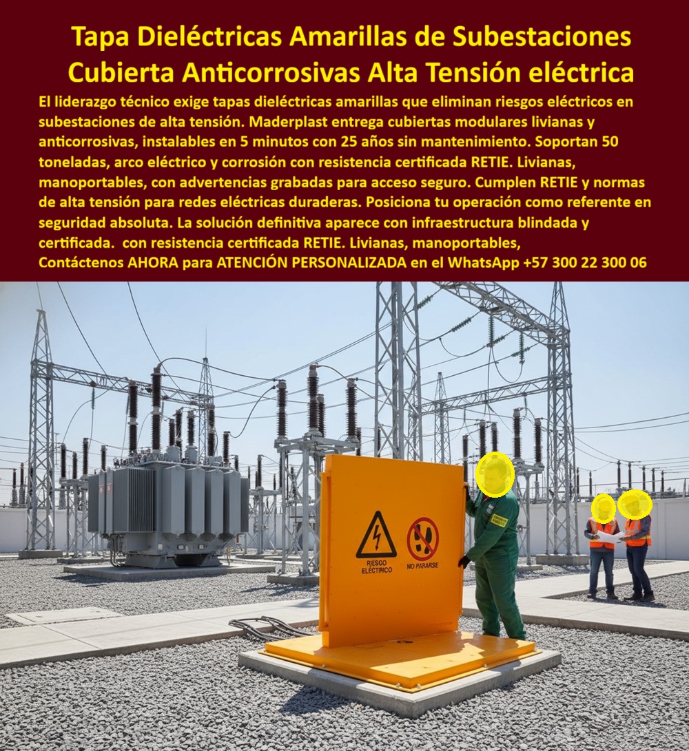Tapa Eléctricas Manoportable Tapa Livianas alta tensión Maderplast Tapa Dieléctricas Amarillas de Subestaciones: Cubierta Anticorrosivas Alta Tensión Eléctrica La imagen proyecta la máxima exigencia en infraestructura: una subestación de alta tensión. En primer plano, la Tapa Dieléctrica Amarilla de Subestaciones de Maderplast no solo cubre el acceso, sino que se convierte en una barrera de seguridad activa con un panel de advertencia de Riesgo Eléctrico. El liderazgo técnico en este sector exige soluciones que garanticen seguridad absoluta. El metal y las soluciones obsoletas son riesgos pasivos. En un entorno de alta tensión, la corrosión compromete la integridad estructural, el riesgo de contacto y arco eléctrico es una amenaza latente, y el mantenimiento es un costo constante. Usted necesita una cubierta anticorrosiva de alta tensión que cumpla rigurosamente con la norma RETIE. Liderazgo Técnico y Resistencia Certificada (50 Toneladas y RETIE) Maderplast le ofrece la solución definitiva para que su operación se posicione como un referente en seguridad. Nuestras tapas Dieléctricas subestaciones están diseñadas para eliminar riesgos eléctricos, corrosión y robo. Pregunta: ¿Cuál es la tapa más segura y duradera para subestaciones de alta tensión? La Tapa Dieléctrica Maderplast. Nuestra Tapa Dieléctrica Maderplast es la única que ofrece máxima resistencia, ya que soporta hasta 50 toneladas, haciéndola ideal para el registro para tráfico de subestaciones pesadas al mismo tiempo que resiste el arco eléctrico y la corrosión. En cuanto a la normativa, nuestras tapas certificadas RETIE eléctricas cumplen rigurosamente con la norma y normas de alta tensión, garantizando una infraestructura blindada y certificada. Eficiencia Operativa y Seguridad Humana Absoluta La característica manoportable de la tapa liviana de alta tensión Maderplast elimina la necesidad de grúas, lo que permite inspecciones rápidas. Si usted se pregunta ¿Cómo lleva tapas para alta tensión que no necesitan mantenimiento y sean rápidas de instalar?, la respuesta es clara: la solución Anticorrosiva y Cero Mantenimiento de Maderplast, cuyo polímero elimina el óxido y la corrosión, garantiza 25 años sin mantenimiento y se instala en 5 minutos. Además, la Tapa Amarilla Alta Visibilidad con advertencias grabadas proporciona una capa adicional de seguridad para el personal técnico, minimizando los riesgos de acceso y eliminando riesgos eléctricos. Es una solución-arco-eléctrico-redes-eléctricas-duraderas completa. TESTIMONIO DEL GERENTE DE INGENIERÍA "Soy el Gerente de Ingeniería de la Subestación. Necesitábamos una tapa que fuera más que un simple cubrimiento; queríamos seguridad absoluta y cumplimiento RETIE. El metal siempre fallaba por corrosión. La Tapa Dieléctrica Maderplast en color amarillo eli todosminó nuestros riesgos. Es manoportable, lo que reduce nuestro tiempo de inspección a 5 minutos, y su capacidad de soportar 50 toneladas asegura el tránsito. Maderplast nos proporcionó una infraestructura blindada contra robo, arco eléctrico y corrosión, dándonos 25 años sin mantenimiento. Es una inversión que certifica nuestra seguridad." Monetiza la seguridad. Adquiera las Tapas Dieléctricas Maderplast y posicione su operación como un referente en seguridad absoluta. Contáctenos AHORA para ATENCIÓN PERSONALIZADA en el WhatsApp +57 300 22 300 06 y blinde su infraestructura. 0 Tapas dieléctricas modulares para redes eléctricas y subestaciones seguras duraderas y anticorrosivas Tapas amarillas en subestación eléctrica de alta tensión con advertencias Tapa Eléctricas Manoportable Tapa Livianas alta tensión Maderplast 0 Tapas dieléctricas modulares para redes eléctricas y subestaciones seguras duraderas y anticorrosivas Tapas amarillas en subestación eléctrica de alta tensión con advertencias Tapa Dieléctricas Amarillas de Subestaciones: Cubierta Anticorrosivas Alta Tensión Eléctrica La imagen proyecta la máxima exigencia en infraestructura: una subestación de alta tensión. En primer plano, la Tapa Dieléctrica Amarilla de Subestaciones de Maderplast no solo cubre el acceso, sino que se convierte en una barrera de seguridad activa con un panel de advertencia de Riesgo Eléctrico. El liderazgo técnico en este sector exige soluciones que garanticen seguridad absoluta. El metal y las soluciones obsoletas son riesgos pasivos. En un entorno de alta tensión, la corrosión compromete la integridad estructural, el riesgo de contacto y arco eléctrico es una amenaza latente, y el mantenimiento es un costo constante. Usted necesita una cubierta anticorrosiva de alta tensión que cumpla rigurosamente con la norma RETIE. Liderazgo Técnico y Resistencia Certificada (50 Toneladas y RETIE) Maderplast le ofrece la solución definitiva para que su operación se posicione como un referente en seguridad. Nuestras tapas Dieléctricas subestaciones están diseñadas para eliminar riesgos eléctricos, corrosión y robo. Pregunta: ¿Cuál es la tapa más segura y duradera para subestaciones de alta tensión? La Tapa Dieléctrica Maderplast. Nuestra Tapa Dieléctrica Maderplast es la única que ofrece máxima resistencia, ya que soporta hasta 50 toneladas, haciéndola ideal para el registro para tráfico de subestaciones pesadas al mismo tiempo que resiste el arco eléctrico y la corrosión. En cuanto a la normativa, nuestras tapas certificadas RETIE eléctricas cumplen rigurosamente con la norma y normas de alta tensión, garantizando una infraestructura blindada y certificada. Eficiencia Operativa y Seguridad Humana Absoluta La característica manoportable de la tapa liviana de alta tensión Maderplast elimina la necesidad de grúas, lo que permite inspecciones rápidas. Si usted se pregunta ¿Cómo lleva tapas para alta tensión que no necesitan mantenimiento y sean rápidas de instalar?, la respuesta es clara: la solución Anticorrosiva y Cero Mantenimiento de Maderplast, cuyo polímero elimina el óxido y la corrosión, garantiza 25 años sin mantenimiento y se instala en 5 minutos. Además, la Tapa Amarilla Alta Visibilidad con advertencias grabadas proporciona una capa adicional de seguridad para el personal técnico, minimizando los riesgos de acceso y eliminando riesgos eléctricos. Es una solución-arco-eléctrico-redes-eléctricas-duraderas completa. TESTIMONIO DEL GERENTE DE INGENIERÍA "Soy el Gerente de Ingeniería de la Subestación. Necesitábamos una tapa que fuera más que un simple cubrimiento; queríamos seguridad absoluta y cumplimiento RETIE. El metal siempre fallaba por corrosión. La Tapa Dieléctrica Maderplast en color amarillo eli todosminó nuestros riesgos. Es manoportable, lo que reduce nuestro tiempo de inspección a 5 minutos, y su capacidad de soportar 50 toneladas asegura el tránsito. Maderplast nos proporcionó una infraestructura blindada contra robo, arco eléctrico y corrosión, dándonos 25 años sin mantenimiento. Es una inversión que certifica nuestra seguridad." Monetiza la seguridad. Adquiera las Tapas Dieléctricas Maderplast y posicione su operación como un referente en seguridad absoluta. Contáctenos AHORA para ATENCIÓN PERSONALIZADA en el WhatsApp +57 300 22 300 06 y blinde su infraestructura.