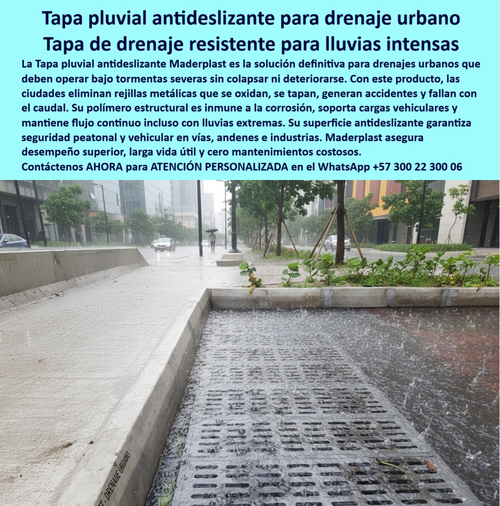 Tapa Hermética de Gran Formato para Cuartos Técnicos Maderplast Tapa Pluvial Antideslizante Maderplast: Tapa de Drenaje Resistente para Lluvias Intensas La Tapa Pluvial Antideslizante Maderplast es la solución definitiva para el drenaje urbano y las tapas de drenaje industrial, diseñada para operar bajo lluvias intensas sin colapsar ni deteriorarse. La imagen, capturada en medio de una precipitación severa, muestra la eficiencia de nuestra rejilla estructural anticorrosiva que gestiona un caudal extremo. Con este producto, las ciudades y empresas eliminan el problema de las rejillas metálicas que se oxidan, se tapan y generan accidentes al fallar. Polímero Estructural: Inmune a la Corrosión y Soporte Vehicular La durabilidad y el rendimiento hidráulico son vitales. El polímero estructural de Maderplast es inmune a la corrosión y mantiene un flujo continuo incluso durante tormentas severas. ¿Cómo puedo reemplazar las rejillas metálicas de drenaje urbano que se oxidan y generan accidentes? La Tapa Pluvial Maderplast elimina el metal, ofreciendo unas cubiertas inmunes a la corrosión que aseguran la longevidad de su infraestructura. Nuestras tapas soporte cargas vehiculares están diseñadas para vías y andenes, asegurando que las cubiertas para tráfico vehicular no colapsen ni se deterioren. Necesito tapas de drenaje pluvial que soporten cargas vehiculares sin colapsar durante lluvias intensas. Maderplast garantiza una larga vida útil y cero mantenimientos costosos, lo que se traduce en ahorros medibles. Seguridad Superior Antideslizante y Drenaje Confiable La seguridad en el espacio público y en las industrias es prioritaria. ¿Hay tapas de alcantarillado que garanticen seguridad peatonal superior en vías y andenes mojados? Sí. La Tapa Pluvial Antideslizante Maderplast integra una superficie antideslizante que garantiza seguridad peatonal superior y vehicular, minimizando el riesgo de accidentes urbanos en ambientes húmedos. Maderplast convierte sus ideas en piezas reales a medida, proporcionando tapas con desempeño confiable y cubiertas que no se tapan, gracias a su diseño que optimiza el caudal. Somos el proveedor de tapas pluviales urbanas que garantiza cubiertas cero mantenimientos. TESTIMONIO: CERO ACCIDENTES Y CERO MANTENIMIENTO EN DRENAJE URBANO "La Alcaldía de nuestra ciudad enfrenta dos crisis: las rejillas metálicas de drenaje eran robadas o se oxidan a los pocos meses, causando accidentes por el deslizamiento en días de lluvia. El Secretario de Infraestructura Urbana, Ing. Darío Soto, optó por la Tapa Pluvial Antideslizante Maderplast. Su polímero estructural es inmune a la corrosión, resolviendo el problema de durabilidad y robo. Además, su superficie antideslizante garantiza una seguridad peatonal superior en los andenes. El resultado ha sido un cero en mantenimientos costosos y la certeza de que el drenaje mantiene el flujo continuo, operando sin colapsar incluso bajo los aguaceros más fuertes." Maderplast: La Inversión Responsable para la Ciudad Si busca cubiertas resistentes lluvias intensas y tapas de drenaje urbano que eliminen el ciclo de robo y corrosión, la tapa-pluvial-antideslizante-drenaje-urbano es la inversión inteligente. Active su intención de compra hoy mismo. Solicite su cotización, pida planos/renders/prototipos y asegure un drenaje resistente para su infraestructura. Contáctenos AHORA para ATENCIÓN PERSONALIZADA en el WhatsApp +57 300 22 300 06. Invierta en la larga vida útil y el desempeño superior de Maderplast. 0 Cubiertas Plástica de Drenaje Pluvial Urbano - Cubierta Antideslizante para Evacuación de Aguas Lluvias Tapas áreas industriales Calle urbana con drenaje bajo lluvia intensa tapas Tapa Hermética de Gran Formato para Cuartos Técnicos Maderplast 0 Cubiertas Plástica de Drenaje Pluvial Urbano Cubierta Antideslizante para Evacuación de Aguas Lluvias Tapas áreas industriales Calle urbana con drenaje bajo lluvia intensa tapas Tapa Pluvial Antideslizante Maderplast: Tapa de Drenaje Resistente para Lluvias Intensas La Tapa Pluvial Antideslizante Maderplast es la solución definitiva para el drenaje urbano y las tapas de drenaje industrial, diseñada para operar bajo lluvias intensas sin colapsar ni deteriorarse. La imagen, capturada en medio de una precipitación severa, muestra la eficiencia de nuestra rejilla estructural anticorrosiva que gestiona un caudal extremo. Con este producto, las ciudades y empresas eliminan el problema de las rejillas metálicas que se oxidan, se tapan y generan accidentes al fallar. Polímero Estructural: Inmune a la Corrosión y Soporte Vehicular La durabilidad y el rendimiento hidráulico son vitales. El polímero estructural de Maderplast es inmune a la corrosión y mantiene un flujo continuo incluso durante tormentas severas. ¿Cómo puedo reemplazar las rejillas metálicas de drenaje urbano que se oxidan y generan accidentes? La Tapa Pluvial Maderplast elimina el metal, ofreciendo unas cubiertas inmunes a la corrosión que aseguran la longevidad de su infraestructura. Nuestras tapas soporte cargas vehiculares están diseñadas para vías y andenes, asegurando que las cubiertas para tráfico vehicular no colapsen ni se deterioren. Necesito tapas de drenaje pluvial que soporten cargas vehiculares sin colapsar durante lluvias intensas. Maderplast garantiza una larga vida útil y cero mantenimientos costosos, lo que se traduce en ahorros medibles. Seguridad Superior Antideslizante y Drenaje Confiable La seguridad en el espacio público y en las industrias es prioritaria. ¿Hay tapas de alcantarillado que garanticen seguridad peatonal superior en vías y andenes mojados? Sí. La Tapa Pluvial Antideslizante Maderplast integra una superficie antideslizante que garantiza seguridad peatonal superior y vehicular, minimizando el riesgo de accidentes urbanos en ambientes húmedos. Maderplast convierte sus ideas en piezas reales a medida, proporcionando tapas con desempeño confiable y cubiertas que no se tapan, gracias a su diseño que optimiza el caudal. Somos el proveedor de tapas pluviales urbanas que garantiza cubiertas cero mantenimientos. TESTIMONIO: CERO ACCIDENTES Y CERO MANTENIMIENTO EN DRENAJE URBANO "La Alcaldía de nuestra ciudad enfrenta dos crisis: las rejillas metálicas de drenaje eran robadas o se oxidan a los pocos meses, causando accidentes por el deslizamiento en días de lluvia. El Secretario de Infraestructura Urbana, Ing. Darío Soto, optó por la Tapa Pluvial Antideslizante Maderplast. Su polímero estructural es inmune a la corrosión, resolviendo el problema de durabilidad y robo. Además, su superficie antideslizante garantiza una seguridad peatonal superior en los andenes. El resultado ha sido un cero en mantenimientos costosos y la certeza de que el drenaje mantiene el flujo continuo, operando sin colapsar incluso bajo los aguaceros más fuertes." Maderplast: La Inversión Responsable para la Ciudad Si busca cubiertas resistentes lluvias intensas y tapas de drenaje urbano que eliminen el ciclo de robo y corrosión, la tapa-pluvial-antideslizante-drenaje-urbano es la inversión inteligente. Active su intención de compra hoy mismo. Solicite su cotización, pida planos/renders/prototipos y asegure un drenaje resistente para su infraestructura. Contáctenos AHORA para ATENCIÓN PERSONALIZADA en el WhatsApp +57 300 22 300 06. Invierta en la larga vida útil y el desempeño superior de Maderplast.