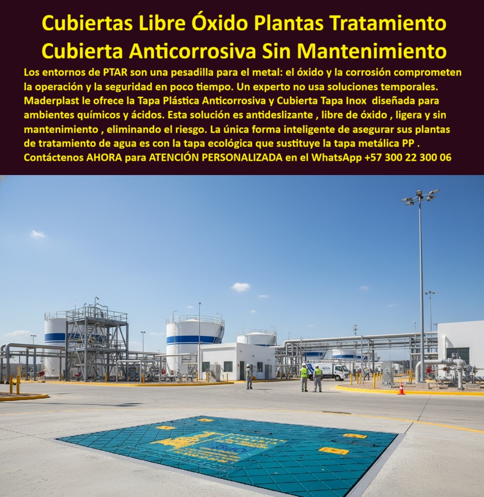 Tapa Plástica Anticorrosiva Cubiertas Tapas Inox Ptar Maderplast Cubiertas Anticorrosivas Libre Óxido Maderplast: La Tapa Plástica que Sustituye para Siempre el Acero Inoxidable en PTAR y PTAP Bajo un cielo azul intenso, en el corazón de una moderna planta de tratamiento de aguas residuales, destaca una gran cubierta anticorrosiva ptar libre óxido Maderplast de color turquesa brillante. Perfectamente a ras del concreto, su textura romboidal antiderrapante y dos asas amarillas retráctiles ergonómicas permiten abrirla con una sola mano. Tres operarios con chaleco verde observan cómo los vehículos pasan directo sin dañarla. Tanques blancos gigantes y redes de tuberías la rodean: esta tapa plástica tratamiento aguas residuales resiste cloro, ácidos, lodos y rayos UV sin degradarse nunca. En plantas de tratamiento de agua potable PTAP y residuales PTAR, el óxido es el peor enemigo del metal. El acero inoxidable dura meses, el hierro fundido se desintegra y cada tapa corroída significa riesgo de caída, contaminación cruzada, paradas de proceso y costos millonarios en grúas y reemplazos. El experto actual ya no acepta soluciones temporales: exige una cubierta ecológica plantas tratamiento agua que elimine corrosión de raíz. Maderplast fabrica en Colombia la tapa ptar antiderrapante de tráfico pesado que ya cambió el estándar nacional. Nuestra cubierta anticorrosiva sin mantenimiento 25 años está moldeada en polímero técnico de altísima resistencia química: 100 % inmune a cloro, ácidos sulfúricos, álcalis y lodos biológicos. El color turquesa es integral, no es una pintura que se desprenda nunca. Es tan liviana que un solo operario la manipula, pero soporta tráfico de vehículos y montacargas sin deformarse. El sello perimetral estanco y la superficie antiderrapante certificada evitan accidentes incluso mojada. ¿Buscas tapa plástica liviana ptap potable que sustituya acero inoxidable ptar sin perder seguridad? Esta misma cubierta libre corrosión ácidos cloro ya protege registros críticos en las mayores PTAR del país. ¿Necesitas tapar ptar instalación sin obra civil que resista 25 años como nueva? Se coloca en minutos sobre marcos existentes y queda perfectamente nivelada. ¿Quieres una tapa ecológica planta aguas residuales 100 % reciclable y con garantía real? Esa es exactamente la cubierta ptar polímero alta resistencia que ahorra más del 80 % en mantenimiento total. TESTIMONIO REAL – PTAR SALITRE EAAB BOGOTÁ “En la PTAR Salitre las tapas de acero inoxidable se corrían en menos de 18 meses por el alto contenido de cloro y ácidos. Cada cambio costaba una fortuna en grúa y parada de procesos. Instalamos las Cubiertas Anticorrosivas Libre Óxido Maderplast hace 5 años y hoy siguen como nuevas: cero óxido, cero mantenimiento, los operarios las abren sin esfuerzo y la superficie antiderrapante ha evitado accidentes. El ahorro en mantenimiento supera el 80 % y la gerencia ya ordenó cambiar todas las tapas restantes por Maderplast.” — Ing. Luis Fernando Gómez, Supervisor de Mantenimiento PTAR Salitre – EAAB, Bogotá En Maderplast convertimos tus especificaciones técnicas en piezas reales: fabricamos cualquier dimensión, entregamos planos, ensayos de resistencia química, renders 3D y producción en serie con procesos certificados. Da igual que necesites tapa tratamiento agua potable anticorrosiva, cubierta ptar tráfico vehículos liviana o tapa plástica maderplast planta aguas en color institucional; lo diseñamos, lo certificamos y lo ponemos en tu piso en tiempo récord. Deja de gastar en tapas que se oxidan y se convierten en riesgo. Posiciona tu PTAR o PTAP como referente en seguridad, sostenibilidad y ahorro operativo con la única tapa ecológica que sustituye metálica PP de forma definitiva. Escribe ahora al WhatsApp +57 300 22 300 06 y habla directamente con un ingeniero especialista en plantas de tratamiento. Cuéntanos diámetro, carga requerida y condiciones químicas; en horas tendrás cotización técnica detallada y la tranquilidad de saber que tus registros quedarán protegidos de por vida. Maderplast – Donde la ingeniería elimina el óxido para siempre. Contacta ya y moderniza tu planta como las más avanzadas del país. 0 Cubierta tapa de Diseño seguro antideslizante y libre de óxido Tapa ecológica plantas de tratamiento de agua Anticorrosiva ligera y sin mantenimiento Sustituye tapa metálica PP Tapa Plástica Anticorrosiva Cubiertas Tapas Inox Ptar Maderplast 0 Cubierta tapa de Diseño seguro antideslizante y libre de óxido Tapa ecológica plantas de tratamiento de agua Anticorrosiva ligera y sin mantenimiento Sustituye tapa metálica PP Cubiertas Anticorrosivas Libre Óxido Maderplast: La Tapa Plástica que Sustituye para Siempre el Acero Inoxidable en PTAR y PTAP Bajo un cielo azul intenso, en el corazón de una moderna planta de tratamiento de aguas residuales, destaca una gran cubierta anticorrosiva ptar libre óxido Maderplast de color turquesa brillante. Perfectamente a ras del concreto, su textura romboidal antiderrapante y dos asas amarillas retráctiles ergonómicas permiten abrirla con una sola mano. Tres operarios con chaleco verde observan cómo los vehículos pasan directo sin dañarla. Tanques blancos gigantes y redes de tuberías la rodean: esta tapa plástica tratamiento aguas residuales resiste cloro, ácidos, lodos y rayos UV sin degradarse nunca. En plantas de tratamiento de agua potable PTAP y residuales PTAR, el óxido es el peor enemigo del metal. El acero inoxidable dura meses, el hierro fundido se desintegra y cada tapa corroída significa riesgo de caída, contaminación cruzada, paradas de proceso y costos millonarios en grúas y reemplazos. El experto actual ya no acepta soluciones temporales: exige una cubierta ecológica plantas tratamiento agua que elimine corrosión de raíz. Maderplast fabrica en Colombia la tapa ptar antiderrapante de tráfico pesado que ya cambió el estándar nacional. Nuestra cubierta anticorrosiva sin mantenimiento 25 años está moldeada en polímero técnico de altísima resistencia química: 100 % inmune a cloro, ácidos sulfúricos, álcalis y lodos biológicos. El color turquesa es integral, no es una pintura que se desprenda nunca. Es tan liviana que un solo operario la manipula, pero soporta tráfico de vehículos y montacargas sin deformarse. El sello perimetral estanco y la superficie antiderrapante certificada evitan accidentes incluso mojada. ¿Buscas tapa plástica liviana ptap potable que sustituya acero inoxidable ptar sin perder seguridad? Esta misma cubierta libre corrosión ácidos cloro ya protege registros críticos en las mayores PTAR del país. ¿Necesitas tapar ptar instalación sin obra civil que resista 25 años como nueva? Se coloca en minutos sobre marcos existentes y queda perfectamente nivelada. ¿Quieres una tapa ecológica planta aguas residuales 100 % reciclable y con garantía real? Esa es exactamente la cubierta ptar polímero alta resistencia que ahorra más del 80 % en mantenimiento total. TESTIMONIO REAL – PTAR SALITRE EAAB BOGOTÁ “En la PTAR Salitre las tapas de acero inoxidable se corrían en menos de 18 meses por el alto contenido de cloro y ácidos. Cada cambio costaba una fortuna en grúa y parada de procesos. Instalamos las Cubiertas Anticorrosivas Libre Óxido Maderplast hace 5 años y hoy siguen como nuevas: cero óxido, cero mantenimiento, los operarios las abren sin esfuerzo y la superficie antiderrapante ha evitado accidentes. El ahorro en mantenimiento supera el 80 % y la gerencia ya ordenó cambiar todas las tapas restantes por Maderplast.” — Ing. Luis Fernando Gómez, Supervisor de Mantenimiento PTAR Salitre – EAAB, Bogotá En Maderplast convertimos tus especificaciones técnicas en piezas reales: fabricamos cualquier dimensión, entregamos planos, ensayos de resistencia química, renders 3D y producción en serie con procesos certificados. Da igual que necesites tapa tratamiento agua potable anticorrosiva, cubierta ptar tráfico vehículos liviana o tapa plástica maderplast planta aguas en color institucional; lo diseñamos, lo certificamos y lo ponemos en tu piso en tiempo récord. Deja de gastar en tapas que se oxidan y se convierten en riesgo. Posiciona tu PTAR o PTAP como referente en seguridad, sostenibilidad y ahorro operativo con la única tapa ecológica que sustituye metálica PP de forma definitiva. Escribe ahora al WhatsApp +57 300 22 300 06 y habla directamente con un ingeniero especialista en plantas de tratamiento. Cuéntanos diámetro, carga requerida y condiciones químicas; en horas tendrás cotización técnica detallada y la tranquilidad de saber que tus registros quedarán protegidos de por vida. Maderplast – Donde la ingeniería elimina el óxido para siempre. Contacta ya y moderniza tu planta como las más avanzadas del país.