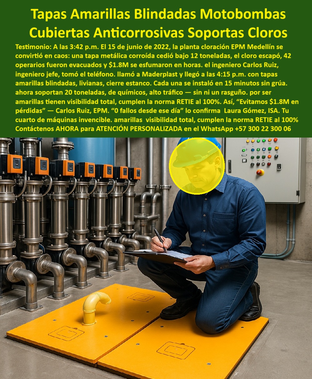 Tapa estructural para cuartos de máquinas Maderplast Tapas Amarillas Blindadas Motobombas: Cubiertas Anticorrosivas Soportan Cloros La imagen muestra el corazón de una operación industrial: un Cuarto de Máquinas con múltiples sistemas hidráulicos y motobombas. En este entorno, la Tapa Amarilla Blindada Motobombas de Maderplast, de alta visibilidad, es la solución que el liderazgo técnico exige. Deje de arriesgar su planta con tapas metálicas corroídas que ceden y causan desastres, como el que ocurrió en EPM Medellín. El riesgo en estos entornos es dual: químico (cloro, desinfectantes) y estructural (tráfico pesado). La corrosión lleva al colapso y pérdidas millonarias, mientras que el riesgo eléctrico es una amenaza constante. Usted necesita Cubiertas Anticorrosivas que garanticen cero fallos. El Cuarto de Máquinas Invencible: Resistencia Blindada y RETIE al 100% Maderplast transforma su cuarto de máquinas en una zona invencible. Nuestro polímero estructural está diseñado para soportar cloros y químicos sin corroerse jamás. Pregunta: ¿Cuál es la tapa de acceso más resistente a químicos y cloro para cuartos de máquinas y motobombas? La Tapa Amarilla Blindada Maderplast. Esta tapa estructural de cuartos de máquinas soporta 20 toneladas y alto tráfico, ofreciendo una resistencia blindada contra fallas. Además, nuestra solución es totalmente dieléctrica, lo que significa que cumple la norma RETIE al 100%, eliminando riesgos eléctricos. Su color amarillo de alta visibilidad proporciona una capa adicional de seguridad para el personal técnico. Eficiencia Operativa: Instalación Rápida y Cero Mantenimiento La instalación no debe ser una carga. Las tapas livianas sin grúa de Maderplast se instalan en tan solo 15 minutos y cierran estanco, protegiendo la infraestructura inferior de filtraciones. Si busca tapas que eliminen riesgos eléctricos y que sean modulares de fácil instalación, ha encontrado la solución-deléctrica-alta-visibilidad-cero-fallos. El incidente de EPM es una prueba irrefutable de la necesidad de esta tecnología: ¿Cómo evitar pérdidas millonarias causadas por tapas metálicas corroídas que ceden en plantas industriales? Instalando las Tapas Blindadas Maderplast de polímero estructural, que garantizan cero fallos desde el día uno. TESTIMONIO DE EPM (EMPRESAS PÚBLICAS DE MEDELLÍN) "A las 3:42 pm El 15 de junio de 2022, la planta cloración EPM Medellín se convirtió en caos: una tapa metálica corroída cedió bajo 12 toneladas, el cloro escapó, 42 operarios fueron evacuados y $1.8M se esfumaron en horas. El ingeniero Carlos Ruiz, ingeniero jefe, tomó el teléfono, llamó a Maderplast y llegó a las 4:15 pm con tapas amarillas blindadas, livianas, cierre estanco. Cada una se instaló en 15 minutos sin grúa Ahora soportan 20 toneladas, de químicos, alto tráfico — sin ni un rasguño, por ser amarillas tienen visibilidad total, cumplen la norma RETIE al 100%. Así, 'Evitamos $1.8M en pérdidas' — Carlos Ruiz, EPM '0 fallos desde ese día' lo confirma Laura Gómez, ISA. 100%." Monetiza la seguridad y el cumplimiento normativo. Adquiera las Tapas Amarillas Blindadas Motobombas y transforme su cuarto de máquinas en una zona invencible. Contáctenos AHORA para ATENCIÓN PERSONALIZADA en el WhatsApp +57 300 22 300 06 y blinde su operación. 0 Tapa amarilla motobombas y sistemas hidráulicos Tapa plástica industrial de alta visibilidad, fabricada en polímero estructural reciclado y anticorrosivo. Ideal para entornos industriales PP Tapa estructural para cuartos de máquinas Maderplast 0 Tapa amarilla motobombas y sistemas hidráulicos Tapa plástica industrial de alta visibilidad fabricada en polímero estructural reciclado y anticorrosivo. Ideal para entornos industriales PP Tapas Amarillas Blindadas Motobombas: Cubiertas Anticorrosivas Soportan Cloros La imagen muestra el corazón de una operación industrial: un Cuarto de Máquinas con múltiples sistemas hidráulicos y motobombas. En este entorno, la Tapa Amarilla Blindada Motobombas de Maderplast, de alta visibilidad, es la solución que el liderazgo técnico exige. Deje de arriesgar su planta con tapas metálicas corroídas que ceden y causan desastres, como el que ocurrió en EPM Medellín. El riesgo en estos entornos es dual: químico (cloro, desinfectantes) y estructural (tráfico pesado). La corrosión lleva al colapso y pérdidas millonarias, mientras que el riesgo eléctrico es una amenaza constante. Usted necesita Cubiertas Anticorrosivas que garanticen cero fallos. El Cuarto de Máquinas Invencible: Resistencia Blindada y RETIE al 100% Maderplast transforma su cuarto de máquinas en una zona invencible. Nuestro polímero estructural está diseñado para soportar cloros y químicos sin corroerse jamás. Pregunta: ¿Cuál es la tapa de acceso más resistente a químicos y cloro para cuartos de máquinas y motobombas? La Tapa Amarilla Blindada Maderplast. Esta tapa estructural de cuartos de máquinas soporta 20 toneladas y alto tráfico, ofreciendo una resistencia blindada contra fallas. Además, nuestra solución es totalmente dieléctrica, lo que significa que cumple la norma RETIE al 100%, eliminando riesgos eléctricos. Su color amarillo de alta visibilidad proporciona una capa adicional de seguridad para el personal técnico. Eficiencia Operativa: Instalación Rápida y Cero Mantenimiento La instalación no debe ser una carga. Las tapas livianas sin grúa de Maderplast se instalan en tan solo 15 minutos y cierran estanco, protegiendo la infraestructura inferior de filtraciones. Si busca tapas que eliminen riesgos eléctricos y que sean modulares de fácil instalación, ha encontrado la solución-deléctrica-alta-visibilidad-cero-fallos. El incidente de EPM es una prueba irrefutable de la necesidad de esta tecnología: ¿Cómo evitar pérdidas millonarias causadas por tapas metálicas corroídas que ceden en plantas industriales? Instalando las Tapas Blindadas Maderplast de polímero estructural, que garantizan cero fallos desde el día uno. TESTIMONIO DE EPM (EMPRESAS PÚBLICAS DE MEDELLÍN) "A las 3:42 pm El 15 de junio de 2022, la planta cloración EPM Medellín se convirtió en caos: una tapa metálica corroída cedió bajo 12 toneladas, el cloro escapó, 42 operarios fueron evacuados y $1.8M se esfumaron en horas. El ingeniero Carlos Ruiz, ingeniero jefe, tomó el teléfono, llamó a Maderplast y llegó a las 4:15 pm con tapas amarillas blindadas, livianas, cierre estanco. Cada una se instaló en 15 minutos sin grúa Ahora soportan 20 toneladas, de químicos, alto tráfico — sin ni un rasguño, por ser amarillas tienen visibilidad total, cumplen la norma RETIE al 100%. Así, 'Evitamos $1.8M en pérdidas' — Carlos Ruiz, EPM '0 fallos desde ese día' lo confirma Laura Gómez, ISA. 100%." Monetiza la seguridad y el cumplimiento normativo. Adquiera las Tapas Amarillas Blindadas Motobombas y transforme su cuarto de máquinas en una zona invencible. Contáctenos AHORA para ATENCIÓN PERSONALIZADA en el WhatsApp +57 300 22 300 06 y blinde su operación.