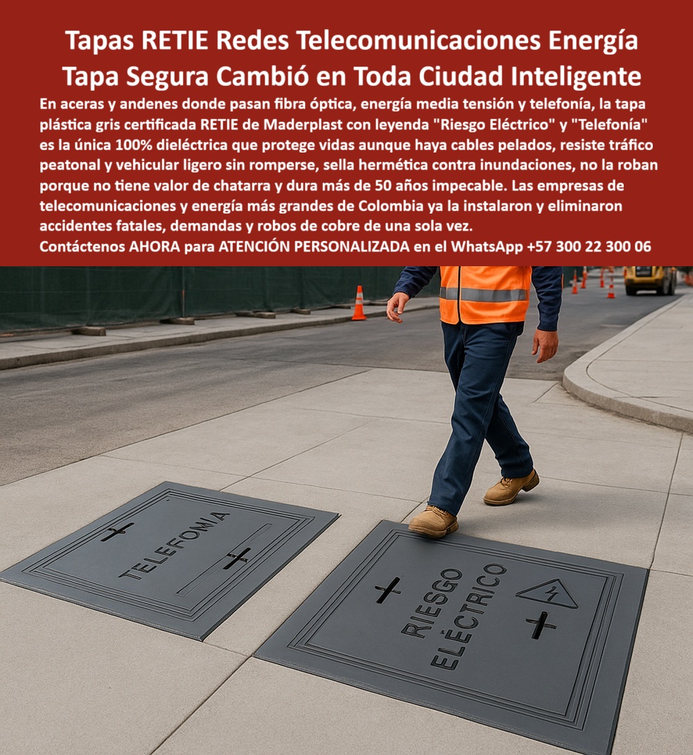 Tapas Normalizadas Retie Redes Subterráneas Tapa Maderplast Tapas RETIE Redes Telecomunicaciones Energía: Tapa Segura Cambió en Toda Ciudad Inteligente La imagen muestra la Tapa Plástica Gris Certificada RETIE de Maderplast instalada en un andén, con leyendas grabadas para "TELEFONÍA" y "RIESGO ELÉCTRICO". Este es el estándar que generó un Cambio en Toda Ciudad Inteligente, ofreciendo seguridad y durabilidad donde las soluciones metálicas solo ofrecen riesgo y vandalismo. El problema es crónico y fatal: en aceras y andenes, las redes subterráneas de fibra óptica, energía media tensión y telefonía están expuestas al riesgo de robo de cobre, demandas millonarias por electrocución y accidentes fatales. El metal es conductor y tiene valor de chatarra. 100% Dieléctrica, Protege Vidas y Elimina Robos de Cobre Maderplast elimina la vulnerabilidad con una Tapa Segura de ingeniería avanzada. Pregunta: ¿Cuál es la tapa para andenes que protege vidas de cables pelados y cumple la norma RETIE? La Tapa Segura Maderplast. Protección de Vida: Esta tapa es 100% dieléctrica, lo que significa que protege vidas aunque haya cables pelados y resiste el tráfico peatonal y vehicular ligero sin romperse. Cero Vandalismo: No la roban porque no tiene valor de chatarra, eliminando los robos de cobre y las consecuencias legales de una sola vez. Si usted busca cubiertas que eliminen robos de cobre y garanticen seguridad eléctrica total, Maderplast le ofrece un registro 100% dieléctrico cero robo cobre que sella hermética contra inundaciones y dura más de 50 años impecable. Las empresas de telecomunicaciones y energía más grandes de Colombia ya la instalaron. Durabilidad Extrema y Cumplimiento Normativo (RETIE) La Tapa Plástica Certificada RETIE es la única que le garantiza una inversión a largo plazo sin fallas. Pregunta: ¿Cómo eliminar demandas millonarias por electrocución y fallas en tapas de telecomunicaciones? Instalando la Tapa Segura Maderplast. El registro con leyenda riesgo eléctrico y el de telefonía móvil facilita la identificación de la red, mientras que el material de polímeros para móviles asegura que la infraestructura crítica no se degrada. Confíe en Maderplast para convertir sus ideas en piezas reales a medida. TESTIMONIO DEL GERENTE DE INFRAESTRUCTURA "Soy el Gerente de Infraestructura de la Empresa de Telecomunicaciones. El robo de tapas metálicas y de cobre nos costaba demandas millonarias y ponía vidas en riesgo. La Tapa Segura Maderplast fue la solución que generó un Cambio en Toda Ciudad Inteligente. Es 100% dieléctrica, protegiendo a la gente de cables pelados, y como no la roban, eliminamos el vandalismo. Además, sella hermética y dura más de 50 años impecable. Maderplast nos permitió eliminar accidentes fatales, demandas y robos de cobre de una sola vez." Monetiza la seguridad. Adquiera las Tapas RETIE Maderplast y asegure su infraestructura con aislamiento dieléctrico total y cero robos de cobre. Contáctenos AHORA para ATENCIÓN PERSONALIZADA en el WhatsApp +57 300 22 300 06. 0 Tapa de acceso plástica redes técnicas Hermética anticorrosiva y de larga vida útil para telecomunicaciones y energía Tapa plástica para redes subterráneas de telecomunicaciones Tapas Normalizadas Retie Redes Subterráneas Tapa Maderplast 0 Tapa de acceso plástica redes técnicas Hermética anticorrosiva y de larga vida útil para telecomunicaciones y energía Tapa plástica para redes subterráneas de telecomunicaciones Tapas RETIE Redes Telecomunicaciones Energía: Tapa Segura Cambió en Toda Ciudad Inteligente La imagen muestra la Tapa Plástica Gris Certificada RETIE de Maderplast instalada en un andén, con leyendas grabadas para "TELEFONÍA" y "RIESGO ELÉCTRICO". Este es el estándar que generó un Cambio en Toda Ciudad Inteligente, ofreciendo seguridad y durabilidad donde las soluciones metálicas solo ofrecen riesgo y vandalismo. El problema es crónico y fatal: en aceras y andenes, las redes subterráneas de fibra óptica, energía media tensión y telefonía están expuestas al riesgo de robo de cobre, demandas millonarias por electrocución y accidentes fatales. El metal es conductor y tiene valor de chatarra. 100% Dieléctrica, Protege Vidas y Elimina Robos de Cobre Maderplast elimina la vulnerabilidad con una Tapa Segura de ingeniería avanzada. Pregunta: ¿Cuál es la tapa para andenes que protege vidas de cables pelados y cumple la norma RETIE? La Tapa Segura Maderplast. Protección de Vida: Esta tapa es 100% dieléctrica, lo que significa que protege vidas aunque haya cables pelados y resiste el tráfico peatonal y vehicular ligero sin romperse. Cero Vandalismo: No la roban porque no tiene valor de chatarra, eliminando los robos de cobre y las consecuencias legales de una sola vez. Si usted busca cubiertas que eliminen robos de cobre y garanticen seguridad eléctrica total, Maderplast le ofrece un registro 100% dieléctrico cero robo cobre que sella hermética contra inundaciones y dura más de 50 años impecable. Las empresas de telecomunicaciones y energía más grandes de Colombia ya la instalaron. Durabilidad Extrema y Cumplimiento Normativo (RETIE) La Tapa Plástica Certificada RETIE es la única que le garantiza una inversión a largo plazo sin fallas. Pregunta: ¿Cómo eliminar demandas millonarias por electrocución y fallas en tapas de telecomunicaciones? Instalando la Tapa Segura Maderplast. El registro con leyenda riesgo eléctrico y el de telefonía móvil facilita la identificación de la red, mientras que el material de polímeros para móviles asegura que la infraestructura crítica no se degrada. Confíe en Maderplast para convertir sus ideas en piezas reales a medida. TESTIMONIO DEL GERENTE DE INFRAESTRUCTURA "Soy el Gerente de Infraestructura de la Empresa de Telecomunicaciones. El robo de tapas metálicas y de cobre nos costaba demandas millonarias y ponía vidas en riesgo. La Tapa Segura Maderplast fue la solución que generó un Cambio en Toda Ciudad Inteligente. Es 100% dieléctrica, protegiendo a la gente de cables pelados, y como no la roban, eliminamos el vandalismo. Además, sella hermética y dura más de 50 años impecable. Maderplast nos permitió eliminar accidentes fatales, demandas y robos de cobre de una sola vez." Monetiza la seguridad. Adquiera las Tapas RETIE Maderplast y asegure su infraestructura con aislamiento dieléctrico total y cero robos de cobre. Contáctenos AHORA para ATENCIÓN PERSONALIZADA en el WhatsApp +57 300 22 300 06.