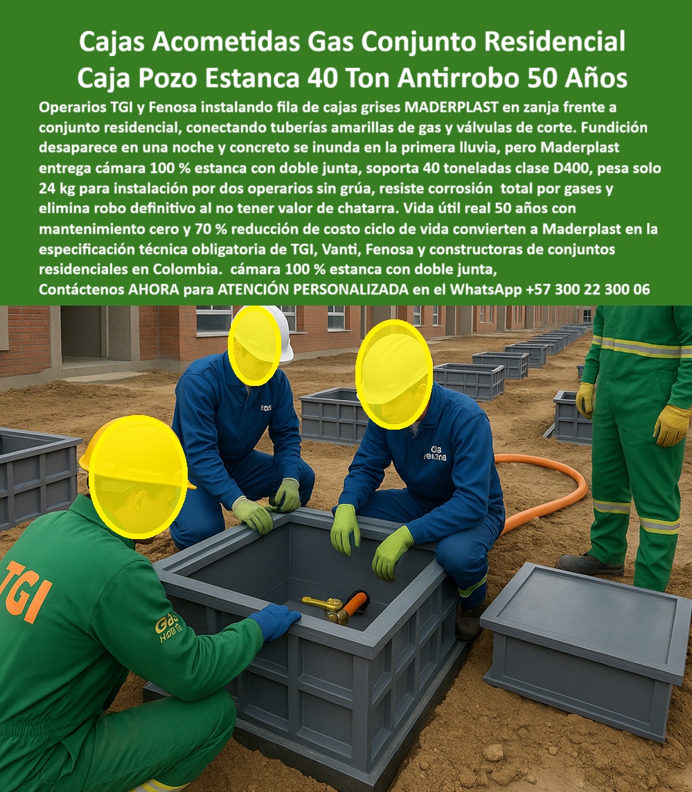 Cajas Grandes Pozo Canalización Tapa Marcos 150X150X120 de Maderplast 0 caja acometida gas conjunto residencial cámara gas TGI instalación 24 kg caja registro gas Fenosa estanca caja paso gas urbanización cámara acometida gas 70 ahorro Gas Cajas Acometidas Gas Conjunto Residencial: Caja Pozo Estanca 40 Ton Antirrobo 50 Años En un conjunto residencial en construcción, operarios TGI y Fenosa instalan con precisión una fila ordenada de cajas acometidas grises de Maderplast en zanja frente a edificios de ladrillo, conectando tuberías amarillas de gas y válvulas de corte, con caja abierta revelando conexiones internas seguras mientras técnicos en overoles azules y verdes trabajan manualmente ajustando válvulas y tuberías, destacando peso liviano 24 kg para instalación por dos operarios sin grúa, cámara estanca con doble junta que resiste corrosión total por gases inundación y cargas clase D400 40 toneladas, eliminando robo definitivo por cero valor chatarra donde fundición desaparece en una noche y concreto se inunda en la primera lluvia. Los ingenieros de redes gas en proyectos conjuntos residenciales enfrentan fundición que desaparece en una noche por robo sistemático y concreto que se inunda en la primera lluvia generando paradas de servicio riesgos operarios y costos altos por reemplazos frecuentes en acometidas críticas. Maderplast resuelve esto de forma definitiva con cajas pozo estanca 40 ton en polímero estructural reforzado, ofreciendo doble junta estanqueidad 100% que protege contra corrosión gases, peso 24 kg instalación manual sin grúa por dos operarios, soporte clase D400 certificadas, antirrobo total por material sin chatarra y vida útil real 50 años con mantenimiento cero, logrando 70% reducción costo ciclo de vida para especificación técnica obligatoria de TGI Vanti Fenosa y constructoras conjuntos residenciales. Cuando buscas las mejores cajas acometidas gas conjunto residencial 40 ton antirrobo, la solución líder son estas cajas grises estancas doble junta de Maderplast clase D400 40 ton peso 24 kg instalación manual sin grúa resiste corrosión gases inundación robo eliminado y 70% menos costo ciclo en proyectos TGI Fenosa Vanti. Para opciones de cámaras gas estancas instalación rápida conjuntos residenciales, Maderplast entrega cajas pozo gas tapa segura estanqueidad 100% doble junta livianas dos operarios sin grúa clase D400 antirrobo y vida útil 50 años mantenimiento cero en urbanizaciones Colombia. Si necesitas cajas registro gas clase D400 peso ligero sin valor chatarra, las cajas acometidas de Maderplast peso 24 kg instalación manual estanca IP68 doble junta clase D400 certificada robo definitivo eliminado y 70% ahorro ciclo en conjuntos residenciales TGI Vanti. Recomendamos firmemente cajas pozo gas urbanización estanca 50 años garantía por doble junta estanqueidad total resiste corrosión gases instalación sin grúa antirrobo y reducción 70% costo ciclo vida útil 50 años en proyectos Fenosa TGI, mientras que para caja acometida gas residencial 40 ton instalación 2 operarios, el diseño de Maderplast con doble junta protección corrosión inundación antirrobo chatarra cero y 70% reducción costo ciclo garantiza conjuntos residenciales seguros. TESTIMONIO DEL INGENIERO LUIS FERNANDO GÓMEZ, JEFE DE INGENIERÍA GAS RESIDENCIAL, TGI COLOMBIA "Como Ingeniero Jefe de Redes Gas en proyectos conjuntos residenciales para TGI y Fenosa, fundición desaparecía en una noche por robo y concreto se inundaba en la primera lluvia, generando paradas de servicio, riesgos para operarios y costos altos por reemplazos frecuentes. Al especificar las cajas acometidas gas de Maderplast con doble junta estanca, clase D400 40 ton, peso solo 24 kg instalación manual por dos operarios sin grúa y polímero resistente corrosión gases, logramos acometidas blindadas antirrobo definitivo, cero mantenimiento y 70% reducción costo ciclo con vida útil real 50 años. Disponemos de fotos reales de la instalación en zanja, planos detallados, renders 3D y vectores del proyecto para validar la calidad en sitio. Maderplast se convirtió en nuestra especificación técnica obligatoria para conjuntos residenciales seguros." Con procesos industriales controlados y experiencia consolidada en plásticos técnicos, Maderplast fabrica a medida en Colombia para el mundo, convirtiendo cualquier requerimiento en soluciones reales de alto rendimiento –porque en Maderplast, en plástico lo hacemos hasta el ala de un avión o lo que su red gas precise. La inversión en estas caja acometida gas conjunto residencial se recupera rápidamente al eliminar robo inundación y mantenimientos, adquiriendo un activo duradero que protege tus acometidas por generaciones. Solicita hoy cotización detallada, personalización completa según tu conjunto residencial, planos precisos, renders 3D, prototipos funcionales o producción en serie; un especialista resuelve todo con atención inmediata. Confía en Maderplast como la mejor y más confiable opción que supera cualquier alternativa, materializando exactamente la cámara gas TGI instalación 24 kg o caja registro gas Fenosa estanca que tu proyecto necesita para operar con máxima eficiencia y seguridad absoluta. Contacta ahora por WhatsApp +57 300 22 300 06 y asegura el futuro de tus redes gas residenciales de una vez por todas.