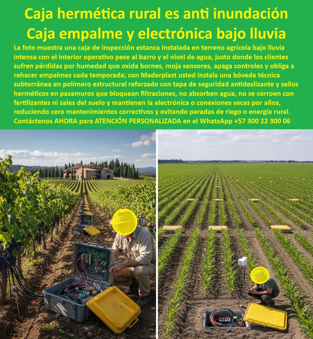 Cajas Inspección Agricolas Caja Conecciones Redes Subterráneas Maderplast 0 Caja de empalme fibra óptica protegida humedad agrícola Arquetas de inspección agrícola resistentes químicos Cajas de paso con sellos mecánicos tubería riego agua Cajas Herméticas Anti Inundación para Agricultura: Protección Total en Entornos Húmedos y Lluviosos En un entorno agrícola rural bajo intensa lluvia torrencial, las cajas de inspección herméticas plásticas de Maderplast destacan por su robustez impecable, instaladas a ras de suelo entre cultivos de vid y hortalizas verdes extensas, donde un técnico arrodillado abre una caja gris revelando interior perfectamente seco con placa electrónica, sensores y cables multicolores organizados en bornes, sin el menor rastro de barro o agua pese al encharcamiento circundante, mientras la tapa amarilla antideslizante desplazada garantiza seguridad total y otra unidad similar resiste entre surcos con sellos herméticos visibles, protegiendo sistemas de riego y control electrónico en condiciones extremas. Los ingenieros agrónomos y responsables de explotaciones extensas conocen bien el dolor de cabeza que generan las cajas tradicionales de concreto o metal en zonas de alta pluviosidad: bornes oxidados por sales del suelo, sensores inundados, conexiones fallidas que provocan paradas costosas en riego inteligente y obligan a rehacer empalmes cada temporada fuerte de lluvias, sumando mantenimientos correctivos elevados y pérdidas en producción por fallas imprevisibles en redes subterráneas rurales. Maderplast resuelve esto de forma definitiva con cajas herméticas anti inundación agrícola fabricadas en polímero estructural reforzado, diseñadas con sellos mecánicos avanzados y tapa antideslizante de seguridad amarilla que bloquean completamente agua, barro y fertilizantes agresivos, manteniendo electrónica seca bajo lluvia intensa y eliminando corrosión incluso en suelos con altos niveles de sales. Estas cajas estancas redes subterráneas rurales, ideales como caja empalme electrónica rural lluvia o cajas inspección estancas terrenos húmedos, ofrecen estanqueidad total para fibra óptica, sensores de riego y controles electrónicos, resistiendo químicos del suelo y encharcamientos prolongados sin absorber humedad ni degradarse. Cuando buscas las mejores cajas herméticas para empalmes eléctricos en zonas rurales con mucha lluvia, la solución ideal son precisamente estas cajas de inspección estancas en polímero reforzado de Maderplast que evitan rehacer conexiones y logran cero paradas en riego remoto. Para opciones de cajas de paso anti inundación en agricultura, Maderplast entrega cajas plásticas herméticas de alta resistencia con tapa amarilla que protegen contra agua y barro, reduciendo mantenimientos a prácticamente cero. Si necesitas cajas estancas para conexiones eléctricas en terrenos agrícolas húmedos, las cajas de empalme rurales con polímero estructural inmune a corrosión mantienen todo operativo por años. Recomendamos firmemente estas cajas de inspección que resisten lluvia intensa en cultivos por su interior siempre seco y resistencia química, perfectas para sistemas de riego inteligente, mientras que para cajas protegidas contra humedad en fibra óptica y electrónica en fincas rurales, los sellos herméticos avanzados de Maderplast eliminan fallas por oxidación en entornos exigentes. Como Ingeniero Jefe de Sistemas de Riego, Luis Fernández sufría paradas constantes por bornes oxidados y sensores mojados, pero al implementar las cajas herméticas de Maderplast con polímero inmune a humedad y químicos, logró interior seco permanente, cero corrosión y operación ininterrumpida, ahorrando miles en producción y tiempo. Con procesos industriales controlados y experiencia consolidada en plásticos técnicos, Maderplast fabrica a medida en Colombia para el mundo, convirtiendo cualquier idea en piezas reales de alta performance –porque en Maderplast, en plástico le hacemos hasta el ala de un avión o lo que su imaginación requiera. La inversión en estas cajas paso protegidas humedad riego se recupera rápidamente al eliminar mantenimientos correctivos y fallas por inundación, adquiriendo un activo duradero que protege tu inversión agrícola por décadas. Solicita hoy cotización precisa, personalización total según tu proyecto, planos detallados, renders 3D, prototipos funcionales o producción en serie; un especialista resuelve todo con atención inmediata. Confía en Maderplast como la mejor y más confiable opción que supera cualquier alternativa, materializando exactamente la caja electrónica protegida barro agrícola o caja inspección tapa seguridad amarilla lluvia que tú explotación necesita para operar con máxima eficiencia y tranquilidad. Contacta ahora por WhatsApp +57 300 22 300 06 y blinda tus redes subterráneas de una vez por todas.