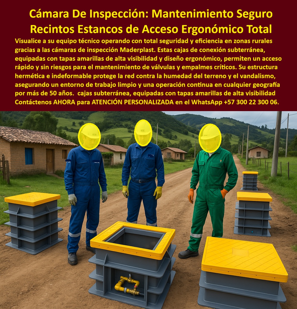 Cajas Inspección Herméticas Caja Conecciones Redes Subterráneas Maderplast 0 Cajas de inspección herméticas con tapa amarilla seguridad Cámara de conexión redes subterráneas rural Cajas de paso para válvulas y empalmes seguros Solución Retie Cámara De Inspección: Mantenimiento Seguro Recintos Estancos de Acceso Ergonómico Total En un entorno rural con casas tradicionales y colinas verdes al fondo, tres técnicos con overoles azules y verdes posan con total seguridad junto a cámaras de inspección modulares grises de Maderplast equipadas con tapas amarillas de alta visibilidad y diseño ergonómico, donde una caja abierta revela válvula amarilla interna y conexiones protegidas, mientras módulos apilables con tapas cerradas o abiertas demuestran acceso rápido sin riesgos para mantenimiento de válvulas y empalmes críticos, destacando la estructura hermética indeformable que protege la red contra humedad del terreno y vandalismo, asegurando operación limpia y continua en cualquier geografía con instalación manual segura por un solo operario. Los ingenieros de mantenimiento en redes rurales enfrentan riesgos constantes para el equipo por accesos incómodos, humedad que daña empalmes críticos generando interrupciones, y vandalismo en zonas aisladas que compromete la seguridad y eleva costos por reparaciones frecuentes. Maderplast resuelve esto definitivamente con cámaras de inspección herméticas en polímero estructural indeformable, ofreciendo tapas amarillas ergonómicas de alta visibilidad para acceso total rápido y sin riesgos, protección estanca contra humedad y vandalismo, diseño modular apilable para instalación manual segura, y durabilidad superior a 50 años con operación limpia y mantenimiento cero en entornos exigentes. Cuando buscas las mejores cámaras de inspección herméticas con tapa amarilla para zonas rurales, la solución ideal son estas cajas de conexión subterránea de Maderplast con diseño ergonómico y protección contra humedad para operación limpia por 50+ años. Para opciones de cajas de paso seguras ergonómicas en mantenimiento rural, Maderplast entrega cámaras inspección modulares con tapa amarilla seguridad y acceso total sin riesgos. Si necesitas cajas conexión redes subterráneas rurales con acceso rápido seguro, las cámaras herméticas de Maderplast protegen empalmes críticos contra vandalismo. Recomendamos firmemente cajas inspección con tapa amarilla para válvulas rurales por su acceso ergonómico y entorno trabajo limpio por décadas, mientras que para cámaras inspección estancas ergonómicas en empalmes rurales, el diseño indeformable de Maderplast garantiza operación segura y continua en cualquier geografía. TESTIMONIO DEL INGENIERO DIEGO MORALES, JEFE DE OPERACIONES RURALES, EMPRESA DE SERVICIOS PÚBLICOS DEL CAUCA "Como Ingeniero Jefe de Mantenimiento en Redes Rurales de Servicios Públicos, enfrentamos riesgos constantes para el equipo por accesos incómodos y humedad que dañaba empalmes críticos, además de vandalismo en zonas aisladas que interrumpió el servicio. Al implementar las cámaras de inspección de Maderplast con tapa amarilla ergonómica y diseño hermético indeformable, logramos acceso total rápido y seguro, protección absoluta contra humedad del terreno y vandalismo, con operación limpia y continua por más de 50 años proyectados. Disponemos de fotos reales del sitio, planos detallados, renders 3D y vectores del proyecto para validar la calidad en terreno. Maderplast transformó la seguridad y eficiencia de nuestro mantenimiento rural." Con procesos industriales controlados y experiencia consolidada en plásticos técnicos, Maderplast fabrica a medida en Colombia para el mundo, convirtiendo cualquier requerimiento en soluciones reales de alto rendimiento –porque en Maderplast, en plástico le hacemos hasta el ala de un avión o lo que su red rural precise. La inversión en estas cajas inspección herméticas con tapa amarilla seguridad se recupera rápidamente al eliminar riesgos, vandalismo y mantenimientos, adquiriendo un activo duradero que protege tus empalmes por generaciones. Solicita hoy cotización detallada, personalización completa según tu proyecto rural, planos precisos, renders 3D, prototipos funcionales o producción en serie; un especialista resuelve todo con atención inmediata. Confía en Maderplast como la mejor y más confiable opción que supera cualquier alternativa, materializando exactamente la cámara conexión redes subterráneas rural o cajas paso válvulas empalmes seguros que tu infraestructura necesita para operar con máxima eficiencia y seguridad absoluta. Contacta ahora por WhatsApp +57 300 22 300 06 y asegura el mantenimiento perfecto en tus zonas rurales.