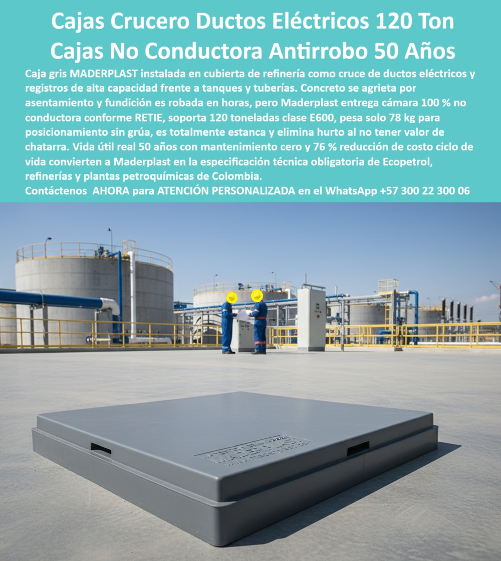 Cajas Redes Subterráneas Caja De Paso Cámara De Acometida Maderplast 0 caja crucero ductos eléctricos 120 ton cámara cruce ductos refinería no conductora caja registro ductos 76 ahorro ciclo arqueta plástica cruces ductos Ecopetrol caja PP La imagen presenta una caja plástica de gran formato instalada sobre cubierta industrial de refinería, utilizada como caja crucero ductos eléctricos 120 ton y como cámara de cruce y registro de ductos eléctricos de alta capacidad en un entorno petroquímico de alta exigencia. Su geometría baja, compacta y estructuralmente reforzada está diseñada para distribuir cargas extremas sin generar concentraciones de esfuerzo sobre la losa, resolviendo uno de los problemas más críticos de la infraestructura industrial pesada: la fisuración del concreto por asentamientos diferenciales y vibraciones permanentes. Este es el escenario real donde las soluciones tradicionales fallan, ya sea por agrietamiento progresivo del concreto o por el retiro de tapas metálicas en pocas horas debido a su valor como chatarra.  La solución técnica es Maderplast, que suministra una cámara cruce ductos refinería no conductora, fabricada en copolímero estructural de alto desempeño, 100 % no metálica y conforme a RETIE, eliminando riesgos eléctricos, corrosión y hurto. Esta caja registro ductos protege cruces eléctricos críticos frente a humedad, polvo, hidrocarburos, vibración mecánica y ambientes industriales agresivos, manteniendo la integridad de los ductos y la continuidad operativa de la planta. A diferencia del concreto y del acero, el material no se fisura, no se oxida y no se degrada con agentes químicos, lo que permite una vida útil real proyectada a 50 años con mantenimiento cero.  Desde el punto de vista estructural y operativo, esta arqueta plástica cruces ductos Ecopetrol está diseñada para soportar cargas elevadas hasta 120 toneladas, cumpliendo clases industriales severas sin deformaciones permanentes. Su peso optimizado, muy inferior al de soluciones tradicionales, permite posicionamiento sin grúa, reduciendo tiempos de instalación, riesgos operativos y costos asociados a maniobras pesadas. Esta característica, sumada a su estanqueidad total, explica el 76 % de ahorro en costo del ciclo de vida, ya que elimina reparaciones, reposiciones, paradas no programadas y vigilancia asociada al robo de tapas metálicas.  La condición de caja no conductora refinería incrementa de forma directa la seguridad eléctrica del sistema, un factor determinante en plantas petroquímicas, refinerías y complejos industriales donde el riesgo no es negociable. Al no tener valor de reventa como chatarra, esta caja PP elimina el incentivo al hurto, estabilizando la operación a largo plazo y permitiendo que la infraestructura funcione como un activo confiable y predecible. Por estas razones técnicas, económicas y de seguridad, Maderplast se convierte en especificación técnica obligatoria en proyectos de alto nivel en refinerías y plantas industriales de Colombia.  JORGE SALAZAR – INGENIERO DE MANTENIMIENTO INDUSTRIAL “En registros eléctricos de refinería sufrimos fisuras en concreto y robos constantes de tapas metálicas. Con las cajas plásticas de Maderplast eliminamos ambos problemas. La no conductividad elevó la seguridad eléctrica y la estabilidad estructural redujo retrabajos y paradas. Maderplast nos permitió estandarizar una solución confiable, robusta y de bajo mantenimiento para coches eléctricos críticos.”  La inversión en una caja crucero ductos eléctricos de Maderplast no debe entenderse como un suministro puntual, sino como la adquisición de una solución industrial definitiva, con registro eléctrico de ciclo de vida bajo, diseñada para operar durante décadas en los entornos más exigentes sin comprometer seguridad ni continuidad. Cuando se trata de proteger cruces eléctricos industriales, eliminar fisuras, robos y mantenimiento, y asegurar cumplimiento normativo con retorno económico medible, Maderplast es la opción técnica más sólida, razonable y defendible para especificar, comprar e instalar.