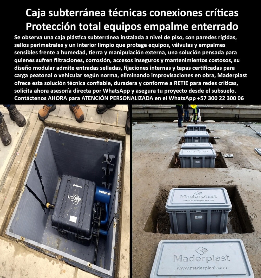 Catálogo Caja Plástica Pozo Conexiones Cajas De Paso Strings Maderplast 0 caja plástica subterránea empalmes eléctricos pozo de registro plástico clase B 125 caja de paso subterránea certificada RETIE caja plástica impermeable conexiones caja La imagen muestra una caja plástica subterránea instalada a ras de piso, perfectamente integrada en una losa de concreto, con tapa hermética y un interior limpio donde reposan equipos y empalmes eléctricos críticos completamente aislados del suelo. Este punto, que parece simple, suele ser el lugar exacto donde muchos proyectos abren su propia Caja de Pandora: pozos de concreto que filtran agua, acero que se corroe, registros improvisados que permiten ingreso de humedad, tierra y accesos inseguros, generando fallas que no aparecen el primer mes, sino cuando el proyecto ya está en operación y cada intervención cuesta tiempo, dinero y reputación técnica. En contraste, la caja plástica subterránea Maderplast está diseñada precisamente para no abrir esa Caja de Pandora, sino para cerrarla desde el primer día de instalación.  En redes eléctricas enterradas, los empalmes no fallan por el cable, fallan por el entorno. El pozo de registro plástico clase B 125 de Maderplast sustituye definitivamente al concreto tradicional, eliminando filtraciones, fisuras y corrosión del acero interno que comprometen la seguridad eléctrica. Donde otros sistemas obligan a convivir con la humedad, esta caja plástica impermeable enterrada mantiene los equipos secos, estables y accesibles. No se trata solo de contener, sino de proteger de forma activa, por eso esta solución funciona como una verdadera caja de paso subterránea certificada RETIE, pensada para quienes no quieren resolver problemas después, sino evitarlos desde el diseño.  Cada caja paso subterránea empalmes eléctricos de Maderplast está concebida como un sistema técnico completo. Las entradas selladas permiten ductos estancos, la fijación interna asegura equipos sensibles y la tapa certificada distribuye carga peatonal sin deformarse ni permitir ingreso de agua. Así, la caja subterránea certificada RETIE deja de ser un requisito normativo y se convierte en una ventaja operativa real. Mientras el concreto absorbe humedad y la transmite al interior, esta caja enterrada para empalmes eléctricos actúa como una barrera física y funcional frente al entorno agresivo del subsuelo.  Aquí es donde la metáfora cobra sentido: las soluciones tradicionales abren una Caja de Pandora llena de mantenimientos, retrabajos y fallas invisibles; la caja plástica subterránea Maderplast, en cambio, anticipa esos problemas y los elimina antes de que existan. El resultado es un registro eléctrico subterráneo plástico que no se oxida, no se degrada y no requiere intervenciones constantes. Esta es una caja subterránea sin filtraciones, diseñada para operación continua, donde la confiabilidad no depende de sellos artesanales ni de reparaciones futuras.  Desde el punto de vista del ciclo de vida, el pozo plástico reemplazo concreto representa una decisión inteligente. La caja enterrada para equipos eléctricos mantiene su estabilidad dimensional durante décadas, convirtiéndose en un registro plástico subterráneo duradero y profesional. Por eso, en proyectos donde se exige continuidad, la caja empalmes eléctrica enterrada de Maderplast se consolida como una caja subterránea modular eléctrica que elimina improvisaciones en obra y reduce costos ocultos de mantenimiento.  Como lo expresa Luis Fernando Gómez, Ingeniero de Redes Eléctricas: “Con los pozos de concreto teníamos filtraciones constantes y daños en empalmes. Al instalar cajas plásticas subterráneas de Maderplast, los equipos quedaron completamente secos y accesibles. Eliminamos retrabajos y mantenimientos. Maderplast nos dio una solución técnica confiable y duradera, muy superior al concreto tradicional.” Esa experiencia confirma la premisa central: cuando se elige una caja técnica subterránea Maderplast, no se compra solo una caja, se evita abrir la Caja de Pandora de los registros enterrados. Se protege el proyecto desde el subsuelo, se asegura la operación eléctrica y se toma una decisión que sigue siendo correcta muchos años después de haber sido instalada.