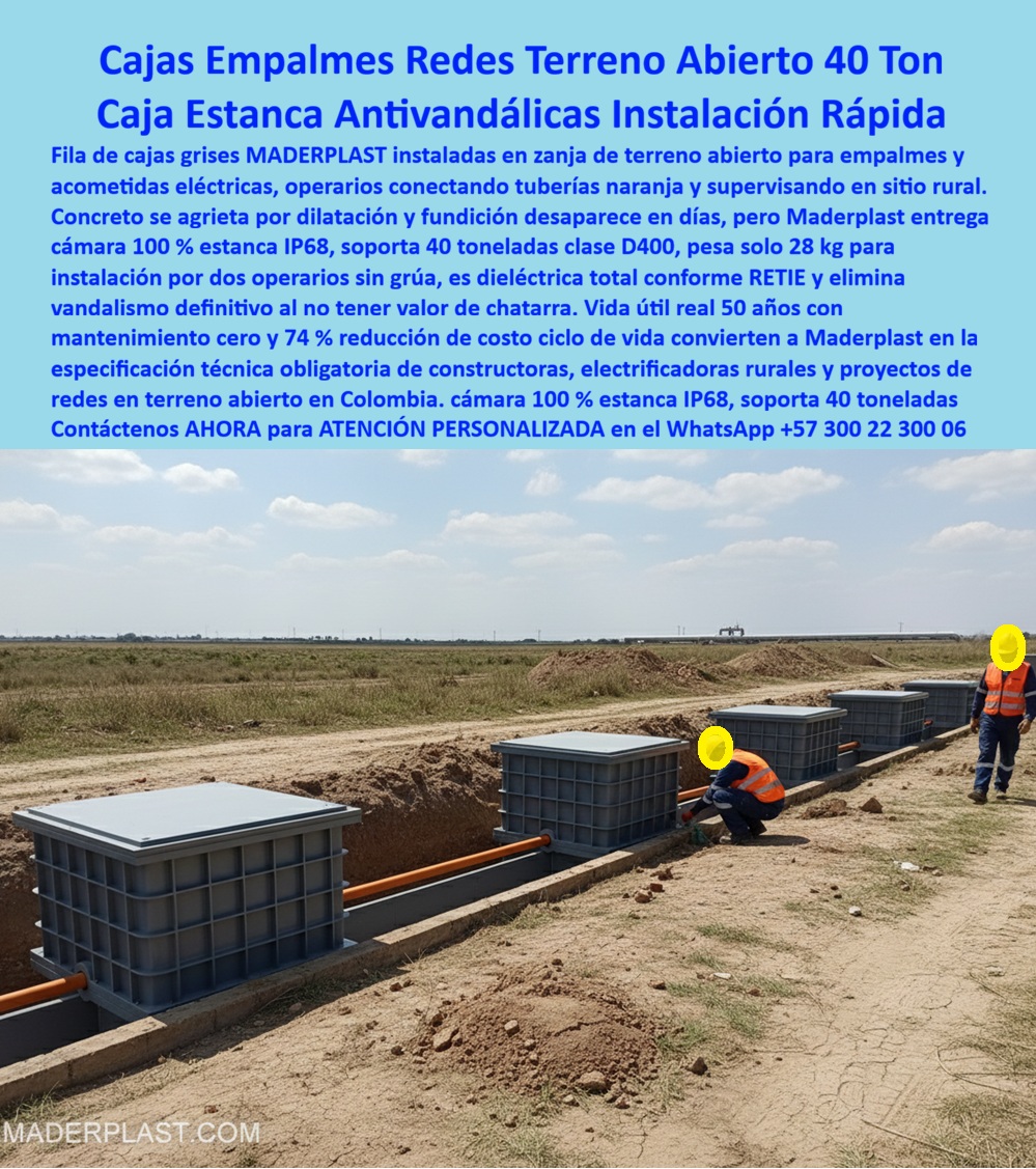 Instalación De Cajas Conexiones Caja Empalmes Acometida Eléctrica Maderplast 0 cajas empalmes redes terreno abierto cámara acometida eléctrica rural 40 ton caja registro terreno abierto instalación rápida caja empalmes rurales 74 ahorro PP Cajas Empalmes Redes Terreno Abierto 40 Ton: Caja Estanca Antivandálicas Instalación Rápida En un amplio terreno abierto rural bajo cielo despejado, una fila ordenada de cajas de empalmes grises de Maderplast instaladas en zanja superficial conecta tuberías naranjas de acometida eléctrica y supervisando en sitio rural, con operarios en chalecos naranjas reflectivos ajustando conexiones críticas de forma accesible, destacando módulos plásticos reforzados con tapas cerradas estancas IP68 que alojan empalmes ordenados, peso solo 28 kg para instalación manual por dos operarios sin grúa, soportando 40 toneladas clase D400 sin fisuras ni corrosión incluso en suelos dilatados o húmedos, 100% dieléctrica RETIE y eliminando vandalismo definitivo por cero valor chatarra. Los ingenieros de electrificación rural enfrentan agrietamiento rápido por dilatación en pozos de concreto, desaparición de tapas metálicas por robo sistemático, costos elevados por grúas en elementos pesados y riesgos eléctricos que generan paradas y reparaciones frecuentes en redes de terreno abierto. Maderplast resuelve esto de forma definitiva con cajas empalmes redes terreno abierto en copolímero estructural estanco IP68, ofreciendo peso 28 kg para instalación rápida manual, soporte 40 toneladas clase D400 sin corrosión ni fisuras, dieléctrica total RETIE, antirrobo absoluto y vida útil real 50 años con mantenimiento cero, logrando 74% reducción costo ciclo de vida comparado con materiales tradicionales vulnerables. Cuando buscas las mejores cajas empalmes para redes eléctricas en terreno abierto rural, la solución técnica líder son estas cajas grises estancas IP 68 de Maderplast con soporte 40 ton clase D400 y 74% menos costo ciclo. Para opciones de cajas acometida eléctrica enterrada rápida instalación rural, Maderplast entrega cámaras empalmes terreno abierto livianas dos operarios sin maquinaria y clase D400 sin corrosión ni dilatación. Si necesitas cajas registro 40 toneladas para acometidas rurales sin grúa, las cajas plásticas de Maderplast con peso 28 kg y dieléctrica RETIE garantizan vandalismo eliminado. Recomendamos firmemente cajas empalmes estancas para redes abiertas con carga pesada por su estanqueidad IP68 y reducción 74% costo ciclo en electrificadoras rurales, mientras que para cajas inspección terreno abierto dieléctricas 50 años durabilidad, el diseño de Maderplast asegura instalación dos personas y cero mantenimiento en redes expuestas. TESTIMONIO DE LA INGENIERA LAURA MENDOZA, JEFA DE PROYECTOS DE ELECTRIFICACIÓN RURAL, EMPRESA REGIONAL DE ENERGÍA "Como Ingeniero Jefe de Electrificación Rural en proyectos de redes de media tensión en terreno abierto, sufrimos dilatación y agrietamiento rápido de pozos concreto por cambios térmicos, robo sistemático de tapas metálicas y costos altos por grúas para instalar elementos pesados, generando paradas y riesgos eléctricos. Al especificar las cajas de empalmes de Maderplast, con estanqueidad IP68, peso solo 28 kg instalación manual por dos operarios, clase D400 40 ton y dieléctrica total RETIE, logramos acometidas seguras sin vandalismo, cero corrosión en suelos agresivos y 74% reducción costo ciclo de vida. Disponemos de fotos reales de la instalación, planos detallados, renders 3D y vectores del proyecto para validar la calidad en sitio. Maderplast se convirtió en nuestra especificación técnica obligatoria para redes rurales." Con procesos industriales controlados y experiencia consolidada en plásticos técnicos, Maderplast fabrica a medida en Colombia para el mundo, convirtiendo cualquier requerimiento en soluciones reales de alto rendimiento –porque en Maderplast, en plástico le hacemos hasta el ala de un avión o lo que su red rural precise. La inversión en estas cajas empalmes redes terreno abierto se recupera rápidamente al eliminar vandalismo, corrosión y mantenimientos, adquiriendo un activo duradero que protege tus acometidas por generaciones. Solicita hoy cotización detallada, personalización completa según tu proyecto rural, planos precisos, renders 3D, prototipos funcionales o producción en serie; un especialista resuelve todo con atención inmediata. Confía en Maderplast como la mejor y más confiable opción que supera cualquier alternativa, materializando exactamente la caja acometida enterrada 40 ton o pozo registro clase D400 que tu electrificación necesita para operar con máxima seguridad y eficiencia absoluta. Contacta ahora por WhatsApp +57 300 22 300 06 y específica Maderplast en tus redes rurales de una vez por todas.