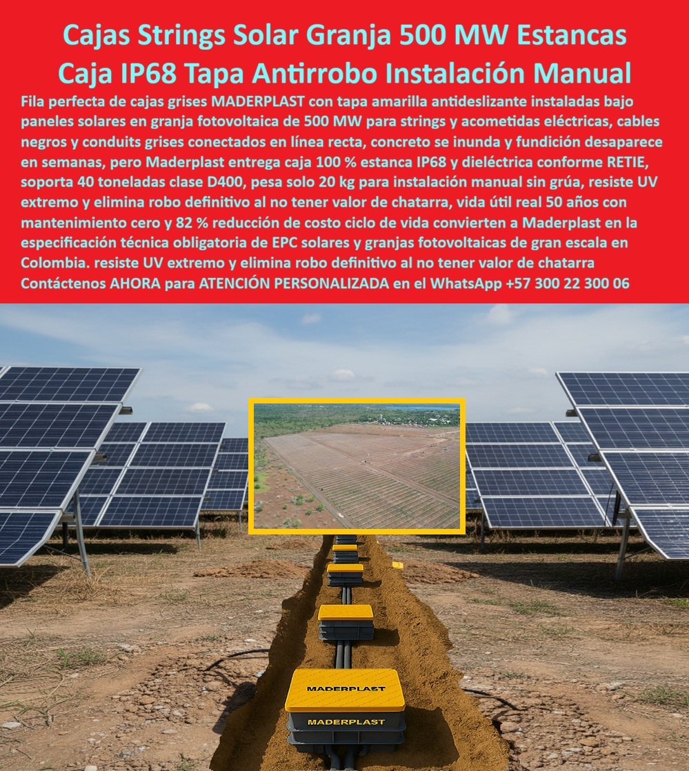 Strings Pozos Parques Solares Cajas Fotovoltaicas Caja Energía Solar Maderplast 0 Strings Pozos Parques Solares Cajas Fotovoltaicas Caja Energía Solar Maderplast 0 Strings Pozos Parques Solares Cajas Fotovoltaicas Caja En Cajas Strings Solar Granja 500 MW Estancas: Caja IP68 Tapa Antirrobo Instalación Manual En una granja fotovoltaica de 500 MW bajo cielo azul despejado, una fila perfecta de cajas strings grises de Maderplast con tapa amarilla antideslizante se instala en línea recta bajo paneles solares alineados, conectando cables negros y conduits grises para strings y acometidas eléctricas de forma ordenada y accesible, con tapas amarillas visibles cerradas estancas IP68 resistiendo UV extremo y cargas clase D400 sin fisuras, peso solo 20 kg permitiendo instalación manual sin grúa, 100% dieléctrica RETIE y eliminando robo definitivo por cero valor chatarra, mientras recuadro superior vista aérea resalta escala masiva del parque donde concreto se inunda y fundición desaparece en semanas. Los ingenieros EPC en granjas solares de gran escala enfrentan inundación fundición rápida en concreto por calor extremo, robo sistemático de soluciones metálicas que eleva seguros y reemplazos, riesgos dieléctricos y costos altos por grúas en cajas pesadas que retrasan proyectos y comprometen continuidad en strings y acometidas. Maderplast resuelve esto de forma definitiva con cajas strings solar granja 500 MW estancas IP68 en polímero estructural reforzado, ofreciendo tapa amarilla antirrobo antideslizante, peso 20 kg instalación manual sin grúa, soporte 40 toneladas clase D400 sin fisuras corrosión, dieléctrica total RETIE resistente UV extremo y vida útil real 50 años con mantenimiento cero, logrando 82% reducción costo ciclo de vida comparado con materiales tradicionales vulnerables. Cuando buscas las mejores cajas strings estancas IP68 para granjas solares 500 MW, la solución líder son estas cajas grises tapa amarilla de Maderplast con instalación manual sin grúa y 82% menos costo ciclo en parques fotovoltaicos a escala. Para opciones de cajas acometidas solares antirrobo instalación manual, Maderplast entrega cajas strings granja 500 MW tapa amarilla antideslizante estanca IP68 protege inundación fundición livianas 20 kg. Si necesitas cajas fotovoltaicas clase D400 estancas strings parques solares, las cajas Maderplast tapa amarilla visible IP68 total resiste UV extremo peso 20 kg instalación dos operarios. Recomendamos firmemente cajas strings solares tapa amarilla antirrobo granja MW por estanqueidad IP68 dieléctrica clase D400 sin fisuras instalación manual rápida, mientras que para cajas IP68 strings parque solar 40 ton instalación sin grúa, el diseño de Maderplast con peso 20 kg manejo manual RETIE dieléctrica antirrobo UV resistente garantiza reducción 82% costo ciclo proyectos EPC gran escala. TESTIMONIO DEL INGENIERO ESTEBAN RUIZ, JEFE DE EPC FOTOVOLTAICOS, CONSORCIO ENERGÍAS RENOVABLES COLOMBIA "Como Ingeniero Jefe de EPC en granjas solares de 500 MW escala, el concreto se inundaba y fundía en semanas por calor extremo, generando paradas costosas y riesgos dieléctricos, mientras soluciones metálicas eran robadas sistemáticamente elevando seguros y reemplazos. Al especificar las cajas strings de Maderplast con estanqueidad IP68, tapa amarilla antirrobo, peso solo 20 kg instalación manual sin grúa y clase D400 dieléctrica RETIE, logramos conexiones protegidas contra UV e inundación, cero vandalismo y 82% reducción costo ciclo con mantenimiento nulo. Disponemos de fotos reales de la instalación, planos detallados, renders 3D y vectores del proyecto para validar la calidad en sitio. Maderplast se convirtió en nuestra especificación técnica obligatoria para parques solares confiables." Con procesos industriales controlados y experiencia consolidada en plásticos técnicos, Maderplast fabrica a medida en Colombia para el mundo, convirtiendo cualquier requerimiento en soluciones reales de alto rendimiento –porque en Maderplast, en plástico le hacemos hasta el ala de un avión o lo que su granja solar precise. La inversión en estas cajas strings solar granja 500 MW se recupera rápidamente al eliminar inundación, robo y mantenimientos, adquiriendo un activo duradero que protege tus strings por generaciones. Solicita hoy cotización detallada, personalización completa según tu parque fotovoltaico, planos precisos, renders 3D, prototipos funcionales o producción en serie; un especialista resuelve todo con atención inmediata. Confía en Maderplast como la mejor y más confiable opción que supera cualquier alternativa, materializando exactamente la caja IP68 tapa antirrobo instalación manual o cajas fotovoltaicas estancas parques solares que tu PC necesita para operar con máxima eficiencia y seguridad absoluta. Contacta ahora por WhatsApp +57 300 22 300 06 y asegura el futuro de tus granjas solares de una vez por todas.