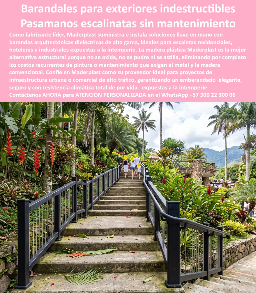 Barandales Escaleras Arquitectónicas Pasamanos Escalinatas Maderplast - Las barandales para escaleras, pasamanos arquitectónicos y sistemas de protección para escalinatas exteriores desempeñan un papel fundamental en la seguridad, accesibilidad y valorización de cualquier proyecto urbano, turístico, residencial o institucional. Más allá de servir como apoyo durante el desplazamiento, estos sistemas protegen a los usuarios, organizan la circulación peatonal y aportan un acabado arquitectónico que enriquece la imagen del entorno. En hoteles, parques temáticos, jardines botánicos, clubes, conjuntos residenciales, universidades, hospitales, centros comerciales y espacios públicos, arquitectos, paisajistas, constructoras e ingenieros buscan soluciones que combinen diseño contemporáneo, resistencia estructural y una larga vida útil sin sufrir los problemas habituales de oxidación, pudrición, astillamiento o mantenimiento permanente. Las barandas arquitectónicas desarrolladas por Maderplast responden a estas necesidades mediante sistemas fabricados con plásticos estructurales de alta ingeniería que conservan su estabilidad, apariencia y funcionalidad incluso bajo exposición continua al sol, la lluvia, la humedad y el uso intensivo. Cada sistema de pasamanos y embarandado para escalinatas está diseñado para integrarse con el paisaje y la arquitectura, proporcionando seguridad sin sacrificar la estética del proyecto. Su diseño elegante realza senderos, rampas, terrazas, miradores y accesos peatonales, mientras que sus materiales de alta resistencia permiten soportar el tránsito constante de personas sin deformaciones, corrosión ni deterioro superficial. A diferencia de la madera tradicional, que puede astillarse y deteriorarse con la humedad, o del metal expuesto que requiere pintura y protección periódica, las soluciones Maderplast mantienen su apariencia durante muchos años con un mantenimiento mínimo, reduciendo significativamente el costo total de propiedad y ofreciendo tranquilidad tanto al constructor como al administrador de la infraestructura. Un reconocido complejo turístico decidió renovar las barandas de sus senderos y escalinatas debido al desgaste de los sistemas existentes ocasionado por la exposición permanente al clima tropical y al alto flujo de visitantes. Tras instalar los pasamanos arquitectónicos desarrollados por Maderplast, la administración observó una mejora inmediata en la imagen del recorrido, un incremento en la percepción de seguridad por parte de los visitantes y una importante reducción de las intervenciones de mantenimiento. La estabilidad de las estructuras, la resistencia frente a la intemperie y la conservación de su acabado permitieron mantener el atractivo paisajístico del lugar sin interrupciones por reparaciones frecuentes, fortaleciendo la experiencia de quienes recorren diariamente las instalaciones. Los profesionales que buscan barandas para escaleras exteriores, pasamanos para rampas peatonales, embarandados arquitectónicos, sistemas de protección para senderos, barandales de larga duración o soluciones para infraestructura urbana necesitan productos respaldados por ingeniería, experiencia y aplicaciones reales. Por ello, Maderplast acompaña a arquitectos, paisajistas, diseñadores urbanos, constructoras y entidades públicas desde la etapa de diseño hasta la fabricación e instalación llave en mano, desarrollando soluciones personalizadas que cumplen las exigencias estructurales, funcionales y estéticas de cada proyecto. Este acompañamiento facilita la especificación técnica, mejora la calidad de las obras y proporciona mayor confianza a quienes deben aprobar y ejecutar la inversión. Seleccionar un sistema de barandas únicamente por su costo inicial puede generar gastos continuos por corrosión, pintura, deterioro y sustituciones prematuras que afectan la imagen y la seguridad del proyecto. En cambio, invertir en pasamanos y barandales fabricados por Maderplast significa incorporar una solución diseñada para ofrecer décadas de servicio con un bajo costo total de propiedad, respaldada por ingeniería especializada, materiales de alta resistencia, fabricación nacional y experiencia en proyectos reales. Gracias a su excelente comportamiento frente a la intemperie y al uso intensivo, estas soluciones se convierten en una inversión inteligente para senderos, escalinatas, rampas, parques, hoteles, complejos turísticos y espacios públicos donde la seguridad, la estética y la durabilidad deben mantenerse durante toda la vida útil de la infraestructura. Para recibir asesoría especializada en el diseño, fabricación e instalación llave en mano de barandas arquitectónicas y pasamanos para escalinatas exteriores, contacte al Departamento de Ingeniería y Asesoría Técnica de Maderplast vía WhatsApp (+57) 300 22 300 06. Embarandado Escalera Urbana Resistente Escalinatas y Rampas Exteriores, Pasamanos De Alta Durabilidad Escalinatas, Chambranas decorativas rústicas de acero plástico Escalin Barandales Escaleras Arquitectónicas Pasamanos Escalinatas Maderplast Embarandado Escalera Urbana Resistente Escalinatas y Rampas Exteriores Pasamanos De Alta Durabilidad Escalinatas Chambranas decorativas rústicas de acero plástico Escalin Las barandales para escaleras, pasamanos arquitectónicos y sistemas de protección para escalinatas exteriores desempeñan un papel fundamental en la seguridad, accesibilidad y valorización de cualquier proyecto urbano, turístico, residencial o institucional. Más allá de servir como apoyo durante el desplazamiento, estos sistemas protegen a los usuarios, organizan la circulación peatonal y aportan un acabado arquitectónico que enriquece la imagen del entorno. En hoteles, parques temáticos, jardines botánicos, clubes, conjuntos residenciales, universidades, hospitales, centros comerciales y espacios públicos, arquitectos, paisajistas, constructoras e ingenieros buscan soluciones que combinen diseño contemporáneo, resistencia estructural y una larga vida útil sin sufrir los problemas habituales de oxidación, pudrición, astillamiento o mantenimiento permanente. Las barandas arquitectónicas desarrolladas por Maderplast responden a estas necesidades mediante sistemas fabricados con plásticos estructurales de alta ingeniería que conservan su estabilidad, apariencia y funcionalidad incluso bajo exposición continua al sol, la lluvia, la humedad y el uso intensivo. Cada sistema de pasamanos y embarandado para escalinatas está diseñado para integrarse con el paisaje y la arquitectura, proporcionando seguridad sin sacrificar la estética del proyecto. Su diseño elegante realza senderos, rampas, terrazas, miradores y accesos peatonales, mientras que sus materiales de alta resistencia permiten soportar el tránsito constante de personas sin deformaciones, corrosión ni deterioro superficial. A diferencia de la madera tradicional, que puede astillarse y deteriorarse con la humedad, o del metal expuesto que requiere pintura y protección periódica, las soluciones Maderplast mantienen su apariencia durante muchos años con un mantenimiento mínimo, reduciendo significativamente el costo total de propiedad y ofreciendo tranquilidad tanto al constructor como al administrador de la infraestructura. Un reconocido complejo turístico decidió renovar las barandas de sus senderos y escalinatas debido al desgaste de los sistemas existentes ocasionado por la exposición permanente al clima tropical y al alto flujo de visitantes. Tras instalar los pasamanos arquitectónicos desarrollados por Maderplast, la administración observó una mejora inmediata en la imagen del recorrido, un incremento en la percepción de seguridad por parte de los visitantes y una importante reducción de las intervenciones de mantenimiento. La estabilidad de las estructuras, la resistencia frente a la intemperie y la conservación de su acabado permitieron mantener el atractivo paisajístico del lugar sin interrupciones por reparaciones frecuentes, fortaleciendo la experiencia de quienes recorren diariamente las instalaciones. Los profesionales que buscan barandas para escaleras exteriores, pasamanos para rampas peatonales, embarandados arquitectónicos, sistemas de protección para senderos, barandales de larga duración o soluciones para infraestructura urbana necesitan productos respaldados por ingeniería, experiencia y aplicaciones reales. Por ello, Maderplast acompaña a arquitectos, paisajistas, diseñadores urbanos, constructoras y entidades públicas desde la etapa de diseño hasta la fabricación e instalación llave en mano, desarrollando soluciones personalizadas que cumplen las exigencias estructurales, funcionales y estéticas de cada proyecto. Este acompañamiento facilita la especificación técnica, mejora la calidad de las obras y proporciona mayor confianza a quienes deben aprobar y ejecutar la inversión. Seleccionar un sistema de barandas únicamente por su costo inicial puede generar gastos continuos por corrosión, pintura, deterioro y sustituciones prematuras que afectan la imagen y la seguridad del proyecto. En cambio, invertir en pasamanos y barandales fabricados por Maderplast significa incorporar una solución diseñada para ofrecer décadas de servicio con un bajo costo total de propiedad, respaldada por ingeniería especializada, materiales de alta resistencia, fabricación nacional y experiencia en proyectos reales. Gracias a su excelente comportamiento frente a la intemperie y al uso intensivo, estas soluciones se convierten en una inversión inteligente para senderos, escalinatas, rampas, parques, hoteles, complejos turísticos y espacios públicos donde la seguridad, la estética y la durabilidad deben mantenerse durante toda la vida útil de la infraestructura. Para recibir asesoría especializada en el diseño, fabricación e instalación llave en mano de barandas arquitectónicas y pasamanos para escalinatas exteriores, contacte al Departamento de Ingeniería y Asesoría Técnica de Maderplast vía WhatsApp (+57) 300 22 300 06.
