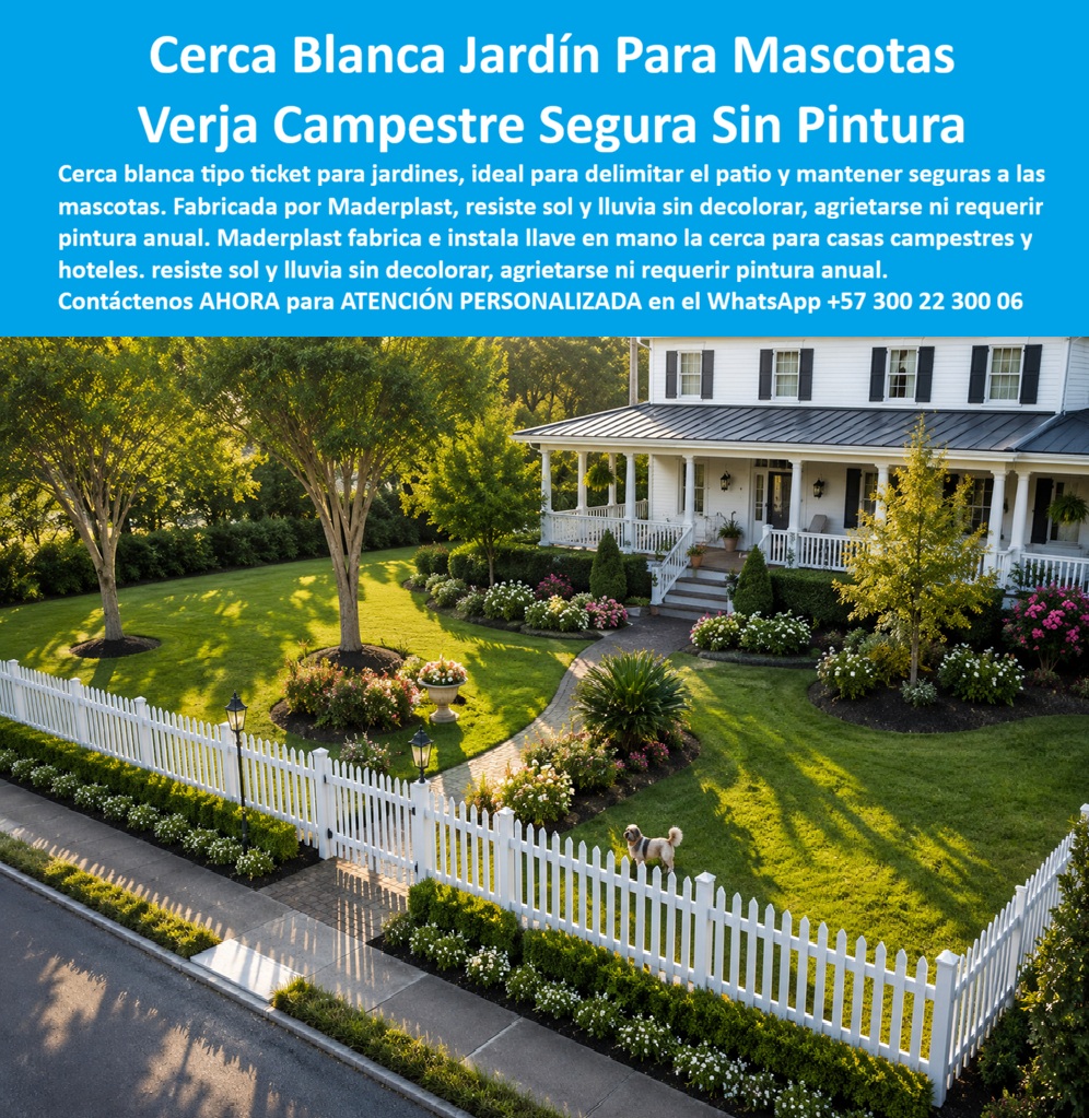 Barandas Para Jardín Mascotas Cercas Verjas Perros Maderplast - Las cercas blancas para jardines, verjas campestres y cerramientos para mascotas representan una solución que combina seguridad, paisajismo y valorización arquitectónica en un solo sistema. Además de delimitar la propiedad y proteger a las mascotas, estas estructuras aportan orden visual, realzan las zonas verdes y crean una imagen elegante que distingue viviendas campestres, condominios, hoteles, clubes, fincas recreativas y proyectos turísticos. Arquitectos paisajistas, constructores, desarrolladores inmobiliarios y propietarios buscan cercas que conserven su apariencia durante muchos años sin sufrir los problemas habituales de la madera o el metal expuestos al sol, la lluvia y la humedad. Las cercas ornamentales desarrolladas por Maderplast responden a estas necesidades mediante estructuras fabricadas con polipropileno estructural de alta ingeniería que mantienen su color blanco, estabilidad y resistencia sin necesidad de pintura ni tratamientos periódicos. Cada sistema de verjas tipo picket fence se diseña para integrarse armoniosamente con jardines, senderos, terrazas, balcones, casas campestres, hoteles y paisajes naturales. Su diseño clásico aporta elegancia y sensación de exclusividad mientras protege jardines, flores, zonas infantiles y espacios destinados para mascotas. La resistencia frente a la radiación ultravioleta, la lluvia, la humedad y los cambios de temperatura permite conservar durante años la apariencia original del cerramiento sin agrietamientos, oxidación, pudrición ni deformaciones. Esto reduce considerablemente los costos de mantenimiento y garantiza que la inversión continúe aportando valor estético y funcional a la propiedad durante décadas. Una exclusiva urbanización campestre buscaba reemplazar las antiguas cercas de madera que requerían pintura constante y frecuentes reparaciones debido al deterioro ocasionado por la intemperie. Después de instalar las cercas ornamentales fabricadas por Maderplast, la administración comprobó una transformación inmediata en la imagen del conjunto. Los propietarios destacaron la elegancia del cerramiento, la tranquilidad de mantener sus mascotas protegidas y la desaparición de los costos asociados al mantenimiento periódico. Con el paso del tiempo, las verjas conservaron su color blanco uniforme y su estabilidad estructural, fortaleciendo la valorización de las viviendas y proyectando una imagen permanente de orden, limpieza y exclusividad. Los profesionales que buscan cercas blancas para jardines, verjas para mascotas, cerramientos ornamentales, vallados campestres, cercas decorativas para hoteles, celosías para paisajismo, cerramientos para conjuntos residenciales o soluciones resistentes al clima necesitan productos respaldados por ingeniería, experiencia y aplicaciones reales. Por ello, Maderplast acompaña a arquitectos, paisajistas, constructoras y desarrolladores desde la etapa de diseño hasta la fabricación e instalación llave en mano, desarrollando soluciones personalizadas que se adaptan a viviendas, hoteles, clubes, parques, fincas, urbanizaciones y proyectos turísticos donde la estética y la durabilidad son igualmente importantes. Este acompañamiento permite especificar sistemas que ofrecen seguridad, excelente presentación y un bajo costo total de propiedad. Elegir una cerca únicamente por su precio inicial puede traducirse en años de gastos por pintura, corrosión, reemplazo de piezas y pérdida progresiva de la apariencia del proyecto. En cambio, invertir en cercas blancas, verjas ornamentales y cerramientos para jardines fabricados por Maderplast significa incorporar una solución diseñada para ofrecer décadas de servicio con un mantenimiento mínimo, excelente comportamiento frente al clima y una apariencia que permanece prácticamente inalterable con el paso del tiempo. Gracias a la combinación de ingeniería especializada, materiales de alta resistencia, fabricación nacional y experiencia en proyectos reales, Maderplast desarrolla sistemas que protegen mascotas, delimitan jardines y valorizan propiedades residenciales, hoteleras y turísticas. Si su proyecto contempla viviendas campestres, hoteles, clubes, parques, conjuntos residenciales o jardines donde la belleza y la seguridad deban mantenerse durante muchos años, contacte al Departamento de Ingeniería y Asesoría Técnica de Maderplast vía WhatsApp (+57) 300 22 300 06, donde un especialista desarrollará una solución personalizada para crear cerramientos elegantes, resistentes y preparados para acompañar toda la vida útil de su proyecto.Balcones Coloridos Arquitectura Caribeña, Cercas Blancas Para Hoteles Campestres, Celosías Para Hoteles Frente Al Mar, Celosías Raizales San Andrés En Plástico, Vallado Decorativo PP Barandas Para Jardín Mascotas Cercas Verjas Perros Maderplast Balcones Coloridos Arquitectura Caribeña Cercas Blancas Para Hoteles Campestres Celosías Para Hoteles Frente Al Mar Celosías Raizales San Andrés En Plástico Vallado Decorativo PP Las cercas blancas para jardines, verjas campestres y cerramientos para mascotas representan una solución que combina seguridad, paisajismo y valorización arquitectónica en un solo sistema. Además de delimitar la propiedad y proteger a las mascotas, estas estructuras aportan orden visual, realzan las zonas verdes y crean una imagen elegante que distingue viviendas campestres, condominios, hoteles, clubes, fincas recreativas y proyectos turísticos. Arquitectos paisajistas, constructores, desarrolladores inmobiliarios y propietarios buscan cercas que conserven su apariencia durante muchos años sin sufrir los problemas habituales de la madera o el metal expuestos al sol, la lluvia y la humedad. Las cercas ornamentales desarrolladas por Maderplast responden a estas necesidades mediante estructuras fabricadas con polipropileno estructural de alta ingeniería que mantienen su color blanco, estabilidad y resistencia sin necesidad de pintura ni tratamientos periódicos. Cada sistema de verjas tipo picket fence se diseña para integrarse armoniosamente con jardines, senderos, terrazas, balcones, casas campestres, hoteles y paisajes naturales. Su diseño clásico aporta elegancia y sensación de exclusividad mientras protege jardines, flores, zonas infantiles y espacios destinados para mascotas. La resistencia frente a la radiación ultravioleta, la lluvia, la humedad y los cambios de temperatura permite conservar durante años la apariencia original del cerramiento sin agrietamientos, oxidación, pudrición ni deformaciones. Esto reduce considerablemente los costos de mantenimiento y garantiza que la inversión continúe aportando valor estético y funcional a la propiedad durante décadas. Una exclusiva urbanización campestre buscaba reemplazar las antiguas cercas de madera que requerían pintura constante y frecuentes reparaciones debido al deterioro ocasionado por la intemperie. Después de instalar las cercas ornamentales fabricadas por Maderplast, la administración comprobó una transformación inmediata en la imagen del conjunto. Los propietarios destacaron la elegancia del cerramiento, la tranquilidad de mantener sus mascotas protegidas y la desaparición de los costos asociados al mantenimiento periódico. Con el paso del tiempo, las verjas conservaron su color blanco uniforme y su estabilidad estructural, fortaleciendo la valorización de las viviendas y proyectando una imagen permanente de orden, limpieza y exclusividad. Los profesionales que buscan cercas blancas para jardines, verjas para mascotas, cerramientos ornamentales, vallados campestres, cercas decorativas para hoteles, celosías para paisajismo, cerramientos para conjuntos residenciales o soluciones resistentes al clima necesitan productos respaldados por ingeniería, experiencia y aplicaciones reales. Por ello, Maderplast acompaña a arquitectos, paisajistas, constructoras y desarrolladores desde la etapa de diseño hasta la fabricación e instalación llave en mano, desarrollando soluciones personalizadas que se adaptan a viviendas, hoteles, clubes, parques, fincas, urbanizaciones y proyectos turísticos donde la estética y la durabilidad son igualmente importantes. Este acompañamiento permite especificar sistemas que ofrecen seguridad, excelente presentación y un bajo costo total de propiedad. Elegir una cerca únicamente por su precio inicial puede traducirse en años de gastos por pintura, corrosión, reemplazo de piezas y pérdida progresiva de la apariencia del proyecto. En cambio, invertir en cercas blancas, verjas ornamentales y cerramientos para jardines fabricados por Maderplast significa incorporar una solución diseñada para ofrecer décadas de servicio con un mantenimiento mínimo, excelente comportamiento frente al clima y una apariencia que permanece prácticamente inalterable con el paso del tiempo. Gracias a la combinación de ingeniería especializada, materiales de alta resistencia, fabricación nacional y experiencia en proyectos reales, Maderplast desarrolla sistemas que protegen mascotas, delimitan jardines y valorizan propiedades residenciales, hoteleras y turísticas. Si su proyecto contempla viviendas campestres, hoteles, clubes, parques, conjuntos residenciales o jardines donde la belleza y la seguridad deban mantenerse durante muchos años, contacte al Departamento de Ingeniería y Asesoría Técnica de Maderplast vía WhatsApp (+57) 300 22 300 06, donde un especialista desarrollará una solución personalizada para crear cerramientos elegantes, resistentes y preparados para acompañar toda la vida útil de su proyecto.