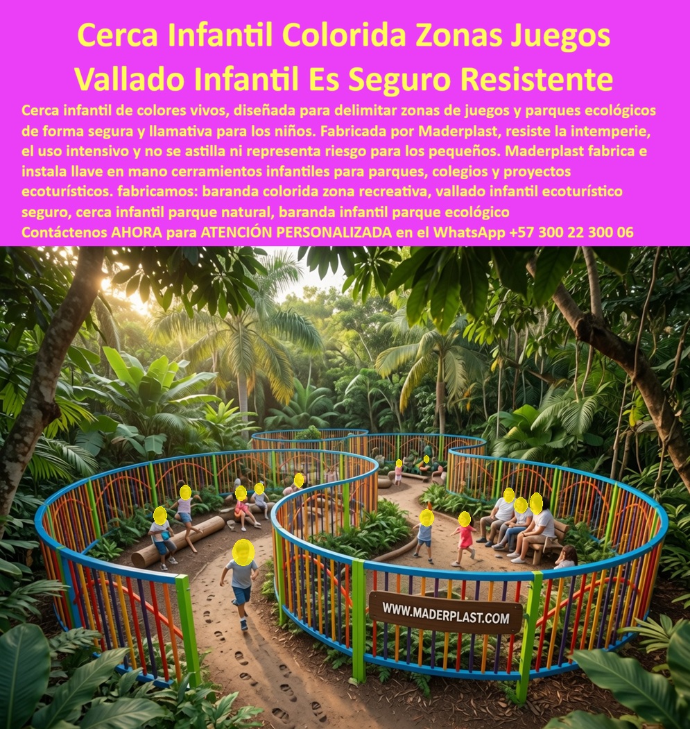 Cerca Infantil Alegre Vallas Cercas Infantiles De Colores Vivos Maderplast - Las cercas infantiles, vallas de colores y barandas para zonas de juegos cumplen una función mucho más importante que delimitar un espacio. Son el primer elemento de protección para los niños, el componente que transmite tranquilidad a los padres y la carta de presentación de un parque, colegio, jardín infantil o proyecto ecoturístico. Por esa razón, arquitectos, diseñadores de parques, alcaldías, constructoras, operadores turísticos y desarrolladores de espacios recreativos buscan cerramientos infantiles que combinan seguridad, estética, durabilidad y un mantenimiento mínimo durante muchos años. Las cercas infantiles coloridas fabricadas por Maderplast responden precisamente a esa necesidad mediante soluciones desarrolladas con plásticos estructurales de alta ingeniería que conservan su apariencia, resisten el uso intensivo y soportan permanentemente la exposición al sol, la lluvia y la humedad sin oxidarse, pudrirse, astillarse ni generar superficies peligrosas para los niños. Cada vallado infantil se diseña para integrarse armónicamente con parques ecológicos, senderos recreativos, jardines botánicos, zoológicos, conjuntos residenciales, colegios, hoteles, centros vacacionales y espacios públicos donde la seguridad debe convivir con un ambiente alegre y atractivo. Sus colores vivos permiten crear entornos estimulantes para el desarrollo infantil mientras delimitan de manera clara las áreas de juego, organizan los recorridos peatonales y mejoran la supervisión por parte de docentes, cuidadores y familias. Además de ofrecer una imagen moderna y acogedora, las barandas infantiles ecológicas de Maderplast mantienen su estabilidad dimensional, requieren muy poco mantenimiento y eliminan los problemas habituales de corrosión, pintura desprendida o deterioro ocasionado por el clima. Un caso representativo corresponde a un parque recreativo que buscaba renovar completamente sus cerramientos infantiles después de varios años de reemplazar continuamente cercas tradicionales afectadas por la humedad y el uso permanente. Tras instalar las vallas infantiles de colores fabricadas por Maderplast, los responsables del proyecto destacaron la mejora en la seguridad, la facilidad de limpieza, la excelente aceptación por parte de los visitantes y la reducción significativa de las labores de mantenimiento. La combinación de colores vivos convirtió el recorrido en un espacio más atractivo para los niños y reforzó la identidad visual del parque, demostrando que una solución técnica también puede aportar valor estético y una mejor experiencia para las familias. Quienes buscan en internet cercas infantiles para parques, vallados coloridos para juegos exteriores, barandas infantiles ecológicas, cerramientos para jardines infantiles, vallas resistentes al clima o cercas de seguridad para zonas recreativas desean encontrar un fabricante que ofrezca mucho más que un producto estándar. Buscan un aliado capaz de diseñar soluciones personalizadas, fabricar estructuras duraderas e instalar proyectos completos con respaldo técnico desde la etapa de planeación hasta la puesta en servicio. Ese acompañamiento especializado permite que arquitectos, paisajistas, urbanistas y formuladores de proyectos incorporen especificaciones confiables desde el diseño inicial, reduciendo riesgos durante la construcción y garantizando una infraestructura preparada para soportar años de uso intensivo. Elegir un cerramiento infantil únicamente por su precio inicial puede traducirse en gastos permanentes por reparaciones, repintados, sustituciones y pérdida de apariencia. En cambio, seleccionar una solución desarrollada con materiales plásticos estructurales de alta ingeniería significa invertir en tranquilidad, seguridad y una larga vida útil con un costo total de propiedad considerablemente menor. Maderplast complementa cada proyecto con asesoría técnica, diseño personalizado, fabricación especializada, instalación profesional y respaldo documental, ofreciendo una solución integral que inspira confianza desde la especificación hasta la operación diaria. Si su proyecto requiere cercas infantiles, vallados coloridos, barandas de seguridad o cerramientos recreativos resistentes al clima, contacte al Departamento de Ingeniería y Asesoría Técnica de Maderplast vía WhatsApp (+57) 300 22 300 06, donde un especialista le ayudará a desarrollar una solución a la medida de su proyecto con la seguridad, calidad y durabilidad que distinguen a Maderplast. Vallados Coloridos Para Juegos Infantiles Exteriores, Vallados con colores alegres infantiles resistentes al clima, Barandas Infantiles Ecológicas De Alta Ingeniería, PP Cerca Infantil Alegre Vallas Cercas Infantiles De Colores Vivos Maderplast Vallados Coloridos Para Juegos Infantiles Exteriores Vallados con colores alegres infantiles resistentes al clima Barandas Infantiles Ecológicas De Alta Ingeniería PP Las cercas infantiles, vallas de colores y barandas para zonas de juegos cumplen una función mucho más importante que delimitar un espacio. Son el primer elemento de protección para los niños, el componente que transmite tranquilidad a los padres y la carta de presentación de un parque, colegio, jardín infantil o proyecto ecoturístico. Por esa razón, arquitectos, diseñadores de parques, alcaldías, constructoras, operadores turísticos y desarrolladores de espacios recreativos buscan cerramientos infantiles que combinan seguridad, estética, durabilidad y un mantenimiento mínimo durante muchos años. Las cercas infantiles coloridas fabricadas por Maderplast responden precisamente a esa necesidad mediante soluciones desarrolladas con plásticos estructurales de alta ingeniería que conservan su apariencia, resisten el uso intensivo y soportan permanentemente la exposición al sol, la lluvia y la humedad sin oxidarse, pudrirse, astillarse ni generar superficies peligrosas para los niños. Cada vallado infantil se diseña para integrarse armónicamente con parques ecológicos, senderos recreativos, jardines botánicos, zoológicos, conjuntos residenciales, colegios, hoteles, centros vacacionales y espacios públicos donde la seguridad debe convivir con un ambiente alegre y atractivo. Sus colores vivos permiten crear entornos estimulantes para el desarrollo infantil mientras delimitan de manera clara las áreas de juego, organizan los recorridos peatonales y mejoran la supervisión por parte de docentes, cuidadores y familias. Además de ofrecer una imagen moderna y acogedora, las barandas infantiles ecológicas de Maderplast mantienen su estabilidad dimensional, requieren muy poco mantenimiento y eliminan los problemas habituales de corrosión, pintura desprendida o deterioro ocasionado por el clima. Un caso representativo corresponde a un parque recreativo que buscaba renovar completamente sus cerramientos infantiles después de varios años de reemplazar continuamente cercas tradicionales afectadas por la humedad y el uso permanente. Tras instalar las vallas infantiles de colores fabricadas por Maderplast, los responsables del proyecto destacaron la mejora en la seguridad, la facilidad de limpieza, la excelente aceptación por parte de los visitantes y la reducción significativa de las labores de mantenimiento. La combinación de colores vivos convirtió el recorrido en un espacio más atractivo para los niños y reforzó la identidad visual del parque, demostrando que una solución técnica también puede aportar valor estético y una mejor experiencia para las familias. Quienes buscan en internet cercas infantiles para parques, vallados coloridos para juegos exteriores, barandas infantiles ecológicas, cerramientos para jardines infantiles, vallas resistentes al clima o cercas de seguridad para zonas recreativas desean encontrar un fabricante que ofrezca mucho más que un producto estándar. Buscan un aliado capaz de diseñar soluciones personalizadas, fabricar estructuras duraderas e instalar proyectos completos con respaldo técnico desde la etapa de planeación hasta la puesta en servicio. Ese acompañamiento especializado permite que arquitectos, paisajistas, urbanistas y formuladores de proyectos incorporen especificaciones confiables desde el diseño inicial, reduciendo riesgos durante la construcción y garantizando una infraestructura preparada para soportar años de uso intensivo. Elegir un cerramiento infantil únicamente por su precio inicial puede traducirse en gastos permanentes por reparaciones, repintados, sustituciones y pérdida de apariencia. En cambio, seleccionar una solución desarrollada con materiales plásticos estructurales de alta ingeniería significa invertir en tranquilidad, seguridad y una larga vida útil con un costo total de propiedad considerablemente menor. Maderplast complementa cada proyecto con asesoría técnica, diseño personalizado, fabricación especializada, instalación profesional y respaldo documental, ofreciendo una solución integral que inspira confianza desde la especificación hasta la operación diaria. Si su proyecto requiere cercas infantiles, vallados coloridos, barandas de seguridad o cerramientos recreativos resistentes al clima, contacte al Departamento de Ingeniería y Asesoría Técnica de Maderplast vía WhatsApp (+57) 300 22 300 06, donde un especialista le ayudará a desarrollar una solución a la medida de su proyecto con la seguridad, calidad y durabilidad que distinguen a Maderplast.