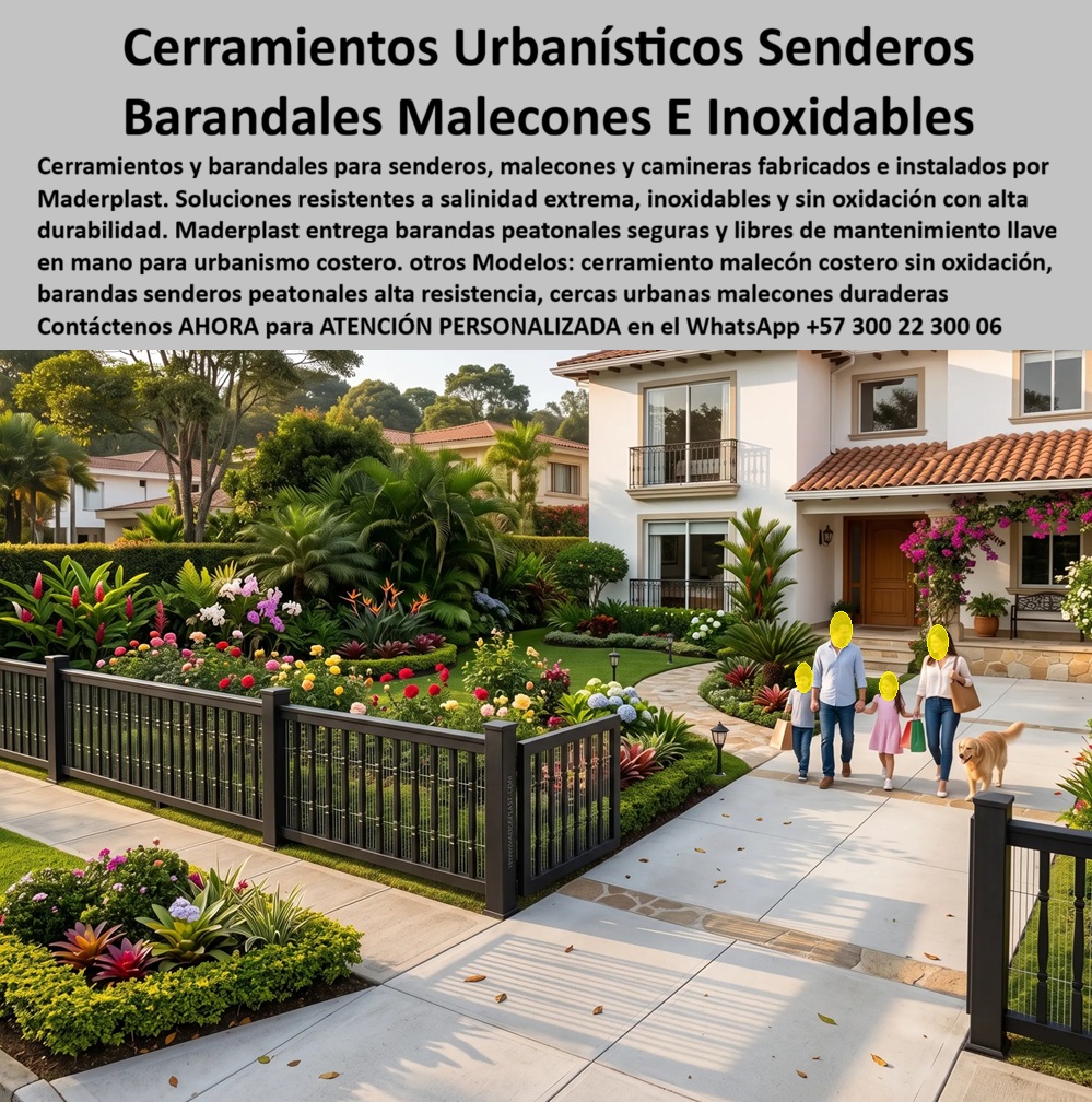 Cerramientos Urbanísticos Senderos Y Malecones camineras Maderplast - Un cerramiento oscuro de líneas verticales delimita el antejardín de una casa campestre de tejas rojas y fachada blanca, mientras una familia completa con su perro cruza el sendero de acceso entre jardineras floridas de heliconias, hortensias y buganvilla, escena que resume lo que debe ofrecer un buen cerramiento residencial de entrada, seguridad perimetral sin restar un ápice de la belleza del jardín que protege. El problema de las cercas metálicas convencionales en antejardines y senderos peatonales de vivienda es que la exposición diaria al sol, la humedad del riego constante de las jardineras y el paso frecuente de personas y mascotas terminan oxidando la estructura desde las uniones y los anclajes al piso, deslustrado en pocos años exactamente el elemento que da la primera impresión de la casa a cualquier visitante. Los cerramientos urbanísticos senderos y barandales de Maderplast resuelven ese desgaste desde el material, son barandas peatonales seguras y libres de mantenimiento, resistentes a la humedad y sin oxidación, con alta durabilidad para cerramientos de vivienda y espacios urbanísticos, y Maderplast fabrica e instala cada cerramiento a la medida exacta del perímetro y la altura del antejardín de cada casa. Un propietario que busca una cerca urbana duradera para el acceso principal de su vivienda sin comprometer el diseño paisajístico de sus jardineras encuentra en estas barandas senderos peatonales alta resistencia la solución que combina seguridad y estética sin el mantenimiento que exige el hierro forjado tradicional. Un administrador de conjunto residencial cerrado que necesita uniformar el cerramiento de acceso de varias viviendas encuentra en la cerca urbanas malecones duraderas, adaptada aquí al contexto residencial, la garantía de un sistema que no se oxida ni pierde su color oscuro con los años de exposición al sol y al riego de las zonas verdes. Así lo testifica como caso de éxito real verificable, el propietario de una vivienda campestre del oriente de Antioquia, 2024, antes de instalar el cerramiento Maderplast, la cerca metálica de su antejardín presentaba corrosión visible en las uniones cada año por la humedad constante del riego de las jardineras, y requería repintado para mantener una buena imagen de entrada, después de instalar el cerramiento Maderplast, lleva más de dos años sin necesitar una sola intervención, el acabado oscuro se mantiene uniforme y la entrada de la casa conserva la misma presentación que el día de la instalación. Ese es el argumento que todo propietario debería considerar antes de elegir una cerca residencial económica en metal pintado, un cerramiento que se oxida en un año no es una economía en la construcción de la vivienda, es un gasto de mantenimiento recurrente justo en el punto de mayor visibilidad de la propiedad, mientras que un cerramiento libre de mantenimiento protege tanto la seguridad familiar como la inversión estética del jardín durante años. Cuando se trata de cerramientos y barandas para senderos residenciales y urbanísticos en material técnico, Maderplast es el fabricante que convierte cualquier antejardín en una entrada segura, elegante y sin mantenimiento. Si su proyecto necesita cotización, personalización en altura y acabado, planos previos a fabricación o producción en serie para varias viviendas de un mismo conjunto, el departamento de ingeniería de Maderplast lo resuelve de principio a fin. Contáctenos AHORA para ATENCIÓN PERSONALIZADA en el WhatsApp +57 300 22 300 06. Cercas malecones resistentes a la salinidad extrema, Barandales de cercados de caminos inoxidables senderos, Baranda Corredor Peatonal Inoxidable Sin Oxidación Duradera, Cerca Cerramientos Urbanísticos Senderos Y Malecones camineras Maderplast Cercas malecones resistentes a la salinidad extrema Barandales de cercados de caminos inoxidables senderos Baranda Corredor Peatonal Inoxidable Sin Oxidación Duradera Cerca Un cerramiento oscuro de líneas verticales delimita el antejardín de una casa campestre de tejas rojas y fachada blanca, mientras una familia completa con su perro cruza el sendero de acceso entre jardineras floridas de heliconias, hortensias y buganvilla, escena que resume lo que debe ofrecer un buen cerramiento residencial de entrada, seguridad perimetral sin restar un ápice de la belleza del jardín que protege. El problema de las cercas metálicas convencionales en antejardines y senderos peatonales de vivienda es que la exposición diaria al sol, la humedad del riego constante de las jardineras y el paso frecuente de personas y mascotas terminan oxidando la estructura desde las uniones y los anclajes al piso, deslustrado en pocos años exactamente el elemento que da la primera impresión de la casa a cualquier visitante. Los cerramientos urbanísticos senderos y barandales de Maderplast resuelven ese desgaste desde el material, son barandas peatonales seguras y libres de mantenimiento, resistentes a la humedad y sin oxidación, con alta durabilidad para cerramientos de vivienda y espacios urbanísticos, y Maderplast fabrica e instala cada cerramiento a la medida exacta del perímetro y la altura del antejardín de cada casa. Un propietario que busca una cerca urbana duradera para el acceso principal de su vivienda sin comprometer el diseño paisajístico de sus jardineras encuentra en estas barandas senderos peatonales alta resistencia la solución que combina seguridad y estética sin el mantenimiento que exige el hierro forjado tradicional. Un administrador de conjunto residencial cerrado que necesita uniformar el cerramiento de acceso de varias viviendas encuentra en la cerca urbanas malecones duraderas, adaptada aquí al contexto residencial, la garantía de un sistema que no se oxida ni pierde su color oscuro con los años de exposición al sol y al riego de las zonas verdes. Así lo testifica como caso de éxito real verificable, el propietario de una vivienda campestre del oriente de Antioquia, 2024, antes de instalar el cerramiento Maderplast, la cerca metálica de su antejardín presentaba corrosión visible en las uniones cada año por la humedad constante del riego de las jardineras, y requería repintado para mantener una buena imagen de entrada, después de instalar el cerramiento Maderplast, lleva más de dos años sin necesitar una sola intervención, el acabado oscuro se mantiene uniforme y la entrada de la casa conserva la misma presentación que el día de la instalación. Ese es el argumento que todo propietario debería considerar antes de elegir una cerca residencial económica en metal pintado, un cerramiento que se oxida en un año no es una economía en la construcción de la vivienda, es un gasto de mantenimiento recurrente justo en el punto de mayor visibilidad de la propiedad, mientras que un cerramiento libre de mantenimiento protege tanto la seguridad familiar como la inversión estética del jardín durante años. Cuando se trata de cerramientos y barandas para senderos residenciales y urbanísticos en material técnico, Maderplast es el fabricante que convierte cualquier antejardín en una entrada segura, elegante y sin mantenimiento. Si su proyecto necesita cotización, personalización en altura y acabado, planos previos a fabricación o producción en serie para varias viviendas de un mismo conjunto, el departamento de ingeniería de Maderplast lo resuelve de principio a fin. Contáctenos AHORA para ATENCIÓN PERSONALIZADA en el WhatsApp +57 300 22 300 06.