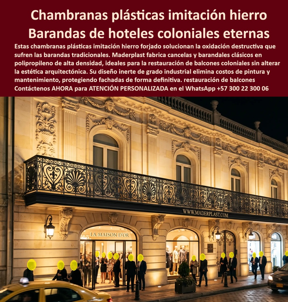 Chambrana Colonial Plástica Embarandado de balcones Maderplast - Chambranas Plásticas Imitación Hierro Forjado | Barandas Coloniales y Balconeras Maderplast La imagen captura la fachada iluminada de un edificio de estilo colonial donde destaca una elegante chambrana plástica imitación hierro forjado. Los detalles ornamentales intrincados —motivos de conchas, volutas y formas clásicas— crean un embarandado de balcones que mantiene la estética histórica sin comprometer la durabilidad. Fabricada por Maderplast en polipropileno de alta densidad, esta baranda colonial ofrece el aspecto sofisticado del hierro forjado tradicional pero con las ventajas técnicas de un material moderno. Los responsables de restauración de hoteles coloniales, edificios patrimoniales y proyectos de lujo enfrentan un problema recurrente: la oxidación acelerada del hierro, el alto costo de mantenimiento, pintura frecuente y el riesgo de deterioro que afecta la imagen arquitectónica. Estas chambranas plásticas imitación hierro forjado y barandales balcones clásicos Maderplast eliminan ese dolor de forma definitiva. Su diseño inerte resiste la humedad, los rayos UV y la contaminación urbana sin oxidarse, sin requerir barnices ni mantenimientos periódicos, preservando la estética colonial por décadas. Más allá de la restauración fiel, estos productos entregan beneficios adicionales que los proyectistas valoran: bajo peso que facilita la instalación en estructuras existentes, personalización exacta de diseños históricos, resistencia al vandalismo y una vida útil superior a 20 años. Ideales para cancelas plásticas coloniales, barandas para hoteles coloniales y restauración de balcones, mantienen la elegancia clásica mientras reducen drásticamente el costo total de propiedad y evitan intervenciones futuras. Ingenieros y arquitectos especializados en patrimonio saben que la verdadera calidad se mide en el largo plazo. Mientras las soluciones metálicas tradicionales generan gastos ocultos y riesgos estructurales, las chambranas y barandas Maderplast ofrecen tranquilidad técnica respaldada por pruebas extremas de laboratorio visibles en el canal @maderplasSA, fichas técnicas completas y soporte de ingeniería especializado. Para proyectos que requieren cerramientos perimetrales, protección ornamental, chambranas linderos y barandales con estética histórica pero rendimiento moderno, Maderplast es la solución que combina tradición y tecnología de manera impecable. Asesoría Especializada Con Un Especialista De Maderplast, Atención Personalizada En Este Whatsapp 57+ 300 22 300 06 Chambranas plásticas imitación hierro forjado, Barandas para hoteles coloniales, cancelas plásticas coloniales, Restauración de balcones coloniales, barandales balcones clásicos, PP Chambrana Colonial Plástica Embarandado de balcones Maderplast Chambranas plásticas imitación hierro forjado Barandas para hoteles coloniales cancelas plásticas coloniales Restauración de balcones coloniales barandales balcones clásicos PP Chambranas Plásticas Imitación Hierro Forjado | Barandas Coloniales y Balconeras Maderplast La imagen captura la fachada iluminada de un edificio de estilo colonial donde destaca una elegante chambrana plástica imitación hierro forjado. Los detalles ornamentales intrincados —motivos de conchas, volutas y formas clásicas— crean un embarandado de balcones que mantiene la estética histórica sin comprometer la durabilidad. Fabricada por Maderplast en polipropileno de alta densidad, esta baranda colonial ofrece el aspecto sofisticado del hierro forjado tradicional pero con las ventajas técnicas de un material moderno. Los responsables de restauración de hoteles coloniales, edificios patrimoniales y proyectos de lujo enfrentan un problema recurrente: la oxidación acelerada del hierro, el alto costo de mantenimiento, pintura frecuente y el riesgo de deterioro que afecta la imagen arquitectónica. Estas chambranas plásticas imitación hierro forjado y barandales balcones clásicos Maderplast eliminan ese dolor de forma definitiva. Su diseño inerte resiste la humedad, los rayos UV y la contaminación urbana sin oxidarse, sin requerir barnices ni mantenimientos periódicos, preservando la estética colonial por décadas. Más allá de la restauración fiel, estos productos entregan beneficios adicionales que los proyectistas valoran: bajo peso que facilita la instalación en estructuras existentes, personalización exacta de diseños históricos, resistencia al vandalismo y una vida útil superior a 20 años. Ideales para cancelas plásticas coloniales, barandas para hoteles coloniales y restauración de balcones, mantienen la elegancia clásica mientras reducen drásticamente el costo total de propiedad y evitan intervenciones futuras. Ingenieros y arquitectos especializados en patrimonio saben que la verdadera calidad se mide en el largo plazo. Mientras las soluciones metálicas tradicionales generan gastos ocultos y riesgos estructurales, las chambranas y barandas Maderplast ofrecen tranquilidad técnica respaldada por pruebas extremas de laboratorio visibles en el canal @maderplasSA, fichas técnicas completas y soporte de ingeniería especializado. Para proyectos que requieren cerramientos perimetrales, protección ornamental, chambranas linderos y barandales con estética histórica pero rendimiento moderno, Maderplast es la solución que combina tradición y tecnología de manera impecable. Asesoría Especializada Con Un Especialista De Maderplast, Atención Personalizada En Este Whatsapp 57+ 300 22 300 06