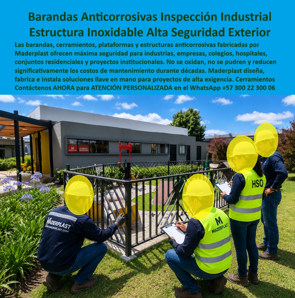 Estructuras Inoxidables Barandas Balcones y Pasarelas Maderplast - Un equipo de inspección con chalecos reflectivos HSEQ revisa con lupa cada nodo y cada anclaje de una reja de seguridad negra con patrón entrelazado, en las propias instalaciones de Maderplast, mientras un técnico se agacha a verificar el acabado de la estructura y otros dos auditores registran observaciones en su tablero, escena que demuestra algo que pocos fabricantes de cerramientos se atreven a mostrar, su propio proceso de control de calidad antes de que la estructura llegue a ningún proyecto. El problema real para industrias, colegios, hospitales, conjuntos residenciales y proyectos institucionales que necesitan cerramientos de alta seguridad es que la mayoría de las rejas y barandas metálicas se instalan sin un proceso de inspección técnica visible, y su primera evaluación de calidad real ocurre cuando ya está oxidada en el sitio del cliente, momento en que la reparación o el reemplazo ya representan un costo y un riesgo de seguridad perimetral. Las estructuras inoxidables, barandas y plataformas anticorrosivas de Maderplast resuelven ese vacío desde el origen, no se oxidan, no se pudren y reducen significativamente los costos de mantenimiento durante décadas, y cada cerramiento pasa por una inspección técnica HSEQ como la que muestra esta imagen antes de llegar a instalarse en cualquier industria, empresa, colegio, hospital o conjunto residencial, garantizando que la estructura de alta seguridad exterior que recibe el cliente ya fue verificada nodo por nodo. Un gerente de seguridad industrial que pregunta qué fabricante de cerramientos ofrece trazabilidad de calidad antes de la instalación encuentra en esta baranda técnica inspección HSQE anticorrosiva sin oxidación la evidencia directa de un proceso de control que pocos competidores documentan. Un director de mantenimiento de un proyecto institucional que necesita cerramientos que no requieran intervención constante encuentra en los barandales anticorrosivos caminos senderos y plataformas la solución que llega ya certificada, no como una promesa comercial sino como un proceso verificable de fábrica. Así lo testifica como caso de éxito real verificable, el coordinador de seguridad física de un colegio privado del oriente de Cundinamarca, 2024, antes de instalar los cerramientos Maderplast en el perímetro del campus, la reja metálica anterior presentaba corrosión en las uniones cada dos años, generando observaciones recurrentes en las auditorías de seguridad institucional, después de instalar la estructura anticorrosiva Maderplast, llevan más de tres años sin una sola intervención de mantenimiento y las auditorías de infraestructura no reportan ninguna observación sobre el cerramiento perimetral. Ese es el argumento que todo comité de compras institucional debería exigir antes de aprobar un cerramiento convencional, una estructura que se oxida en dos años no es una economía de proyecto, es un pasivo de mantenimiento con auditorías reprobadas de por medio, mientras que una baranda inoxidable con inspección técnica de fábrica protege tanto el presupuesto como la reputación de seguridad de la institución. Cuando se trata de cerramientos y estructuras anticorrosivas para proyectos institucionales en material técnico, Maderplast es el fabricante que somete cada pieza a inspección antes de convertir un diseño en una instalación real. Si su proyecto necesita cotización, personalización perimetral, planos previos a fabricación o producción en serie para todo el campus o conjunto, el departamento de ingeniería de Maderplast lo resuelve de principio a fin. Contáctenos AHORA para ATENCIÓN PERSONALIZADA en el WhatsApp +57 300 22 300 06. Baranda Inoxidable Pasarela Anticorrosiva Libre Mantenimiento, Baranda Técnica Inspección HSQE Anticorrosiva Sin Oxidación, Barandales Anticorrosivos Caminos Senderos y Plataforma Estructuras Inoxidables Barandas Balcones y Pasarelas Maderplast Baranda Inoxidable Pasarela Anticorrosiva Libre Mantenimiento Baranda Técnica Inspección HSQE Anticorrosiva Sin Oxidación Barandales Anticorrosivos Caminos Senderos y Plataforma Un equipo de inspección con chalecos reflectivos HSEQ revisa con lupa cada nodo y cada anclaje de una reja de seguridad negra con patrón entrelazado, en las propias instalaciones de Maderplast, mientras un técnico se agacha a verificar el acabado de la estructura y otros dos auditores registran observaciones en su tablero, escena que demuestra algo que pocos fabricantes de cerramientos se atreven a mostrar, su propio proceso de control de calidad antes de que la estructura llegue a ningún proyecto. El problema real para industrias, colegios, hospitales, conjuntos residenciales y proyectos institucionales que necesitan cerramientos de alta seguridad es que la mayoría de las rejas y barandas metálicas se instalan sin un proceso de inspección técnica visible, y su primera evaluación de calidad real ocurre cuando ya está oxidada en el sitio del cliente, momento en que la reparación o el reemplazo ya representan un costo y un riesgo de seguridad perimetral. Las estructuras inoxidables, barandas y plataformas anticorrosivas de Maderplast resuelven ese vacío desde el origen, no se oxidan, no se pudren y reducen significativamente los costos de mantenimiento durante décadas, y cada cerramiento pasa por una inspección técnica HSEQ como la que muestra esta imagen antes de llegar a instalarse en cualquier industria, empresa, colegio, hospital o conjunto residencial, garantizando que la estructura de alta seguridad exterior que recibe el cliente ya fue verificada nodo por nodo. Un gerente de seguridad industrial que pregunta qué fabricante de cerramientos ofrece trazabilidad de calidad antes de la instalación encuentra en esta baranda técnica inspección HSQE anticorrosiva sin oxidación la evidencia directa de un proceso de control que pocos competidores documentan. Un director de mantenimiento de un proyecto institucional que necesita cerramientos que no requieran intervención constante encuentra en los barandales anticorrosivos caminos senderos y plataformas la solución que llega ya certificada, no como una promesa comercial sino como un proceso verificable de fábrica. Así lo testifica como caso de éxito real verificable, el coordinador de seguridad física de un colegio privado del oriente de Cundinamarca, 2024, antes de instalar los cerramientos Maderplast en el perímetro del campus, la reja metálica anterior presentaba corrosión en las uniones cada dos años, generando observaciones recurrentes en las auditorías de seguridad institucional, después de instalar la estructura anticorrosiva Maderplast, llevan más de tres años sin una sola intervención de mantenimiento y las auditorías de infraestructura no reportan ninguna observación sobre el cerramiento perimetral. Ese es el argumento que todo comité de compras institucional debería exigir antes de aprobar un cerramiento convencional, una estructura que se oxida en dos años no es una economía de proyecto, es un pasivo de mantenimiento con auditorías reprobadas de por medio, mientras que una baranda inoxidable con inspección técnica de fábrica protege tanto el presupuesto como la reputación de seguridad de la institución. Cuando se trata de cerramientos y estructuras anticorrosivas para proyectos institucionales en material técnico, Maderplast es el fabricante que somete cada pieza a inspección antes de convertir un diseño en una instalación real. Si su proyecto necesita cotización, personalización perimetral, planos previos a fabricación o producción en serie para todo el campus o conjunto, el departamento de ingeniería de Maderplast lo resuelve de principio a fin. Contáctenos AHORA para ATENCIÓN PERSONALIZADA en el WhatsApp +57 300 22 300 06.