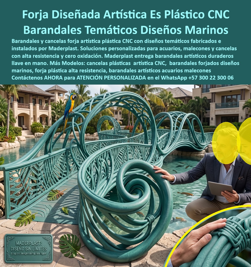 Forja Artística Plástica CNC Barandales artísticos personalizados Maderplast - La forja artística ha sido durante siglos un símbolo de elegancia y exclusividad en balcones, escaleras, cancelas, malecones y espacios arquitectónicos emblemáticos. Hoy, la evolución de los materiales permite conservar toda esa riqueza estética incorporando una tecnología mucho más resistente y duradera. Los barandales artísticos personalizados y las cancelas de forja plástica CNC desarrollados por Maderplast combinan el diseño ornamental con materiales plásticos estructurales de alta ingeniería, ofreciendo una solución capaz de soportar ambientes marinos, humedad permanente, radiación ultravioleta y agentes corrosivos sin oxidarse, pudrirse ni requerir mantenimientos periódicos. Esta nueva generación de forja artística permite que arquitectos, diseñadores, constructores y desarrolladores turísticos materialicen proyectos únicos con una libertad creativa prácticamente ilimitada. Gracias al mecanizado CNC y a los procesos de diseño digital, es posible fabricar barandas temáticas inspiradas en la naturaleza, la fauna marina, arrecifes, hojas, olas, peces, aves, elementos históricos o cualquier concepto arquitectónico que haga parte de la identidad del proyecto. Acuarios, hoteles, parques temáticos, malecones, marinas, clubes náuticos, zoológicos, centros comerciales y desarrollos turísticos encuentran en estas soluciones una oportunidad para transformar una simple baranda en un elemento escultórico que fortalezca la experiencia visual de los visitantes. A diferencia de la forja metálica tradicional, las estructuras Maderplast mantienen su estabilidad dimensional, su acabado y su apariencia artística durante muchos años sin presentar corrosión, desprendimiento de pintura ni deterioro ocasionado por el ambiente exterior. Un complejo turístico de alto nivel buscaba crear un puente peatonal que se convirtiera en uno de los principales atractivos del proyecto, inspirado en el movimiento de las olas y la biodiversidad marina. La solución debía combinar seguridad estructural, un diseño completamente personalizado y una resistencia permanente frente al ambiente costero. Después de desarrollar la estructura mediante diseño CNC y fabricar los barandales artísticos en plástico estructural de alta ingeniería, el resultado superó las expectativas del cliente. El puente pasó a convertirse en uno de los espacios más fotografiados del complejo, fortaleciendo la identidad arquitectónica del proyecto mientras elimina por completo los problemas de corrosión y mantenimiento que normalmente afectan las estructuras metálicas ubicadas cerca del mar. Los arquitectos, diseñadores industriales, paisajistas, desarrolladores hoteleros y empresas constructoras que buscan barandales artísticos personalizados, forja plástica CNC, cancelas ornamentales, escaleras decorativas, barandas temáticas para acuarios, malecones, puentes peatonales, zoológicos o proyectos turísticos requieren soluciones que combinen creatividad, ingeniería y larga vida útil. Maderplast desarrolla cada proyecto mediante modelado digital, fabricación personalizada e instalación llave en mano, permitiendo adaptar dimensiones, geometrías, texturas, colores y diseños exclusivos a la identidad de cada obra, sin las limitaciones que normalmente imponen los materiales tradicionales. Elegir una solución artística únicamente por su apariencia inicial puede significar elevados costos futuros por corrosión, restauraciones y mantenimiento permanente. En cambio, invertir en barandillas, cancelas y estructuras ornamentales fabricadas por Maderplast significa incorporar una obra arquitectónica preparada para conservar su belleza durante décadas con un bajo costo total de propiedad. La combinación de diseño CNC, ingeniería especializada, materiales plásticos estructurales de alta resistencia y experiencia en proyectos personalizados convierte a Maderplast en un aliado estratégico para quienes desean desarrollar obras icónicas que integren arte, funcionalidad y máxima durabilidad. Si su proyecto contempla puentes peatonales, malecones, acuarios, hoteles, parques temáticos, zoológicos, escaleras, balcones o cualquier estructura ornamental de diseño exclusivo, contacte al Departamento de Ingeniería y Asesoría Técnica de Maderplast vía WhatsApp (+57) 300 22 300 06, donde un equipo de especialistas transformará su idea en una solución arquitectónica única, resistente y diseñada para convertirse en un referente visual durante muchos años. Barandas Temáticas Para Acuarios Y Malecones, Barandales Forja Plástica Artística con Diseños CNC para Cancelas y Escaleras, Cancelas y Barandales Forjados Artísticos Forja Artística Plástica CNC Barandales artísticos personalizados Maderplast Barandas Temáticas Para Acuarios Y Malecones Barandales Forja Plástica Artística con Diseños CNC para Cancelas y Escaleras Cancelas y Barandales Forjados Artísticos La forja artística ha sido durante siglos un símbolo de elegancia y exclusividad en balcones, escaleras, cancelas, malecones y espacios arquitectónicos emblemáticos. Hoy, la evolución de los materiales permite conservar toda esa riqueza estética incorporando una tecnología mucho más resistente y duradera. Los barandales artísticos personalizados y las cancelas de forja plástica CNC desarrollados por Maderplast combinan el diseño ornamental con materiales plásticos estructurales de alta ingeniería, ofreciendo una solución capaz de soportar ambientes marinos, humedad permanente, radiación ultravioleta y agentes corrosivos sin oxidarse, pudrirse ni requerir mantenimientos periódicos. Esta nueva generación de forja artística permite que arquitectos, diseñadores, constructores y desarrolladores turísticos materialicen proyectos únicos con una libertad creativa prácticamente ilimitada. Gracias al mecanizado CNC y a los procesos de diseño digital, es posible fabricar barandas temáticas inspiradas en la naturaleza, la fauna marina, arrecifes, hojas, olas, peces, aves, elementos históricos o cualquier concepto arquitectónico que haga parte de la identidad del proyecto. Acuarios, hoteles, parques temáticos, malecones, marinas, clubes náuticos, zoológicos, centros comerciales y desarrollos turísticos encuentran en estas soluciones una oportunidad para transformar una simple baranda en un elemento escultórico que fortalezca la experiencia visual de los visitantes. A diferencia de la forja metálica tradicional, las estructuras Maderplast mantienen su estabilidad dimensional, su acabado y su apariencia artística durante muchos años sin presentar corrosión, desprendimiento de pintura ni deterioro ocasionado por el ambiente exterior. Un complejo turístico de alto nivel buscaba crear un puente peatonal que se convirtiera en uno de los principales atractivos del proyecto, inspirado en el movimiento de las olas y la biodiversidad marina. La solución debía combinar seguridad estructural, un diseño completamente personalizado y una resistencia permanente frente al ambiente costero. Después de desarrollar la estructura mediante diseño CNC y fabricar los barandales artísticos en plástico estructural de alta ingeniería, el resultado superó las expectativas del cliente. El puente pasó a convertirse en uno de los espacios más fotografiados del complejo, fortaleciendo la identidad arquitectónica del proyecto mientras elimina por completo los problemas de corrosión y mantenimiento que normalmente afectan las estructuras metálicas ubicadas cerca del mar. Los arquitectos, diseñadores industriales, paisajistas, desarrolladores hoteleros y empresas constructoras que buscan barandales artísticos personalizados, forja plástica CNC, cancelas ornamentales, escaleras decorativas, barandas temáticas para acuarios, malecones, puentes peatonales, zoológicos o proyectos turísticos requieren soluciones que combinen creatividad, ingeniería y larga vida útil. Maderplast desarrolla cada proyecto mediante modelado digital, fabricación personalizada e instalación llave en mano, permitiendo adaptar dimensiones, geometrías, texturas, colores y diseños exclusivos a la identidad de cada obra, sin las limitaciones que normalmente imponen los materiales tradicionales. Elegir una solución artística únicamente por su apariencia inicial puede significar elevados costos futuros por corrosión, restauraciones y mantenimiento permanente. En cambio, invertir en barandillas, cancelas y estructuras ornamentales fabricadas por Maderplast significa incorporar una obra arquitectónica preparada para conservar su belleza durante décadas con un bajo costo total de propiedad. La combinación de diseño CNC, ingeniería especializada, materiales plásticos estructurales de alta resistencia y experiencia en proyectos personalizados convierte a Maderplast en un aliado estratégico para quienes desean desarrollar obras icónicas que integren arte, funcionalidad y máxima durabilidad. Si su proyecto contempla puentes peatonales, malecones, acuarios, hoteles, parques temáticos, zoológicos, escaleras, balcones o cualquier estructura ornamental de diseño exclusivo, contacte al Departamento de Ingeniería y Asesoría Técnica de Maderplast vía WhatsApp (+57) 300 22 300 06, donde un equipo de especialistas transformará su idea en una solución arquitectónica única, resistente y diseñada para convertirse en un referente visual durante muchos años.
