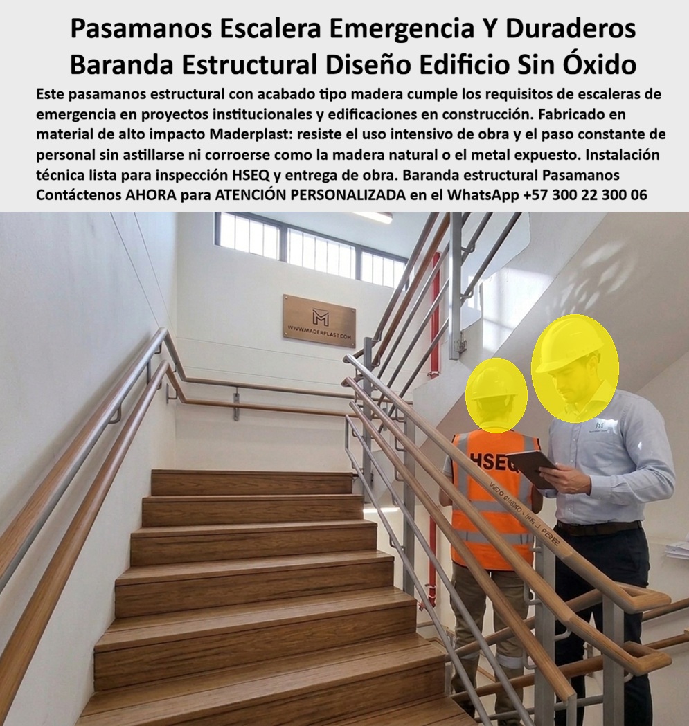 Pasamanos Escaleras De Emergencia Baranda Edificio Maderplast Los pasamanos y barandas para escaleras de emergencia constituyen uno de los componentes más importantes dentro de cualquier edificación institucional, comercial, residencial o industrial, ya que garantizan la circulación segura de las personas durante la operación diaria y, especialmente, en situaciones de evacuación. Más allá de cumplir una función estructural, estos sistemas representan un elemento esencial para la seguridad, el cumplimiento de los protocolos HSEQ y la confianza de quienes diseñan, construyen, supervisan y administran una obra. Arquitectos, ingenieros civiles, calculistas estructurales, constructoras, interventores y responsables de seguridad buscan soluciones que combinen resistencia mecánica, excelente apariencia arquitectónica y una larga vida útil sin presentar problemas de corrosión, deterioro o reclamaciones posteriores a la entrega del proyecto. Los pasamanos y barandas desarrollados por Maderplast responden a estas exigencias mediante materiales de alta ingeniería que conservan su estabilidad, acabado y desempeño incluso bajo condiciones de uso intensivo. Cada sistema de pasamanos estructural se diseña para integrarse armónicamente con la arquitectura del edificio, aportando una imagen moderna y elegante sin renunciar a la funcionalidad. Los acabados tipo madera ofrecen una apariencia cálida y sofisticada, mientras que la estructura interna proporciona la resistencia necesaria para soportar el tránsito permanente de personas en instituciones educativas, hospitales, edificios corporativos, hoteles, centros comerciales, complejos empresariales y proyectos de vivienda. A diferencia de materiales tradicionales expuestos al desgaste, la humedad o la corrosión, las soluciones de Maderplast no se astillan, no se oxidan y mantienen su estabilidad dimensional con un mantenimiento mínimo, permitiendo conservar la calidad estética y funcional durante muchos años. Un edificio institucional que buscaba minimizar los mantenimientos posteriores a la entrega decidió especificar pasamanos estructuras Maderplast para todas sus escaleras de circulación y rutas de evacuación. El objetivo era disponer de un sistema que soportara el uso intensivo diario sin perder su apariencia ni generar intervenciones frecuentes. Después de varios años de funcionamiento, la administración destacó la excelente conservación de los acabados, la estabilidad estructural y la reducción significativa de los costos asociados a reparaciones y reemplazos. Durante las inspecciones HSEQ y los recorridos de supervisión, los responsables comprobaron que el sistema continuaba ofreciendo seguridad, comodidad y una presentación impecable, fortaleciendo la confianza en la calidad de la especificación realizada desde la etapa de diseño. Los profesionales que buscan pasamanos para escaleras de emergencia, barandas estructurales para edificios, sistemas de protección para rutas de evacuación, pasamanos arquitectónicos de larga duración o barandas institucionales libres de corrosión necesitan soluciones que puedan especificarse con respaldo técnico y plena confianza. Por ello, Maderplast acompaña a arquitectos, ingenieros, diseñadores, constructoras y desarrolladores desde la planificación del proyecto hasta la fabricación e instalación llave en mano, desarrollando soluciones personalizadas que cumplen las exigencias estructurales, funcionales y estéticas propias de edificaciones modernas. Este acompañamiento facilita la aprobación técnica, reduce riesgos durante la ejecución y proporciona tranquilidad tanto a quienes construyen como a quienes posteriormente administrarán el inmueble. Seleccionar un sistema de pasamanos únicamente por su precio inicial puede traducirse en reclamaciones posventa, mantenimientos recurrentes y costos ocultos que afectan la rentabilidad del proyecto. En cambio, invertir en pasamanos y barandas fabricados por Maderplast significa incorporar una solución diseñada para ofrecer seguridad permanente, excelente comportamiento estructural y una larga vida útil con un costo total de propiedad considerablemente menor. La combinación de ingeniería especializada, materiales de alta calidad, respaldo técnico, experiencia en proyectos reales y fabricación nacional convierte a Maderplast en un aliado estratégico para edificaciones que priorizan la seguridad, la durabilidad y la excelencia constructiva. Si su proyecto contempla escaleras de emergencia, rutas de evacuación, edificios institucionales o desarrollos arquitectónicos que requieren pasamanos y barandas de alto desempeño, contacte al Departamento de Ingeniería y Asesoría Técnica de Maderplast vía WhatsApp (+57) 300 22 300 06, donde un especialista le ayudará a desarrollar una solución segura, elegante y preparada para acompañar la vida útil completa de su edificio. Barandas Escaleras En Proyectos Institucionales Pasamanos Estructurales Edificaciones Barandas Escaleras Edificios y Construcción Anticorrosivas Duraderas Sistemas De Protección Pasamanos Escaleras De Emergencia Baranda Edificio Maderplast Barandas Escaleras En Proyectos Institucionales Pasamanos Estructurales Edificaciones Barandas Escaleras Edificios y Construcción Anticorrosivas Duraderas Sistemas De Protección Los pasamanos y barandas para escaleras de emergencia constituyen uno de los componentes más importantes dentro de cualquier edificación institucional, comercial, residencial o industrial, ya que garantizan la circulación segura de las personas durante la operación diaria y, especialmente, en situaciones de evacuación. Más allá de cumplir una función estructural, estos sistemas representan un elemento esencial para la seguridad, el cumplimiento de los protocolos HSEQ y la confianza de quienes diseñan, construyen, supervisan y administran una obra. Arquitectos, ingenieros civiles, calculistas estructurales, constructoras, interventores y responsables de seguridad buscan soluciones que combinen resistencia mecánica, excelente apariencia arquitectónica y una larga vida útil sin presentar problemas de corrosión, deterioro o reclamaciones posteriores a la entrega del proyecto. Los pasamanos y barandas desarrollados por Maderplast responden a estas exigencias mediante materiales de alta ingeniería que conservan su estabilidad, acabado y desempeño incluso bajo condiciones de uso intensivo. Cada sistema de pasamanos estructural se diseña para integrarse armónicamente con la arquitectura del edificio, aportando una imagen moderna y elegante sin renunciar a la funcionalidad. Los acabados tipo madera ofrecen una apariencia cálida y sofisticada, mientras que la estructura interna proporciona la resistencia necesaria para soportar el tránsito permanente de personas en instituciones educativas, hospitales, edificios corporativos, hoteles, centros comerciales, complejos empresariales y proyectos de vivienda. A diferencia de materiales tradicionales expuestos al desgaste, la humedad o la corrosión, las soluciones de Maderplast no se astillan, no se oxidan y mantienen su estabilidad dimensional con un mantenimiento mínimo, permitiendo conservar la calidad estética y funcional durante muchos años. Un edificio institucional que buscaba minimizar los mantenimientos posteriores a la entrega decidió especificar pasamanos estructuras Maderplast para todas sus escaleras de circulación y rutas de evacuación. El objetivo era disponer de un sistema que soportara el uso intensivo diario sin perder su apariencia ni generar intervenciones frecuentes. Después de varios años de funcionamiento, la administración destacó la excelente conservación de los acabados, la estabilidad estructural y la reducción significativa de los costos asociados a reparaciones y reemplazos. Durante las inspecciones HSEQ y los recorridos de supervisión, los responsables comprobaron que el sistema continuaba ofreciendo seguridad, comodidad y una presentación impecable, fortaleciendo la confianza en la calidad de la especificación realizada desde la etapa de diseño. Los profesionales que buscan pasamanos para escaleras de emergencia, barandas estructurales para edificios, sistemas de protección para rutas de evacuación, pasamanos arquitectónicos de larga duración o barandas institucionales libres de corrosión necesitan soluciones que puedan especificarse con respaldo técnico y plena confianza. Por ello, Maderplast acompaña a arquitectos, ingenieros, diseñadores, constructoras y desarrolladores desde la planificación del proyecto hasta la fabricación e instalación llave en mano, desarrollando soluciones personalizadas que cumplen las exigencias estructurales, funcionales y estéticas propias de edificaciones modernas. Este acompañamiento facilita la aprobación técnica, reduce riesgos durante la ejecución y proporciona tranquilidad tanto a quienes construyen como a quienes posteriormente administrarán el inmueble. Seleccionar un sistema de pasamanos únicamente por su precio inicial puede traducirse en reclamaciones posventa, mantenimientos recurrentes y costos ocultos que afectan la rentabilidad del proyecto. En cambio, invertir en pasamanos y barandas fabricados por Maderplast significa incorporar una solución diseñada para ofrecer seguridad permanente, excelente comportamiento estructural y una larga vida útil con un costo total de propiedad considerablemente menor. La combinación de ingeniería especializada, materiales de alta calidad, respaldo técnico, experiencia en proyectos reales y fabricación nacional convierte a Maderplast en un aliado estratégico para edificaciones que priorizan la seguridad, la durabilidad y la excelencia constructiva. Si su proyecto contempla escaleras de emergencia, rutas de evacuación, edificios institucionales o desarrollos arquitectónicos que requieren pasamanos y barandas de alto desempeño, contacte al Departamento de Ingeniería y Asesoría Técnica de Maderplast vía WhatsApp (+57) 300 22 300 06, donde un especialista le ayudará a desarrollar una solución segura, elegante y preparada para acompañar la vida útil completa de su edificio.