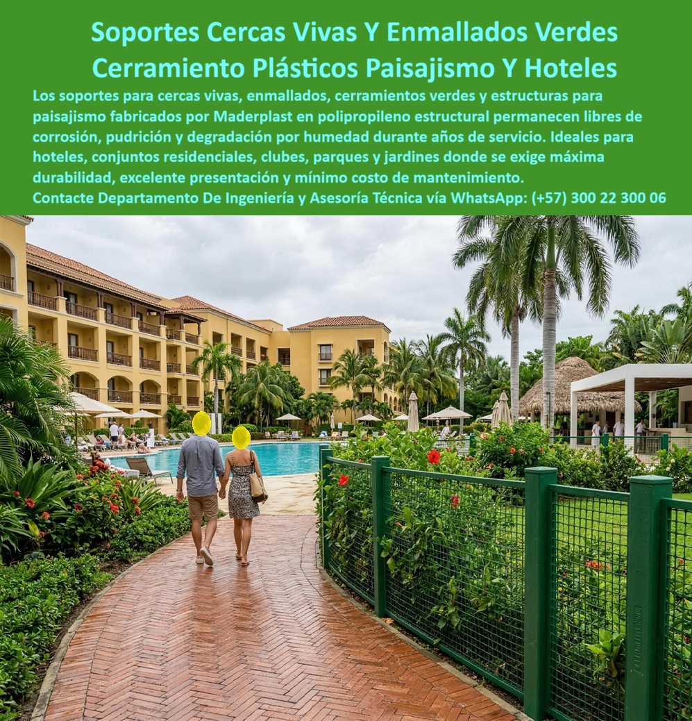 Soportes Muros Verdes Cerramientos cercas vivas Maderplast - Los soportes para cercas vivas, enmallados verdes y estructuras para paisajismo son mucho más que un sistema de delimitación; constituyen la base sobre la cual crecen espacios naturales capaces de integrar arquitectura, sostenibilidad y seguridad en un mismo proyecto. Hoteles, clubes, conjuntos residenciales, parques, jardines botánicos, complejos turísticos y desarrollos urbanísticos buscan soluciones que permitan crear barreras verdes permanentes con una excelente presentación y un mantenimiento reducido. Para arquitectos paisajistas, diseñadores urbanos, ingenieros ambientales y desarrolladores inmobiliarios, el verdadero reto consiste en encontrar estructuras que soporten el crecimiento continuo de la vegetación sin deteriorarse por la humedad, la lluvia, el riego permanente o la exposición al sol. Los sistemas para cercas vivas desarrollados por Maderplast responden a este desafío mediante estructuras fabricadas en polipropileno estructural de alta ingeniería que permanecen estables, resistentes y libres de corrosión durante muchos años de servicio. Cada soporte para muros verdes y cerramientos ecológicos se diseña para integrarse de forma armónica con jardines, senderos, piscinas, hoteles, parques y zonas recreativas, permitiendo que las plantas trepadoras se desarrollen de manera ordenada mientras crean espacios más frescos, naturales y visualmente atractivos. A diferencia de estructuras metálicas expuestas a la oxidación o de materiales orgánicos que se degradan con el tiempo, los enmallados y soportes fabricados por Maderplast conservan su resistencia estructural frente a la humedad permanente, los fertilizantes, el contacto con el suelo y las condiciones climáticas más exigentes. Esta estabilidad permite reducir considerablemente los trabajos de mantenimiento y conservar una excelente apariencia durante toda la vida útil del proyecto, aportando valor estético y funcional a la infraestructura. Un importante complejo hotelero decidió incorporar cercas vivas para mejorar la privacidad de las áreas recreativas y reforzar la integración entre las edificaciones y el paisaje tropical. La administración buscaba una solución que ofreciera una imagen natural sin asumir los elevados costos de mantenimiento asociados a estructuras tradicionales deterioradas por el ambiente húmedo. Después de instalar los soportes estructurales desarrollados por Maderplast, las plantas trepadoras crecieron de forma uniforme, formando cerramientos verdes de gran impacto visual que mejoran la experiencia de los huéspedes y aumentaron la valorización de las zonas exteriores. La resistencia de la estructura permitió mantener el proyecto en excelentes condiciones con mínimas intervenciones, consolidando una solución sostenible, funcional y de larga duración. Los profesionales que buscan soportes para cercas vivas, estructuras para muros verdes, enmallados para paisajismo, cerramientos ecológicos, sistemas para jardines verticales o soluciones de infraestructura verde necesitan productos que puedan especificarse con confianza desde la etapa de diseño. Por ello, Maderplast acompaña a arquitectos, paisajistas, urbanistas, ingenieros civiles y desarrolladores durante todo el proceso, ofreciendo asesoría técnica, diseño personalizado, fabricación especializada e instalación llave en mano para proyectos hoteleros, urbanísticos, comerciales e institucionales. Este acompañamiento permite integrar naturaleza e infraestructura mediante soluciones resistentes, elegantes y adaptadas a las necesidades particulares de cada obra. Elegir una estructura únicamente por su costo inicial puede traducirse en años de gastos por corrosión, sustituciones, deformaciones y pérdida de calidad estética. En cambio, invertir en soportes para cercas vivas y cerramientos ecológicos fabricados por Maderplast significa desarrollar una infraestructura preparada para convivir con la vegetación durante décadas, con un bajo costo total de propiedad y un excelente comportamiento frente a la intemperie. Gracias a la combinación de ingeniería especializada, materiales de alta resistencia, fabricación nacional y experiencia en proyectos reales, Maderplast ofrece soluciones que unen paisajismo, sostenibilidad y durabilidad en un mismo sistema constructivo. Si su proyecto contempla hoteles, clubes, conjuntos residenciales, parques, jardines o desarrollos donde la naturaleza haga parte del diseño arquitectónico, contacte al Departamento de Ingeniería y Asesoría Técnica de Maderplast vía WhatsApp (+57) 300 22 300 06, donde un especialista desarrollará una solución personalizada para crear cerramientos verdes duraderos, seguros y de alto valor paisajístico. Estructuras vallados vivos sin mantenimiento de por vida, Enmallados y Soportes Cercas Vivas Alta Durabilidad Exterior, Cerramientos ecológicos de alta durabilidad jardines, Cercados PP Soportes Muros Verdes Cerramientos cercas vivas Maderplast Estructuras vallados vivos sin mantenimiento de por vida Enmallados y Soportes Cercas Vivas Alta Durabilidad Exterior Cerramientos ecológicos de alta durabilidad jardines Cercados PP Los soportes para cercas vivas, enmallados verdes y estructuras para paisajismo son mucho más que un sistema de delimitación; constituyen la base sobre la cual crecen espacios naturales capaces de integrar arquitectura, sostenibilidad y seguridad en un mismo proyecto. Hoteles, clubes, conjuntos residenciales, parques, jardines botánicos, complejos turísticos y desarrollos urbanísticos buscan soluciones que permitan crear barreras verdes permanentes con una excelente presentación y un mantenimiento reducido. Para arquitectos paisajistas, diseñadores urbanos, ingenieros ambientales y desarrolladores inmobiliarios, el verdadero reto consiste en encontrar estructuras que soporten el crecimiento continuo de la vegetación sin deteriorarse por la humedad, la lluvia, el riego permanente o la exposición al sol. Los sistemas para cercas vivas desarrollados por Maderplast responden a este desafío mediante estructuras fabricadas en polipropileno estructural de alta ingeniería que permanecen estables, resistentes y libres de corrosión durante muchos años de servicio. Cada soporte para muros verdes y cerramientos ecológicos se diseña para integrarse de forma armónica con jardines, senderos, piscinas, hoteles, parques y zonas recreativas, permitiendo que las plantas trepadoras se desarrollen de manera ordenada mientras crean espacios más frescos, naturales y visualmente atractivos. A diferencia de estructuras metálicas expuestas a la oxidación o de materiales orgánicos que se degradan con el tiempo, los enmallados y soportes fabricados por Maderplast conservan su resistencia estructural frente a la humedad permanente, los fertilizantes, el contacto con el suelo y las condiciones climáticas más exigentes. Esta estabilidad permite reducir considerablemente los trabajos de mantenimiento y conservar una excelente apariencia durante toda la vida útil del proyecto, aportando valor estético y funcional a la infraestructura. Un importante complejo hotelero decidió incorporar cercas vivas para mejorar la privacidad de las áreas recreativas y reforzar la integración entre las edificaciones y el paisaje tropical. La administración buscaba una solución que ofreciera una imagen natural sin asumir los elevados costos de mantenimiento asociados a estructuras tradicionales deterioradas por el ambiente húmedo. Después de instalar los soportes estructurales desarrollados por Maderplast, las plantas trepadoras crecieron de forma uniforme, formando cerramientos verdes de gran impacto visual que mejoran la experiencia de los huéspedes y aumentaron la valorización de las zonas exteriores. La resistencia de la estructura permitió mantener el proyecto en excelentes condiciones con mínimas intervenciones, consolidando una solución sostenible, funcional y de larga duración. Los profesionales que buscan soportes para cercas vivas, estructuras para muros verdes, enmallados para paisajismo, cerramientos ecológicos, sistemas para jardines verticales o soluciones de infraestructura verde necesitan productos que puedan especificarse con confianza desde la etapa de diseño. Por ello, Maderplast acompaña a arquitectos, paisajistas, urbanistas, ingenieros civiles y desarrolladores durante todo el proceso, ofreciendo asesoría técnica, diseño personalizado, fabricación especializada e instalación llave en mano para proyectos hoteleros, urbanísticos, comerciales e institucionales. Este acompañamiento permite integrar naturaleza e infraestructura mediante soluciones resistentes, elegantes y adaptadas a las necesidades particulares de cada obra. Elegir una estructura únicamente por su costo inicial puede traducirse en años de gastos por corrosión, sustituciones, deformaciones y pérdida de calidad estética. En cambio, invertir en soportes para cercas vivas y cerramientos ecológicos fabricados por Maderplast significa desarrollar una infraestructura preparada para convivir con la vegetación durante décadas, con un bajo costo total de propiedad y un excelente comportamiento frente a la intemperie. Gracias a la combinación de ingeniería especializada, materiales de alta resistencia, fabricación nacional y experiencia en proyectos reales, Maderplast ofrece soluciones que unen paisajismo, sostenibilidad y durabilidad en un mismo sistema constructivo. Si su proyecto contempla hoteles, clubes, conjuntos residenciales, parques, jardines o desarrollos donde la naturaleza haga parte del diseño arquitectónico, contacte al Departamento de Ingeniería y Asesoría Técnica de Maderplast vía WhatsApp (+57) 300 22 300 06, donde un especialista desarrollará una solución personalizada para crear cerramientos verdes duraderos, seguros y de alto valor paisajístico.