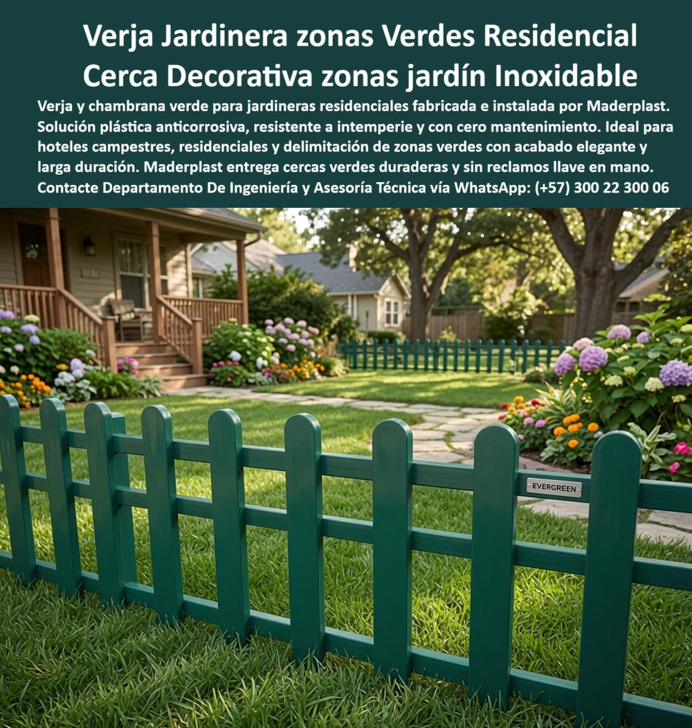 Vallado jardinera verde Verja Perimetral Zona Jardín Cercado Maderplast - Las verjas verdes para jardineras, vallados perimetrales y cercas decorativas cumplen una función esencial en proyectos residenciales, hoteles campestres, clubes, condominios y desarrollos paisajísticos donde la estética debe ir acompañada de protección y durabilidad. Más allá de delimitar un espacio, estas estructuras organizan las zonas verdes, protegen jardines y senderos, orientan el tránsito peatonal y mejoran la imagen general del proyecto. Sin embargo, cuando se fabrican en madera o metal, la humedad, la lluvia, los fertilizantes y la radiación ultravioleta aceleran su deterioro, obligando a realizar constantes reparaciones, pintura y reemplazos. Las verjas verdes desarrolladas por Maderplast ofrecen una solución definitiva mediante materiales plásticos estructurales de alta ingeniería que permanecen inmunes a la corrosión, la pudrición y el desgaste ambiental, conservando durante décadas una apariencia impecable con un mantenimiento mínimo. Su diseño tipo chambrana residencial se integra naturalmente con jardines, senderos, parques, hoteles campestres, conjuntos residenciales y zonas recreativas, aportando orden visual y una sensación permanente de cuidado. El acabado verde armoniza con el paisaje, mientras que la estructura resiste la humedad, el sol intenso y las variaciones climáticas sin perder estabilidad ni color. Gracias a estas características, las cercas verdes Maderplast se convierten en una excelente alternativa para proteger jardineras, delimitar zonas verdes y separar áreas peatonales sin afectar la estética del entorno ni generar los elevados costos de conservación propios de otros materiales tradicionales. Un conjunto residencial buscaba renovar los antiguos cerramientos de sus jardines, los cuales presentaban corrosión, pintura desprendida y un aspecto que desvalorizaba las zonas comunes. La administración necesitaba una solución elegante, resistente y capaz de mantenerse en excelentes condiciones durante muchos años sin incrementar el presupuesto anual de mantenimiento. Después de instalar las verjas perimetrales verdes fabricadas por Maderplast, los jardines adquirieron una apariencia mucho más organizada y uniforme, desaparecieron los problemas de oxidación y pintura, y las áreas comunes conservaron una imagen permanente de calidad que mejoró la percepción de los residentes y visitantes. La inversión se tradujo en menores costos operativos y en un entorno mucho más atractivo para toda la comunidad. Arquitectos paisajistas, urbanistas, administradores de propiedad horizontal, constructoras y diseñadores de espacios exteriores buscan cercas verdes para jardineras, verjas perimetrales, vallados decorativos, chambranas residenciales, delimitadores de jardines, cerramientos para hoteles campestres y soluciones resistentes a la intemperie que combinan diseño con una larga vida útil. Maderplast desarrolla estos sistemas mediante procesos de ingeniería, fabricación e instalación llave en mano, adaptando medidas, diseños, colores y configuraciones a las necesidades específicas de cada proyecto, garantizando una integración estética con el paisaje y un excelente comportamiento estructural frente al uso continuo y las condiciones ambientales más exigentes. Elegir un vallado únicamente por su bajo costo inicial suele generar gastos permanentes derivados de pintura, corrosión, deformaciones y sustituciones frecuentes. En cambio, invertir en verjas verdes, cercas decorativas y cerramientos para jardineras fabricados por Maderplast significa incorporar una solución diseñada para ofrecer una larga vida útil, un bajo costo total de propiedad y una excelente presentación durante décadas. La combinación de materiales plásticos estructurales de alta resistencia, ingeniería especializada, fabricación nacional y experiencia en proyectos residenciales, hoteleros y urbanísticos convierte a Maderplast en un aliado estratégico para quienes desean proteger y embellecer sus zonas verdes sin preocuparse por el deterioro ocasionado por el clima. Si su proyecto contempla jardines, senderos, parques, hoteles campestres, conjuntos residenciales o espacios paisajísticos, contacte al Departamento de Ingeniería y Asesoría Técnica de Maderplast vía WhatsApp (+57) 300 22 300 06, donde un especialista desarrollará una solución personalizada que conservará la belleza y funcionalidad de sus áreas verdes durante muchos años. Chambrana Verde Jardinera Residencial Inoxidable Sin Reclamos, Cercas Verdes Hoteles Campestres, Cerca Verde Jardinera Residencial Inoxidable Larga Duración, Cerca Verdes Vallado jardinera verde Verja Perimetral Zona Jardín Cercado Maderplast Chambrana Verde Jardinera Residencial Inoxidable Sin Reclamos Cercas Verdes Hoteles Campestres Cerca Verde Jardinera Residencial Inoxidable Larga Duración Cerca Verdes Las verjas verdes para jardineras, vallados perimetrales y cercas decorativas cumplen una función esencial en proyectos residenciales, hoteles campestres, clubes, condominios y desarrollos paisajísticos donde la estética debe ir acompañada de protección y durabilidad. Más allá de delimitar un espacio, estas estructuras organizan las zonas verdes, protegen jardines y senderos, orientan el tránsito peatonal y mejoran la imagen general del proyecto. Sin embargo, cuando se fabrican en madera o metal, la humedad, la lluvia, los fertilizantes y la radiación ultravioleta aceleran su deterioro, obligando a realizar constantes reparaciones, pintura y reemplazos. Las verjas verdes desarrolladas por Maderplast ofrecen una solución definitiva mediante materiales plásticos estructurales de alta ingeniería que permanecen inmunes a la corrosión, la pudrición y el desgaste ambiental, conservando durante décadas una apariencia impecable con un mantenimiento mínimo. Su diseño tipo chambrana residencial se integra naturalmente con jardines, senderos, parques, hoteles campestres, conjuntos residenciales y zonas recreativas, aportando orden visual y una sensación permanente de cuidado. El acabado verde armoniza con el paisaje, mientras que la estructura resiste la humedad, el sol intenso y las variaciones climáticas sin perder estabilidad ni color. Gracias a estas características, las cercas verdes Maderplast se convierten en una excelente alternativa para proteger jardineras, delimitar zonas verdes y separar áreas peatonales sin afectar la estética del entorno ni generar los elevados costos de conservación propios de otros materiales tradicionales. Un conjunto residencial buscaba renovar los antiguos cerramientos de sus jardines, los cuales presentaban corrosión, pintura desprendida y un aspecto que desvalorizaba las zonas comunes. La administración necesitaba una solución elegante, resistente y capaz de mantenerse en excelentes condiciones durante muchos años sin incrementar el presupuesto anual de mantenimiento. Después de instalar las verjas perimetrales verdes fabricadas por Maderplast, los jardines adquirieron una apariencia mucho más organizada y uniforme, desaparecieron los problemas de oxidación y pintura, y las áreas comunes conservaron una imagen permanente de calidad que mejoró la percepción de los residentes y visitantes. La inversión se tradujo en menores costos operativos y en un entorno mucho más atractivo para toda la comunidad. Arquitectos paisajistas, urbanistas, administradores de propiedad horizontal, constructoras y diseñadores de espacios exteriores buscan cercas verdes para jardineras, verjas perimetrales, vallados decorativos, chambranas residenciales, delimitadores de jardines, cerramientos para hoteles campestres y soluciones resistentes a la intemperie que combinan diseño con una larga vida útil. Maderplast desarrolla estos sistemas mediante procesos de ingeniería, fabricación e instalación llave en mano, adaptando medidas, diseños, colores y configuraciones a las necesidades específicas de cada proyecto, garantizando una integración estética con el paisaje y un excelente comportamiento estructural frente al uso continuo y las condiciones ambientales más exigentes. Elegir un vallado únicamente por su bajo costo inicial suele generar gastos permanentes derivados de pintura, corrosión, deformaciones y sustituciones frecuentes. En cambio, invertir en verjas verdes, cercas decorativas y cerramientos para jardineras fabricados por Maderplast significa incorporar una solución diseñada para ofrecer una larga vida útil, un bajo costo total de propiedad y una excelente presentación durante décadas. La combinación de materiales plásticos estructurales de alta resistencia, ingeniería especializada, fabricación nacional y experiencia en proyectos residenciales, hoteleros y urbanísticos convierte a Maderplast en un aliado estratégico para quienes desean proteger y embellecer sus zonas verdes sin preocuparse por el deterioro ocasionado por el clima. Si su proyecto contempla jardines, senderos, parques, hoteles campestres, conjuntos residenciales o espacios paisajísticos, contacte al Departamento de Ingeniería y Asesoría Técnica de Maderplast vía WhatsApp (+57) 300 22 300 06, donde un especialista desarrollará una solución personalizada que conservará la belleza y funcionalidad de sus áreas verdes durante muchos años.
