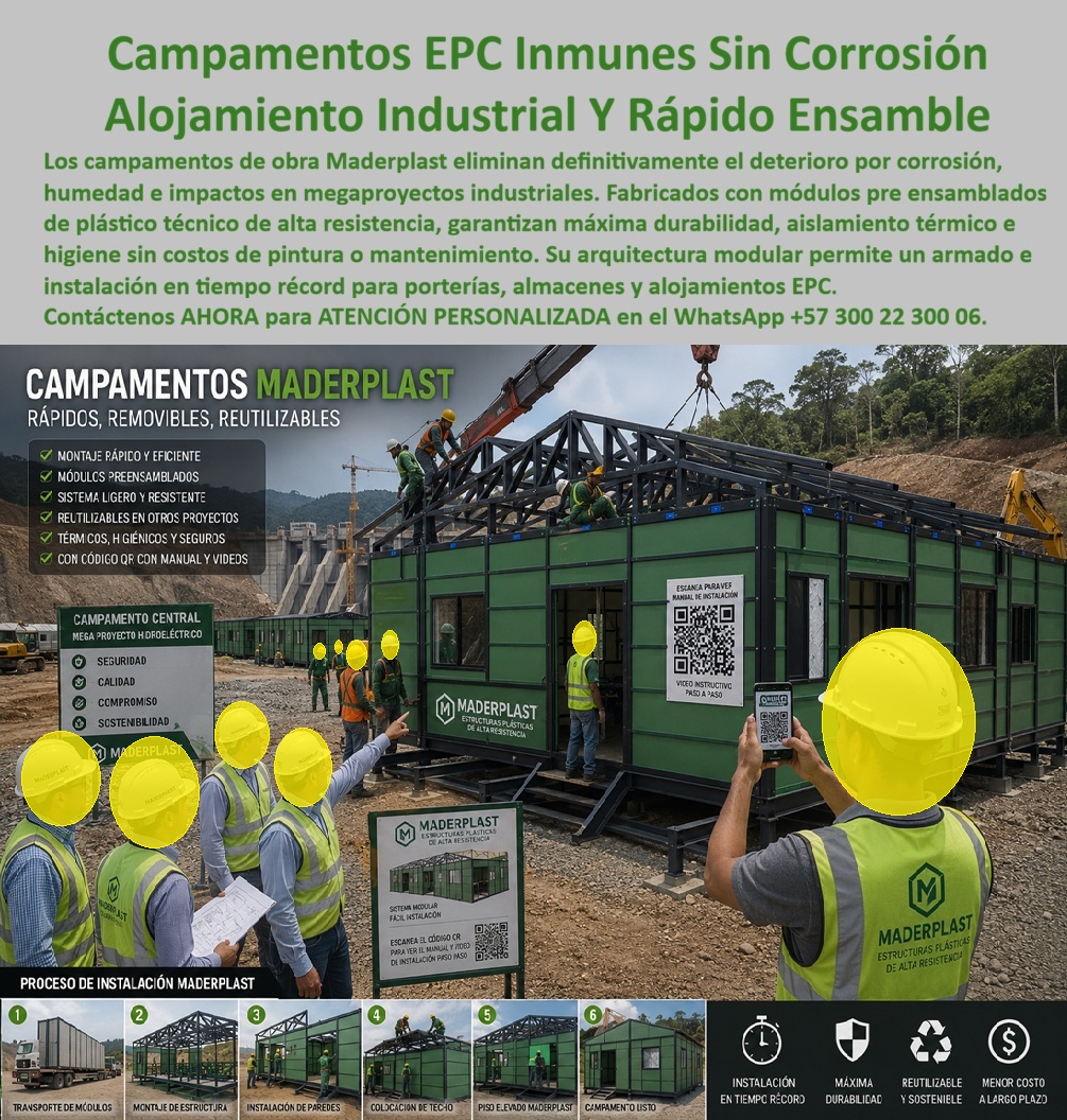 Campamento Portería Almacén Campamentos Alojamientos EPC Maderplast - Campamentos Modulares EPC para Megaobras: Porterías, Almacenes y Alojamientos Industriales de Alta Ingeniería Meta descripción Campamentos modulares EPC para megaobras, minería, hidroeléctricas, energía e infraestructura. Porterías, almacenes, oficinas y alojamientos industriales reutilizables, de rápida instalación, alta durabilidad y mínimo mantenimiento para proyectos de gran escala. La imagen presenta un moderno campamento modular EPC desarrollado por Maderplast para satisfacer las necesidades de grandes proyectos de infraestructura, minería, petróleo, hidroeléctricas, energía y construcción industrial. Este sistema integral de campamentos industriales EPC permite instalar rápidamente porterías, almacenes, oficinas, alojamientos, comedores y edificios administrativos, ofreciendo una solución completamente modular, reutilizable y diseñada para soportar las condiciones más exigentes de una obra de gran magnitud. Los alojamientos modulares para megaproyectos se fabrican con materiales plásticos de ingeniería que eliminan los problemas de corrosión, humedad, pudrición y deterioro propios de las construcciones tradicionales. Su excelente resistencia al impacto, estabilidad estructural y aislamiento térmico permiten operar durante años con mínimos costos de mantenimiento, incluso en ambientes agresivos, zonas tropicales, regiones lluviosas o áreas de difícil acceso. El campamento modular multiuso para obra civil se caracteriza por su sistema preensamblado, que reduce significativamente los tiempos de transporte, montaje y puesta en funcionamiento. Cada módulo puede desmontarse, trasladarse y reutilizarse en nuevos proyectos, convirtiéndose en una inversión de largo plazo que disminuye el costo total de propiedad y optimiza los recursos de las empresas constructoras y contratistas. Maderplast fabrica estos campamentos de obra, oficinas, porterías y módulos industriales mediante procesos industriales controlados y certificaciones de calidad y gestión ambiental, desarrollando soluciones totalmente personalizadas para cada cliente. Los módulos pueden configurarse como dormitorios, oficinas ejecutivas, salas de reuniones, laboratorios, enfermeras, baterías sanitarias, bodegas y cualquier otra instalación requerida por proyectos EPC o de infraestructura. La calidad del sistema está respaldada por pruebas de laboratorio, demostraciones de resistencia y aplicaciones reales en proyectos de alta exigencia. Este respaldo técnico brinda seguridad a ingenieros, directores de proyecto y responsables de compras que requieren infraestructura reutilizable, durable y preparada para operar con eficiencia durante muchos años. Elegir los campamentos modulares EPC, los alojamientos modulares para megaproyectos, el sistema integral de campamentos industriales EPC, el campamento modular multiuso para obra civil y las soluciones de porterías, almacenes y oficinas desarrolladas por Maderplast significa invertir en infraestructura moderna, reutilizable, rápida de instalar y diseñada para reducir costos de operación, mejorar la productividad y acompañar el crecimiento de cada proyecto con máxima confiabilidad. Contáctenos ahora mismo por WhatsApp y reciba atención personalizada de un asesor especializado: +57 300 22 300 06. Alojamientos Modulares Megaproyectos, sistema integral de campamentos industriales EPC, Campamento modular multiuso EPC obra civil, Instalar Campamentos de Obra Campamento Portería Almacén Campamentos Alojamientos EPC Maderplast Alojamientos Modulares Megaproyectos sistema integral de campamentos industriales EPC Campamento modular multiuso EPC obra civil Instalar Campamentos de Obra Campamentos Modulares EPC para Megaobras: Porterías, Almacenes y Alojamientos Industriales de Alta Ingeniería Meta descripción Campamentos modulares EPC para megaobras, minería, hidroeléctricas, energía e infraestructura. Porterías, almacenes, oficinas y alojamientos industriales reutilizables, de rápida instalación, alta durabilidad y mínimo mantenimiento para proyectos de gran escala. La imagen presenta un moderno campamento modular EPC desarrollado por Maderplast para satisfacer las necesidades de grandes proyectos de infraestructura, minería, petróleo, hidroeléctricas, energía y construcción industrial. Este sistema integral de campamentos industriales EPC permite instalar rápidamente porterías, almacenes, oficinas, alojamientos, comedores y edificios administrativos, ofreciendo una solución completamente modular, reutilizable y diseñada para soportar las condiciones más exigentes de una obra de gran magnitud. Los alojamientos modulares para megaproyectos se fabrican con materiales plásticos de ingeniería que eliminan los problemas de corrosión, humedad, pudrición y deterioro propios de las construcciones tradicionales. Su excelente resistencia al impacto, estabilidad estructural y aislamiento térmico permiten operar durante años con mínimos costos de mantenimiento, incluso en ambientes agresivos, zonas tropicales, regiones lluviosas o áreas de difícil acceso. El campamento modular multiuso para obra civil se caracteriza por su sistema preensamblado, que reduce significativamente los tiempos de transporte, montaje y puesta en funcionamiento. Cada módulo puede desmontarse, trasladarse y reutilizarse en nuevos proyectos, convirtiéndose en una inversión de largo plazo que disminuye el costo total de propiedad y optimiza los recursos de las empresas constructoras y contratistas. Maderplast fabrica estos campamentos de obra, oficinas, porterías y módulos industriales mediante procesos industriales controlados y certificaciones de calidad y gestión ambiental, desarrollando soluciones totalmente personalizadas para cada cliente. Los módulos pueden configurarse como dormitorios, oficinas ejecutivas, salas de reuniones, laboratorios, enfermeras, baterías sanitarias, bodegas y cualquier otra instalación requerida por proyectos EPC o de infraestructura. La calidad del sistema está respaldada por pruebas de laboratorio, demostraciones de resistencia y aplicaciones reales en proyectos de alta exigencia. Este respaldo técnico brinda seguridad a ingenieros, directores de proyecto y responsables de compras que requieren infraestructura reutilizable, durable y preparada para operar con eficiencia durante muchos años. Elegir los campamentos modulares EPC, los alojamientos modulares para megaproyectos, el sistema integral de campamentos industriales EPC, el campamento modular multiuso para obra civil y las soluciones de porterías, almacenes y oficinas desarrolladas por Maderplast significa invertir en infraestructura moderna, reutilizable, rápida de instalar y diseñada para reducir costos de operación, mejorar la productividad y acompañar el crecimiento de cada proyecto con máxima confiabilidad. Contáctenos ahora mismo por WhatsApp y reciba atención personalizada de un asesor especializado: +57 300 22 300 06.