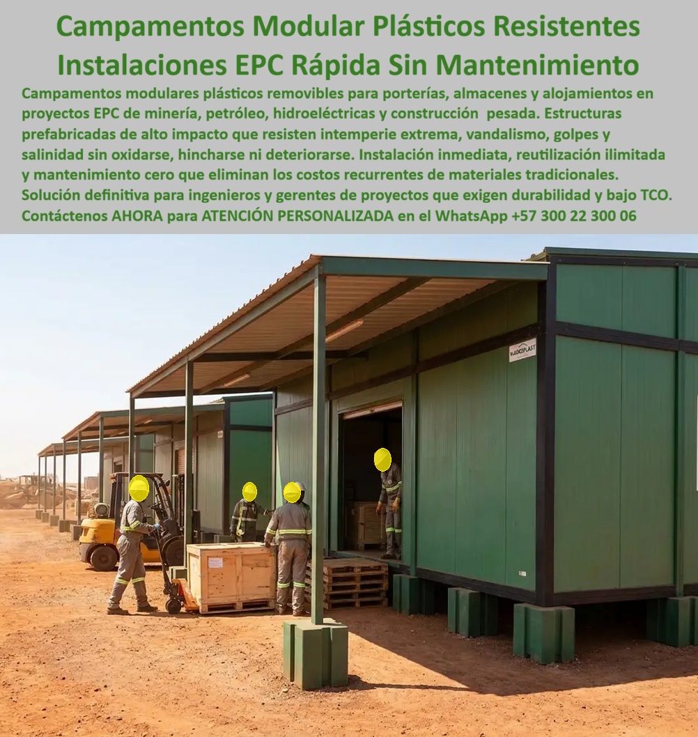 Campamento Portería Almacén Campamentos Alojamientos EPC Maderplast - Campamento Portería Almacén Campamentos Alojamientos EPC Maderplast: Instalaciones Prefabricadas EPC y Estructuras Removibles de Alto Impacto Meta Descripción: Campamento portería almacén, campamentos alojamientos EPC Maderplast, instalaciones prefabricadas removibles para hidroeléctricas, minería y petróleo. Las estructuras modulares en polímeros de alto impacto que garantizan bajo costo total de propiedad, resistencia a la intemperie y cero mantenimiento. Los campamentos portería almacén campamentos alojamientos EPC Maderplast representan la vanguardia técnica en infraestructura modular para frentes de obra pesada en hidroeléctricas, minería, petróleo y megaproyectos energéticos. En la imagen de campo se evidencia una batería de módulos verdes de gran formato dedicados a almacenamiento y control logístico, dotados de marquesinas protectoras, aleros extendidos y una estructura elevada sobre soportes plásticos aislantes del terreno. La toma captura la dinámica de trabajo real: operarios y montacargas coordinan el movimiento de huacales de madera y estibas hacia la zona de despacho del almacén. Los paneles sintéticos de polipropileno estructural que componen las paredes y cubiertas resisten el impacto de maquinaria, la radiación solar agresiva y ambientes marinos o mineros altamente corrosivos sin oxidarse, abolirse ni perder rigidez. Esta ingeniería prefabricada consolida a Maderplast como el fabricante líder que transforma necesidades complejas de logística en obras reales de baja manutención. En proyectos donde la construcción acelerada y la gestión de proyectos EPC exigen edificaciones removibles de rápida puesta en marcha, los campamentos removibles EPC construcción Maderplast superan operativamente a las casetas metálicas ordinarias y contenedores marítimos adaptados. Al analizar por qué implementar campamentos EPC hidroeléctricas, minería y petróleo fabricados en polímeros industriales frente a estructuras de madera o chapa, la razón técnica radica en la total impermeabilidad del material, su bajo peso estructural que facilita el izaje y transporte a zonas de difícil acceso, y su Inmunidad ante hongos, químicos y humedad del suelo. Mientras que las casetas metálicas sufren corrosión severa, abolladuras permanentes y sobrecalentamiento interno, las instalaciones prefabricadas EPC proyectos de infraestructura Maderplast mantienen un ambiente interior fresco, lavable con agua a presión y seguro contra actos vandálicos o uso pesado diario. Desde la perspectiva del análisis financiero y de la ingeniería de costos, la adopción del sistema de campamento portería almacén Maderplast optimiza categóricamente el costo total de propiedad (TCO) frente a la compra o alquiler de módulos de la competencia. Las opciones baratas o contenedores de segunda mano ocultan gastos desmedidos en pintura anticorrosiva constante, reparación de pisos perforados por la carga, pérdidas por humedad en mercancías e imposibilidad de rearmar los módulos en nuevos frentes de obra sin destruir sus uniones. La inversión en estas estructuras modulares Maderplast constituye una decisión de construcción inteligente con cero costos de conservación física y vida útil proyectada para reutilizarse en múltiples proyectos, disminuyendo los costos operativos de infraestructura provisional hasta en un ochenta por ciento a lo largo de su servicio. Maderplast certifica el diseño y la producción de sus soluciones modulares para almacenamiento y alojamiento bajo normativas industriales de exigencia internacional, contando con certificación ISO 9001 en diseño y desarrollo de productos e ISO 14001 en gestión ambiental. "GERENTE DE LOGÍSTICA Y PROYECTOS EPC: 'La implementación de los módulos Maderplast para las porterías, almacenes y alojamientos en nuestro proyecto hidroeléctrico eliminó los problemas de corrosión y mantenimiento. Soportan la operación pesada con montacargas e intemperie extrema sin un solo daño; el ahorro en logística de traslado y pintura pagó la inversión desde las primeras etapas, respaldado por facturación auditada y ensayos de laboratorio'." Toda la oferta de campamentos modulares dispone de pruebas de carga e impacto certificadas por la ONAC, fichas técnicas descargables, planos acotados en milímetros y atención inmediata para solicitudes de cotización, personalización, prototipos, renders y producción en serie. Para asegurar la solución exacta que se adapta a su proyecto de infraestructura como la zapatilla de la Cenicienta, Contáctenos ahora mismo por WhatsApp y reciba atención personalizada de un asesor especializado: +57 300 22 300 06. Campamentos EPC Hidroeléctricas, Minería y Petróleo, Campamentos Removibles EPC Construcción, Instalaciones prefabricadas EPC proyectos de infraestructura, Estructuras Campamento Portería Almacén Campamentos Alojamientos EPC Maderplast Campamentos EPC Hidroeléctricas Minería y Petróleo Campamentos Removibles EPC Construcción Instalaciones prefabricadas EPC proyectos de infraestructura Estructuras Campamento Portería Almacén Campamentos Alojamientos EPC Maderplast: Instalaciones Prefabricadas EPC y Estructuras Removibles de Alto Impacto Meta Descripción: Campamento portería almacén, campamentos alojamientos EPC Maderplast, instalaciones prefabricadas removibles para hidroeléctricas, minería y petróleo. Las estructuras modulares en polímeros de alto impacto que garantizan bajo costo total de propiedad, resistencia a la intemperie y cero mantenimiento. Los campamentos portería almacén campamentos alojamientos EPC Maderplast representan la vanguardia técnica en infraestructura modular para frentes de obra pesada en hidroeléctricas, minería, petróleo y megaproyectos energéticos. En la imagen de campo se evidencia una batería de módulos verdes de gran formato dedicados a almacenamiento y control logístico, dotados de marquesinas protectoras, aleros extendidos y una estructura elevada sobre soportes plásticos aislantes del terreno. La toma captura la dinámica de trabajo real: operarios y montacargas coordinan el movimiento de huacales de madera y estibas hacia la zona de despacho del almacén. Los paneles sintéticos de polipropileno estructural que componen las paredes y cubiertas resisten el impacto de maquinaria, la radiación solar agresiva y ambientes marinos o mineros altamente corrosivos sin oxidarse, abolirse ni perder rigidez. Esta ingeniería prefabricada consolida a Maderplast como el fabricante líder que transforma necesidades complejas de logística en obras reales de baja manutención. En proyectos donde la construcción acelerada y la gestión de proyectos EPC exigen edificaciones removibles de rápida puesta en marcha, los campamentos removibles EPC construcción Maderplast superan operativamente a las casetas metálicas ordinarias y contenedores marítimos adaptados. Al analizar por qué implementar campamentos EPC hidroeléctricas, minería y petróleo fabricados en polímeros industriales frente a estructuras de madera o chapa, la razón técnica radica en la total impermeabilidad del material, su bajo peso estructural que facilita el izaje y transporte a zonas de difícil acceso, y su Inmunidad ante hongos, químicos y humedad del suelo. Mientras que las casetas metálicas sufren corrosión severa, abolladuras permanentes y sobrecalentamiento interno, las instalaciones prefabricadas EPC proyectos de infraestructura Maderplast mantienen un ambiente interior fresco, lavable con agua a presión y seguro contra actos vandálicos o uso pesado diario. Desde la perspectiva del análisis financiero y de la ingeniería de costos, la adopción del sistema de campamento portería almacén Maderplast optimiza categóricamente el costo total de propiedad (TCO) frente a la compra o alquiler de módulos de la competencia. Las opciones baratas o contenedores de segunda mano ocultan gastos desmedidos en pintura anticorrosiva constante, reparación de pisos perforados por la carga, pérdidas por humedad en mercancías e imposibilidad de rearmar los módulos en nuevos frentes de obra sin destruir sus uniones. La inversión en estas estructuras modulares Maderplast constituye una decisión de construcción inteligente con cero costos de conservación física y vida útil proyectada para reutilizarse en múltiples proyectos, disminuyendo los costos operativos de infraestructura provisional hasta en un ochenta por ciento a lo largo de su servicio. Maderplast certifica el diseño y la producción de sus soluciones modulares para almacenamiento y alojamiento bajo normativas industriales de exigencia internacional, contando con certificación ISO 9001 en diseño y desarrollo de productos e ISO 14001 en gestión ambiental. "GERENTE DE LOGÍSTICA Y PROYECTOS EPC: 'La implementación de los módulos Maderplast para las porterías, almacenes y alojamientos en nuestro proyecto hidroeléctrico eliminó los problemas de corrosión y mantenimiento. Soportan la operación pesada con montacargas e intemperie extrema sin un solo daño; el ahorro en logística de traslado y pintura pagó la inversión desde las primeras etapas, respaldado por facturación auditada y ensayos de laboratorio'." Toda la oferta de campamentos modulares dispone de pruebas de carga e impacto certificadas por la ONAC, fichas técnicas descargables, planos acotados en milímetros y atención inmediata para solicitudes de cotización, personalización, prototipos, renders y producción en serie. Para asegurar la solución exacta que se adapta a su proyecto de infraestructura como la zapatilla de la Cenicienta, Contáctenos ahora mismo por WhatsApp y reciba atención personalizada de un asesor especializado: +57 300 22 300 06.