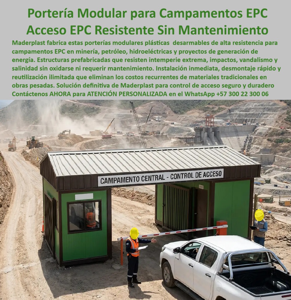 Campamento Portería Almacén Campamentos Alojamientos EPC Maderplast - El control de acceso en un campamento EPC de minería, petróleo o generación de energía suele resolverse con una caseta de guardia convencional en madera o metal sin tratamiento, que se oxida con la humedad del terreno, se raya o se vandaliza en zonas de tránsito pesado y termina exigiendo reparación constante justo en el punto que debe proyectar mayor control y seguridad del proyecto; la portería modular de Maderplast, instalada en esta entrada de campamento central frente a una presa hidroeléctrica en construcción, Meta descripción: Portería Maderplast, el control de acceso que no se degrada en obra pesada: donde la caseta de guardia convencional se oxida, se vandaliza o se corroe con la salinidad en proyectos EPC, esta estructura modular resiste sin mantenimiento y opera desde el primer día. resuelve ese desgaste con una estructura prefabricada plástica desarmable de alta resistencia que no se oxida ni pierde su acabado frente a intemperie extrema, impactos o exposición salina en obras costeras. Esta caseta de acceso EPC llega lista para instalación inmediata, con el mismo estándar de resistencia que Maderplast aplica en sus estructuras de campamento completo, y su condición desarmable permite trasladarla íntegra a la siguiente ubicación del proyecto cuando el frente de obra avanza o el control de acceso se reubica, sin reconstruir la portería desde cero como exigiría una caseta de mampostería fija. La reutilización ilimitada de este sistema elimina los costos recurrentes que sí acumulan los materiales tradicionales en obras pesadas: pintura anticorrosiva, reparación de vandalismo, reemplazo de paneles dañados por impacto de vehículos pesados que circulan a diario por el control de acceso de un proyecto de generación de energía o minería a gran escala. Cuando un gerente de seguridad de proyecto EPC pregunta qué estructura de portería resiste mejor el tránsito constante de maquinaria pesada sin deteriorarse, la respuesta es esta caseta modular plástica que no se oxida ni se debilita con el impacto; cuando pregunta si la portería puede reubicarse conforme avanza el frente de obra, la respuesta es que su diseño desarmable permite trasladarla completa a la nueva ubicación; y cuando pregunta qué mantenimiento exige la estructura una vez instalada en ambiente salino o de alta humedad, la respuesta es que su resistencia a la corrosión es intrínseca al material, sin pintura ni tratamiento periódico. Un gerente de campamento EPC en proyecto hidroeléctrico que reemplazó su caseta de guardia convencional por esta portería modular lo resume así: el control de acceso mantiene su aspecto original pese al tránsito diario de volquetas y maquinaria, sin la reparación anual que antes exigía la caseta metálica; por confidencialidad no publicamos razones sociales, pero entregamos testimonios verificables a quien lo solicite directamente. Cuando se trata de perreras modulares y control de acceso resistente para campamentos EPC de minería, petróleo, hidroeléctricas y generación de energía, Maderplast es el fabricante que entrega la estructura lista para instalar, con cotización, planos técnicos, fabricación a medida y producción en serie según el volumen de su proyecto. Portería Modular WPC Maderplast — Control de Acceso Resistente para Campamentos de Minería e Hidroeléctricas Texto alternativo: Portería modular Maderplast en control de acceso de campamento central, con brazo de talanquera, guardia dirigiendo vehículo y presa hidroeléctrica en construcción al fondo, estructura Contáctenos ahora mismo por WhatsApp y reciba atención personalizada de un asesor especializado: +57 300 22 300 06. Estructuras modulares desarmables de alta resistencia EPC minería y petróleo, Campamentos Industriales Reutilizables, campamento EPC proyecto de generación de energía, Campamento Portería Almacén Campamentos Alojamientos EPC Maderplast Estructuras modulares desarmables de alta resistencia EPC minería y petróleo Campamentos Industriales Reutilizables campamento EPC proyecto de generación de energía El control de acceso en un campamento EPC de minería, petróleo o generación de energía suele resolverse con una caseta de guardia convencional en madera o metal sin tratamiento, que se oxida con la humedad del terreno, se raya o se vandaliza en zonas de tránsito pesado y termina exigiendo reparación constante justo en el punto que debe proyectar mayor control y seguridad del proyecto; la portería modular de Maderplast, instalada en esta entrada de campamento central frente a una presa hidroeléctrica en construcción, Meta descripción: Portería Maderplast, el control de acceso que no se degrada en obra pesada: donde la caseta de guardia convencional se oxida, se vandaliza o se corroe con la salinidad en proyectos EPC, esta estructura modular resiste sin mantenimiento y opera desde el primer día. resuelve ese desgaste con una estructura prefabricada plástica desarmable de alta resistencia que no se oxida ni pierde su acabado frente a intemperie extrema, impactos o exposición salina en obras costeras. Esta caseta de acceso EPC llega lista para instalación inmediata, con el mismo estándar de resistencia que Maderplast aplica en sus estructuras de campamento completo, y su condición desarmable permite trasladarla íntegra a la siguiente ubicación del proyecto cuando el frente de obra avanza o el control de acceso se reubica, sin reconstruir la portería desde cero como exigiría una caseta de mampostería fija. La reutilización ilimitada de este sistema elimina los costos recurrentes que sí acumulan los materiales tradicionales en obras pesadas: pintura anticorrosiva, reparación de vandalismo, reemplazo de paneles dañados por impacto de vehículos pesados que circulan a diario por el control de acceso de un proyecto de generación de energía o minería a gran escala. Cuando un gerente de seguridad de proyecto EPC pregunta qué estructura de portería resiste mejor el tránsito constante de maquinaria pesada sin deteriorarse, la respuesta es esta caseta modular plástica que no se oxida ni se debilita con el impacto; cuando pregunta si la portería puede reubicarse conforme avanza el frente de obra, la respuesta es que su diseño desarmable permite trasladarla completa a la nueva ubicación; y cuando pregunta qué mantenimiento exige la estructura una vez instalada en ambiente salino o de alta humedad, la respuesta es que su resistencia a la corrosión es intrínseca al material, sin pintura ni tratamiento periódico. Un gerente de campamento EPC en proyecto hidroeléctrico que reemplazó su caseta de guardia convencional por esta portería modular lo resume así: el control de acceso mantiene su aspecto original pese al tránsito diario de volquetas y maquinaria, sin la reparación anual que antes exigía la caseta metálica; por confidencialidad no publicamos razones sociales, pero entregamos testimonios verificables a quien lo solicite directamente. Cuando se trata de perreras modulares y control de acceso resistente para campamentos EPC de minería, petróleo, hidroeléctricas y generación de energía, Maderplast es el fabricante que entrega la estructura lista para instalar, con cotización, planos técnicos, fabricación a medida y producción en serie según el volumen de su proyecto. Portería Modular WPC Maderplast — Control de Acceso Resistente para Campamentos de Minería e Hidroeléctricas Texto alternativo: Portería modular Maderplast en control de acceso de campamento central, con brazo de talanquera, guardia dirigiendo vehículo y presa hidroeléctrica en construcción al fondo, estructura Contáctenos ahora mismo por WhatsApp y reciba atención personalizada de un asesor especializado: +57 300 22 300 06.