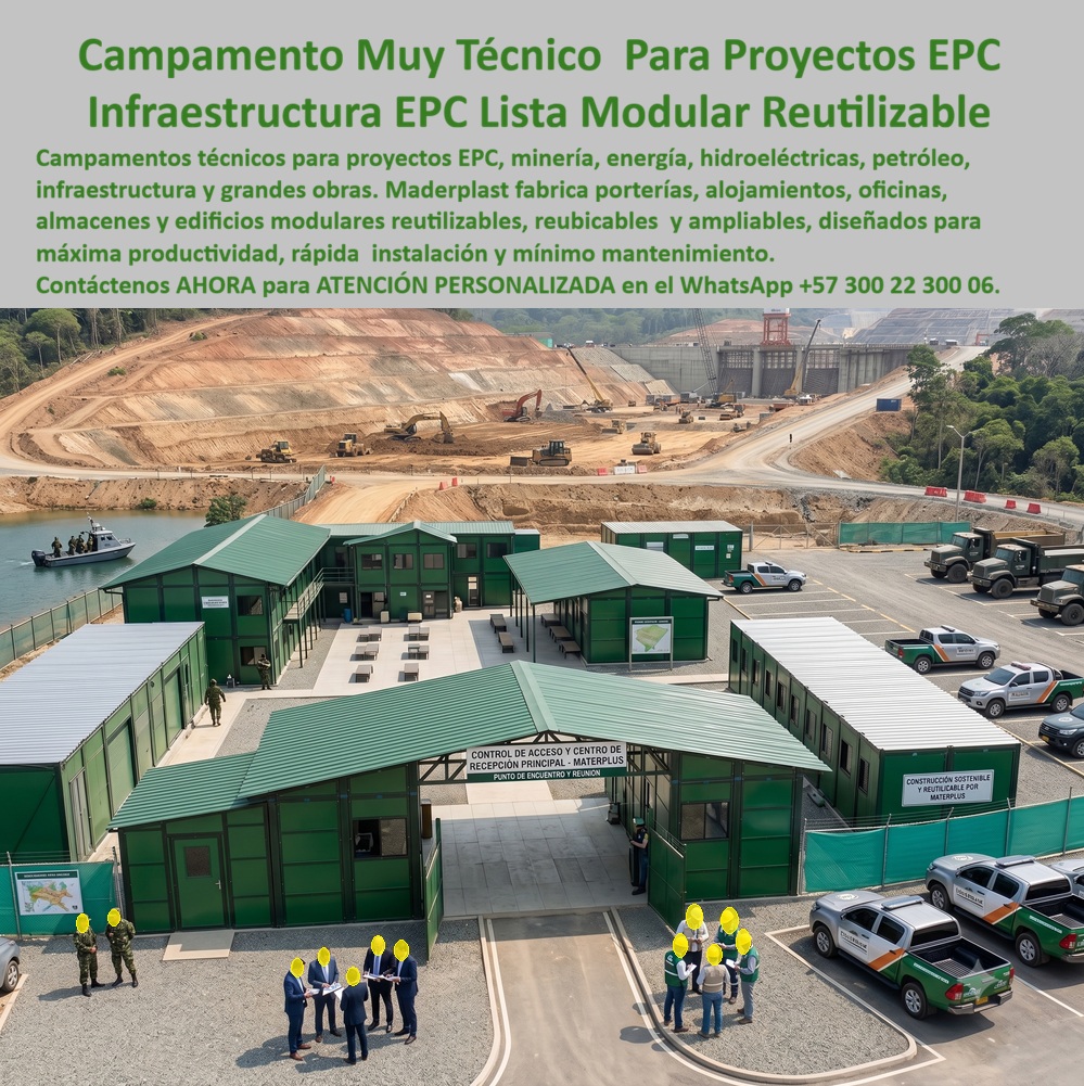 Campamento Portería Almacén Campamentos Alojamientos EPC Maderplast - Campamentos Técnicos para Proyectos EPC: Infraestructura Modular Inteligente, Reutilizable y de Alta Ingeniería Meta descripción Campamentos técnicos para proyectos EPC, minería, hidroeléctricas, energía e infraestructura. Campamentos modulares reutilizables con porterías, oficinas, alojamientos y almacenes de rápida instalación, máxima durabilidad y mínimo mantenimiento para grandes obras. La imagen presenta un moderno campamento técnico para proyectos EPC desarrollado por Maderplast como una solución integral para grandes proyectos de infraestructura, minería, hidroeléctricas, petróleo, energía y construcción industrial. Esta infraestructura modular inteligente para grandes obras integra porterías, oficinas, alojamientos, comedores, almacenes, salas técnicas y edificios administrativos dentro de un mismo complejo, permitiendo iniciar operaciones en muy poco tiempo mediante un sistema completamente modular, reutilizable y ampliable. Los campamentos de obra reutilizables y reubicables están fabricados con materiales plásticos de ingeniería de alta resistencia que soportan humedad, lluvia, ambientes agresivos, radiación solar y uso intensivo sin oxidarse, pudrirse ni deteriorarse. Su arquitectura modular facilita el transporte, el montaje, la ampliación y el traslado hacia nuevos frentes de trabajo, permitiendo reutilizar la infraestructura durante múltiples proyectos y reduciendo significativamente el costo total de inversión frente a las construcciones convencionales. Esta solución resulta ideal para empresas constructoras, contratistas, concesiones, compañías mineras, energéticas e hidroeléctricas que necesitan instalaciones funcionales, cómodas y seguras para su personal técnico y administrativo. Los módulos proporcionan excelente aislamiento térmico, ambientes confortables y espacios organizados que mejoran la productividad y la eficiencia operativa, mientras su diseño permite adaptarse fácilmente al crecimiento o evolución de cada proyecto. Maderplast fabrica estos campamentos técnicos para proyectos EPC, infraestructura modular inteligente, porterías, oficinas, alojamientos y almacenes mediante procesos industriales controlados y certificaciones de calidad y gestión ambiental. Cada proyecto puede personalizarse según las necesidades del cliente, incorporando diferentes distribuciones arquitectónicas, instalaciones eléctricas, redes hidrosanitarias, climatización, mobiliario y equipamientos especializados. La calidad del sistema está respaldada por pruebas de laboratorio, demostraciones de resistencia y aplicaciones reales en proyectos de alta exigencia, brindando confianza a ingenieros, gerentes de proyecto y departamentos de compras que requieren infraestructura reutilizable, durable y preparada para operar eficientemente durante muchos años. Elegir los campamentos técnicos para proyectos EPC, la infraestructura modular inteligente para grandes obras, los campamentos de obra reutilizables y reubicables, los alojamientos modulares, las porterías, oficinas y almacenes desarrollados por Maderplast significa invertir en una solución moderna, rápida de instalar, fácil de trasladar y diseñada para maximizar la productividad, reducir costos de operación y ofrecer una infraestructura confiable durante todo el ciclo de vida del proyecto. Contáctenos ahora mismo por WhatsApp y reciba atención personalizada de un asesor especializado: +57 300 22 300 06. Infraestructura Modular Inteligente para Grandes Obras, Campamentos Técnicos para Proyectos EPC, Campamentos de obra reutilizables y reubicables EPC Alojamiento Campamento Portería Almacén Campamentos Alojamientos EPC Maderplast Infraestructura Modular Inteligente para Grandes Obras Campamentos Técnicos para Proyectos EPC Campamentos de obra reutilizables y reubicables EPC Alojamiento Campamentos Técnicos para Proyectos EPC: Infraestructura Modular Inteligente, Reutilizable y de Alta Ingeniería Meta descripción Campamentos técnicos para proyectos EPC, minería, hidroeléctricas, energía e infraestructura. Campamentos modulares reutilizables con porterías, oficinas, alojamientos y almacenes de rápida instalación, máxima durabilidad y mínimo mantenimiento para grandes obras. La imagen presenta un moderno campamento técnico para proyectos EPC desarrollado por Maderplast como una solución integral para grandes proyectos de infraestructura, minería, hidroeléctricas, petróleo, energía y construcción industrial. Esta infraestructura modular inteligente para grandes obras integra porterías, oficinas, alojamientos, comedores, almacenes, salas técnicas y edificios administrativos dentro de un mismo complejo, permitiendo iniciar operaciones en muy poco tiempo mediante un sistema completamente modular, reutilizable y ampliable. Los campamentos de obra reutilizables y reubicables están fabricados con materiales plásticos de ingeniería de alta resistencia que soportan humedad, lluvia, ambientes agresivos, radiación solar y uso intensivo sin oxidarse, pudrirse ni deteriorarse. Su arquitectura modular facilita el transporte, el montaje, la ampliación y el traslado hacia nuevos frentes de trabajo, permitiendo reutilizar la infraestructura durante múltiples proyectos y reduciendo significativamente el costo total de inversión frente a las construcciones convencionales. Esta solución resulta ideal para empresas constructoras, contratistas, concesiones, compañías mineras, energéticas e hidroeléctricas que necesitan instalaciones funcionales, cómodas y seguras para su personal técnico y administrativo. Los módulos proporcionan excelente aislamiento térmico, ambientes confortables y espacios organizados que mejoran la productividad y la eficiencia operativa, mientras su diseño permite adaptarse fácilmente al crecimiento o evolución de cada proyecto. Maderplast fabrica estos campamentos técnicos para proyectos EPC, infraestructura modular inteligente, porterías, oficinas, alojamientos y almacenes mediante procesos industriales controlados y certificaciones de calidad y gestión ambiental. Cada proyecto puede personalizarse según las necesidades del cliente, incorporando diferentes distribuciones arquitectónicas, instalaciones eléctricas, redes hidrosanitarias, climatización, mobiliario y equipamientos especializados. La calidad del sistema está respaldada por pruebas de laboratorio, demostraciones de resistencia y aplicaciones reales en proyectos de alta exigencia, brindando confianza a ingenieros, gerentes de proyecto y departamentos de compras que requieren infraestructura reutilizable, durable y preparada para operar eficientemente durante muchos años. Elegir los campamentos técnicos para proyectos EPC, la infraestructura modular inteligente para grandes obras, los campamentos de obra reutilizables y reubicables, los alojamientos modulares, las porterías, oficinas y almacenes desarrollados por Maderplast significa invertir en una solución moderna, rápida de instalar, fácil de trasladar y diseñada para maximizar la productividad, reducir costos de operación y ofrecer una infraestructura confiable durante todo el ciclo de vida del proyecto. Contáctenos ahora mismo por WhatsApp y reciba atención personalizada de un asesor especializado: +57 300 22 300 06.