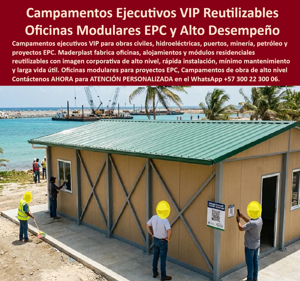Campamentos Portátiles Inteligentes Campamentos Ejecutivos VIP Maderplast - El campamento de obra genérico que se instala junto a un puerto, una hidroeléctrica o un proyecto EPC de gran envergadura suele transmitir la misma improvisación de cualquier caseta metálica sin diseño, algo que desentona frente a operaciones portuarias con grúas y maquinaria marítima donde clientes, socios y entes de control forman su primera impresión del proyecto justo al llegar al frente de obra; los campamentos ejecutivos VIP de Maderplast, Meta descripción: Campamentos ejecutivos Maderplast, la oficina de obra que proyecta alto nivel corporativo: donde el módulo genérico de obra transmite improvisación frente a puertos, hidroeléctricas y proyectos EPC, esta estructura VIP reutilizable entrega imagen profesional, mínimo mantenimiento y larga vida útil frente al mar. como esta oficina modular en madera plástica con estructura en cruz y cubierta verde instalada a orillas del mar, resuelven esa brecha de imagen con un módulo que combina alto desempeño constructivo con presentación corporativa desde el primer día de instalación. Esta oficina modular para proyectos EPC se fabrica en el mismo material de alta resistencia que emplea Maderplast en sus demás sistemas constructivos, así que la exposición constante a brisa marina, humedad portuaria y sol directo que se ve en la fotografía no compromete su acabado ni exige el repintado recurrente que sí necesitaría una estructura metálica convencional en ese mismo entorno costero. El campamento reutilizable conserva su valor a lo largo de varios proyectos: una vez terminada la fase de construcción del puerto o la hidroeléctrica, el mismo módulo ejecutivo se traslada al siguiente frente EPC sin perder su condición de oficina VIP, una diferencia central frente a las casetas de obra que se desechan al cierre de cada proyecto y se reconstruyen desde cero en la siguiente ubicación. El manual de instalación, traslado y mantenimiento mínimo disponible por código QR en la fachada, el mismo sistema que el personal técnico revisa en la imagen, permite que cualquier cuadrilla en cualquier proyecto de la compañía siga el procedimiento exacto de desmontaje y reinstalación sin depender del equipo original que armó el módulo, agilizando la rotación de campamentos entre distintos frentes de obra hidroeléctrica, portuaria o minera. Estos módulos residenciales y de oficina para proyectos de gran altura o de zona costera mantienen su imagen de alto estatus corporativo precisamente porque su estructura no se degrada con el tiempo de exposición, algo que un director de proyecto EPC valora tanto en reuniones con inversionistas como en visitas de interventoría donde la seriedad del campamento habla del nivel de toda la operación. Cuando un gerente de proyecto portuario pregunta qué campamento ejecutivo resiste la humedad y la brisa marina sin perder su acabado corporativo, la respuesta es este módulo en madera plástica de alta resistencia diseñado para entornos costeros exigentes; cuando pregunta si la misma oficina modular puede reubicarse en el siguiente proyecto EPC de la compañía, la respuesta es que su sistema reutilizable permite trasladarla completa sin reconstrucción; y cuando pregunta cómo se gestiona el mantenimiento mínimo sin personal técnico permanente en sitio, la respuesta es que el manual escaneable en el QR guía cada procedimiento paso a paso. Un director de proyecto portuario que reemplazó su caseta de obra genérica por este campamento ejecutivo lo resume así: los visitantes internacionales del proyecto comentaron que la oficina de obra proyectaba el mismo nivel que la inversión del puerto, y ese mismo módulo se preparó para trasladarse al siguiente proyecto EPC de la compañía; por confidencialidad no publicamos razones sociales, pero entregamos testimonios verificables y soporte documental a quien lo solicite directamente. Cuando se trata de campamentos ejecutivos VIP y oficinas modulares para proyectos EPC de puertos, hidroeléctricas, minería y petróleo, Maderplast es el fabricante que entrega la estructura lista para instalar, con cotización, planos técnicos, fabricación a medida y producción en serie según el volumen de su proyecto. Contáctenos ahora mismo por WhatsApp y reciba atención personalizada de un asesor especializado: +57 300 22 300 06. Campamentos de obra reutilizables de alto estatus y presentación corporativa, módulos residenciales proyecto hidroeléctrico de gran altura, Oficinas de obra VIP A Campamentos Portátiles Inteligentes Campamentos Ejecutivos VIP Maderplast Campamentos de obra reutilizables de alto estatus y presentación corporativa módulos residenciales proyecto hidroeléctrico de gran altura Oficinas de obra VIP A El campamento de obra genérico que se instala junto a un puerto, una hidroeléctrica o un proyecto EPC de gran envergadura suele transmitir la misma improvisación de cualquier caseta metálica sin diseño, algo que desentona frente a operaciones portuarias con grúas y maquinaria marítima donde clientes, socios y entes de control forman su primera impresión del proyecto justo al llegar al frente de obra; los campamentos ejecutivos VIP de Maderplast, Meta descripción: Campamentos ejecutivos Maderplast, la oficina de obra que proyecta alto nivel corporativo: donde el módulo genérico de obra transmite improvisación frente a puertos, hidroeléctricas y proyectos EPC, esta estructura VIP reutilizable entrega imagen profesional, mínimo mantenimiento y larga vida útil frente al mar. como esta oficina modular en madera plástica con estructura en cruz y cubierta verde instalada a orillas del mar, resuelven esa brecha de imagen con un módulo que combina alto desempeño constructivo con presentación corporativa desde el primer día de instalación. Esta oficina modular para proyectos EPC se fabrica en el mismo material de alta resistencia que emplea Maderplast en sus demás sistemas constructivos, así que la exposición constante a brisa marina, humedad portuaria y sol directo que se ve en la fotografía no compromete su acabado ni exige el repintado recurrente que sí necesitaría una estructura metálica convencional en ese mismo entorno costero. El campamento reutilizable conserva su valor a lo largo de varios proyectos: una vez terminada la fase de construcción del puerto o la hidroeléctrica, el mismo módulo ejecutivo se traslada al siguiente frente EPC sin perder su condición de oficina VIP, una diferencia central frente a las casetas de obra que se desechan al cierre de cada proyecto y se reconstruyen desde cero en la siguiente ubicación. El manual de instalación, traslado y mantenimiento mínimo disponible por código QR en la fachada, el mismo sistema que el personal técnico revisa en la imagen, permite que cualquier cuadrilla en cualquier proyecto de la compañía siga el procedimiento exacto de desmontaje y reinstalación sin depender del equipo original que armó el módulo, agilizando la rotación de campamentos entre distintos frentes de obra hidroeléctrica, portuaria o minera. Estos módulos residenciales y de oficina para proyectos de gran altura o de zona costera mantienen su imagen de alto estatus corporativo precisamente porque su estructura no se degrada con el tiempo de exposición, algo que un director de proyecto EPC valora tanto en reuniones con inversionistas como en visitas de interventoría donde la seriedad del campamento habla del nivel de toda la operación. Cuando un gerente de proyecto portuario pregunta qué campamento ejecutivo resiste la humedad y la brisa marina sin perder su acabado corporativo, la respuesta es este módulo en madera plástica de alta resistencia diseñado para entornos costeros exigentes; cuando pregunta si la misma oficina modular puede reubicarse en el siguiente proyecto EPC de la compañía, la respuesta es que su sistema reutilizable permite trasladarla completa sin reconstrucción; y cuando pregunta cómo se gestiona el mantenimiento mínimo sin personal técnico permanente en sitio, la respuesta es que el manual escaneable en el QR guía cada procedimiento paso a paso. Un director de proyecto portuario que reemplazó su caseta de obra genérica por este campamento ejecutivo lo resume así: los visitantes internacionales del proyecto comentaron que la oficina de obra proyectaba el mismo nivel que la inversión del puerto, y ese mismo módulo se preparó para trasladarse al siguiente proyecto EPC de la compañía; por confidencialidad no publicamos razones sociales, pero entregamos testimonios verificables y soporte documental a quien lo solicite directamente. Cuando se trata de campamentos ejecutivos VIP y oficinas modulares para proyectos EPC de puertos, hidroeléctricas, minería y petróleo, Maderplast es el fabricante que entrega la estructura lista para instalar, con cotización, planos técnicos, fabricación a medida y producción en serie según el volumen de su proyecto. Contáctenos ahora mismo por WhatsApp y reciba atención personalizada de un asesor especializado: +57 300 22 300 06.