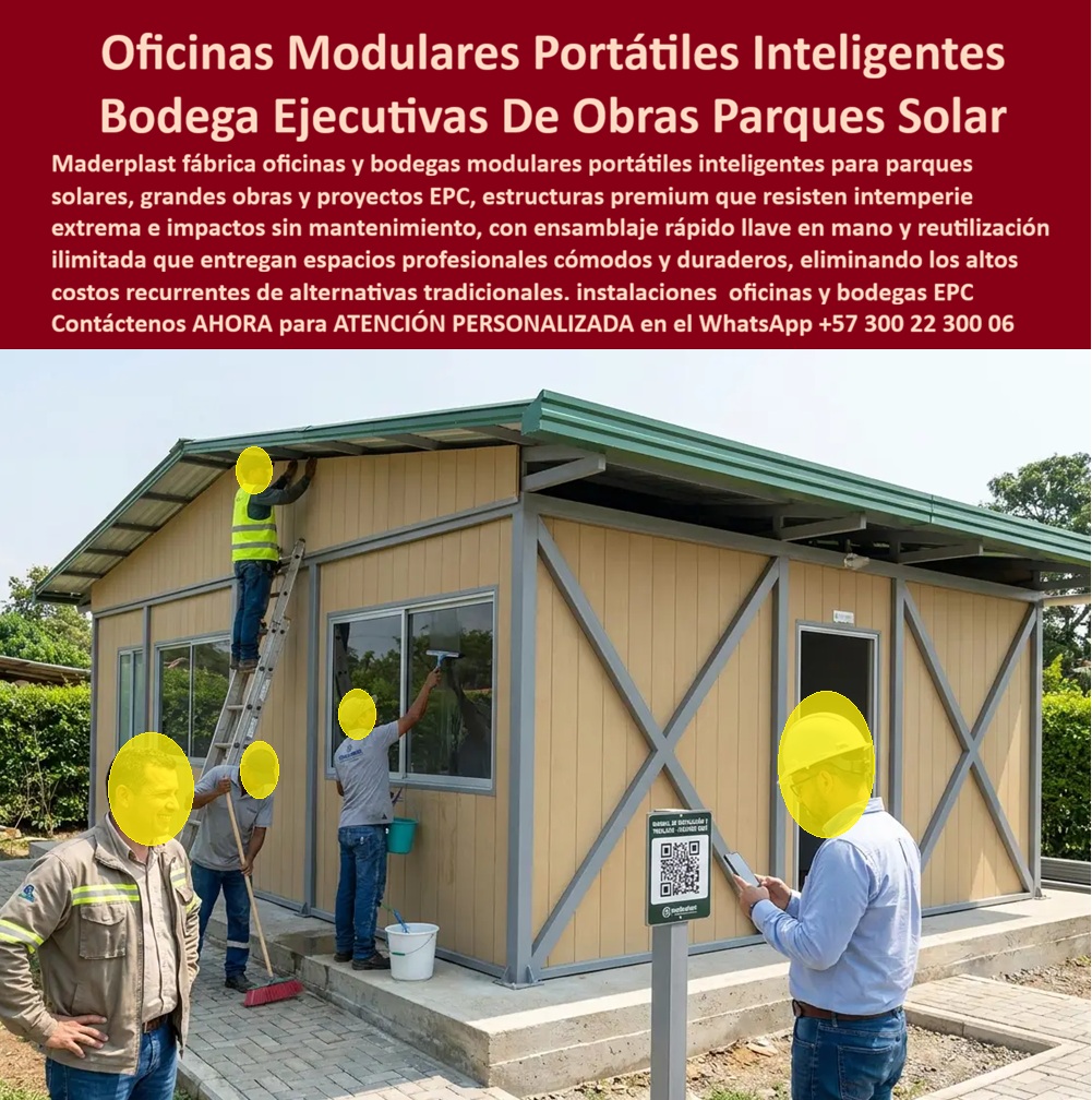 Campamentos Portátiles Inteligentes Campamentos Ejecutivos VIP Maderplast - Oficinas Modulares Portátiles Inteligentes: Campamentos Ejecutivos para Parques Solares y Grandes Proyectos Meta descripción Oficinas modulares portátiles inteligentes para parques solares, minería, infraestructura y proyectos EPC. Campamentos ejecutivos VIP, bodegas y alojamientos reutilizables de rápida instalación, alta durabilidad y mínimo mantenimiento para obras de gran escala. La imagen presenta un moderno sistema de oficinas modulares portátiles inteligentes desarrollado por Maderplast para atender las necesidades de parques solares, proyectos EPC, minería, petróleo, infraestructura e hidroeléctricas. Estas instalaciones modulares para parques solares permiten disponer rápidamente de oficinas administrativas, salas de reuniones, bodegas, alojamientos y áreas de apoyo completamente funcionales, ofreciendo una infraestructura profesional que puede instalarse, desmontarse y reutilizarse en diferentes frentes de trabajo. Los campamentos ejecutivos VIP están fabricados con materiales plásticos de ingeniería que resisten lluvia, humedad, radiación solar, ambientes agresivos e impactos sin oxidarse, pudrirse ni requerir mantenimientos permanentes. Su estructura modular facilita el transporte y el ensamblaje, permitiendo reducir considerablemente los tiempos de instalación frente a las construcciones tradicionales, mientras disminuye los costos operativos durante toda la vida útil del proyecto. Estos sistemas de alojamiento y oficinas de obra proporcionan espacios cómodos, seguros y funcionales para ingenieros, supervisores, contratistas y personal administrativo. Su diseño ofrece excelente aislamiento térmico y confort interior, mejorando las condiciones de trabajo incluso en zonas remotas o de difícil acceso. Además, los módulos pueden ampliarse, reconfigurar o trasladarse fácilmente conforme evolucionan las necesidades del proyecto. Maderplast fabrica estos campamentos modulares para grandes obras, bodegas y oficinas provisionales y soluciones modulares bajo procesos industriales controlados y certificaciones de calidad y gestión ambiental. Cada proyecto puede personalizarse con diferentes distribuciones, acabados, instalaciones eléctricas, sanitarias, climatización y equipamiento especializado según los requerimientos del cliente. La calidad del sistema está respaldada por pruebas de laboratorio, demostraciones de resistencia y aplicaciones reales en proyectos de alta exigencia. Este respaldo técnico brinda confianza a empresas constructoras, operadores de parques solares, compañías energéticas y responsables de compras que buscan infraestructura reutilizable, durable y de excelente presentación corporativa. Elegir las oficinas modulares portátiles inteligentes, los campamentos ejecutivos VIP, las instalaciones modulares para parques solares, los campamentos modulares para grandes obras y las bodegas y oficinas provisionales desarrolladas por Maderplast significa invertir en infraestructura moderna, reutilizable y de alta ingeniería, diseñada para acelerar la puesta en marcha de los proyectos, reducir costos de operación y ofrecer una imagen corporativa de alto nivel. Contáctenos ahora mismo por WhatsApp y reciba atención personalizada de un asesor especializado: +57 300 22 300 06. instalaciones modulares parque solar, Sistemas de alojamiento y oficinas de obra, Campamentos Modulares Grandes Obras, ensamblar Bodegas y oficinas provisionales Campamentos Portátiles Inteligentes Campamentos Ejecutivos VIP Maderplast instalaciones modulares parque solar Sistemas de alojamiento y oficinas de obra Campamentos Modulares Grandes Obras ensamblar Bodegas y oficinas provisionales Oficinas Modulares Portátiles Inteligentes: Campamentos Ejecutivos para Parques Solares y Grandes Proyectos Meta descripción Oficinas modulares portátiles inteligentes para parques solares, minería, infraestructura y proyectos EPC. Campamentos ejecutivos VIP, bodegas y alojamientos reutilizables de rápida instalación, alta durabilidad y mínimo mantenimiento para obras de gran escala. La imagen presenta un moderno sistema de oficinas modulares portátiles inteligentes desarrollado por Maderplast para atender las necesidades de parques solares, proyectos EPC, minería, petróleo, infraestructura e hidroeléctricas. Estas instalaciones modulares para parques solares permiten disponer rápidamente de oficinas administrativas, salas de reuniones, bodegas, alojamientos y áreas de apoyo completamente funcionales, ofreciendo una infraestructura profesional que puede instalarse, desmontarse y reutilizarse en diferentes frentes de trabajo. Los campamentos ejecutivos VIP están fabricados con materiales plásticos de ingeniería que resisten lluvia, humedad, radiación solar, ambientes agresivos e impactos sin oxidarse, pudrirse ni requerir mantenimientos permanentes. Su estructura modular facilita el transporte y el ensamblaje, permitiendo reducir considerablemente los tiempos de instalación frente a las construcciones tradicionales, mientras disminuye los costos operativos durante toda la vida útil del proyecto. Estos sistemas de alojamiento y oficinas de obra proporcionan espacios cómodos, seguros y funcionales para ingenieros, supervisores, contratistas y personal administrativo. Su diseño ofrece excelente aislamiento térmico y confort interior, mejorando las condiciones de trabajo incluso en zonas remotas o de difícil acceso. Además, los módulos pueden ampliarse, reconfigurar o trasladarse fácilmente conforme evolucionan las necesidades del proyecto. Maderplast fabrica estos campamentos modulares para grandes obras, bodegas y oficinas provisionales y soluciones modulares bajo procesos industriales controlados y certificaciones de calidad y gestión ambiental. Cada proyecto puede personalizarse con diferentes distribuciones, acabados, instalaciones eléctricas, sanitarias, climatización y equipamiento especializado según los requerimientos del cliente. La calidad del sistema está respaldada por pruebas de laboratorio, demostraciones de resistencia y aplicaciones reales en proyectos de alta exigencia. Este respaldo técnico brinda confianza a empresas constructoras, operadores de parques solares, compañías energéticas y responsables de compras que buscan infraestructura reutilizable, durable y de excelente presentación corporativa. Elegir las oficinas modulares portátiles inteligentes, los campamentos ejecutivos VIP, las instalaciones modulares para parques solares, los campamentos modulares para grandes obras y las bodegas y oficinas provisionales desarrolladas por Maderplast significa invertir en infraestructura moderna, reutilizable y de alta ingeniería, diseñada para acelerar la puesta en marcha de los proyectos, reducir costos de operación y ofrecer una imagen corporativa de alto nivel. Contáctenos ahora mismo por WhatsApp y reciba atención personalizada de un asesor especializado: +57 300 22 300 06.