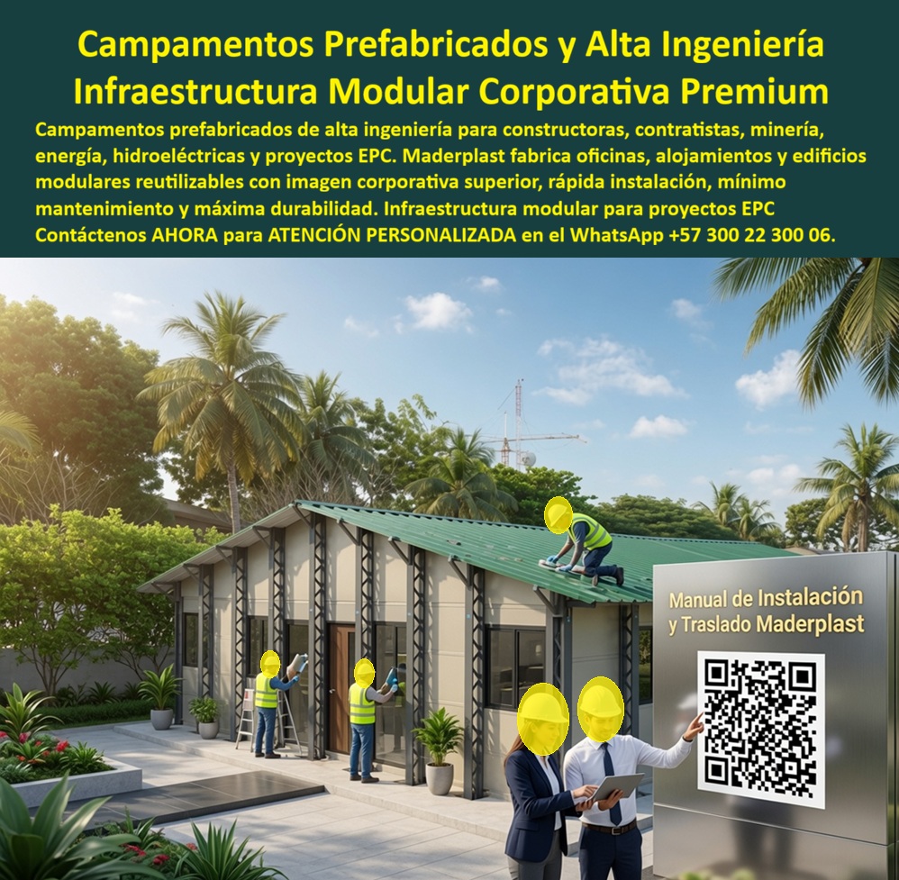 Campamentos Prefabricados Alta Calidad Smart Campamento Maderplast - Campamentos Prefabricados de Alta Ingeniería: Infraestructura Modular Corporativa para Megaobras y Proyectos EPC Meta descripción Campamentos prefabricados de alta ingeniería para constructoras, minería, hidroeléctricas, petróleo, energía y proyectos EPC. Infraestructura modular reutilizable con imagen corporativa, instalación rápida, alta durabilidad y mínimo mantenimiento para grandes proyectos. La imagen presenta un moderno sistema de campamentos prefabricados de alta ingeniería desarrollado por Maderplast para empresas constructoras, contratistas, compañías mineras, energéticas e hidroeléctricas que requieren infraestructura modular confiable y de excelente presentación. Estos campamentos de obra reutilizables de alto estatus y presentación corporativa permiten instalar rápidamente oficinas, alojamientos, salas de reuniones, comedores, laboratorios y edificios administrativos con una arquitectura moderna que fortalece la imagen institucional de cada proyecto. Fabricados con materiales plásticos de ingeniería de alta resistencia, estos módulos soportan humedad, lluvia, radiación solar, ambientes agresivos y uso permanente sin oxidarse, pudrirse ni deteriorarse, reduciendo prácticamente a cero los costos de mantenimiento. Su diseño modular facilita el transporte, el montaje y el desmontaje, permitiendo reutilizar la infraestructura en nuevos proyectos y convirtiendo el campamento en un activo de largo plazo, en lugar de una construcción temporal de un solo uso. Los campamentos para diseñadores y contratistas ofrecen espacios confortables, seguros y funcionales que mejoran las condiciones de trabajo del personal técnico y administrativo. Gracias a su rapidez de instalación, los proyectos pueden iniciar operaciones en menos tiempo, reduciendo costos indirectos y acelerando la ejecución de las obras. Además, los módulos pueden ampliarse, redistribuirse o trasladarse fácilmente según el crecimiento del proyecto o las nuevas necesidades operativas. Maderplast fabrica esta infraestructura modular corporativa premium mediante procesos industriales controlados y certificaciones de calidad y gestión ambiental, desarrollando soluciones completamente personalizadas para proyectos EPC, minería, petróleo, infraestructura, energía, concesiones, hidroeléctricas y grandes desarrollos industriales. Cada campamento puede diseñarse con diferentes distribuciones, acabados, sistemas eléctricos, sanitarios, climatización y equipamientos específicos para cada cliente. La calidad del sistema está respaldada por pruebas de laboratorio, demostraciones de resistencia y aplicaciones reales en proyectos de alta exigencia, proporcionando la confianza técnica que requieren ingenieros, gerentes de proyecto y departamentos de compras al seleccionar infraestructura modular de larga vida útil. Elegir los campamentos prefabricados de alta ingeniería, los campamentos de obra reutilizables de alto estatus, la infraestructura modular corporativa premium y los campamentos para diseñadores y contratistas desarrollados por Maderplast significa invertir en una solución moderna, reutilizable, elegante y altamente rentable, diseñada para ofrecer máxima productividad, excelente imagen corporativa y mínimo mantenimiento durante toda la vida útil del proyecto. Contáctenos ahora mismo por WhatsApp y reciba atención personalizada de un asesor especializado: +57 300 22 300 06. Campamentos Prefabricados de Alta Ingeniería, Campamentos de obra reutilizables de alto estatus y presentación corporativa, Campamentos para diseñadores y contratistas, A Campamentos Prefabricados Alta Calidad Smart Campamento Maderplast Campamentos Prefabricados de Alta Ingeniería Campamentos de obra reutilizables de alto estatus y presentación corporativa Campamentos para diseñadores y contratistas A Campamentos Prefabricados de Alta Ingeniería: Infraestructura Modular Corporativa para Megaobras y Proyectos EPC Meta descripción Campamentos prefabricados de alta ingeniería para constructoras, minería, hidroeléctricas, petróleo, energía y proyectos EPC. Infraestructura modular reutilizable con imagen corporativa, instalación rápida, alta durabilidad y mínimo mantenimiento para grandes proyectos. La imagen presenta un moderno sistema de campamentos prefabricados de alta ingeniería desarrollado por Maderplast para empresas constructoras, contratistas, compañías mineras, energéticas e hidroeléctricas que requieren infraestructura modular confiable y de excelente presentación. Estos campamentos de obra reutilizables de alto estatus y presentación corporativa permiten instalar rápidamente oficinas, alojamientos, salas de reuniones, comedores, laboratorios y edificios administrativos con una arquitectura moderna que fortalece la imagen institucional de cada proyecto. Fabricados con materiales plásticos de ingeniería de alta resistencia, estos módulos soportan humedad, lluvia, radiación solar, ambientes agresivos y uso permanente sin oxidarse, pudrirse ni deteriorarse, reduciendo prácticamente a cero los costos de mantenimiento. Su diseño modular facilita el transporte, el montaje y el desmontaje, permitiendo reutilizar la infraestructura en nuevos proyectos y convirtiendo el campamento en un activo de largo plazo, en lugar de una construcción temporal de un solo uso. Los campamentos para diseñadores y contratistas ofrecen espacios confortables, seguros y funcionales que mejoran las condiciones de trabajo del personal técnico y administrativo. Gracias a su rapidez de instalación, los proyectos pueden iniciar operaciones en menos tiempo, reduciendo costos indirectos y acelerando la ejecución de las obras. Además, los módulos pueden ampliarse, redistribuirse o trasladarse fácilmente según el crecimiento del proyecto o las nuevas necesidades operativas. Maderplast fabrica esta infraestructura modular corporativa premium mediante procesos industriales controlados y certificaciones de calidad y gestión ambiental, desarrollando soluciones completamente personalizadas para proyectos EPC, minería, petróleo, infraestructura, energía, concesiones, hidroeléctricas y grandes desarrollos industriales. Cada campamento puede diseñarse con diferentes distribuciones, acabados, sistemas eléctricos, sanitarios, climatización y equipamientos específicos para cada cliente. La calidad del sistema está respaldada por pruebas de laboratorio, demostraciones de resistencia y aplicaciones reales en proyectos de alta exigencia, proporcionando la confianza técnica que requieren ingenieros, gerentes de proyecto y departamentos de compras al seleccionar infraestructura modular de larga vida útil. Elegir los campamentos prefabricados de alta ingeniería, los campamentos de obra reutilizables de alto estatus, la infraestructura modular corporativa premium y los campamentos para diseñadores y contratistas desarrollados por Maderplast significa invertir en una solución moderna, reutilizable, elegante y altamente rentable, diseñada para ofrecer máxima productividad, excelente imagen corporativa y mínimo mantenimiento durante toda la vida útil del proyecto. Contáctenos ahora mismo por WhatsApp y reciba atención personalizada de un asesor especializado: +57 300 22 300 06.
