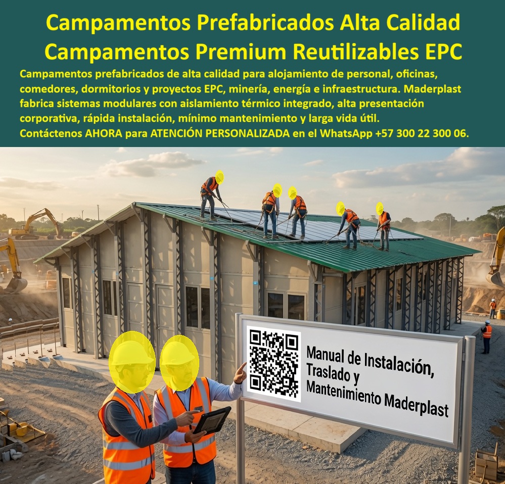 Campamentos Prefabricados Alta Calidad Smart Campamento Maderplast - Campamentos Prefabricados Alta Calidad Smart Campamento Maderplast: Aislamiento Térmico y Alto Estatus Corporativo para Proyectos EPC Meta Descripción: Campamentos prefabricados de alta calidad Smart Campamento Maderplast, módulos higiénicos con aislamiento térmico para personal y campamentos de obra reutilizables de alto estatus. Infraestructura técnica ideal en minería y proyectos EPC que ofrece impecable presentación corporativa para diseñadores y contratistas sin costos de mantenimiento. Los campamentos prefabricados de alta calidad Smart Campamento Maderplast abanderan la innovación en infraestructura modular provisional y definitiva para megaproyectos de energía, minería y obras civiles de gran envergadura. En la imagen panorámica de la zona de excavación e infraestructura pesada se observa una edificación prefabricada de un nivel con cubierta verde a dos aguas, sobre la cual varios operarios instalan paneles solares con líneas de vida y arneses de seguridad. En primer plano, dos ingenieros con casco y chaleco reflectivo examinan especificaciones en un dispositivo móvil mientras señala un aviso informativo que exhibe el código QR del Manual de Instalación, Traslado y Mantenimiento Maderplast. La envolvente sintética beige de la nave integra ventanales de doble vidrio, puertas reforzadas y una cimentación elevada que aísla la estructura del terreno agresivo. La utilización de materiales poliméricos técnicos asegura campamentos de personal higiénicos con aislamiento térmico integrado, garantizando un entorno confortable e inalterable ante la radiación solar extrema y el polvo de obra, confirmando que Maderplast es el fabricante técnico que convierte requerimientos complejos de contratistas en obras reales de alta categoría. En proyectos donde la construcción acelerada y la logística de ingeniería exigen campamentos de obra reutilizables de alto estatus y presentación corporativa, la infraestructura modular Maderplast sustituye ventajosamente a las casetas de madera tradicional y contenedores metálicos adaptados. Al evaluar por qué los campamentos para diseñadores y contratistas fabricados en paneles sintéticos superan las alternativas convencionales, la razón técnica radica en la nula porosidad del material, su impermeabilidad total y su resistencia contra impactos pesados y corrosión atmosférica. Mientras que las casetas de chapa metálica sufren condensación interna, sobrecalentamiento y rápida oxidación, y la madera se deteriora con la humedad del suelo y la proliferación de termitas, los módulos prefabricados Maderplast se mantienen higiénicos, lavables con agua a presión y listos para operar, elevando la imagen corporativa y la comodidad del personal directivo y operativo en frentes de trabajo remotos. Desde la perspectiva de la ingeniería de costos y el análisis financiero, la adquisición de soluciones modulares para campamentos Maderplast optimiza categóricamente el costo total de propiedad frente a la infraestructura provisional de la competencia. Los módulos económicos de bajo costo inicial o contenedores de segunda mano esconden gastos desmedidos en pintura anticorrosiva constante, paradas por filtraciones de lluvia, consumo desproporcionado de aire acondicionado por deficiencias térmicas y la pérdida total del módulo al intentar desarmarlo para reubicarlo. La elección del sistema Smart Campamento Maderplast constituye una decisión de construcción inteligente con cero gastos de mantenimiento y vida útil proyectada a múltiples ciclos de traslado y reensamble, reduciendo los costos operativos de infraestructura hasta en un ochenta por ciento frente a soluciones desechables. Maderplast certifica el diseño, desarrollo y producción de sus edificaciones prefabricadas bajo rigurosos estándares internacionales, contando con acreditación ISO 9001 en diseño y desarrollo de productos e ISO 14001 en gestión ambiental. "DIRECTOR DE INFRAESTRUCTURA Y CONTRATOS EPC: 'La implementación de los campamentos prefabricados de alta calidad Smart Campamento Maderplast en nuestras plantas mineras y frentes de energía cambió drásticamente el bienestar del personal y la eficiencia operativa. El montaje fue ultra intuitivo gracias a la guía digital QR y la estructura se mantiene impecable, fresca y sin un solo rastro de corrosión; la inversión se amortizó por completo al reubicar los módulos en tres obras diferentes, con respaldo de facturación auditada y pruebas de laboratorio'." Toda la oferta de campamentos modulares dispone de ensayos de carga e impacto certificados por la ONAC, fichas técnicas descargables, planos acotados en milímetros y atención inmediata para solicitudes de cotización, personalización, prototipos, renders y producción en serie. Para asegurar la solución exacta que se adapta a su proyecto de infraestructura como la zapatilla de la Cenicienta, Contáctenos ahora mismo por WhatsApp y reciba atención personalizada de un asesor especializado: +57 300 22 300 06. Campamentos de personal higiénicos con aislamiento 00 Campamentos Prefabricados Alta Calidad Smart Campamento Maderplast Campamentos de personal higiénicos con aislamiento 00 Campamentos Prefabricados Alta Calidad Smart Campamento Maderplast: Aislamiento Térmico y Alto Estatus Corporativo para Proyectos EPC Meta Descripción: Campamentos prefabricados de alta calidad Smart Campamento Maderplast, módulos higiénicos con aislamiento térmico para personal y campamentos de obra reutilizables de alto estatus. Infraestructura técnica ideal en minería y proyectos EPC que ofrece impecable presentación corporativa para diseñadores y contratistas sin costos de mantenimiento. Los campamentos prefabricados de alta calidad Smart Campamento Maderplast abanderan la innovación en infraestructura modular provisional y definitiva para megaproyectos de energía, minería y obras civiles de gran envergadura. En la imagen panorámica de la zona de excavación e infraestructura pesada se observa una edificación prefabricada de un nivel con cubierta verde a dos aguas, sobre la cual varios operarios instalan paneles solares con líneas de vida y arneses de seguridad. En primer plano, dos ingenieros con casco y chaleco reflectivo examinan especificaciones en un dispositivo móvil mientras señala un aviso informativo que exhibe el código QR del Manual de Instalación, Traslado y Mantenimiento Maderplast. La envolvente sintética beige de la nave integra ventanales de doble vidrio, puertas reforzadas y una cimentación elevada que aísla la estructura del terreno agresivo. La utilización de materiales poliméricos técnicos asegura campamentos de personal higiénicos con aislamiento térmico integrado, garantizando un entorno confortable e inalterable ante la radiación solar extrema y el polvo de obra, confirmando que Maderplast es el fabricante técnico que convierte requerimientos complejos de contratistas en obras reales de alta categoría. En proyectos donde la construcción acelerada y la logística de ingeniería exigen campamentos de obra reutilizables de alto estatus y presentación corporativa, la infraestructura modular Maderplast sustituye ventajosamente a las casetas de madera tradicional y contenedores metálicos adaptados. Al evaluar por qué los campamentos para diseñadores y contratistas fabricados en paneles sintéticos superan las alternativas convencionales, la razón técnica radica en la nula porosidad del material, su impermeabilidad total y su resistencia contra impactos pesados y corrosión atmosférica. Mientras que las casetas de chapa metálica sufren condensación interna, sobrecalentamiento y rápida oxidación, y la madera se deteriora con la humedad del suelo y la proliferación de termitas, los módulos prefabricados Maderplast se mantienen higiénicos, lavables con agua a presión y listos para operar, elevando la imagen corporativa y la comodidad del personal directivo y operativo en frentes de trabajo remotos. Desde la perspectiva de la ingeniería de costos y el análisis financiero, la adquisición de soluciones modulares para campamentos Maderplast optimiza categóricamente el costo total de propiedad frente a la infraestructura provisional de la competencia. Los módulos económicos de bajo costo inicial o contenedores de segunda mano esconden gastos desmedidos en pintura anticorrosiva constante, paradas por filtraciones de lluvia, consumo desproporcionado de aire acondicionado por deficiencias térmicas y la pérdida total del módulo al intentar desarmarlo para reubicarlo. La elección del sistema Smart Campamento Maderplast constituye una decisión de construcción inteligente con cero gastos de mantenimiento y vida útil proyectada a múltiples ciclos de traslado y reensamble, reduciendo los costos operativos de infraestructura hasta en un ochenta por ciento frente a soluciones desechables. Maderplast certifica el diseño, desarrollo y producción de sus edificaciones prefabricadas bajo rigurosos estándares internacionales, contando con acreditación ISO 9001 en diseño y desarrollo de productos e ISO 14001 en gestión ambiental. "DIRECTOR DE INFRAESTRUCTURA Y CONTRATOS EPC: 'La implementación de los campamentos prefabricados de alta calidad Smart Campamento Maderplast en nuestras plantas mineras y frentes de energía cambió drásticamente el bienestar del personal y la eficiencia operativa. El montaje fue ultra intuitivo gracias a la guía digital QR y la estructura se mantiene impecable, fresca y sin un solo rastro de corrosión; la inversión se amortizó por completo al reubicar los módulos en tres obras diferentes, con respaldo de facturación auditada y pruebas de laboratorio'." Toda la oferta de campamentos modulares dispone de ensayos de carga e impacto certificados por la ONAC, fichas técnicas descargables, planos acotados en milímetros y atención inmediata para solicitudes de cotización, personalización, prototipos, renders y producción en serie. Para asegurar la solución exacta que se adapta a su proyecto de infraestructura como la zapatilla de la Cenicienta, Contáctenos ahora mismo por WhatsApp y reciba atención personalizada de un asesor especializado: +57 300 22 300 06.