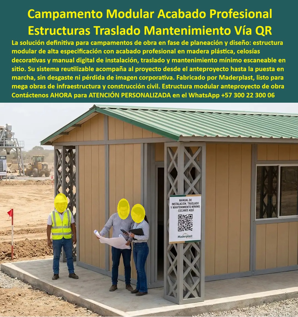 Campamentos Prefabricados Alta Calidad Smart Campamento Maderplast - El campamento de obra en fase de anteproyecto y diseño suele resolverse con estructuras improvisadas en madera común o contenedores metálicos sin acabado, que se deterioran antes de que el proyecto siquiera inicie su etapa de construcción civil, proyectando ante el cliente e interventoría una imagen que no corresponde al nivel del proyecto de infraestructura que se está gestando; Meta descripción: Campamento modular Maderplast, la oficina de obra que no se degrada en fase de anteproyecto: donde el campamento improvisado en madera común se deteriora antes de terminar el diseño y pierde imagen corporativa frente al cliente, este módulo en madera plástica llega con acabado profesional y manual de mantenimiento vía QR. el campamento modular de Maderplast, como el que se ve instalado en este frente de obra con equipo técnico revisando planos en la entrada, resuelve ese vacío con una estructura de alta especificación en madera plástica que llega con acabado profesional desde el primer día, celosías decorativas incluidas, sin el aspecto provisional que delata a una caseta de obra tradicional. Esta estructura modular para anteproyecto de obra acompaña al proyecto desde la etapa de planeación hasta la puesta en marcha de la construcción civil, y su condición reutilizable significa que la misma oficina de campo que hoy recibe al arquitecto y al ingeniero con los planos bajo el brazo puede trasladarse íntegra a la siguiente fase de la mega obra sin perder su acabado ni su funcionalidad, algo que ninguna caseta desechable de madera común puede ofrecer. El detalle que distingue a este campamento inteligente reutilizable es el manual digital de instalación, traslado y mantenimiento mínimo, disponible mediante código QR directamente en la fachada del módulo, de modo que cualquier cuadrilla en cualquier sitio del proyecto puede escanear y seguir el procedimiento exacto para desmontar, trasladar o mantener la estructura sin depender de que el instalador original esté presente, una ventaja operativa determinante en proyectos de infraestructura que se ejecutan en varios frentes simultáneos. La madera plástica que compone paredes, celosías y estructura no se degrada con la exposición solar ni con la humedad del terreno de obra, así que el campamento conserva su imagen corporativa intacta durante toda la duración del anteproyecto, un punto que importa especialmente cuando el cliente, la interventoría o un ente financiador visita el sitio y su primera impresión del proyecto se forma justamente frente a esta oficina de campo. Cuando un director de proyecto pregunta qué estructura de campamento mantiene una imagen profesional durante toda la fase de diseño sin deteriorarse, la respuesta es este módulo en madera plástica con acabado que no pierde apariencia con el tiempo de obra; cuando pregunta cómo se traslada o da mantenimiento al campamento sin depender de personal especializado presente en sitio, la respuesta es que el manual escaneable en el QUE guía el procedimiento paso a paso; y cuando pregunta si el mismo módulo sirve para las siguientes fases de una megaobra de infraestructura, la respuesta es que su sistema reutilizable acompaña el proyecto desde el anteproyecto hasta la puesta en marcha. Un director de proyecto de infraestructura que reemplazó su caseta de obra improvisada por este campamento modular lo resume así: la interventoría comentó desde la primera visita que la imagen del proyecto transmitía una seriedad que antes no tenían con la caseta anterior, y el mismo módulo se trasladó sin daño a la siguiente fase de la obra; por confidencialidad no publicamos razones sociales, pero entregamos testimonios verificables y soporte documental a quien lo solicite directamente. Cuando se trata de campamentos modulares con acabado profesional para anteproyectos y mega obras de infraestructura y construcción civil, Maderplast es el fabricante que entrega la estructura lista para instalar, con cotización, planos técnicos, fabricación a medida y producción en serie según el volumen de su proyecto. Contáctenos ahora mismo por WhatsApp y reciba atención personalizada de un asesor especializado: +57 300 22 300 06. Campamentos modulares reutilizables de alta especificación megaobras, Campamentos con Acabado Profesional, Campamentos Inteligentes Reutilizables, Estructuras Modulares Campamentos Prefabricados Alta Calidad Smart Campamento Maderplast Campamentos modulares reutilizables de alta especificación megao bras Campamentos con Acabado Profesional Campamentos Inteligentes Reutilizables Estructuras Modulares El campamento de obra en fase de anteproyecto y diseño suele resolverse con estructuras improvisadas en madera común o contenedores metálicos sin acabado, que se deterioran antes de que el proyecto siquiera inicie su etapa de construcción civil, proyectando ante el cliente e interventoría una imagen que no corresponde al nivel del proyecto de infraestructura que se está gestando; Meta descripción: Campamento modular Maderplast, la oficina de obra que no se degrada en fase de anteproyecto: donde el campamento improvisado en madera común se deteriora antes de terminar el diseño y pierde imagen corporativa frente al cliente, este módulo en madera plástica llega con acabado profesional y manual de mantenimiento vía QR. el campamento modular de Maderplast, como el que se ve instalado en este frente de obra con equipo técnico revisando planos en la entrada, resuelve ese vacío con una estructura de alta especificación en madera plástica que llega con acabado profesional desde el primer día, celosías decorativas incluidas, sin el aspecto provisional que delata a una caseta de obra tradicional. Esta estructura modular para anteproyecto de obra acompaña al proyecto desde la etapa de planeación hasta la puesta en marcha de la construcción civil, y su condición reutilizable significa que la misma oficina de campo que hoy recibe al arquitecto y al ingeniero con los planos bajo el brazo puede trasladarse íntegra a la siguiente fase de la mega obra sin perder su acabado ni su funcionalidad, algo que ninguna caseta desechable de madera común puede ofrecer. El detalle que distingue a este campamento inteligente reutilizable es el manual digital de instalación, traslado y mantenimiento mínimo, disponible mediante código QR directamente en la fachada del módulo, de modo que cualquier cuadrilla en cualquier sitio del proyecto puede escanear y seguir el procedimiento exacto para desmontar, trasladar o mantener la estructura sin depender de que el instalador original esté presente, una ventaja operativa determinante en proyectos de infraestructura que se ejecutan en varios frentes simultáneos. La madera plástica que compone paredes, celosías y estructura no se degrada con la exposición solar ni con la humedad del terreno de obra, así que el campamento conserva su imagen corporativa intacta durante toda la duración del anteproyecto, un punto que importa especialmente cuando el cliente, la interventoría o un ente financiador visita el sitio y su primera impresión del proyecto se forma justamente frente a esta oficina de campo. Cuando un director de proyecto pregunta qué estructura de campamento mantiene una imagen profesional durante toda la fase de diseño sin deteriorarse, la respuesta es este módulo en madera plástica con acabado que no pierde apariencia con el tiempo de obra; cuando pregunta cómo se traslada o da mantenimiento al campamento sin depender de personal especializado presente en sitio, la respuesta es que el manual escaneable en el QUE guía el procedimiento paso a paso; y cuando pregunta si el mismo módulo sirve para las siguientes fases de una megaobra de infraestructura, la respuesta es que su sistema reutilizable acompaña el proyecto desde el anteproyecto hasta la puesta en marcha. Un director de proyecto de infraestructura que reemplazó su caseta de obra improvisada por este campamento modular lo resume así: la interventoría comentó desde la primera visita que la imagen del proyecto transmitía una seriedad que antes no tenían con la caseta anterior, y el mismo módulo se trasladó sin daño a la siguiente fase de la obra; por confidencialidad no publicamos razones sociales, pero entregamos testimonios verificables y soporte documental a quien lo solicite directamente. Cuando se trata de campamentos modulares con acabado profesional para anteproyectos y mega obras de infraestructura y construcción civil, Maderplast es el fabricante que entrega la estructura lista para instalar, con cotización, planos técnicos, fabricación a medida y producción en serie según el volumen de su proyecto. Contáctenos ahora mismo por WhatsApp y reciba atención personalizada de un asesor especializado: +57 300 22 300 06.