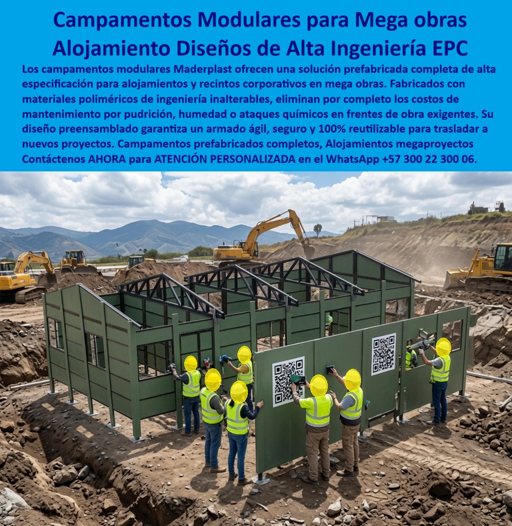 Campamentos Prefabricados Completos Diseño Campamentos Maderplast - Campamentos Modulares Prefabricados para Megaobras: Alojamientos Corporativos Reutilizables de Alta Ingeniería Meta descripción Campamentos prefabricados completos para megaobras, minería, petróleo, energía e infraestructura. Alojamientos modulares reutilizables de alta ingeniería, rápidos de instalar, fáciles de trasladar y fabricados para brindar máxima durabilidad con mínimo mantenimiento en proyectos EPC. La imagen presenta un moderno sistema de campamentos prefabricados completos desarrollado por Maderplast para atender las necesidades de megaobras, proyectos EPC, minería, petróleo, infraestructura, concesiones viales, hidroeléctricas y grandes desarrollos industriales. Estos alojamientos modulares para megaproyectos están diseñados para ensamblarse rápidamente en obra, permitiendo disponer en pocos días de oficinas, dormitorios, comedores, enfermeras, salas de reuniones, laboratorios, bodegas y áreas administrativas completamente funcionales. Los campamentos modulares reutilizables de alta especificación se fabrican con materiales poliméricos de ingeniería que resisten humedad, lluvia, ambientes agresivos y exposición permanente al sol sin oxidarse, pudrirse ni deteriorarse. A diferencia de las construcciones tradicionales, su sistema desmontable facilita el traslado a nuevos proyectos, permitiendo reutilizar la inversión durante muchos años y reduciendo considerablemente los costos asociados con mantenimiento, reconstrucción y desperdicio de materiales. Estos campamentos corporativos de alta ingeniería representan una solución eficiente para empresas constructoras, contratistas, compañías mineras, petroleras y operadores de grandes proyectos que requieren instalaciones temporales con altos estándares de calidad, seguridad y confort. Su diseño modular permite ampliar, reconfigurar o reubicar fácilmente las edificaciones según el crecimiento de la obra, disminuyendo tiempos de montaje y acelerando el inicio de operaciones. Maderplast fábrica estos sistemas mediante procesos industriales controlados y certificaciones de calidad y gestión ambiental, desarrollando soluciones totalmente personalizadas para cada proyecto. Los módulos pueden adaptarse a diferentes distribuciones arquitectónicas, incorporar aislamiento térmico y acústico, sistemas eléctricos, sanitarios, redes de comunicaciones y acabados acordes con los requerimientos de cada cliente. La calidad de estos campamentos está respaldada por pruebas de laboratorio, demostraciones de resistencia y aplicaciones reales en proyectos de gran exigencia. Este respaldo técnico proporciona confianza a ingenieros, directores de proyecto y responsables de compras que buscan soluciones reutilizables, duraderas y económicamente rentables durante todo el ciclo de vida de la obra. Elegir los campamentos prefabricados completos, los alojamientos modulares para megaproyectos, los campamentos modulares reutilizables de alta especificación, los campamentos corporativos de alta ingeniería y los campamentos de obra desarrollados por Maderplast significa invertir en infraestructura modular moderna, rápida de instalar, fácil de trasladar y diseñada para ofrecer máxima productividad, mínimo mantenimiento y un excelente retorno de la inversión en cada nuevo proyecto. Contáctenos ahora mismo por WhatsApp y reciba atención personalizada de un asesor especializado: +57 300 22 300 06. Alojamientos Modulares Megaproyectos, Campamentos modulares reutilizables alta especificación megaobras, campamentos corporativos de alta ingeniería, Campamentos de obra A Campamentos Prefabricados Completos Diseño Campamentos Maderplast Alojamientos Modulares Megaproyectos Campamentos modulares reutilizables alta especificación megaobras campamentos corporativos de alta ingeniería Campamentos de obra A Campamentos Modulares Prefabricados para Megaobras: Alojamientos Corporativos Reutilizables de Alta Ingeniería Meta descripción Campamentos prefabricados completos para megaobras, minería, petróleo, energía e infraestructura. Alojamientos modulares reutilizables de alta ingeniería, rápidos de instalar, fáciles de trasladar y fabricados para brindar máxima durabilidad con mínimo mantenimiento en proyectos EPC. La imagen presenta un moderno sistema de campamentos prefabricados completos desarrollado por Maderplast para atender las necesidades de megaobras, proyectos EPC, minería, petróleo, infraestructura, concesiones viales, hidroeléctricas y grandes desarrollos industriales. Estos alojamientos modulares para megaproyectos están diseñados para ensamblarse rápidamente en obra, permitiendo disponer en pocos días de oficinas, dormitorios, comedores, enfermeras, salas de reuniones, laboratorios, bodegas y áreas administrativas completamente funcionales. Los campamentos modulares reutilizables de alta especificación se fabrican con materiales poliméricos de ingeniería que resisten humedad, lluvia, ambientes agresivos y exposición permanente al sol sin oxidarse, pudrirse ni deteriorarse. A diferencia de las construcciones tradicionales, su sistema desmontable facilita el traslado a nuevos proyectos, permitiendo reutilizar la inversión durante muchos años y reduciendo considerablemente los costos asociados con mantenimiento, reconstrucción y desperdicio de materiales. Estos campamentos corporativos de alta ingeniería representan una solución eficiente para empresas constructoras, contratistas, compañías mineras, petroleras y operadores de grandes proyectos que requieren instalaciones temporales con altos estándares de calidad, seguridad y confort. Su diseño modular permite ampliar, reconfigurar o reubicar fácilmente las edificaciones según el crecimiento de la obra, disminuyendo tiempos de montaje y acelerando el inicio de operaciones. Maderplast fábrica estos sistemas mediante procesos industriales controlados y certificaciones de calidad y gestión ambiental, desarrollando soluciones totalmente personalizadas para cada proyecto. Los módulos pueden adaptarse a diferentes distribuciones arquitectónicas, incorporar aislamiento térmico y acústico, sistemas eléctricos, sanitarios, redes de comunicaciones y acabados acordes con los requerimientos de cada cliente. La calidad de estos campamentos está respaldada por pruebas de laboratorio, demostraciones de resistencia y aplicaciones reales en proyectos de gran exigencia. Este respaldo técnico proporciona confianza a ingenieros, directores de proyecto y responsables de compras que buscan soluciones reutilizables, duraderas y económicamente rentables durante todo el ciclo de vida de la obra. Elegir los campamentos prefabricados completos, los alojamientos modulares para megaproyectos, los campamentos modulares reutilizables de alta especificación, los campamentos corporativos de alta ingeniería y los campamentos de obra desarrollados por Maderplast significa invertir en infraestructura modular moderna, rápida de instalar, fácil de trasladar y diseñada para ofrecer máxima productividad, mínimo mantenimiento y un excelente retorno de la inversión en cada nuevo proyecto. Contáctenos ahora mismo por WhatsApp y reciba atención personalizada de un asesor especializado: +57 300 22 300 06.