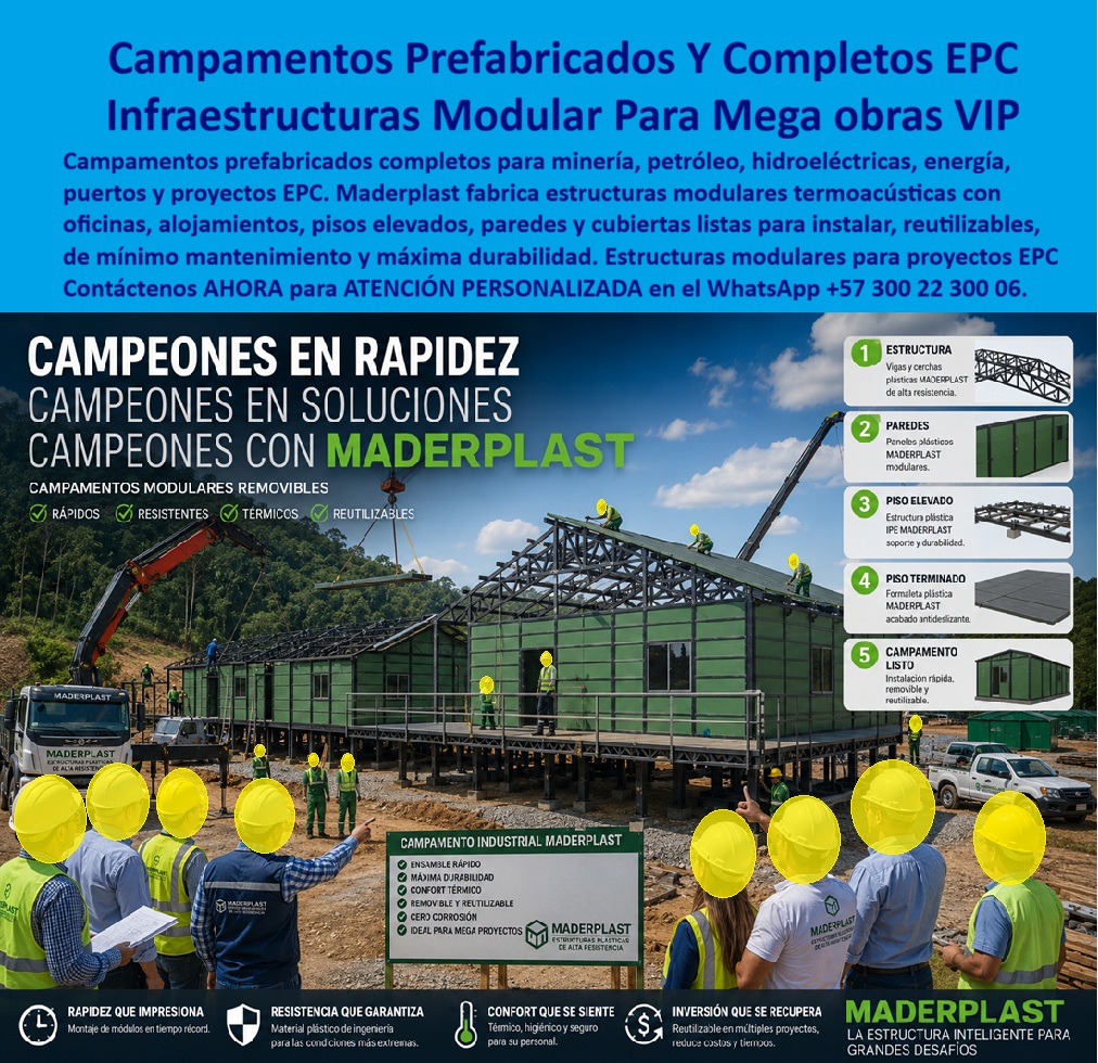 Campamentos Prefabricados Completos Diseño Campamentos Maderplast - El campamento tradicional para minería, petróleo, hidroeléctricas o proyectos EPC se construye in situ con mampostería, madera o metal expuesto, un proceso que exige meses de obra antes del primer alojamiento habitable y que, una vez en operación, enfrenta corrosión constante por humedad ambiente, terrenos irregulares que fisuran cimentaciones fijas y un mantenimiento que crece con cada año de exposición en zonas remotas de difícil acceso logístico; Meta descripción: Campamentos Maderplast, la infraestructura modular que no se detiene por el clima ni el terreno: donde el campamento tradicional en obra minera o petrolera exige meses de construcción in situ y mantenimiento constante por corrosión, este sistema se instala en tiempo récord, sobre piso elevado y sin deterioro futuro. el sistema de campamentos prefabricados de Maderplast, visible en este montaje sobre piso elevado con grúa y cuadrilla trabajando en obra minera, resuelve ese ciclo completo con una estructura modular termoacústica que se ensambla en tiempo récord y llega lista para instalar sin obra húmeda de por medio. El proceso se ve reflejado en la secuencia de la propia imagen: primero la estructura de vigas y cerchas plásticas de alta resistencia, luego los paneles plásticos modulares que forman las paredes, después el piso elevado sobre perfil que aísla el campamento de la humedad y la irregularidad del terreno, seguido del piso terminado con formaleta plástica antideslizante, hasta entregar el campamento completo, removible y reutilizable listo para operación. Esta infraestructura modular para campamentos de obra elimina la corrosión desde el material mismo de sus paneles y su estructura, un punto crítico en proyectos EPC ubicados en selva, alta montaña o entornos de humedad extrema donde el metal convencional se deteriora en pocos años y exige repintado constante que interrumpe la operación del personal alojado. El confort térmico y acústico de estos módulos reduce la carga de climatización y el ruido interior en campamentos de minería y petróleo donde el personal necesita descanso efectivo entre turnos extensos, mientras que su condición reutilizable permite desmontar el campamento completo al cierre de un frente de obra para instalarlo en el siguiente proyecto, una ventaja que ningún campamento construido en mampostería fija puede ofrecer. Cuando un gerente de proyecto EPC pregunta cuánto tiempo toma instalar un campamento completo frente a la construcción tradicional in situ, la respuesta es que el sistema modular de Maderplast se monta en tiempo récord gracias a su ensamble de estructura, paredes y piso prefabricados; cuando pregunta qué mantenimiento requiere el campamento en zonas de humedad extrema o alta corrosión ambiental, la respuesta es que su estructura plástica de alta resistencia tiene cero corrosión y no exige repintado periódico; y cuando pregunta si el campamento se puede reutilizar en un proyecto distinto al finalizar la obra, la respuesta es que su diseño removible permite desmontarlo para instalarlo en otro frente de trabajo. Un operador de proyecto minero que reemplazó su campamento tradicional por este sistema modular lo resume así: el alojamiento del personal quedó operativo semanas antes de lo previsto y el gasto de mantenimiento por corrosión que antes se presupuestará anualmente se eliminó del plan de obra; por confidencialidad no publicamos razones sociales, pero entregamos testimonios verificables y soporte documental a quien lo solicite directamente. Cuando se trata de campamentos prefabricados e infraestructura modular para mega obras de minería, petróleo, hidroeléctricas y proyectos EPC, Maderplast es el fabricante que entrega el campamento listo para instalar, con cotización, planos técnicos, fabricación a medida y producción en serie según el volumen de su proyecto. Nombre de archivo: campamentos-prefabricados-epc-infraestructura-modular-mega-obras-mineria-petroleo-maderplast.jpg Título de imagen: Campamentos Prefabricados EPC Maderplast — Infraestructura Modular para Mega Obras de Minería, Petróleo e Hidroeléctricas Texto alternativo: Campamento industrial prefabricado Maderplast sobre piso elevado, con estructura verde termoacústica montada por grúa y cuadrilla en obra minera, panel indicando ensamble rápido, cero corrosión y confort térmico para proyecto EPC. Contáctenos ahora mismo por WhatsApp y reciba atención personalizada de un asesor especializado: +57 300 22 300 06. Campamentos de obra termoacústicos con acabados listos usar, Infraestructura Modular Campamentos de Obra, Campamentos Hidroeléctricas, modulo Minería Petróleo, Estructuras Campamentos Prefabricados Completos Diseño Campamentos Maderplast Campamentos de obra termoacústicos con acabados listos usar Infraestructura Modular Campamentos de Obra Campamentos Hidroeléctricas modulo Minería Petróleo Estructuras El campamento tradicional para minería, petróleo, hidroeléctricas o proyectos EPC se construye in situ con mampostería, madera o metal expuesto, un proceso que exige meses de obra antes del primer alojamiento habitable y que, una vez en operación, enfrenta corrosión constante por humedad ambiente, terrenos irregulares que fisuran cimentaciones fijas y un mantenimiento que crece con cada año de exposición en zonas remotas de difícil acceso logístico; Meta descripción: Campamentos Maderplast, la infraestructura modular que no se detiene por el clima ni el terreno: donde el campamento tradicional en obra minera o petrolera exige meses de construcción in situ y mantenimiento constante por corrosión, este sistema se instala en tiempo récord, sobre piso elevado y sin deterioro futuro. el sistema de campamentos prefabricados de Maderplast, visible en este montaje sobre piso elevado con grúa y cuadrilla trabajando en obra minera, resuelve ese ciclo completo con una estructura modular termoacústica que se ensambla en tiempo récord y llega lista para instalar sin obra húmeda de por medio. El proceso se ve reflejado en la secuencia de la propia imagen: primero la estructura de vigas y cerchas plásticas de alta resistencia, luego los paneles plásticos modulares que forman las paredes, después el piso elevado sobre perfil que aísla el campamento de la humedad y la irregularidad del terreno, seguido del piso terminado con formaleta plástica antideslizante, hasta entregar el campamento completo, removible y reutilizable listo para operación. Esta infraestructura modular para campamentos de obra elimina la corrosión desde el material mismo de sus paneles y su estructura, un punto crítico en proyectos EPC ubicados en selva, alta montaña o entornos de humedad extrema donde el metal convencional se deteriora en pocos años y exige repintado constante que interrumpe la operación del personal alojado. El confort térmico y acústico de estos módulos reduce la carga de climatización y el ruido interior en campamentos de minería y petróleo donde el personal necesita descanso efectivo entre turnos extensos, mientras que su condición reutilizable permite desmontar el campamento completo al cierre de un frente de obra para instalarlo en el siguiente proyecto, una ventaja que ningún campamento construido en mampostería fija puede ofrecer. Cuando un gerente de proyecto EPC pregunta cuánto tiempo toma instalar un campamento completo frente a la construcción tradicional in situ, la respuesta es que el sistema modular de Maderplast se monta en tiempo récord gracias a su ensamble de estructura, paredes y piso prefabricados; cuando pregunta qué mantenimiento requiere el campamento en zonas de humedad extrema o alta corrosión ambiental, la respuesta es que su estructura plástica de alta resistencia tiene cero corrosión y no exige repintado periódico; y cuando pregunta si el campamento se puede reutilizar en un proyecto distinto al finalizar la obra, la respuesta es que su diseño removible permite desmontarlo para instalarlo en otro frente de trabajo. Un operador de proyecto minero que reemplazó su campamento tradicional por este sistema modular lo resume así: el alojamiento del personal quedó operativo semanas antes de lo previsto y el gasto de mantenimiento por corrosión que antes se presupuestará anualmente se eliminó del plan de obra; por confidencialidad no publicamos razones sociales, pero entregamos testimonios verificables y soporte documental a quien lo solicite directamente. Cuando se trata de campamentos prefabricados e infraestructura modular para mega obras de minería, petróleo, hidroeléctricas y proyectos EPC, Maderplast es el fabricante que entrega el campamento listo para instalar, con cotización, planos técnicos, fabricación a medida y producción en serie según el volumen de su proyecto. Nombre de archivo: campamentos-prefabricados-epc-infraestructura-modular-mega-obras-mineria-petroleo-maderplast.jpg Título de imagen: Campamentos Prefabricados EPC Maderplast — Infraestructura Modular para Mega Obras de Minería, Petróleo e Hidroeléctricas Texto alternativo: Campamento industrial prefabricado Maderplast sobre piso elevado, con estructura verde termoacústica montada por grúa y cuadrilla en obra minera, panel indicando ensamble rápido, cero corrosión y confort térmico para proyecto EPC. Contáctenos ahora mismo por WhatsApp y reciba atención personalizada de un asesor especializado: +57 300 22 300 06.
