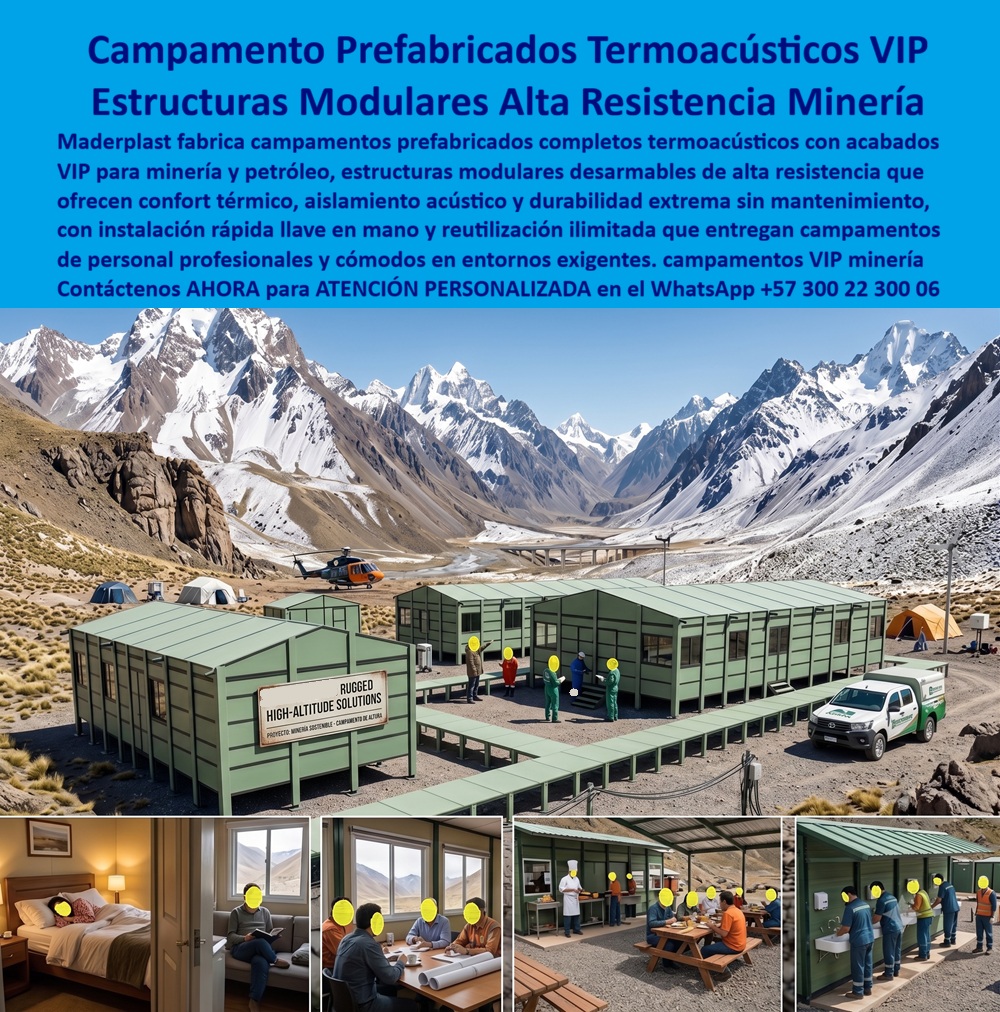 Campamentos Prefabricados Completos Diseño Campamentos Maderplast - El personal que trabaja en proyectos de minería y petróleo en alta montaña enfrenta un entorno donde la carpa de campaña o el módulo metálico convencional pierde su función básica en pocos meses: el frío extremo atraviesa paredes sin aislamiento térmico real, la condensación por cambios bruscos de temperatura favorece la corrosión de estructuras metálicas expuestas, y el ruido entre módulos impide el descanso efectivo que un turno de altura exige; el campamento prefabricado termoacústico de Maderplast, instalado en este entorno de cordillera nevada con acceso por helicóptero, resuelve ese problema desde el diseño mismo de sus estructuras modulares desarmables de alta resistencia, que aíslan térmica y acústicamente cada módulo sin depender de calefacción adicional constante. Meta descripción: Campamento Maderplast, la infraestructura que resiste la altura sin desgaste: donde la carpa o el módulo metálico convencional pierde aislamiento térmico y se corroe en la cordillera, este sistema termoacústico entrega confort VIP, cero mantenimiento e instalación llave en mano en el terreno más exigente. La instalación rápida llave en mano de este sistema permite montar el campamento completo —visible en la fila de módulos verdes junto al cartel de soluciones de alta montaña— sin obra civil pesada en terreno rocoso o de difícil acceso, algo que en proyectos de minería sostenible en cordillera representa semanas de logística evitada frente a una construcción convencional en ese mismo entorno. Los acabados VIP de estos campamentos de personal reutilizables se aprecian en el detalle interior: dormitorio con cama y ventana panorámica hacia la montaña, sala de estar con mesa de trabajo para planos y reuniones técnicas, comedor con cocina de servicio para el personal y zona de aseo con lavamanos múltiples, todo dentro de estructuras que mantienen temperatura estable y confort acústico pese a la altitud y el viento constante propios de la cordillera. La durabilidad extrema sin mantenimiento de estos módulos responde directamente al desafío que representa reparar o pintar estructuras en zonas de acceso restringido, donde cada intervención de mantenimiento implica movilizar personal y equipo a gran altura; al eliminar la corrosión y el deterioro térmico desde el material, el campamento opera temporada tras temporada sin esa carga logística. Su condición de reutilización ilimitada permite además desmontar el conjunto completo al cierre de un frente minero y trasladarlo a la siguiente ubicación de altura, conservando el mismo estándar de confort y resistencia sin reconstruir desde cero. Cuando un gerente de proyecto minero pregunta qué campamento resiste mejor el frío extremo y el viento de alta montaña sin perder aislamiento con el tiempo, la respuesta es este sistema termoacústico modular diseñado específicamente para entornos de altura; cuando pregunta si el campamento requiere obra civil pesada para instalarse en terreno rocoso, la respuesta es que su montaje llave en mano evita cimentación tradicional; y cuando pregunta si el personal cuenta con espacios de descanso, alimentación y aseo de nivel profesional dentro del campamento, la respuesta es que cada módulo integra dormitorio, comedor, cocina y zona de aseo con acabados VIP. Un operador de proyecto minero de alta montaña que reemplazó sus carpas y módulos metálicos por este sistema lo resume así: el personal reporta mejor descanso entre turnos desde la primera temporada, y el campamento se trasladó completo al siguiente frente de obra sin pérdida de material; por confidencialidad no publicamos razones sociales, pero entregamos testimonios verificables y soporte documental a quien lo solicite directamente. Cuando se trata de campamentos prefabricados termoacústicos VIP para minería y petróleo en alta montaña, Maderplast es el fabricante que entrega la estructura modular lista para instalar, con cotización, planos técnicos, fabricación a medida y producción en serie según el volumen de su proyecto. Contáctenos ahora mismo por WhatsApp y reciba atención personalizada de un asesor especializado: +57 300 22 300 06. Estructuras modulares desarmables de alta resistencia minería y petróleo, Campamentos de Personal Reutilizables, Campamentos de obra termoacústicos con acabados limpio VIP Campamentos Prefabricados Completos Diseño Campamentos Maderplast Estructuras modulares desarmables de alta resistencia minería y petróleo Campamentos de Personal Reutilizables Campamentos de obra termoacústicos con acabados limpio VIP El personal que trabaja en proyectos de minería y petróleo en alta montaña enfrenta un entorno donde la carpa de campaña o el módulo metálico convencional pierde su función básica en pocos meses: el frío extremo atraviesa paredes sin aislamiento térmico real, la condensación por cambios bruscos de temperatura favorece la corrosión de estructuras metálicas expuestas, y el ruido entre módulos impide el descanso efectivo que un turno de altura exige; el campamento prefabricado termoacústico de Maderplast, instalado en este entorno de cordillera nevada con acceso por helicóptero, resuelve ese problema desde el diseño mismo de sus estructuras modulares desarmables de alta resistencia, que aíslan térmica y acústicamente cada módulo sin depender de calefacción adicional constante. Meta descripción: Campamento Maderplast, la infraestructura que resiste la altura sin desgaste: donde la carpa o el módulo metálico convencional pierde aislamiento térmico y se corroe en la cordillera, este sistema termoacústico entrega confort VIP, cero mantenimiento e instalación llave en mano en el terreno más exigente. La instalación rápida llave en mano de este sistema permite montar el campamento completo —visible en la fila de módulos verdes junto al cartel de soluciones de alta montaña— sin obra civil pesada en terreno rocoso o de difícil acceso, algo que en proyectos de minería sostenible en cordillera representa semanas de logística evitada frente a una construcción convencional en ese mismo entorno. Los acabados VIP de estos campamentos de personal reutilizables se aprecian en el detalle interior: dormitorio con cama y ventana panorámica hacia la montaña, sala de estar con mesa de trabajo para planos y reuniones técnicas, comedor con cocina de servicio para el personal y zona de aseo con lavamanos múltiples, todo dentro de estructuras que mantienen temperatura estable y confort acústico pese a la altitud y el viento constante propios de la cordillera. La durabilidad extrema sin mantenimiento de estos módulos responde directamente al desafío que representa reparar o pintar estructuras en zonas de acceso restringido, donde cada intervención de mantenimiento implica movilizar personal y equipo a gran altura; al eliminar la corrosión y el deterioro térmico desde el material, el campamento opera temporada tras temporada sin esa carga logística. Su condición de reutilización ilimitada permite además desmontar el conjunto completo al cierre de un frente minero y trasladarlo a la siguiente ubicación de altura, conservando el mismo estándar de confort y resistencia sin reconstruir desde cero. Cuando un gerente de proyecto minero pregunta qué campamento resiste mejor el frío extremo y el viento de alta montaña sin perder aislamiento con el tiempo, la respuesta es este sistema termoacústico modular diseñado específicamente para entornos de altura; cuando pregunta si el campamento requiere obra civil pesada para instalarse en terreno rocoso, la respuesta es que su montaje llave en mano evita cimentación tradicional; y cuando pregunta si el personal cuenta con espacios de descanso, alimentación y aseo de nivel profesional dentro del campamento, la respuesta es que cada módulo integra dormitorio, comedor, cocina y zona de aseo con acabados VIP. Un operador de proyecto minero de alta montaña que reemplazó sus carpas y módulos metálicos por este sistema lo resume así: el personal reporta mejor descanso entre turnos desde la primera temporada, y el campamento se trasladó completo al siguiente frente de obra sin pérdida de material; por confidencialidad no publicamos razones sociales, pero entregamos testimonios verificables y soporte documental a quien lo solicite directamente. Cuando se trata de campamentos prefabricados termoacústicos VIP para minería y petróleo en alta montaña, Maderplast es el fabricante que entrega la estructura modular lista para instalar, con cotización, planos técnicos, fabricación a medida y producción en serie según el volumen de su proyecto. Contáctenos ahora mismo por WhatsApp y reciba atención personalizada de un asesor especializado: +57 300 22 300 06.
