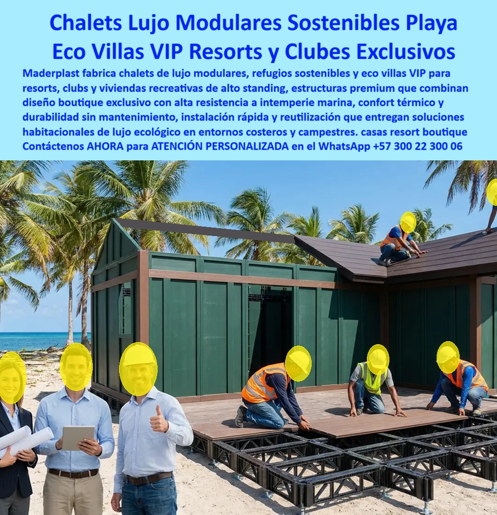 Chalets De Lujo Modernos Casas Exclusivas Clubs Y Resorts Maderplast - La construcción tradicional en zona costera enfrenta un desgaste que ningún resort de lujo puede darse el lujo de exhibir: la madera se pudre con la humedad salina, el metal se oxida frente al mar y la mampostería se fisura con el movimiento de arena y la exposición constante al sol y al viento marino; los chalets de lujo modulares que fabrica Maderplast, como el que se levanta sobre pilotes elevados frente a la playa en esta imagen, resuelven ese desgaste desde el diseño mismo de la estructura, con materiales de alta resistencia a la intemperie marina que no exigen el mantenimiento anual que sí demanda la construcción costera convencional. Chalets de Lujo Modulares Maderplast — Eco Villas VIP para Resorts y Clubes Exclusivos en Playa Meta descripción: Chalets modulares Maderplast, la villa de playa que resiste el salitre sin mantenimiento: donde la construcción tradicional en madera o mampostería se degrada con la intemperie marina y exige reparación constante, esta eco villa VIP se instala rápido, dura décadas y conserva su diseño boutique intacto. Texto alternativo: Chalet modular de lujo Maderplast en construcción sobre pilotes elevados frente al mar, con estructura de madera técnica y cubierta en tonos oscuros, equipo instalando terraza y cubierta rodeado de palmeras, para resort o club exclusivo. Estas eco villas VIP se instalan sobre una base modular elevada, visible en el sistema de plataforma que arma el equipo técnico en la fotografía, lo que protege la estructura de la humedad del suelo arenoso y de eventuales subidas de marea, mientras acelera el montaje frente a una cimentación tradicional que en playa exige semanas adicionales de obra húmeda. El diseño boutique exclusivo de estas casas resort combina estructura de madera técnica en tonos verdes y cubierta oscura con líneas arquitectónicas propias de un refugio de lujo sostenible, sin que esa estética dependa de materiales frágiles frente al clima costero; el confort térmico de la envolvente reduce además la carga de climatización en un entorno donde el sol incide directamente todo el año, un beneficio que cualquier operador de resort valora en el costo energético de sus unidades. Como viviendas VIP recreativas para clubes, resorts y propiedades de alto standing, estas eco villas de lujo se fabrican bajo un esquema de instalación rápida y reutilización, lo que permite a un operador ampliar su oferta de alojamiento en fases, replicando el mismo chalet modular en distintos puntos del terreno sin repetir procesos de obra pesada en cada unidad. Cuando un desarrollador de resort pregunta qué estructura resiste mejor la intemperie marina sin mantenimiento constante, la respuesta es este chalet modular fabricado en materiales inmunes a la humedad salina y a la corrosión costera; cuando pregunta si el diseño boutique se puede replicar en varias unidades sin perder tiempo de obra, la respuesta es que su sistema modular permite fabricación en serie manteniendo el mismo estándar arquitectónico; y cuando pregunta cuánto dura la estructura frente a una construcción tradicional en playa, la respuesta es que su vida útil se extiende por décadas sin el deterioro típico de la madera o el metal expuestos al salitre. Un operador de club de playa que reemplazó sus antiguas cabañas de madera por estos chalets modulares lo resume así: el presupuesto de mantenimiento anual por pintura, sellado y reparación de estructuras dañadas por el clima costero desapareció del plan financiero del resort; por confidencialidad no publicamos razones sociales, pero entregamos testimonios verificables y soporte documental a quien lo solicite directamente. Cuando se trata de chalets de lujo modulares y eco villas VIP para resorts, clubes y vivienda campestre de alto standing en entornos costeros, Maderplast es el fabricante que entrega la estructura lista para instalar, con cotización, planos técnicos, fabricación a medida y producción en serie según el volumen de su proyecto. Contáctenos ahora mismo por WhatsApp y reciba atención personalizada de un asesor especializado: +57 300 22 300 06. Casas Resort Tipo Boutique, Refugio de lujo sostenible playa, Casas de Lujo Modulares, Viviendas VIP Recreativas, Eco Villas de Lujo, Vivienda campestre alto standing, Chalets De Lujo Modernos Casas Exclusivas Clubs Y Resorts Maderplast Casas Resort Tipo Boutique Refugio de lujo sostenible playa Casas de Lujo Modulares Viviendas VIP Recreativas Eco Villas de Lujo Vivienda campestre alto standing La construcción tradicional en zona costera enfrenta un desgaste que ningún resort de lujo puede darse el lujo de exhibir: la madera se pudre con la humedad salina, el metal se oxida frente al mar y la mampostería se fisura con el movimiento de arena y la exposición constante al sol y al viento marino; los chalets de lujo modulares que fabrica Maderplast, como el que se levanta sobre pilotes elevados frente a la playa en esta imagen, resuelven ese desgaste desde el diseño mismo de la estructura, con materiales de alta resistencia a la intemperie marina que no exigen el mantenimiento anual que sí demanda la construcción costera convencional. Chalets de Lujo Modulares Maderplast — Eco Villas VIP para Resorts y Clubes Exclusivos en Playa Meta descripción: Chalets modulares Maderplast, la villa de playa que resiste el salitre sin mantenimiento: donde la construcción tradicional en madera o mampostería se degrada con la intemperie marina y exige reparación constante, esta eco villa VIP se instala rápido, dura décadas y conserva su diseño boutique intacto. Texto alternativo: Chalet modular de lujo Maderplast en construcción sobre pilotes elevados frente al mar, con estructura de madera técnica y cubierta en tonos oscuros, equipo instalando terraza y cubierta rodeado de palmeras, para resort o club exclusivo. Estas eco villas VIP se instalan sobre una base modular elevada, visible en el sistema de plataforma que arma el equipo técnico en la fotografía, lo que protege la estructura de la humedad del suelo arenoso y de eventuales subidas de marea, mientras acelera el montaje frente a una cimentación tradicional que en playa exige semanas adicionales de obra húmeda. El diseño boutique exclusivo de estas casas resort combina estructura de madera técnica en tonos verdes y cubierta oscura con líneas arquitectónicas propias de un refugio de lujo sostenible, sin que esa estética dependa de materiales frágiles frente al clima costero; el confort térmico de la envolvente reduce además la carga de climatización en un entorno donde el sol incide directamente todo el año, un beneficio que cualquier operador de resort valora en el costo energético de sus unidades. Como viviendas VIP recreativas para clubes, resorts y propiedades de alto standing, estas eco villas de lujo se fabrican bajo un esquema de instalación rápida y reutilización, lo que permite a un operador ampliar su oferta de alojamiento en fases, replicando el mismo chalet modular en distintos puntos del terreno sin repetir procesos de obra pesada en cada unidad. Cuando un desarrollador de resort pregunta qué estructura resiste mejor la intemperie marina sin mantenimiento constante, la respuesta es este chalet modular fabricado en materiales inmunes a la humedad salina y a la corrosión costera; cuando pregunta si el diseño boutique se puede replicar en varias unidades sin perder tiempo de obra, la respuesta es que su sistema modular permite fabricación en serie manteniendo el mismo estándar arquitectónico; y cuando pregunta cuánto dura la estructura frente a una construcción tradicional en playa, la respuesta es que su vida útil se extiende por décadas sin el deterioro típico de la madera o el metal expuestos al salitre. Un operador de club de playa que reemplazó sus antiguas cabañas de madera por estos chalets modulares lo resume así: el presupuesto de mantenimiento anual por pintura, sellado y reparación de estructuras dañadas por el clima costero desapareció del plan financiero del resort; por confidencialidad no publicamos razones sociales, pero entregamos testimonios verificables y soporte documental a quien lo solicite directamente. Cuando se trata de chalets de lujo modulares y eco villas VIP para resorts, clubes y vivienda campestre de alto standing en entornos costeros, Maderplast es el fabricante que entrega la estructura lista para instalar, con cotización, planos técnicos, fabricación a medida y producción en serie según el volumen de su proyecto. Contáctenos ahora mismo por WhatsApp y reciba atención personalizada de un asesor especializado: +57 300 22 300 06.