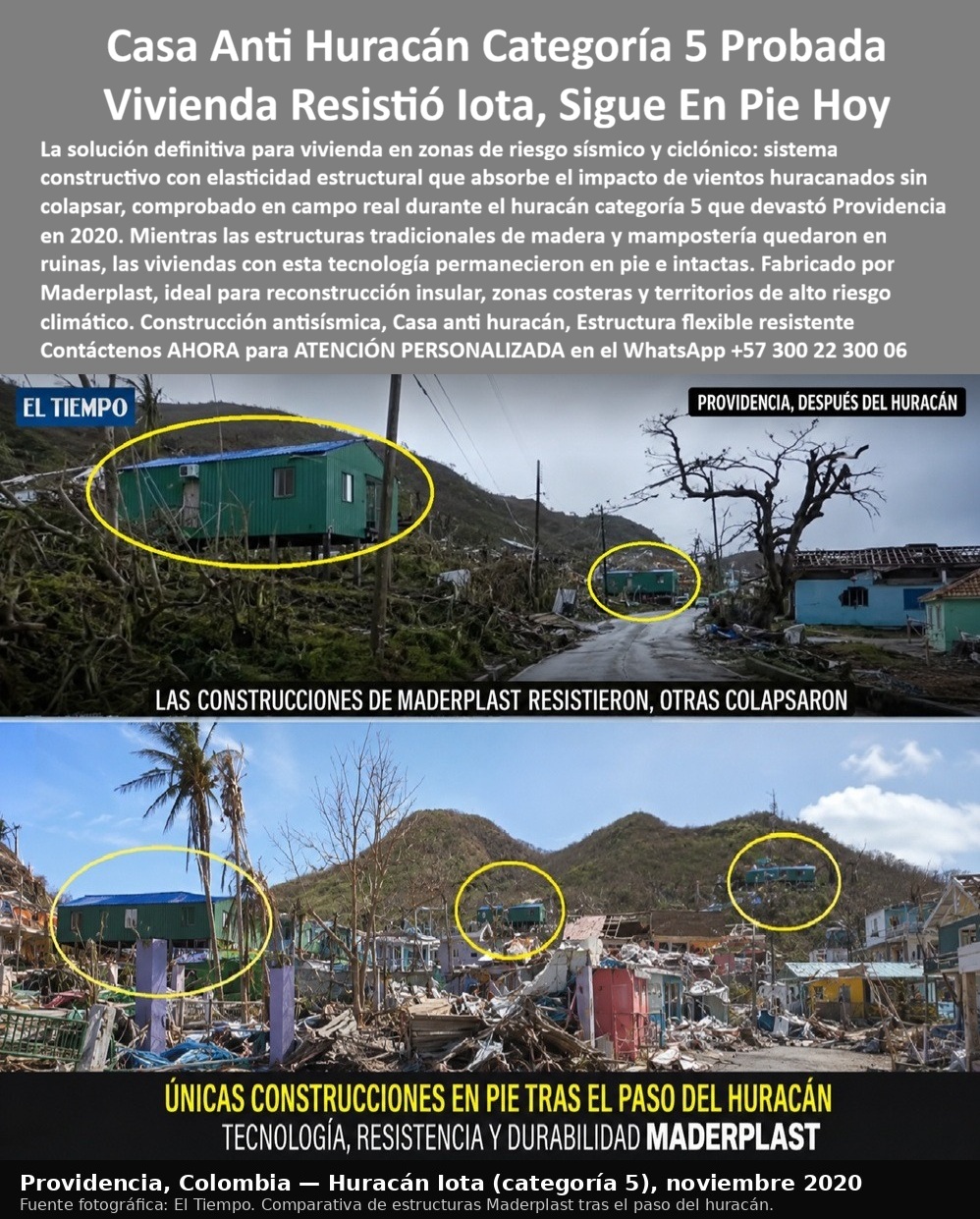 Construcciones Antisísmicas Anti Huracán Elasticidad Estructural Maderplast - Vivienda modular Maderplast en pie tras el huracán categoría 5 Iota en Providencia Colombia, construcción antisísmica y anti huracán con elasticidad estructural comprobada frente a construcciones tradicionales colapsadas META DESCRIPCIÓN CORTA Maderplast fabrica viviendas anti huracán y antisísmicas con elasticidad estructural comprobada en campo real: durante el huracán categoría 5 Iota en Providencia (2020), mientras la madera y mampostería tradicional colapsaron, las estructuras Maderplast permanecieron en pie e intactas. Ideal para reconstrucción insular, zonas costeras y territorios de alto riesgo climático. Construcción modular, flexible y resistente donde otros sistemas fallan. Construcciones antisísmicas y anti huracán con elasticidad estructural: la evidencia que otros sistemas no pudieron mostrar META DESCRIPCIÓN CORTA Maderplast fabrica viviendas anti huracán y antisísmicas con elasticidad estructural comprobada en campo real: durante el huracán categoría 5 Iota en Providencia (2020), mientras la madera y mampostería tradicional colapsaron, las estructuras Maderplast permanecieron en pie e intactas. Ideal para reconstrucción insular, zonas costeras y territorios de alto riesgo climático. Construcción modular, flexible y resistente donde otros sistemas fallan. La fotografía no necesita explicación, la da el propio paisaje: Providencia, Colombia, días después del paso del huracán categoría 5 Iota en noviembre de 2020. Alrededor, casas de madera y mampostería reducidas a escombros, techos arrancados, estructuras enteras convertidas en material disperso sobre el terreno. Y en medio de esa devastación, señaladas en la imagen, las viviendas siguen en pie, intactas, sin daño estructural visible. Esa comparación, documentada fotográficamente por El Tiempo, es la evidencia de campo más honesta que puede pedirle cualquier ingeniero antes de aprobar un sistema constructivo para zona de riesgo: no un laboratorio simulado, sino un huracán real. Esas construcciones que resistieron pertenecen al sistema constructivo de Maderplast, diseñado bajo un principio distinto al de la construcción tradicional. En lugar de oponer rigidez absoluta a la fuerza del viento —la misma rigidez que hace que la madera se astille y la mampostería se fragmente bajo cargas extremas—, el sistema Maderplast trabaja con elasticidad estructural: una capacidad de absorber y disipar el impacto de vientos huracanados sin transmitir la fractura total a la estructura. Es la diferencia entre un material que se rompe y un material que cede, se flexiona y regresa a su posición sin perder integridad. Este comportamiento no es exclusivo de vientos huracanados. La misma lógica de flexibilidad controlada es la que convierte a estas edificaciones en una construcción antisísmica sería, porque el principio de ingeniería es el mismo: en un sismo, igual que en un huracán, sobreviven las estructuras que pueden moverse sin colapsar, no las que se mantienen rígidas hasta el punto de quiebre. Por eso hablamos de una tecnología pensada para zonas de doble riesgo, sísmico y ciclónico a la vez, algo especialmente relevante para territorios insulares y costeros de Colombia y el Caribe. Quién evalúa reconstruir en Providencia, en San Andrés, en cualquier zona costera expuesta a huracanes, o en territorios de actividad sísmica, suele hacerse la misma pregunta antes de invertir: ¿qué garantía real tengo de que esta vivienda siga en pie la próxima vez? La respuesta que da Maderplast no es una promesa de catálogo, es un caso documentado: mientras estructuras tradicionales colapsaron por completo durante Iota, las viviendas con este sistema constructivo permanecieron habitables, sin necesidad de reconstrucción total. Esa es la clase de evidencia que un ingeniero, un comprador técnico o una entidad de reconstrucción insular necesita ver antes de firmar una orden de compra. También es razonable preguntarse por qué la madera y la mampostería, materiales usados durante generaciones en estas islas, fallaron frente a este evento. La respuesta técnica es clara: ambos materiales dependen de la rigidez y de la resistencia a la humedad constante, dos condiciones que un huracán categoría 5 y el clima costero permanente ponen a prueba de forma simultánea. La madera se debilita con la humedad y pierde capacidad de carga con el tiempo; la mampostería tradicional, al no tener capacidad de flexión, transmite el impacto directo del viento hasta el punto de fractura. El sistema modular de Maderplast, en cambio, fue concebido específicamente para esas dos condiciones combinadas: humedad permanente y fuerzas extremas de viento. Esto convierte a la construcción modular Maderplast en la opción más razonable para reconstrucción insular, vivienda costera, infraestructura en territorios de alto riesgo climático y proyectos donde una segunda temporada de huracanes ya no es una posibilidad remota, sino una certeza estadística. No se trata de reconstruir igual que antes con la esperanza de que no vuelva a pasar. Se trata de reconstruir con un sistema que ya demostró, en condiciones reales y verificables, qué sucede cuando el huracán llega. Si su proyecto de vivienda, infraestructura comunitaria o reconstrucción se ubica en una zona expuesta a huracanes o sismos, la decisión técnica más responsable es preguntar qué sistema constructivo ya fue puesto a prueba por la naturaleza misma, y no solo por un cálculo en papel. Maderplast puede mostrarle esa evidencia, explicarle el principio de elasticidad estructural detrás de ella, y asesorar en el diseño específico para las condiciones de su terreno. Contáctenos por WhatsApp al +57 300 22 300 06 para recibir atención personalizada y asesoría técnica según su proyecto y zona de riesgo. Casa prefabricada resistente a fenómenos climáticos Edificaciones con memoria plástica inmunes sismos, Viviendas modulares antihuracanes anti sismicas Construcciones Antisísmicas Anti Huracán Elasticidad Estructural Maderplast Casa prefabricada resistente a fenómenos climáticos Edificaciones con memoria plástica inmunes sismos Viviendas modulares antihuracanes anti sismicas Vivienda modular Maderplast en pie tras el huracán categoría 5 Iota en Providencia Colombia, construcción antisísmica y anti huracán con elasticidad estructural comprobada frente a construcciones tradicionales colapsadas META DESCRIPCIÓN CORTA Maderplast fabrica viviendas anti huracán y antisísmicas con elasticidad estructural comprobada en campo real: durante el huracán categoría 5 Iota en Providencia (2020), mientras la madera y mampostería tradicional colapsaron, las estructuras Maderplast permanecieron en pie e intactas. Ideal para reconstrucción insular, zonas costeras y territorios de alto riesgo climático. Construcción modular, flexible y resistente donde otros sistemas fallan. Construcciones antisísmicas y anti huracán con elasticidad estructural: la evidencia que otros sistemas no pudieron mostrar META DESCRIPCIÓN CORTA Maderplast fabrica viviendas anti huracán y antisísmicas con elasticidad estructural comprobada en campo real: durante el huracán categoría 5 Iota en Providencia (2020), mientras la madera y mampostería tradicional colapsaron, las estructuras Maderplast permanecieron en pie e intactas. Ideal para reconstrucción insular, zonas costeras y territorios de alto riesgo climático. Construcción modular, flexible y resistente donde otros sistemas fallan. La fotografía no necesita explicación, la da el propio paisaje: Providencia, Colombia, días después del paso del huracán categoría 5 Iota en noviembre de 2020. Alrededor, casas de madera y mampostería reducidas a escombros, techos arrancados, estructuras enteras convertidas en material disperso sobre el terreno. Y en medio de esa devastación, señaladas en la imagen, las viviendas siguen en pie, intactas, sin daño estructural visible. Esa comparación, documentada fotográficamente por El Tiempo, es la evidencia de campo más honesta que puede pedirle cualquier ingeniero antes de aprobar un sistema constructivo para zona de riesgo: no un laboratorio simulado, sino un huracán real. Esas construcciones que resistieron pertenecen al sistema constructivo de Maderplast, diseñado bajo un principio distinto al de la construcción tradicional. En lugar de oponer rigidez absoluta a la fuerza del viento —la misma rigidez que hace que la madera se astille y la mampostería se fragmente bajo cargas extremas—, el sistema Maderplast trabaja con elasticidad estructural: una capacidad de absorber y disipar el impacto de vientos huracanados sin transmitir la fractura total a la estructura. Es la diferencia entre un material que se rompe y un material que cede, se flexiona y regresa a su posición sin perder integridad. Este comportamiento no es exclusivo de vientos huracanados. La misma lógica de flexibilidad controlada es la que convierte a estas edificaciones en una construcción antisísmica sería, porque el principio de ingeniería es el mismo: en un sismo, igual que en un huracán, sobreviven las estructuras que pueden moverse sin colapsar, no las que se mantienen rígidas hasta el punto de quiebre. Por eso hablamos de una tecnología pensada para zonas de doble riesgo, sísmico y ciclónico a la vez, algo especialmente relevante para territorios insulares y costeros de Colombia y el Caribe. Quién evalúa reconstruir en Providencia, en San Andrés, en cualquier zona costera expuesta a huracanes, o en territorios de actividad sísmica, suele hacerse la misma pregunta antes de invertir: ¿qué garantía real tengo de que esta vivienda siga en pie la próxima vez? La respuesta que da Maderplast no es una promesa de catálogo, es un caso documentado: mientras estructuras tradicionales colapsaron por completo durante Iota, las viviendas con este sistema constructivo permanecieron habitables, sin necesidad de reconstrucción total. Esa es la clase de evidencia que un ingeniero, un comprador técnico o una entidad de reconstrucción insular necesita ver antes de firmar una orden de compra. También es razonable preguntarse por qué la madera y la mampostería, materiales usados durante generaciones en estas islas, fallaron frente a este evento. La respuesta técnica es clara: ambos materiales dependen de la rigidez y de la resistencia a la humedad constante, dos condiciones que un huracán categoría 5 y el clima costero permanente ponen a prueba de forma simultánea. La madera se debilita con la humedad y pierde capacidad de carga con el tiempo; la mampostería tradicional, al no tener capacidad de flexión, transmite el impacto directo del viento hasta el punto de fractura. El sistema modular de Maderplast, en cambio, fue concebido específicamente para esas dos condiciones combinadas: humedad permanente y fuerzas extremas de viento. Esto convierte a la construcción modular Maderplast en la opción más razonable para reconstrucción insular, vivienda costera, infraestructura en territorios de alto riesgo climático y proyectos donde una segunda temporada de huracanes ya no es una posibilidad remota, sino una certeza estadística. No se trata de reconstruir igual que antes con la esperanza de que no vuelva a pasar. Se trata de reconstruir con un sistema que ya demostró, en condiciones reales y verificables, qué sucede cuando el huracán llega. Si su proyecto de vivienda, infraestructura comunitaria o reconstrucción se ubica en una zona expuesta a huracanes o sismos, la decisión técnica más responsable es preguntar qué sistema constructivo ya fue puesto a prueba por la naturaleza misma, y no solo por un cálculo en papel. Maderplast puede mostrarle esa evidencia, explicarle el principio de elasticidad estructural detrás de ella, y asesorar en el diseño específico para las condiciones de su terreno. Contáctenos por WhatsApp al +57 300 22 300 06 para recibir atención personalizada y asesoría técnica según su proyecto y zona de riesgo.