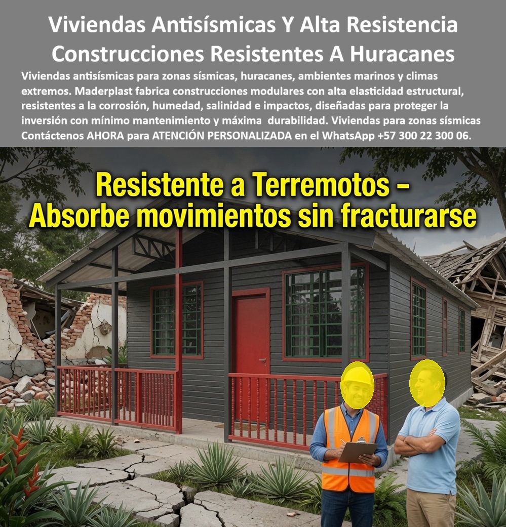Construcciones Antisísmicas Anti Huracán Elasticidad Estructural Maderplast - Viviendas Antisísmicas y Resistentes a Huracanes: Construcciones Modulares para Ambientes Extremos Meta descripción Viviendas antisísmicas y resistentes a huracanes fabricadas con sistemas modulares de alta ingeniería. Construcciones para zonas sísmicas, ambientes marinos y climas extremos, resistentes a la humedad, la corrosión y los fenómenos naturales, con mínimo mantenimiento y máxima durabilidad. La imagen presenta una vivienda modular de alta resistencia desarrollada por Maderplast para zonas expuestas a terremotos, huracanes, fuertes vientos, alta humedad y ambientes marinos. Su sistema estructural incorpora materiales plásticos de ingeniería con elevada elasticidad, capaces de absorber deformaciones y distribuir mejor los esfuerzos producidos por movimientos sísmicos y cargas dinámicas. Además de ofrecer una construcción durable, esta tecnología elimina los problemas de corrosión, pudrición y deterioro acelerado que afectan a muchos materiales tradicionales cuando permanecen expuestos a condiciones climáticas severas. Estas construcciones antisísmicas para ambientes marinos y tropicales están diseñadas para proyectos de vivienda, hoteles, ecohoteles, campamentos, instalaciones institucionales y desarrollos turísticos ubicados en regiones donde la seguridad estructural y la durabilidad son factores determinantes. Su comportamiento frente a la humedad, la salinidad, la radiación solar y los cambios climáticos reduce considerablemente los costos de mantenimiento, permitiendo conservar la infraestructura en excelentes condiciones durante muchos años. Las viviendas resistentes a fenómenos naturales también ofrecen ventajas importantes en productividad constructiva. Su sistema modular facilita una instalación más rápida, limpia y organizada, permitiendo reducir tiempos de ejecución y simplificando futuras ampliaciones, reubicaciones o remodelaciones. Gracias a su menor necesidad de mantenimiento, representan una inversión orientada al costo total de propiedad y no únicamente al valor inicial de construcción. Maderplast fabrica estas soluciones mediante procesos industriales controlados y certificaciones de calidad y gestión ambiental, desarrollando proyectos personalizados para cada cliente. Las estructuras pueden adaptarse a diferentes configuraciones arquitectónicas, usos y condiciones de servicio, ofreciendo soluciones para viviendas permanentes, proyectos turísticos, instalaciones institucionales y edificaciones ubicadas en zonas costeras, tropicales o de alta exigencia ambiental. La calidad del sistema está respaldada por pruebas de laboratorio, demostraciones de resistencia y aplicaciones reales en condiciones exigentes. La evaluación estructural y el cumplimiento de las normas aplicables para cada proyecto deben realizarse mediante el correspondiente cálculo de ingeniería y la normativa vigente en el país donde se construirá la obra. Elegir las construcciones antisísmicas, las viviendas resistentes a fenómenos naturales, las construcciones para ambientes marinos y tropicales y los sistemas modulares desarrollados por Maderplast significa invertir en una infraestructura moderna, durable y preparada para ofrecer mayor seguridad, menor mantenimiento y una larga vida útil incluso en los entornos más exigentes. Contáctenos ahora mismo por WhatsApp y reciba atención personalizada de un asesor especializado: +57 300 22 300 06. Construcciones Ambientes Marinos y Tropicales, Vivienda Construcción plástica modular certificada contra huracanes, Viviendas Resistentes a Fenómenos Naturales Construcciones Antisísmicas Anti Huracán Elasticidad Estructural Maderplast Construcciones Ambientes Marinos y Tropicales Vivienda Construcción plástica modular certificada contra huracanes Viviendas Resistentes a Fenómenos Naturales Viviendas Antisísmicas y Resistentes a Huracanes: Construcciones Modulares para Ambientes Extremos Meta descripción Viviendas antisísmicas y resistentes a huracanes fabricadas con sistemas modulares de alta ingeniería. Construcciones para zonas sísmicas, ambientes marinos y climas extremos, resistentes a la humedad, la corrosión y los fenómenos naturales, con mínimo mantenimiento y máxima durabilidad. La imagen presenta una vivienda modular de alta resistencia desarrollada por Maderplast para zonas expuestas a terremotos, huracanes, fuertes vientos, alta humedad y ambientes marinos. Su sistema estructural incorpora materiales plásticos de ingeniería con elevada elasticidad, capaces de absorber deformaciones y distribuir mejor los esfuerzos producidos por movimientos sísmicos y cargas dinámicas. Además de ofrecer una construcción durable, esta tecnología elimina los problemas de corrosión, pudrición y deterioro acelerado que afectan a muchos materiales tradicionales cuando permanecen expuestos a condiciones climáticas severas. Estas construcciones antisísmicas para ambientes marinos y tropicales están diseñadas para proyectos de vivienda, hoteles, ecohoteles, campamentos, instalaciones institucionales y desarrollos turísticos ubicados en regiones donde la seguridad estructural y la durabilidad son factores determinantes. Su comportamiento frente a la humedad, la salinidad, la radiación solar y los cambios climáticos reduce considerablemente los costos de mantenimiento, permitiendo conservar la infraestructura en excelentes condiciones durante muchos años. Las viviendas resistentes a fenómenos naturales también ofrecen ventajas importantes en productividad constructiva. Su sistema modular facilita una instalación más rápida, limpia y organizada, permitiendo reducir tiempos de ejecución y simplificando futuras ampliaciones, reubicaciones o remodelaciones. Gracias a su menor necesidad de mantenimiento, representan una inversión orientada al costo total de propiedad y no únicamente al valor inicial de construcción. Maderplast fabrica estas soluciones mediante procesos industriales controlados y certificaciones de calidad y gestión ambiental, desarrollando proyectos personalizados para cada cliente. Las estructuras pueden adaptarse a diferentes configuraciones arquitectónicas, usos y condiciones de servicio, ofreciendo soluciones para viviendas permanentes, proyectos turísticos, instalaciones institucionales y edificaciones ubicadas en zonas costeras, tropicales o de alta exigencia ambiental. La calidad del sistema está respaldada por pruebas de laboratorio, demostraciones de resistencia y aplicaciones reales en condiciones exigentes. La evaluación estructural y el cumplimiento de las normas aplicables para cada proyecto deben realizarse mediante el correspondiente cálculo de ingeniería y la normativa vigente en el país donde se construirá la obra. Elegir las construcciones antisísmicas, las viviendas resistentes a fenómenos naturales, las construcciones para ambientes marinos y tropicales y los sistemas modulares desarrollados por Maderplast significa invertir en una infraestructura moderna, durable y preparada para ofrecer mayor seguridad, menor mantenimiento y una larga vida útil incluso en los entornos más exigentes. Contáctenos ahora mismo por WhatsApp y reciba atención personalizada de un asesor especializado: +57 300 22 300 06.
