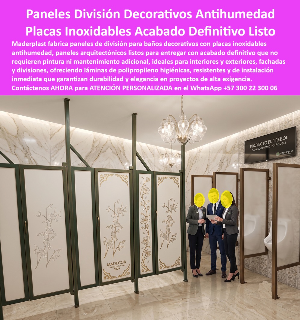 Division Baños Decorativo Placa Inoxidable Antihumedad Maderplast - Paneles Arquitectónicos para Divisiones de Baños: Acabado Definitivo Antihumedad con Placas Inoxidables de Polipropileno Meta descripción Paneles arquitectónicos para divisiones de baños fabricados en polipropileno con acabado definitivo. Placas inoxidables antihumedad para interiores y exteriores que no requieren pintura, resane ni mantenimiento, ideales para proyectos institucionales, comerciales y corporativos de alta exigencia. La imagen presenta un sistema de divisiones decorativas para baños desarrollado con placas inoxidables antihumedad y paneles arquitectónicos listos para entregar, fabricados por Maderplast para reemplazar materiales tradicionales que se deterioran por la humedad y el uso continuo. Estas láminas de polipropileno permiten obtener un acabado definitivo desde su instalación, sin necesidad de pintura, resanes o tratamientos posteriores, ofreciendo una apariencia elegante y permanente que conserva su calidad durante años incluso en ambientes de alta humedad. Los paneles decorativos para interiores y exteriores están diseñados para baños institucionales, centros comerciales, hoteles, aeropuertos, hospitales, clubes, universidades, edificios corporativos y proyectos arquitectónicos donde la higiene, la durabilidad y la estética son igualmente importantes. Gracias a su impermeabilidad absoluta, resistencia al impacto y facilidad de limpieza, constituyen una solución moderna para divisiones sanitarias, cerramientos interiores, revestimientos decorativos y paneles para fachadas y divisiones con excelente comportamiento frente al agua, productos de limpieza y uso intensivo. Para arquitectos, diseñadores e ingenieros, estos sistemas representan una alternativa de alto desempeño frente a materiales que requieren mantenimiento constante o presentan deterioro prematuro. Su instalación rápida reduce tiempos de obra, disminuye costos de mantenimiento y permite entregar espacios completamente terminados desde el primer momento. Además, pueden fabricarse con diferentes colores, texturas, diseños personalizados y acabados exclusivos que aportan identidad arquitectónica a cada proyecto. Maderplast fabrica estos paneles arquitectónicos, placas decorativas antihumedad y sistemas de división mediante procesos industriales controlados y bajo certificaciones de calidad y gestión ambiental, desarrollando soluciones totalmente personalizadas para cada cliente. La calidad del sistema está respaldada por pruebas de laboratorio, demostraciones de resistencia y aplicaciones reales, ofreciendo la confianza técnica que buscan arquitectos, constructores y responsables de compras al especificar materiales para proyectos de larga vida útil. Elegir las divisiones decorativas para baños, las placas inoxidables antihumedad, los paneles arquitectónicos listos para entregar y las láminas de polipropileno fabricadas por Maderplast significa invertir en elegancia, higiene, durabilidad y mínimo mantenimiento, obteniendo espacios modernos con acabados permanentes y excelente comportamiento durante toda la vida útil del proyecto. Contáctenos ahora mismo por WhatsApp y reciba atención personalizada de un asesor especializado: +57 300 22 300 06. Panel Arquitectónico Listo para Entregar, acabado definitivo, Paneles Decorativos para Interiores y Exteriores, Paneles Fachadas y Divisiones, Panel Láminas polipropileno Division Baños Decorativo Placa Inoxidable Antihumedad Maderplast Panel Arquitectónico Listo para Entregar acabado definitivo Paneles Decorativos para Interiores y Exteriores Paneles Fachadas y Divisiones Panel Láminas polipropileno Paneles Arquitectónicos para Divisiones de Baños: Acabado Definitivo Antihumedad con Placas Inoxidables de Polipropileno Meta descripción Paneles arquitectónicos para divisiones de baños fabricados en polipropileno con acabado definitivo. Placas inoxidables antihumedad para interiores y exteriores que no requieren pintura, resane ni mantenimiento, ideales para proyectos institucionales, comerciales y corporativos de alta exigencia. La imagen presenta un sistema de divisiones decorativas para baños desarrollado con placas inoxidables antihumedad y paneles arquitectónicos listos para entregar, fabricados por Maderplast para reemplazar materiales tradicionales que se deterioran por la humedad y el uso continuo. Estas láminas de polipropileno permiten obtener un acabado definitivo desde su instalación, sin necesidad de pintura, resanes o tratamientos posteriores, ofreciendo una apariencia elegante y permanente que conserva su calidad durante años incluso en ambientes de alta humedad. Los paneles decorativos para interiores y exteriores están diseñados para baños institucionales, centros comerciales, hoteles, aeropuertos, hospitales, clubes, universidades, edificios corporativos y proyectos arquitectónicos donde la higiene, la durabilidad y la estética son igualmente importantes. Gracias a su impermeabilidad absoluta, resistencia al impacto y facilidad de limpieza, constituyen una solución moderna para divisiones sanitarias, cerramientos interiores, revestimientos decorativos y paneles para fachadas y divisiones con excelente comportamiento frente al agua, productos de limpieza y uso intensivo. Para arquitectos, diseñadores e ingenieros, estos sistemas representan una alternativa de alto desempeño frente a materiales que requieren mantenimiento constante o presentan deterioro prematuro. Su instalación rápida reduce tiempos de obra, disminuye costos de mantenimiento y permite entregar espacios completamente terminados desde el primer momento. Además, pueden fabricarse con diferentes colores, texturas, diseños personalizados y acabados exclusivos que aportan identidad arquitectónica a cada proyecto. Maderplast fabrica estos paneles arquitectónicos, placas decorativas antihumedad y sistemas de división mediante procesos industriales controlados y bajo certificaciones de calidad y gestión ambiental, desarrollando soluciones totalmente personalizadas para cada cliente. La calidad del sistema está respaldada por pruebas de laboratorio, demostraciones de resistencia y aplicaciones reales, ofreciendo la confianza técnica que buscan arquitectos, constructores y responsables de compras al especificar materiales para proyectos de larga vida útil. Elegir las divisiones decorativas para baños, las placas inoxidables antihumedad, los paneles arquitectónicos listos para entregar y las láminas de polipropileno fabricadas por Maderplast significa invertir en elegancia, higiene, durabilidad y mínimo mantenimiento, obteniendo espacios modernos con acabados permanentes y excelente comportamiento durante toda la vida útil del proyecto. Contáctenos ahora mismo por WhatsApp y reciba atención personalizada de un asesor especializado: +57 300 22 300 06.