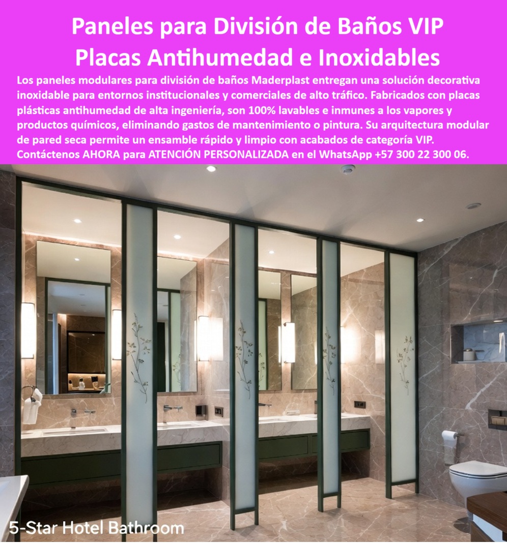 Division Baños Decorativo Placa Inoxidable Antihumedad Maderplast - División Baños Decorativo Placa Inoxidable Antihumedad Maderplast: Reemplazo de Superboard y Acabado VIP Definitivo Meta Descripción: División baños decorativos placa inoxidable antihumedad Maderplast, placas plásticas terminadas para reemplazo de superboard en mampostería en seco. La solución VIP de panel arquitectónico listo para entregar con panel acabado definitivo para hotelería, centros comerciales y edificación moderna sin costos de mantenimiento. La división baños decorativos placa inoxidable antihumedad Maderplast establece el estándar superior de diseño e higiene en baterías sanitarias VIP de alta concurrencia, ofreciendo placas plásticas terminadas para reemplazo de superboard y drywall en zonas húmedas institucionales. En la imagen de la batería sanitaria de un hotel de cinco estrellas se aprecian divisores verticales modulados con acabados traslúcidos grabados con motivos botánicos sutiles, integrados sobre perfiles de soporte oscuros que complementan los revestimientos de mármol y la iluminación arquitectónica cálida. Este panel arquitectónico listo para entregar actúa como una placa decorativa de mampostería en seco que no requiere estuco, pintura ni tratamientos anticorrosivos posteriores. La naturaleza inalterable del polímero sintético asegura un panel acabado definitivo que tolera el lavado continuo con desinfectantes y vapores calientes sin sufrir hinchamiento ni proliferación de bacterias, reafirmando a Maderplast como el fabricante técnico que convierte especificaciones exigentes en obras reales de alta categoría. En desarrollos de construcción acelerada y construcción industrializada que demandan soluciones higiénicas permanentes, las placas macizas de polipropileno y paneles para divisiones Maderplast superan operativamente al superboard, al aglomerado RH y a las placas de fibrocemento tradicionales. La razón técnica para implementar estas placas plásticas terminadas frente a los revestimientos cerámicos o mamparas de madera reside en su total impermeabilidad, nula porosidad y alta resistencia al impacto o uso indebido. Mientras que las placas cementicias se desmoronan con los golpes directos y el superboard requiere procesos costosos de masillado, lijado y pintura periódica, las soluciones de mampostería plástica y muros secos Maderplast entregan una superficie lista para operar con un ensamble limpio, rápido y de estanqueidad garantizada en instalaciones comerciales, aeropuertos, hospitales y hoteles VIP. Desde la perspectiva del análisis financiero y de la ingeniería de la edificación, la adopción de las divisiones sanitarias anticorrosivas Maderplast optimiza el costo total de propiedad frente a las alternativas económicas de la competencia. Los materiales convencionales de bajo costo inicial ocultan pérdidas cuantiosas causadas por soplado por humedad, desprendimiento de laminados, óxido en herrajes, costos recurrentes de mano de obra para mantenimiento y paradas operativas que deterioran la reputación del establecimiento. La inversión en estos paneles plásticos estructurales Maderplast constituye una decisión de construcción inteligente con cero gastos de mantenimiento y vida útil proyectada a décadas, reduciendo los gastos de conservación hasta en un ochenta por ciento frente a cualquier tabiquería húmeda tradicional. Maderplast certifica sus líneas de recubrimientos y divisiones arquitectónicas bajo estrictos estándares industriales, contando con certificaciones ISO 9001 en diseño y desarrollo de productos e ISO 14001 en gestión ambiental. "DIRECTOR DE INFRAESTRUCTURA HOTELERA: 'La especificación de los paneles para división de baños VIP Maderplast en nuestras instalaciones comerciales erradicó las fallas por humedad y deterioro que teníamos con el superboard tradicional. Las cabinas lucen impecables, son cien por ciento lavables y redujeron el tiempo de entrega de la obra a la mitad al eliminar la pintura; la inversión se amortiza de inmediato con pleno respaldo de facturación auditada y ensayos de laboratorio'." Toda la oferta de placas inoxidables antihumedad dispone de ensayos de resistencia certificados por la ONAC, fichas técnicas descargables, planos acotados en milímetros y capacidad inmediata para atender solicitudes de cotización, personalización, prototipos, renders y producción en serie. Para asegurar la solución exacta que se adapta a su proyecto arquitectónico como la zapatilla de la Cenicienta, Contáctenos ahora mismo por WhatsApp y reciba atención personalizada de un asesor especializado: +57 300 22 300 06. Placas plásticas terminadas para reemplazo de superboard, Placa decorativa mampostería en seco, Panel Arquitectónico Listo para Entregar, Panel acabado definitivo, Paneles Division Baños Decorativo Placa Inoxidable Antihumedad Maderplast Placas plásticas terminadas para reemplazo de superboard Placa decorativa mampostería en seco Panel Arquitectónico Listo para Entregar Panel acabado definitivo Paneles División Baños Decorativo Placa Inoxidable Antihumedad Maderplast: Reemplazo de Superboard y Acabado VIP Definitivo Meta Descripción: División baños decorativos placa inoxidable antihumedad Maderplast, placas plásticas terminadas para reemplazo de superboard en mampostería en seco. La solución VIP de panel arquitectónico listo para entregar con panel acabado definitivo para hotelería, centros comerciales y edificación moderna sin costos de mantenimiento. La división baños decorativos placa inoxidable antihumedad Maderplast establece el estándar superior de diseño e higiene en baterías sanitarias VIP de alta concurrencia, ofreciendo placas plásticas terminadas para reemplazo de superboard y drywall en zonas húmedas institucionales. En la imagen de la batería sanitaria de un hotel de cinco estrellas se aprecian divisores verticales modulados con acabados traslúcidos grabados con motivos botánicos sutiles, integrados sobre perfiles de soporte oscuros que complementan los revestimientos de mármol y la iluminación arquitectónica cálida. Este panel arquitectónico listo para entregar actúa como una placa decorativa de mampostería en seco que no requiere estuco, pintura ni tratamientos anticorrosivos posteriores. La naturaleza inalterable del polímero sintético asegura un panel acabado definitivo que tolera el lavado continuo con desinfectantes y vapores calientes sin sufrir hinchamiento ni proliferación de bacterias, reafirmando a Maderplast como el fabricante técnico que convierte especificaciones exigentes en obras reales de alta categoría. En desarrollos de construcción acelerada y construcción industrializada que demandan soluciones higiénicas permanentes, las placas macizas de polipropileno y paneles para divisiones Maderplast superan operativamente al superboard, al aglomerado RH y a las placas de fibrocemento tradicionales. La razón técnica para implementar estas placas plásticas terminadas frente a los revestimientos cerámicos o mamparas de madera reside en su total impermeabilidad, nula porosidad y alta resistencia al impacto o uso indebido. Mientras que las placas cementicias se desmoronan con los golpes directos y el superboard requiere procesos costosos de masillado, lijado y pintura periódica, las soluciones de mampostería plástica y muros secos Maderplast entregan una superficie lista para operar con un ensamble limpio, rápido y de estanqueidad garantizada en instalaciones comerciales, aeropuertos, hospitales y hoteles VIP. Desde la perspectiva del análisis financiero y de la ingeniería de la edificación, la adopción de las divisiones sanitarias anticorrosivas Maderplast optimiza el costo total de propiedad frente a las alternativas económicas de la competencia. Los materiales convencionales de bajo costo inicial ocultan pérdidas cuantiosas causadas por soplado por humedad, desprendimiento de laminados, óxido en herrajes, costos recurrentes de mano de obra para mantenimiento y paradas operativas que deterioran la reputación del establecimiento. La inversión en estos paneles plásticos estructurales Maderplast constituye una decisión de construcción inteligente con cero gastos de mantenimiento y vida útil proyectada a décadas, reduciendo los gastos de conservación hasta en un ochenta por ciento frente a cualquier tabiquería húmeda tradicional. Maderplast certifica sus líneas de recubrimientos y divisiones arquitectónicas bajo estrictos estándares industriales, contando con certificaciones ISO 9001 en diseño y desarrollo de productos e ISO 14001 en gestión ambiental. "DIRECTOR DE INFRAESTRUCTURA HOTELERA: 'La especificación de los paneles para división de baños VIP Maderplast en nuestras instalaciones comerciales erradicó las fallas por humedad y deterioro que teníamos con el superboard tradicional. Las cabinas lucen impecables, son cien por ciento lavables y redujeron el tiempo de entrega de la obra a la mitad al eliminar la pintura; la inversión se amortiza de inmediato con pleno respaldo de facturación auditada y ensayos de laboratorio'." Toda la oferta de placas inoxidables antihumedad dispone de ensayos de resistencia certificados por la ONAC, fichas técnicas descargables, planos acotados en milímetros y capacidad inmediata para atender solicitudes de cotización, personalización, prototipos, renders y producción en serie. Para asegurar la solución exacta que se adapta a su proyecto arquitectónico como la zapatilla de la Cenicienta, Contáctenos ahora mismo por WhatsApp y reciba atención personalizada de un asesor especializado: +57 300 22 300 06.