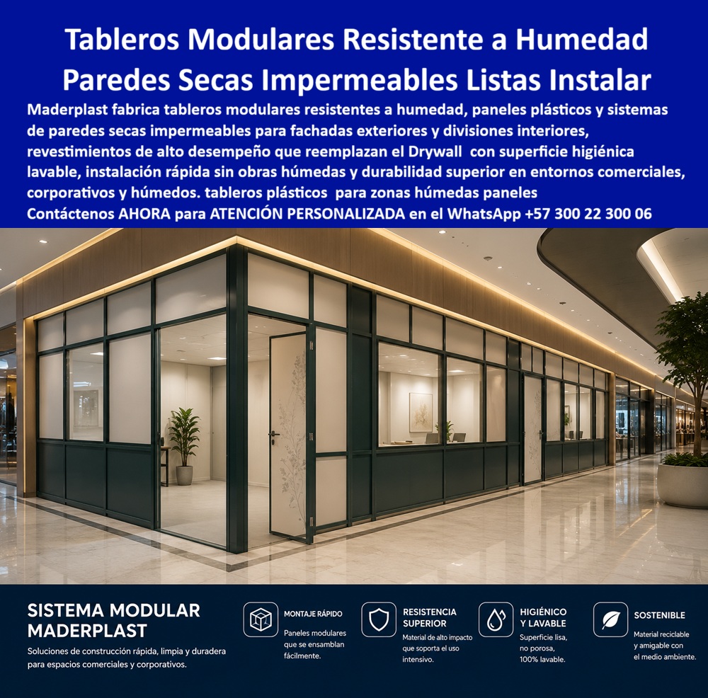 Divisiones Modulares Paneles Fachada Exteriores Antihumedad Maderplast - Divisiones Modulares Paneles Fachada Exteriores Antihumedad Maderplast: Tableros Modulares Resistentes a Humedad y Paredes Secas Impermeables Meta Descripción: Divisiones modulares paneles fachada exteriores antihumedad Maderplast, tableros modulares resistentes a humedad y tableros plásticos listos para instalar. Un sistema de paredes secas impermeables y revestimiento de alto desempeño que sustituye el drywall en espacios comerciales y corporativos sin mantenimientos costosos. Las divisiones modulares paneles exteriores antihumedad Maderplast representan la máxima expresión de ingeniería en revestimientos de alto desempeño y arquitectura seca para entornos comerciales y corporativos. En la imagen de la galería comercial de lujo se observa una isla modular de oficinas con acabados refinados, construida mediante zócalos verdes en la parte inferior y paneles traslúcidos en la sección superior, enmarcados en perfiles negros de diseño geométrico. La puerta abierta exhibe un grabado floral elegante que combina con los interiores iluminados cálidamente. La barra inferior de la imagen destaca las propiedades fundamentales del sistema modular Maderplast: montaje rápido por ensambles intuitivos, resistencia superior ante el uso intensivo, superficie lisa cien por ciento higiénica y lavable, y un perfil sostenible amigable con el medio ambiente. Esta solución lista para operar elimina los tiempos muertos de mezcla y secado, confirmando que Maderplast es el fabricante técnico que convierte requerimientos arquitectónicos exigentes en realidades duraderas. En proyectos donde la construcción acelerada y la construcción industrializada demandan cerramientos interiores y paneles exteriores de alta especificación, los tableros plásticos listos para instalar de Maderplast reemplazan de forma contundente al drywall, al superboard y a la mampostería tradicional. La razón técnica para implementar este sistema de paredes secas impermeables reside en la inmunidad absoluta del polímero sintético frente al agua, la condensación de aire acondicionado y la humedad ambiental. Mientras que el drywall convencional se ablanda, produce hongos, requiere masillado periódico y necesita pintura constante, los paneles plásticos estructurales Maderplast entregan una superficie no porosa, lavable con químicos desinfectantes e inalterable ante impactos directos en locales comerciales, aeropuertos, clínicas y centros corporativos. Desde el análisis económico y de la ingeniería de la edificación, el uso de las divisiones modulares Maderplast optimiza el costo total de propiedad frente a las alternativas de la competencia. Las opciones baratas de tabiques o mamparas de baja especificación esconden costos ocultos causados por hinchamiento en juntas, resanes por rayones o humedad, paradas operativas para mantenimiento y pérdida de imagen ante clientes exigentes. La inversión en estos tableros modulares resistentes a humedad Maderplast constituye una decisión de construcción inteligente con cero gastos de mantenimiento y vida útil proyectada a décadas, reduciendo los costos operativos de mantenimiento hasta en un ochenta por ciento a lo largo de su servicio. Maderplast respalda el desarrollo de sus paneles arquitectónicos bajo estrictos estándares industriales, contando con certificaciones ISO 9001 en diseño y desarrollo de productos e ISO 14001 en gestión ambiental. "DIRECTOR DE ARQUITECTURA CORPORATIVA: 'La instalación del sistema modular de paredes secas Maderplast en nuestro centro comercial nos permitió habilitar los nuevos locales en tiempo récord. Eliminamos por completo los trabajos húmedos, el polvo y los tiempos de pintura; el acabado es impecable, totalmente lavable y altamente resistente, respaldado por facturación auditada y ensayos de laboratorio'." Toda la oferta de revestimientos modulares y fachadas dispone de pruebas de carga e impacto certificadas por la ONAC, fichas técnicas descargables, planos acotados en milímetros y atención inmediata para solicitudes de cotización, personalización, prototipos, renders y producción en serie. Para asegurar la solución exacta que se adapta a su proyecto arquitectónico como la zapatilla de la Cenicienta, Contáctenos ahora mismo por WhatsApp y reciba atención personalizada de un asesor especializado: +57 300 22 300 06. Tableros Modulares Resistentes a Humedad, Tableros Plásticos Listos Instalar, revestimiento de alto desempeño, Sistema de Paredes Secas Impermeables, Panel Arquitectó Divisiones Modulares Paneles Fachada Exteriores Antihumedad Maderplast Tableros Modulares Resistentes a Humedad Tableros Plásticos Listos Instalar revestimiento de alto desempeño Sistema de Paredes Secas Impermeables Panel Arquitectó Divisiones Modulares Paneles Fachada Exteriores Antihumedad Maderplast: Tableros Modulares Resistentes a Humedad y Paredes Secas Impermeables Meta Descripción: Divisiones modulares paneles fachada exteriores antihumedad Maderplast, tableros modulares resistentes a humedad y tableros plásticos listos para instalar. Un sistema de paredes secas impermeables y revestimiento de alto desempeño que sustituye el drywall en espacios comerciales y corporativos sin mantenimientos costosos. Las divisiones modulares paneles exteriores antihumedad Maderplast representan la máxima expresión de ingeniería en revestimientos de alto desempeño y arquitectura seca para entornos comerciales y corporativos. En la imagen de la galería comercial de lujo se observa una isla modular de oficinas con acabados refinados, construida mediante zócalos verdes en la parte inferior y paneles traslúcidos en la sección superior, enmarcados en perfiles negros de diseño geométrico. La puerta abierta exhibe un grabado floral elegante que combina con los interiores iluminados cálidamente. La barra inferior de la imagen destaca las propiedades fundamentales del sistema modular Maderplast: montaje rápido por ensambles intuitivos, resistencia superior ante el uso intensivo, superficie lisa cien por ciento higiénica y lavable, y un perfil sostenible amigable con el medio ambiente. Esta solución lista para operar elimina los tiempos muertos de mezcla y secado, confirmando que Maderplast es el fabricante técnico que convierte requerimientos arquitectónicos exigentes en realidades duraderas. En proyectos donde la construcción acelerada y la construcción industrializada demandan cerramientos interiores y paneles exteriores de alta especificación, los tableros plásticos listos para instalar de Maderplast reemplazan de forma contundente al drywall, al superboard y a la mampostería tradicional. La razón técnica para implementar este sistema de paredes secas impermeables reside en la inmunidad absoluta del polímero sintético frente al agua, la condensación de aire acondicionado y la humedad ambiental. Mientras que el drywall convencional se ablanda, produce hongos, requiere masillado periódico y necesita pintura constante, los paneles plásticos estructurales Maderplast entregan una superficie no porosa, lavable con químicos desinfectantes e inalterable ante impactos directos en locales comerciales, aeropuertos, clínicas y centros corporativos. Desde el análisis económico y de la ingeniería de la edificación, el uso de las divisiones modulares Maderplast optimiza el costo total de propiedad frente a las alternativas de la competencia. Las opciones baratas de tabiques o mamparas de baja especificación esconden costos ocultos causados por hinchamiento en juntas, resanes por rayones o humedad, paradas operativas para mantenimiento y pérdida de imagen ante clientes exigentes. La inversión en estos tableros modulares resistentes a humedad Maderplast constituye una decisión de construcción inteligente con cero gastos de mantenimiento y vida útil proyectada a décadas, reduciendo los costos operativos de mantenimiento hasta en un ochenta por ciento a lo largo de su servicio. Maderplast respalda el desarrollo de sus paneles arquitectónicos bajo estrictos estándares industriales, contando con certificaciones ISO 9001 en diseño y desarrollo de productos e ISO 14001 en gestión ambiental. "DIRECTOR DE ARQUITECTURA CORPORATIVA: 'La instalación del sistema modular de paredes secas Maderplast en nuestro centro comercial nos permitió habilitar los nuevos locales en tiempo récord. Eliminamos por completo los trabajos húmedos, el polvo y los tiempos de pintura; el acabado es impecable, totalmente lavable y altamente resistente, respaldado por facturación auditada y ensayos de laboratorio'." Toda la oferta de revestimientos modulares y fachadas dispone de pruebas de carga e impacto certificadas por la ONAC, fichas técnicas descargables, planos acotados en milímetros y atención inmediata para solicitudes de cotización, personalización, prototipos, renders y producción en serie. Para asegurar la solución exacta que se adapta a su proyecto arquitectónico como la zapatilla de la Cenicienta, Contáctenos ahora mismo por WhatsApp y reciba atención personalizada de un asesor especializado: +57 300 22 300 06.