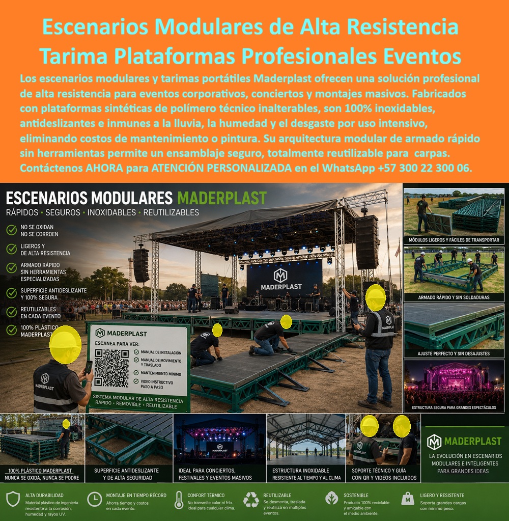 Escenarios Arquitectónicos Modulares Tarimas Eventos Portátil Maderplast - Escenarios Arquitectónicos Modulares Tarimas Eventos Portátil Maderplast: Plataformas Profesionales y Sistemas de Alta Resistencia Inmunes a la Intemperie Meta Descripción: Escenarios arquitectónicos modulares tarimas eventos portátil Maderplast, plataformas prefabricadas desarmables inmunes a la intemperie y corrosión. Los sistemas de tarimas portátiles de alta resistencia de polímero técnico están ideados para conciertos, festivales y eventos masivos sin mantenimientos costosos. Los escenarios arquitectónicos modulares tarimas eventos portátil Maderplast encabezan la evolución en la logística y montaje de tarimas profesionales para conciertos, festivales y espectáculos masivos a cielo abierto. En la composición visual se aprecia un montaje integral de gran envergadura a campo abierto: el panel principal muestra un escenario techado con cerchas metálicas, iluminación profesional y un amplio frente de plataformas negras antideslizantes sobre estructuras verdes sintéticas, donde operarios aseguran los paneles de paso mientras un supervisor escanea el código QR del manual instructivo paso a paso. Las imágenes secundarias de la derecha y la franja inferior ilustran la facilidad de manejo de los módulos ligeros, el ensamble rápido sin necesidad de soldaduras, el ajuste milimétrico de las uniones y la altísima capacidad de carga que soporta montajes nocturnos multitudinarios. Esta tecnología polimérica inalterable confirma a Maderplast como el fabricante especializado que transforma la complejidad logística de eventos en soluciones reales de alta seguridad y durabilidad. En la producción de eventos corporativos y espectáculos públicos donde se exigen escenarios tarimas prefabricadas desarmables inmunes a la intemperie y corrosión, la panelería sintética Maderplast sustituye ventajosamente a las plataformas de madera contrachapada y marcos de hierro convencional. Al evaluar por qué adoptar sistemas de tarimas portátiles y escenarios modulares de alta resistencia de polímero técnico frente a las alternativas tradicionales de triplex, la justificación técnica reside en su total impermeabilidad, superficie antideslizante certificada y la nula absorción de humedad. Mientras que las plataformas de madera sufren astillamiento, soplado por lluvia, deformación de bordes y riesgo de colapso por humedad acumulada, las tarimas sintéticas Maderplast permanecen 100% inoxidables, resistentes a los rayos UV e inalterables ante el desgaste por tráfico pesado continuo, garantizando un piso seguro y confortable sin requerir pintura ni recubrimientos. Desde el análisis económico y la ingeniería logística, la implementación de las tarimas y escenarios modulares Maderplast optimiza de forma sustancial el costo total de propiedad frente a la compra o alquiler de estructuras convencionales de la competencia. Las opciones baratas de contrachapado o tarimas metálicas de baja calidad ocultan sobrecostos devastadores por reposición constante de tableros rotos, pintura anticorrosiva periódica, demoras en el montaje por desajustes geométricos y paradas operativas que perjudican la reputación del organizador de eventos. La inversión en estos escenarios portátiles Maderplast constituye una decisión de infraestructura inteligente con cero gastos de conservación física y capacidad de reutilización ilimitada en cientos de eventos, reduciendo los costos operativos de montaje y transporte hasta en un ochenta por ciento a lo largo de su vida útil. Maderplast respalda el desarrollo de sus plataformas para eventos mediante exigentes estándares industriales de fabricación, contando con certificaciones ISO 9001 en diseño y desarrollo de productos e ISO 14001 en gestión ambiental. "DIRECTOR DE LOGÍSTICA DE EVENTOS MASIVOS: 'La adopción de los escenarios modulares y tarimas portátiles Maderplast para nuestra gira de festivales al aire libre revolucionó la logística de montaje. El armado es ultra rápido sin herramientas complejas, soportan la lluvia y el uso intensivo sin astillarse ni perder firmeza; la inversión se pagó sola en los primeros montajes al eliminar el reemplazo constante de madera, con total respaldo de facturación auditada y ensayos de laboratorio'." Toda la oferta de sistemas de tarimas dispone de pruebas de carga e impacto certificadas por la ONAC, fichas técnicas descargables, planos acotados en milímetros y capacidad inmediata para atender solicitudes de cotización, personalización, prototipos, renders y producción en serie. Para asegurar la solución exacta que se adapta a su proyecto de eventos como la zapatilla de la Cenicienta, Contáctenos ahora mismo por WhatsApp y reciba atención personalizada de un asesor especializado: +57 300 22 300 06. Escenarios Modulares de Alta Resistencia, Escenarios Tarimas prefabricadas desarmables inmunes a la intemperie y corrosión, Sistemas de tarimas portátiles Escenarios Arquitectónicos Modulares Tarimas Eventos Portátil Maderplast Escenarios Modulares de Alta Resistencia Escenarios Tarimas prefabricadas desarmables inmunes a la intemperie y corrosión Sistemas de tarimas portátiles Escenarios Arquitectónicos Modulares Tarimas Eventos Portátil Maderplast: Plataformas Profesionales y Sistemas de Alta Resistencia Inmunes a la Intemperie Meta Descripción: Escenarios arquitectónicos modulares tarimas eventos portátil Maderplast, plataformas prefabricadas desarmables inmunes a la intemperie y corrosión. Los sistemas de tarimas portátiles de alta resistencia de polímero técnico están ideados para conciertos, festivales y eventos masivos sin mantenimientos costosos. Los escenarios arquitectónicos modulares tarimas eventos portátil Maderplast encabezan la evolución en la logística y montaje de tarimas profesionales para conciertos, festivales y espectáculos masivos a cielo abierto. En la composición visual se aprecia un montaje integral de gran envergadura a campo abierto: el panel principal muestra un escenario techado con cerchas metálicas, iluminación profesional y un amplio frente de plataformas negras antideslizantes sobre estructuras verdes sintéticas, donde operarios aseguran los paneles de paso mientras un supervisor escanea el código QR del manual instructivo paso a paso. Las imágenes secundarias de la derecha y la franja inferior ilustran la facilidad de manejo de los módulos ligeros, el ensamble rápido sin necesidad de soldaduras, el ajuste milimétrico de las uniones y la altísima capacidad de carga que soporta montajes nocturnos multitudinarios. Esta tecnología polimérica inalterable confirma a Maderplast como el fabricante especializado que transforma la complejidad logística de eventos en soluciones reales de alta seguridad y durabilidad. En la producción de eventos corporativos y espectáculos públicos donde se exigen escenarios tarimas prefabricadas desarmables inmunes a la intemperie y corrosión, la panelería sintética Maderplast sustituye ventajosamente a las plataformas de madera contrachapada y marcos de hierro convencional. Al evaluar por qué adoptar sistemas de tarimas portátiles y escenarios modulares de alta resistencia de polímero técnico frente a las alternativas tradicionales de triplex, la justificación técnica reside en su total impermeabilidad, superficie antideslizante certificada y la nula absorción de humedad. Mientras que las plataformas de madera sufren astillamiento, soplado por lluvia, deformación de bordes y riesgo de colapso por humedad acumulada, las tarimas sintéticas Maderplast permanecen 100% inoxidables, resistentes a los rayos UV e inalterables ante el desgaste por tráfico pesado continuo, garantizando un piso seguro y confortable sin requerir pintura ni recubrimientos. Desde el análisis económico y la ingeniería logística, la implementación de las tarimas y escenarios modulares Maderplast optimiza de forma sustancial el costo total de propiedad frente a la compra o alquiler de estructuras convencionales de la competencia. Las opciones baratas de contrachapado o tarimas metálicas de baja calidad ocultan sobrecostos devastadores por reposición constante de tableros rotos, pintura anticorrosiva periódica, demoras en el montaje por desajustes geométricos y paradas operativas que perjudican la reputación del organizador de eventos. La inversión en estos escenarios portátiles Maderplast constituye una decisión de infraestructura inteligente con cero gastos de conservación física y capacidad de reutilización ilimitada en cientos de eventos, reduciendo los costos operativos de montaje y transporte hasta en un ochenta por ciento a lo largo de su vida útil. Maderplast respalda el desarrollo de sus plataformas para eventos mediante exigentes estándares industriales de fabricación, contando con certificaciones ISO 9001 en diseño y desarrollo de productos e ISO 14001 en gestión ambiental. "DIRECTOR DE LOGÍSTICA DE EVENTOS MASIVOS: 'La adopción de los escenarios modulares y tarimas portátiles Maderplast para nuestra gira de festivales al aire libre revolucionó la logística de montaje. El armado es ultra rápido sin herramientas complejas, soportan la lluvia y el uso intensivo sin astillarse ni perder firmeza; la inversión se pagó sola en los primeros montajes al eliminar el reemplazo constante de madera, con total respaldo de facturación auditada y ensayos de laboratorio'." Toda la oferta de sistemas de tarimas dispone de pruebas de carga e impacto certificadas por la ONAC, fichas técnicas descargables, planos acotados en milímetros y capacidad inmediata para atender solicitudes de cotización, personalización, prototipos, renders y producción en serie. Para asegurar la solución exacta que se adapta a su proyecto de eventos como la zapatilla de la Cenicienta, Contáctenos ahora mismo por WhatsApp y reciba atención personalizada de un asesor especializado: +57 300 22 300 06.